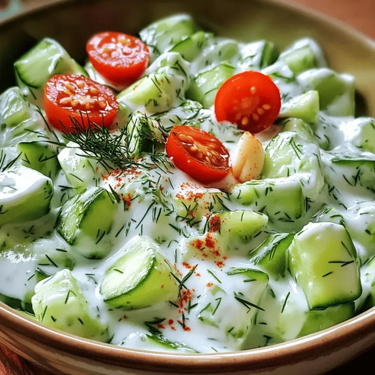 Für meinen Gurken-Joghurt-Salat brauche ich einige frische Zutaten. Hier ist die Liste: - 2 große Gurken, gewürfelt - 1 Tasse griechischer Joghurt - 1 Knoblauchzehe, fein gehackt - 1 Esslöffel frischer Dill, gehackt (oder 1 Teelöffel getrockneter Dill) - 1 Esslöffel Zitronensaft - 1 Esslöffel extra natives Olivenöl - Salz und Pfeffer nach Geschmack - Eine Handvoll Cherry-Tomaten, halbiert (zum Garnieren) - Eine Prise geräucherter Paprika (zum Garnieren) Ich bevorzuge frische Zutaten, da sie mehr Geschmack bieten. Wenn ich keine frischen Kräuter habe, verwende ich getrocknete. Diese sind eine gute Alternative, jedoch nicht ganz so aromatisch. Die Menge der Zutaten lässt sich leicht anpassen. Wenn ich mehr Gäste habe, verdopple ich einfach die Menge. Der Salat bleibt frisch und lecker. Mit dem griechischen Joghurt habe ich eine cremige Basis. Er ist dicker und hat mehr Geschmack als normaler Joghurt. Das gibt dem Salat eine tolle Textur. Für den besten Geschmack achte ich auf die Qualität der Zutaten. Frische Gurken sind knackig und kühl, perfekt für heiße Tage. Ich mag es, den Salat mit Cherry-Tomaten zu garnieren. Sie bringen Farbe und einen süßen Geschmack. Wenn ich Lust auf etwas Neues habe, experimentiere ich gerne mit verschiedenen Gewürzen. Manchmal füge ich einen Spritzer Limettensaft hinzu oder ersetze den Dill durch Minze. So bleibt das Rezept spannend und neu. Für die vollständige Anleitung und weitere Tipps sieh dir das [Full Recipe] an. Zuerst wasche ich die Gurken gründlich. Ich mache das, um Schmutz und Pestizide zu entfernen. Dann schneide ich sie nach Belieben. Man kann sie in Scheiben oder Würfel schneiden. Ich bevorzuge kleine Würfel, weil sie leichter zu essen sind. Jetzt kommt der Spaß! In einer großen Schüssel kombiniere ich den griechischen Joghurt, die gehackte Knoblauchzehe und den frischen Dill. Ich füge auch Zitronensaft und Olivenöl hinzu. Dann rühre ich alles gut um, bis die Mischung glatt ist. Es ist wichtig, gut zu vermengen, damit die Aromen gleichmäßig verteilt sind. Ich schmecke die Mischung ab. Wenn nötig, gebe ich mehr Salz und Pfeffer hinzu. Jetzt füge ich die gewürfelten Gurken zur Joghurtmischung hinzu. Ich hebe sie vorsichtig unter, um sicherzustellen, dass alle Gurken gut mit der Sauce bedeckt sind. Dann übertrage ich den Salat in eine schöne Schüssel. Ich kühle ihn für mindestens 15 Minuten im Kühlschrank. Das hilft, die Aromen zu intensivieren. Für das perfekte Finish garniere ich den Salat mit halbierten Cherry-Tomaten und einer Prise geräucherter Paprika. So sieht der Salat nicht nur toll aus, sondern schmeckt auch frisch und lecker. Um die perfekte Konsistenz zu erreichen, ist das Verhältnis von Joghurt und Gurken entscheidend. Zu viel Joghurt macht den Salat schwer, während zu viele Gurken ihn wässrig machen. Ich empfehle, zwei große Gurken mit einer Tasse griechischem Joghurt zu kombinieren. Das gibt eine schöne Balance. Zusätzliche Gewürze können den Geschmack verbessern. Eine Knoblauchzehe bringt Tiefe. Dill ist frisch und hebt den Salat an. Auch ein Spritzer Zitronensaft sorgt für einen frischen Kick. Marinieren ist eine einfache Technik, um intensivere Aromen zu erhalten. Lassen Sie den Salat mindestens 15 Minuten im Kühlschrank ziehen. So verbinden sich die Aromen gut. Frische Kräuter bringen Leben in den Salat. Verwenden Sie frischen Dill oder Petersilie. Sie sorgen für einen herrlichen Duft und Geschmack. Anrichten in attraktiven Schüsseln macht viel aus. Eine schöne Schüssel hebt das Gericht hervor. Ich benutze oft weiße Keramik, um die Farben zu betonen. Garnierungen können für mehr visuelle Attraktivität sorgen. Fügen Sie halbierte Cherry-Tomaten oben drauf. Eine Prise geräucherter Paprika gibt dem Salat Farbe und einen leichten Rauchgeschmack. Schauen Sie sich auch die [Full Recipe] an, um noch mehr Ideen zu bekommen. {{image_4}} Für mehr Geschmack können Sie Queso Fresco oder Feta hinzufügen. Diese Käsesorten geben dem Salat eine cremige Note. Sie sind auch eine gute Proteinquelle. Möchten Sie mehr Nährstoffe? Fügen Sie Oliven oder Avocado hinzu. Beide bringen gesunde Fette in den Salat. Oliven fügen einen salzigen Kick hinzu, während Avocado für eine reichhaltige Konsistenz sorgt. Experimentieren Sie mit verschiedenen Joghurt-Dressings. Ein grünes Joghurt-Dressing mit frischen Kräutern gibt dem Salat eine neue Dimension. Für eine pikante Version können Sie Chili oder Paprika verwenden. Diese Gewürze bringen Wärme und Farbe in den Salat. Dies ist perfekt für Menschen, die es schärfer mögen. Im Sommer probieren Sie eine fruchtige Note. Fügen Sie Beeren wie Himbeeren oder Erdbeeren hinzu. Diese bringen Süße und Frische. Im Winter können Sie geröstetes Gemüse verwenden. Kürbis oder Zucchini geben dem Salat eine herzliche Note. Diese Variationen machen den Gurken-Joghurt-Salat das ganze Jahr über interessant. Für das komplette Rezept schauen Sie sich den [Full Recipe] an. Um den Gurken-Joghurt-Salat frisch zu halten, ist die Kühlschranklagerung ideal. Legen Sie den Salat in einen luftdichten Behälter. So bleiben die Aromen und die Textur erhalten. Der Salat hält sich etwa drei Tage im Kühlschrank. Nach dieser Zeit kann der Geschmack nachlassen und die Gurken können wässrig werden. Es ist wichtig, den Salat innerhalb von drei Tagen zu essen, um die beste Frische zu genießen. Wenn Sie den Salat im Voraus zubereiten wollen, können Sie ihn leicht vorab kühlen. Bereiten Sie den Salat bis zu einen Tag vorher zu. Lagern Sie ihn dann im Kühlschrank. Um einen wässrigen Salat zu vermeiden, sollten Sie die Gurken vor der Zubereitung entfeuchten. Schneiden Sie sie und lassen Sie sie in einem Sieb abtropfen. So verlieren sie überschüssiges Wasser. Mixen Sie die Gurken erst kurz vor dem Servieren mit dem Joghurt. Dadurch bleibt die Konsistenz perfekt und der Salat lecker. Der Gurkensalat hält sich gut bis zu drei Tage im Kühlschrank. Um die Frische zu bewahren, decken Sie ihn gut ab. Lagern Sie ihn in einem luftdichten Behälter. So bleibt er knackig und lecker. Wenn Sie sehen, dass die Gurken weich werden oder Flüssigkeit absondern, ist es Zeit, ihn zu essen oder wegzuwerfen. Ein Frischetipp: Fügen Sie ein wenig extra Joghurt hinzu, um die Konsistenz zu verbessern, falls der Salat etwas wässrig wird. Ja, Sie können den Joghurt ersetzen. Eine gute vegane Option ist Kokosjoghurt oder Sojajoghurt. Diese Alternativen geben dem Salat dennoch einen cremigen Geschmack. Beachten Sie, dass der Geschmack leicht anders sein kann. Kokosjoghurt bringt eine süßliche Note mit. Sojajoghurt hat einen neutralen Geschmack. Experimentieren Sie mit verschiedenen Sorten, um Ihre Lieblingsversion zu finden. Ja, dieser Salat ist sehr gesund. Gurken sind kalorienarm und hydrierend. Sie enthalten viele Vitamine und Mineralstoffe. Joghurt liefert Protein und probiotische Kulturen, die gut für die Verdauung sind. Dill hat antioxidative Eigenschaften, die Entzündungen reduzieren können. Zitronensaft gibt Ihnen zusätzlich Vitamin C. Zusammen ergeben diese Zutaten eine nahrhafte und frische Mahlzeit. Wenn Sie mehr Nährstoffe wünschen, fügen Sie etwas Quinoa oder Kichererbsen hinzu. So wird der Salat noch reichhaltiger. Der Gurkensalat ist einfach zuzubereiten und voller frischer Aromen. Wir haben die Zutaten aufgelistet, die Vorbereitung erklärt und viele Tipps gegeben. Du lernst, wie du verschiedene Variationen ganz leicht erstellen kannst. Diese Variationen bringen neue Geschmäcker und Farben auf den Tisch. Die richtige Lagerung sorgt dafür, dass der Salat frisch bleibt. Denke immer an die tollen Vorteile der Zutaten. Jetzt bist du bereit, dein eigenes Rezept zu kreieren. Viel Spaß beim Zubereiten und Genießen!