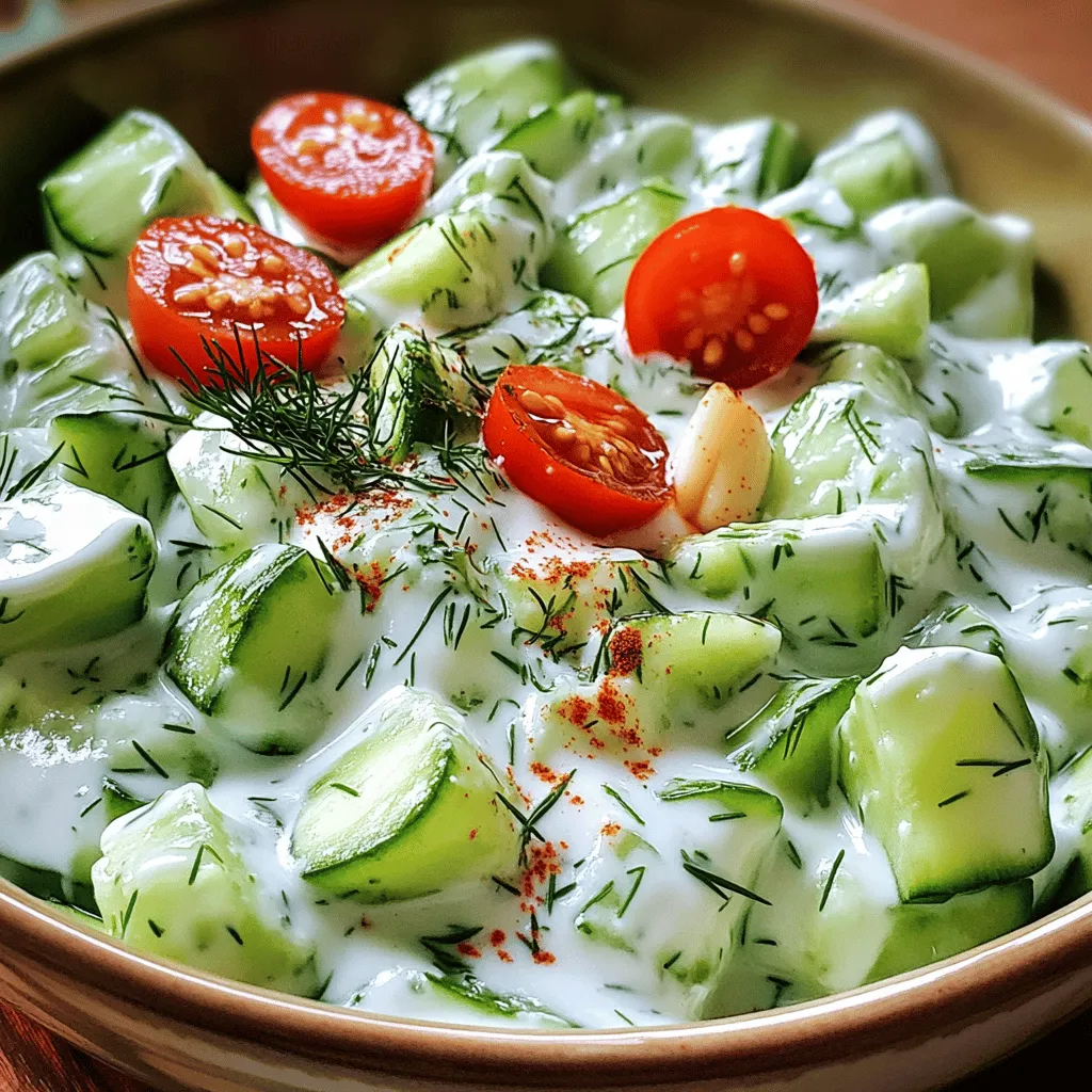 Für meinen Gurken-Joghurt-Salat brauche ich einige frische Zutaten. Hier ist die Liste: - 2 große Gurken, gewürfelt - 1 Tasse griechischer Joghurt - 1 Knoblauchzehe, fein gehackt - 1 Esslöffel frischer Dill, gehackt (oder 1 Teelöffel getrockneter Dill) - 1 Esslöffel Zitronensaft - 1 Esslöffel extra natives Olivenöl - Salz und Pfeffer nach Geschmack - Eine Handvoll Cherry-Tomaten, halbiert (zum Garnieren) - Eine Prise geräucherter Paprika (zum Garnieren) Ich bevorzuge frische Zutaten, da sie mehr Geschmack bieten. Wenn ich keine frischen Kräuter habe, verwende ich getrocknete. Diese sind eine gute Alternative, jedoch nicht ganz so aromatisch. Die Menge der Zutaten lässt sich leicht anpassen. Wenn ich mehr Gäste habe, verdopple ich einfach die Menge. Der Salat bleibt frisch und lecker. Mit dem griechischen Joghurt habe ich eine cremige Basis. Er ist dicker und hat mehr Geschmack als normaler Joghurt. Das gibt dem Salat eine tolle Textur. Für den besten Geschmack achte ich auf die Qualität der Zutaten. Frische Gurken sind knackig und kühl, perfekt für heiße Tage. Ich mag es, den Salat mit Cherry-Tomaten zu garnieren. Sie bringen Farbe und einen süßen Geschmack. Wenn ich Lust auf etwas Neues habe, experimentiere ich gerne mit verschiedenen Gewürzen. Manchmal füge ich einen Spritzer Limettensaft hinzu oder ersetze den Dill durch Minze. So bleibt das Rezept spannend und neu. Für die vollständige Anleitung und weitere Tipps sieh dir das [Full Recipe] an. Zuerst wasche ich die Gurken gründlich. Ich mache das, um Schmutz und Pestizide zu entfernen. Dann schneide ich sie nach Belieben. Man kann sie in Scheiben oder Würfel schneiden. Ich bevorzuge kleine Würfel, weil sie leichter zu essen sind. Jetzt kommt der Spaß! In einer großen Schüssel kombiniere ich den griechischen Joghurt, die gehackte Knoblauchzehe und den frischen Dill. Ich füge auch Zitronensaft und Olivenöl hinzu. Dann rühre ich alles gut um, bis die Mischung glatt ist. Es ist wichtig, gut zu vermengen, damit die Aromen gleichmäßig verteilt sind. Ich schmecke die Mischung ab. Wenn nötig, gebe ich mehr Salz und Pfeffer hinzu. Jetzt füge ich die gewürfelten Gurken zur Joghurtmischung hinzu. Ich hebe sie vorsichtig unter, um sicherzustellen, dass alle Gurken gut mit der Sauce bedeckt sind. Dann übertrage ich den Salat in eine schöne Schüssel. Ich kühle ihn für mindestens 15 Minuten im Kühlschrank. Das hilft, die Aromen zu intensivieren. Für das perfekte Finish garniere ich den Salat mit halbierten Cherry-Tomaten und einer Prise geräucherter Paprika. So sieht der Salat nicht nur toll aus, sondern schmeckt auch frisch und lecker. Um die perfekte Konsistenz zu erreichen, ist das Verhältnis von Joghurt und Gurken entscheidend. Zu viel Joghurt macht den Salat schwer, während zu viele Gurken ihn wässrig machen. Ich empfehle, zwei große Gurken mit einer Tasse griechischem Joghurt zu kombinieren. Das gibt eine schöne Balance. Zusätzliche Gewürze können den Geschmack verbessern. Eine Knoblauchzehe bringt Tiefe. Dill ist frisch und hebt den Salat an. Auch ein Spritzer Zitronensaft sorgt für einen frischen Kick. Marinieren ist eine einfache Technik, um intensivere Aromen zu erhalten. Lassen Sie den Salat mindestens 15 Minuten im Kühlschrank ziehen. So verbinden sich die Aromen gut. Frische Kräuter bringen Leben in den Salat. Verwenden Sie frischen Dill oder Petersilie. Sie sorgen für einen herrlichen Duft und Geschmack. Anrichten in attraktiven Schüsseln macht viel aus. Eine schöne Schüssel hebt das Gericht hervor. Ich benutze oft weiße Keramik, um die Farben zu betonen. Garnierungen können für mehr visuelle Attraktivität sorgen. Fügen Sie halbierte Cherry-Tomaten oben drauf. Eine Prise geräucherter Paprika gibt dem Salat Farbe und einen leichten Rauchgeschmack. Schauen Sie sich auch die [Full Recipe] an, um noch mehr Ideen zu bekommen. {{image_4}} Für mehr Geschmack können Sie Queso Fresco oder Feta hinzufügen. Diese Käsesorten geben dem Salat eine cremige Note. Sie sind auch eine gute Proteinquelle. Möchten Sie mehr Nährstoffe? Fügen Sie Oliven oder Avocado hinzu. Beide bringen gesunde Fette in den Salat. Oliven fügen einen salzigen Kick hinzu, während Avocado für eine reichhaltige Konsistenz sorgt. Experimentieren Sie mit verschiedenen Joghurt-Dressings. Ein grünes Joghurt-Dressing mit frischen Kräutern gibt dem Salat eine neue Dimension. Für eine pikante Version können Sie Chili oder Paprika verwenden. Diese Gewürze bringen Wärme und Farbe in den Salat. Dies ist perfekt für Menschen, die es schärfer mögen. Im Sommer probieren Sie eine fruchtige Note. Fügen Sie Beeren wie Himbeeren oder Erdbeeren hinzu. Diese bringen Süße und Frische. Im Winter können Sie geröstetes Gemüse verwenden. Kürbis oder Zucchini geben dem Salat eine herzliche Note. Diese Variationen machen den Gurken-Joghurt-Salat das ganze Jahr über interessant. Für das komplette Rezept schauen Sie sich den [Full Recipe] an. Um den Gurken-Joghurt-Salat frisch zu halten, ist die Kühlschranklagerung ideal. Legen Sie den Salat in einen luftdichten Behälter. So bleiben die Aromen und die Textur erhalten. Der Salat hält sich etwa drei Tage im Kühlschrank. Nach dieser Zeit kann der Geschmack nachlassen und die Gurken können wässrig werden. Es ist wichtig, den Salat innerhalb von drei Tagen zu essen, um die beste Frische zu genießen. Wenn Sie den Salat im Voraus zubereiten wollen, können Sie ihn leicht vorab kühlen. Bereiten Sie den Salat bis zu einen Tag vorher zu. Lagern Sie ihn dann im Kühlschrank. Um einen wässrigen Salat zu vermeiden, sollten Sie die Gurken vor der Zubereitung entfeuchten. Schneiden Sie sie und lassen Sie sie in einem Sieb abtropfen. So verlieren sie überschüssiges Wasser. Mixen Sie die Gurken erst kurz vor dem Servieren mit dem Joghurt. Dadurch bleibt die Konsistenz perfekt und der Salat lecker. Der Gurkensalat hält sich gut bis zu drei Tage im Kühlschrank. Um die Frische zu bewahren, decken Sie ihn gut ab. Lagern Sie ihn in einem luftdichten Behälter. So bleibt er knackig und lecker. Wenn Sie sehen, dass die Gurken weich werden oder Flüssigkeit absondern, ist es Zeit, ihn zu essen oder wegzuwerfen. Ein Frischetipp: Fügen Sie ein wenig extra Joghurt hinzu, um die Konsistenz zu verbessern, falls der Salat etwas wässrig wird. Ja, Sie können den Joghurt ersetzen. Eine gute vegane Option ist Kokosjoghurt oder Sojajoghurt. Diese Alternativen geben dem Salat dennoch einen cremigen Geschmack. Beachten Sie, dass der Geschmack leicht anders sein kann. Kokosjoghurt bringt eine süßliche Note mit. Sojajoghurt hat einen neutralen Geschmack. Experimentieren Sie mit verschiedenen Sorten, um Ihre Lieblingsversion zu finden. Ja, dieser Salat ist sehr gesund. Gurken sind kalorienarm und hydrierend. Sie enthalten viele Vitamine und Mineralstoffe. Joghurt liefert Protein und probiotische Kulturen, die gut für die Verdauung sind. Dill hat antioxidative Eigenschaften, die Entzündungen reduzieren können. Zitronensaft gibt Ihnen zusätzlich Vitamin C. Zusammen ergeben diese Zutaten eine nahrhafte und frische Mahlzeit. Wenn Sie mehr Nährstoffe wünschen, fügen Sie etwas Quinoa oder Kichererbsen hinzu. So wird der Salat noch reichhaltiger. Der Gurkensalat ist einfach zuzubereiten und voller frischer Aromen. Wir haben die Zutaten aufgelistet, die Vorbereitung erklärt und viele Tipps gegeben. Du lernst, wie du verschiedene Variationen ganz leicht erstellen kannst. Diese Variationen bringen neue Geschmäcker und Farben auf den Tisch. Die richtige Lagerung sorgt dafür, dass der Salat frisch bleibt. Denke immer an die tollen Vorteile der Zutaten. Jetzt bist du bereit, dein eigenes Rezept zu kreieren. Viel Spaß beim Zubereiten und Genießen!