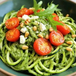 Für die Pesto Zoodle Bowl brauchen Sie einige einfache Zutaten. Hier ist die Liste: - 2 mittelgroße Zucchini (Zoodles) - 1 Tasse frische Basilikumblätter - 1/3 Tasse Pinienkerne (leicht geröstet) - 2 Knoblauchzehen - 1/2 Tasse geriebener Parmesan (oder Nährhefe für eine vegane Option) - 1/2 Tasse natives Olivenöl extra - Salz und Pfeffer nach Geschmack - 1 Tasse Kirschtomaten, halbiert - 1/2 Tasse Feta, zerbröselt (optional) - Frische Rucola zur Garnitur Frische Zutaten machen den Pesto lebendig. Verwenden Sie reife, grüne Basilikumblätter. Sie geben dem Pesto viel Geschmack. Achten Sie darauf, dass die Zucchini fest und glänzend sind. So erhalten Sie tolle Zoodles. Wenn die Zucchini weich sind, sind sie nicht frisch. Wenn Sie keine Pinienkerne haben, verwenden Sie Walnüsse oder Mandeln. Diese Nüsse geben dem Pesto auch einen guten Geschmack. Möchten Sie das Pesto vegan machen? Dann ersetzen Sie den Parmesan durch Nährhefe. Sie gibt einen ähnlichen, käsigen Geschmack. Für mehr Farbe können Sie auch Paprika oder Spinat zu den Zoodles hinzufügen. So wird Ihre Bowl noch bunter und gesünder. Um Zoodles zu machen, nehme ich zwei Zucchini. Ich benutze einen Spiralizer, um sie in lange Streifen zu schneiden. Wenn du keinen Spiralizer hast, kannst du auch einen Gemüseschäler verwenden. Die Zoodles sind fertig, wenn sie wie Nudeln aussehen. Ich lege sie auf ein Papiertuch. So entferne ich die überschüssige Feuchtigkeit. Das hilft, die Zoodles knackig zu halten. Jetzt kommt der spaßige Teil: das Pesto! Ich gebe frische Basilikumblätter in die Küchenmaschine. Dann füge ich geröstete Pinienkerne und zwei Knoblauchzehen hinzu. Auch der geriebene Parmesan darf nicht fehlen. Ich pulsieren die Mischung, bis sie grob gehackt ist. Dann lasse ich die Maschine laufen und gieße langsam das Olivenöl dazu. Es sollte eine glatte Paste ergeben. Ich schmecke mit Salz und Pfeffer ab. So ist es perfekt! Die Zoodles sind jetzt bereit! Ich gebe sie in eine große Schüssel. Dann füge ich das Pesto hinzu und vermenge beides vorsichtig. Ich möchte, dass die Zoodles gut mit dem Pesto bedeckt sind. Als nächstes kommen die Kirschtomaten dazu. Ich halbiere sie und hebe sie sanft unter die Mischung. Diese Farben machen das Gericht lebendig! Zum Schluss serviere ich die Zoodle-Mischung in Schalen. Optional streue ich zerbröselten Feta und frischen Rucola darüber. Das macht es noch leckerer! Für die vollständige Anleitung schaue dir das [Full Recipe] an. Zoodles sind einfach und schnell zu machen. Verwenden Sie einen Spiralizer oder einen Gemüseschäler. Schneiden Sie die Zucchini in lange Streifen. Achten Sie darauf, die Zoodles leicht zu salzen und auf ein Papiertuch zu legen. So entfernen Sie überschüssige Feuchtigkeit. Das hilft, die Zoodles knackig zu halten. Zu feuchte Zoodles können matschig werden. Ein gutes Pesto braucht frische Zutaten. Verwenden Sie frische Basilikumblätter und hochwertige Pinienkerne. Wenn Sie die Pinienkerne rösten, achten Sie darauf, sie nicht zu verbrennen. Das kann bitter schmecken. Mixen Sie die Zutaten nicht zu lange. Ein grobkörniges Pesto hat mehr Textur und Geschmack. Vergessen Sie nicht, das Pesto mit Salz und Pfeffer abzuschmecken. Eine schöne Präsentation macht das Essen noch besser. Formen Sie die Zoodles zu kleinen Nestern in der Schüssel. Streuen Sie zusätzliche Pinienkerne darüber für einen schönen Effekt. Ein kleiner Spritzer Olivenöl vor dem Servieren sieht auch toll aus. Weitere Farben bringen Kirschtomaten und frischer Rucola. Diese Tipps machen Ihre Pesto Zoodle Bowl ganz besonders. Für das vollständige Rezept schauen Sie sich bitte das [Full Recipe] an. {{image_4}} Die Pesto Zoodle Bowl ist sehr anpassbar. Für eine vegetarische Variante können Sie Parmesan verwenden. Wenn Sie vegan leben, ersetzen Sie den Parmesan durch Nährhefe. Nährhefe hat einen ähnlichen Geschmack. Sie können auch veganen Käse hinzufügen, um das Gericht cremiger zu machen. Um die Bowl proteinreicher zu machen, fügen Sie gekochte Kichererbsen oder Linsen hinzu. Diese Hülsenfrüchte sind nahrhaft und sättigend. Auch gegrilltes Hähnchen oder Garnelen passen gut dazu. Sie bringen eine schöne Textur und einen tollen Geschmack mit. Nutzen Sie saisonales Gemüse, um Abwechslung zu schaffen. Fügen Sie zum Beispiel Spinat, Paprika oder Brokkoli hinzu. Diese Gemüse sind gesund und bunt. Sie können auch frische Kräuter wie Petersilie oder Schnittlauch verwenden. Sie bringen zusätzlichen Geschmack und Farbe in die Bowl. Um mehr über die Zubereitung zu erfahren, schauen Sie sich unser [Full Recipe](#) an. Die Pesto Zoodle Bowl lässt sich leicht lagern. Bewahre sie in einem luftdichten Behälter auf. Stelle sicher, dass die Schüssel gut verschlossen ist, um die Frische zu erhalten. Bei richtiger Lagerung bleibt sie bis zu drei Tage im Kühlschrank lecker. Zoodles halten sich besser, wenn du sie trocken lagerst. Lege die Zoodles in ein Papiertuch, um Feuchtigkeit zu absorbieren. Pesto sollte ebenfalls in einem luftdichten Behälter im Kühlschrank aufbewahrt werden. Es hält sich bis zu einer Woche. Du kannst auch etwas Olivenöl obenauf geben. Das schützt das Pesto vor dem Oxidieren. Wenn du Reste hast, sei kreativ! Du kannst die Zoodles in Omeletts oder Pfannengerichte einfügen. Das Pesto passt gut zu Sandwiches oder als Dip. Mische alles mit frischem Gemüse oder proteinhaltigen Lebensmitteln. Das erhöht den Nährwert und gibt neuen Geschmack. Wenn du keinen Spiralizer hast, mache Zoodles mit einem Gemüseschäler. Nimm die Zucchini und schäle sie in lange Streifen. Du kannst auch ein scharfes Messer verwenden, um die Zucchini in dünne Streifen zu schneiden. Diese Methode funktioniert gut, aber die Zoodles sind nicht so gleichmäßig. Achte darauf, die Zucchini nach dem Schneiden etwas zu salzen, damit sie Wasser verlieren. Ja, du kannst das Pesto im Voraus zubereiten. Es hält sich gut im Kühlschrank für bis zu einer Woche. Fülle das Pesto in ein luftdichtes Gefäß und decke die Oberfläche mit etwas Olivenöl ab. Das verhindert, dass das Pesto dunkel wird. Du kannst es auch einfrieren. Teile das Pesto in kleine Portionen und friere es in Eiswürfelschalen ein. So hast du immer frisches Pesto griffbereit. Ja, die Pesto Zoodle Bowl ist keto-freundlich. Zoodles bestehen hauptsächlich aus Zucchini, die wenig Kohlenhydrate haben. Das Pesto enthält gesunde Fette aus Olivenöl und Pinienkernen. Wenn du den Parmesan weglässt oder gegen Nährhefe austauschst, bleibt das Gericht ebenfalls keto-konform. Du kannst die Bowl mit mehr gesunden Fetten ergänzen, wie Avocado oder gerösteten Nüssen. Die Herstellung von Pesto Zoodles ist einfach und macht Spaß. Wir haben frische Zutaten erkundet und Alternativen vorgestellt. Ich habe Schritt für Schritt erklärt, wie man Zoodles und Pesto kombiniert. Zudem gibt es praktische Tipps, um Fehler zu vermeiden und das Gericht schön zu präsentieren. Verschiedene Varianten und Lagerhinweise runden das Thema ab. Denke daran, mit frischen und saisonalen Zutaten zu arbeiten. So machst du dein Gericht noch schmackhafter und gesünder. Lass deine Kreativität fließen und probiere neue Kombinationen aus!