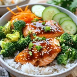 Für Teriyaki-Lachs-Bowls benötigst du einige Hauptzutaten. Diese sind wichtig für den Geschmack und die Textur. Hier sind die Zutaten: - 2 Lachsfilets - 240 g Jasminreis, gekocht - 240 g gedämpfter Brokkoli - 1 Karotte, gerieben - ½ Gurke, dünn geschnitten - 2 Frühlingszwiebeln, gehackt - Sesamsamen zum Garnieren Diese Zutaten bringen frische Aromen und gesunde Nährstoffe in deine Schalen. Die Gewürze und Saucen sind entscheidend für dein Gericht. Sie bringen den Teriyaki-Geschmack hervor. Du benötigst: - 60 ml Sojasauce - 2 Esslöffel Honig - 1 Esslöffel Reisessig - 1 Teelöffel Sesamöl - 1 Esslöffel Maisstärke, vermischt mit 1 Esslöffel Wasser Diese Mischung ergibt eine leckere Teriyaki-Sauce, die den Lachs perfekt glasiert. Frische Zutaten machen einen großen Unterschied. Hier sind einige Tipps: - Wähle frische Lachsfilets aus dem Fischmarkt. Achte auf einen klaren Geruch. - Der Brokkoli sollte leuchtend grün und knackig sein. - Die Karotte kann frisch oder leicht gedämpft verwendet werden. - Wähle eine knackige Gurke, die gut in die Bowls passt. Frische Zutaten sorgen für einen besseren Geschmack und eine schöne Präsentation. Wenn du die besten Zutaten verwendest, wird dein Gericht noch besser! Für das vollständige Rezept schau dir die [Full Recipe] an. Um die Teriyaki-Sauce zu machen, nimm eine kleine Schüssel. Füge die Sojasauce, den Honig, den Reisessig und das Sesamöl hinzu. Mische alles gut. Dann nimm die Maisstärke und das Wasser. Vermische sie in einer anderen Schüssel. Gib diese Mischung in die erste Schüssel. Rühre alles, bis die Sauce glatt ist. Diese Sauce gibt dem Lachs tollen Geschmack. Erhitze eine Pfanne bei mittlerer Hitze. Lege die Lachsfilets mit der Hautseite nach unten in die Pfanne. Brate sie 3-4 Minuten lang. Achte darauf, dass die Haut knusprig wird. Wende die Filets vorsichtig um. Gieße die Teriyaki-Sauce gleichmäßig über die Filets. Brate sie weitere 3-4 Minuten. Während dieser Zeit, beträufle die Filets mit der Sauce. Der Lachs ist perfekt, wenn er leicht in Flocken zerfällt. Während der Lachs kocht, bereite den Jasminreis vor. Koche den Reis nach Packungsanleitung. Dämpfe den Brokkoli, bis er leuchtend grün und zart ist. Das dauert nur ein paar Minuten. Reibe eine Karotte und schneide eine Gurke in dünne Scheiben. Diese frischen Zutaten bringen Farbe und Crunch in deine Bowls. Wenn alles fertig ist, kannst du die Bowls zusammenstellen. Für die vollständige Anleitung und weitere Details schaue dir das Rezept an: [Full Recipe]. Um die Haut deines Lachses knusprig zu machen, achte auf die Hitze. Eine heiße Pfanne ist der Schlüssel. Lege den Lachs mit der Hautseite nach unten in die Pfanne. Drücke mit einem Spatel leicht darauf, um die Haut gleichmäßig zu braten. Lass den Lachs für 3-4 Minuten braten, ohne ihn zu bewegen. So bleibt die Haut knusprig und lecker. Teriyaki-Sauce ist vielseitig. Du kannst sie anpassen, um neue Geschmäcker zu entdecken. Füge Ingwer oder Knoblauch hinzu, um die Sauce zu verfeinern. Für einen schärferen Kick probiere Chiliflocken oder Sriracha. Wenn du eine süßere Note magst, erhöhe die Menge an Honig. Experimentiere mit verschiedenen Sojasaucen, um die perfekte Mischung zu finden. Das Anrichten ist wichtig für die Optik deiner Teriyaki-Bowls. Beginne mit einer schönen Schicht Jasminreis auf dem Boden. Füge dann das Gemüse in bunten Farben hinzu. Lege das Lachsfilet obenauf. Verwende frische Frühlingszwiebeln und Sesamsamen als Garnierung. Ein ansprechendes Gericht sieht nicht nur gut aus, es schmeckt auch besser! {{image_4}} Du kannst Teriyaki-Bowls leicht vegetarisch machen. Statt Lachs kannst du Tofu verwenden. Tofu absorbiert die Aromen der Teriyaki-Sauce gut. Schneide den Tofu in Würfel und brate ihn knusprig. Du kannst auch Tempeh ausprobieren. Tempeh hat einen nussigen Geschmack und passt toll zur Sauce. Die Zubereitung bleibt die gleiche. Es gibt viele andere Proteinquellen für deine Bowls. Hähnchenbrust ist eine beliebte Wahl. Koche das Hähnchen in der Teriyaki-Sauce für einen tollen Geschmack. Garnelen sind ebenfalls eine leckere Option. Sie garen schnell und passen gut zu Reis und Gemüse. Für eine proteinreiche Option kannst du auch Quinoa verwenden. Quinoa ist nahrhaft und hat einen guten Biss. Gemüse macht die Bowls bunt und gesund. Du kannst Paprika in Streifen schneiden und anbraten. Diese geben einen süßen Geschmack dazu. Edamame sind eine tolle Ergänzung und sorgen für einen nahrhaften Kick. Avocado bringt Cremigkeit und einen feinen Geschmack. Auch Spinat oder Mangold passen gut. Sie fügen Farbe und Vitamine hinzu. Fühle dich frei, mit den Toppings zu experimentieren! Wenn du Teriyaki-Lachs-Bowls übrig hast, lagere sie in einem luftdichten Behälter. So bleiben die Aromen frisch. Du kannst die Bowls bis zu drei Tage im Kühlschrank aufbewahren. Achte darauf, den Lachs und das Gemüse nicht zu lange zusammen zu lagern, da sie unterschiedliche Frischegrade haben. Um die Bowls aufzuwärmen, benutze die Mikrowelle oder eine Pfanne. Wenn du die Mikrowelle wählst, decke die Schüssel ab, damit der Dampf nicht entweicht. Erwärme die Bowls in kurzen Intervallen, etwa 30 Sekunden. Rühre sie zwischendurch um, damit alles gleichmäßig warm wird. In einer Pfanne kannst du etwas Wasser hinzufügen, um das Gemüse wieder zart zu machen. Die Haltbarkeit der Zutaten ist wichtig. Frischer Lachs bleibt im Kühlschrank drei Tage frisch. Jasminreis kann bis zu fünf Tage halten, wenn er gut gelagert wird. Gemüse wie Brokkoli und Gurken sollten innerhalb von zwei bis drei Tagen verzehrt werden. Überprüfe immer auf Anzeichen von Verderb, bevor du die Zutaten verwendest. Um Teriyaki-Sauce selbst zu machen, mische einfach Sojasauce, Honig, Reisessig und Sesamöl. Diese Mischung gibt der Sauce einen tollen Geschmack. Du kannst etwas Maisstärke mit Wasser hinzufügen, um die Sauce dickflüssiger zu machen. Das gibt der Sauce eine schöne Konsistenz. Koche alles in einer kleinen Pfanne für etwa fünf Minuten. So hast du eine frische und leckere Sauce für deine Bowls. Zu Teriyaki-Lachs-Bowls passen viele Beilagen. Du kannst gedämpften Brokkoli, geriebene Karotten und Gurken verwenden. Diese Zutaten bringen frische und Farbe in die Bowl. Reis ist eine tolle Basis. Du kannst Jasminreis oder Sushi-Reis nehmen. Füge noch etwas Avocado oder Radieschen hinzu für mehr Geschmack. Das macht die Mahlzeit bunt und lecker. Ja, du kannst die Bowls im Voraus zubereiten. Koche den Lachs und das Gemüse. Bereite den Reis vor und lagere alles in getrennten Behältern. So bleiben die Zutaten frisch. Du kannst die Bowls am nächsten Tag einfach zusammenstellen. Es ist eine schnelle und gesunde Option für dein Mittagessen. Denk daran, die Sauce erst kurz vor dem Servieren hinzuzufügen. So bleibt alles knackig und lecker. Zusammenfassend haben wir alles Wichtige für Teriyaki-Lachs-Bowls behandelt. Die Zutaten lassen sich leicht finden, und die Zubereitung ist einfach. Außerdem gibt es viele Variationen, sogar für Vegetarier. Achten Sie auf die Lagerung, damit alles frisch bleibt. Teriyaki-Bowls sind nicht nur lecker, sie sind auch vielseitig. Experimentieren Sie mit verschiedenen Zutaten und Saucen. Kochen macht Spaß, also probieren Sie es aus!