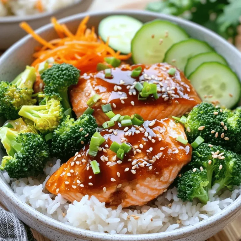 Für Teriyaki-Lachs-Bowls benötigst du einige Hauptzutaten. Diese sind wichtig für den Geschmack und die Textur. Hier sind die Zutaten: - 2 Lachsfilets - 240 g Jasminreis, gekocht - 240 g gedämpfter Brokkoli - 1 Karotte, gerieben - ½ Gurke, dünn geschnitten - 2 Frühlingszwiebeln, gehackt - Sesamsamen zum Garnieren Diese Zutaten bringen frische Aromen und gesunde Nährstoffe in deine Schalen. Die Gewürze und Saucen sind entscheidend für dein Gericht. Sie bringen den Teriyaki-Geschmack hervor. Du benötigst: - 60 ml Sojasauce - 2 Esslöffel Honig - 1 Esslöffel Reisessig - 1 Teelöffel Sesamöl - 1 Esslöffel Maisstärke, vermischt mit 1 Esslöffel Wasser Diese Mischung ergibt eine leckere Teriyaki-Sauce, die den Lachs perfekt glasiert. Frische Zutaten machen einen großen Unterschied. Hier sind einige Tipps: - Wähle frische Lachsfilets aus dem Fischmarkt. Achte auf einen klaren Geruch. - Der Brokkoli sollte leuchtend grün und knackig sein. - Die Karotte kann frisch oder leicht gedämpft verwendet werden. - Wähle eine knackige Gurke, die gut in die Bowls passt. Frische Zutaten sorgen für einen besseren Geschmack und eine schöne Präsentation. Wenn du die besten Zutaten verwendest, wird dein Gericht noch besser! Für das vollständige Rezept schau dir die [Full Recipe] an. Um die Teriyaki-Sauce zu machen, nimm eine kleine Schüssel. Füge die Sojasauce, den Honig, den Reisessig und das Sesamöl hinzu. Mische alles gut. Dann nimm die Maisstärke und das Wasser. Vermische sie in einer anderen Schüssel. Gib diese Mischung in die erste Schüssel. Rühre alles, bis die Sauce glatt ist. Diese Sauce gibt dem Lachs tollen Geschmack. Erhitze eine Pfanne bei mittlerer Hitze. Lege die Lachsfilets mit der Hautseite nach unten in die Pfanne. Brate sie 3-4 Minuten lang. Achte darauf, dass die Haut knusprig wird. Wende die Filets vorsichtig um. Gieße die Teriyaki-Sauce gleichmäßig über die Filets. Brate sie weitere 3-4 Minuten. Während dieser Zeit, beträufle die Filets mit der Sauce. Der Lachs ist perfekt, wenn er leicht in Flocken zerfällt. Während der Lachs kocht, bereite den Jasminreis vor. Koche den Reis nach Packungsanleitung. Dämpfe den Brokkoli, bis er leuchtend grün und zart ist. Das dauert nur ein paar Minuten. Reibe eine Karotte und schneide eine Gurke in dünne Scheiben. Diese frischen Zutaten bringen Farbe und Crunch in deine Bowls. Wenn alles fertig ist, kannst du die Bowls zusammenstellen. Für die vollständige Anleitung und weitere Details schaue dir das Rezept an: [Full Recipe]. Um die Haut deines Lachses knusprig zu machen, achte auf die Hitze. Eine heiße Pfanne ist der Schlüssel. Lege den Lachs mit der Hautseite nach unten in die Pfanne. Drücke mit einem Spatel leicht darauf, um die Haut gleichmäßig zu braten. Lass den Lachs für 3-4 Minuten braten, ohne ihn zu bewegen. So bleibt die Haut knusprig und lecker. Teriyaki-Sauce ist vielseitig. Du kannst sie anpassen, um neue Geschmäcker zu entdecken. Füge Ingwer oder Knoblauch hinzu, um die Sauce zu verfeinern. Für einen schärferen Kick probiere Chiliflocken oder Sriracha. Wenn du eine süßere Note magst, erhöhe die Menge an Honig. Experimentiere mit verschiedenen Sojasaucen, um die perfekte Mischung zu finden. Das Anrichten ist wichtig für die Optik deiner Teriyaki-Bowls. Beginne mit einer schönen Schicht Jasminreis auf dem Boden. Füge dann das Gemüse in bunten Farben hinzu. Lege das Lachsfilet obenauf. Verwende frische Frühlingszwiebeln und Sesamsamen als Garnierung. Ein ansprechendes Gericht sieht nicht nur gut aus, es schmeckt auch besser! {{image_4}} Du kannst Teriyaki-Bowls leicht vegetarisch machen. Statt Lachs kannst du Tofu verwenden. Tofu absorbiert die Aromen der Teriyaki-Sauce gut. Schneide den Tofu in Würfel und brate ihn knusprig. Du kannst auch Tempeh ausprobieren. Tempeh hat einen nussigen Geschmack und passt toll zur Sauce. Die Zubereitung bleibt die gleiche. Es gibt viele andere Proteinquellen für deine Bowls. Hähnchenbrust ist eine beliebte Wahl. Koche das Hähnchen in der Teriyaki-Sauce für einen tollen Geschmack. Garnelen sind ebenfalls eine leckere Option. Sie garen schnell und passen gut zu Reis und Gemüse. Für eine proteinreiche Option kannst du auch Quinoa verwenden. Quinoa ist nahrhaft und hat einen guten Biss. Gemüse macht die Bowls bunt und gesund. Du kannst Paprika in Streifen schneiden und anbraten. Diese geben einen süßen Geschmack dazu. Edamame sind eine tolle Ergänzung und sorgen für einen nahrhaften Kick. Avocado bringt Cremigkeit und einen feinen Geschmack. Auch Spinat oder Mangold passen gut. Sie fügen Farbe und Vitamine hinzu. Fühle dich frei, mit den Toppings zu experimentieren! Wenn du Teriyaki-Lachs-Bowls übrig hast, lagere sie in einem luftdichten Behälter. So bleiben die Aromen frisch. Du kannst die Bowls bis zu drei Tage im Kühlschrank aufbewahren. Achte darauf, den Lachs und das Gemüse nicht zu lange zusammen zu lagern, da sie unterschiedliche Frischegrade haben. Um die Bowls aufzuwärmen, benutze die Mikrowelle oder eine Pfanne. Wenn du die Mikrowelle wählst, decke die Schüssel ab, damit der Dampf nicht entweicht. Erwärme die Bowls in kurzen Intervallen, etwa 30 Sekunden. Rühre sie zwischendurch um, damit alles gleichmäßig warm wird. In einer Pfanne kannst du etwas Wasser hinzufügen, um das Gemüse wieder zart zu machen. Die Haltbarkeit der Zutaten ist wichtig. Frischer Lachs bleibt im Kühlschrank drei Tage frisch. Jasminreis kann bis zu fünf Tage halten, wenn er gut gelagert wird. Gemüse wie Brokkoli und Gurken sollten innerhalb von zwei bis drei Tagen verzehrt werden. Überprüfe immer auf Anzeichen von Verderb, bevor du die Zutaten verwendest. Um Teriyaki-Sauce selbst zu machen, mische einfach Sojasauce, Honig, Reisessig und Sesamöl. Diese Mischung gibt der Sauce einen tollen Geschmack. Du kannst etwas Maisstärke mit Wasser hinzufügen, um die Sauce dickflüssiger zu machen. Das gibt der Sauce eine schöne Konsistenz. Koche alles in einer kleinen Pfanne für etwa fünf Minuten. So hast du eine frische und leckere Sauce für deine Bowls. Zu Teriyaki-Lachs-Bowls passen viele Beilagen. Du kannst gedämpften Brokkoli, geriebene Karotten und Gurken verwenden. Diese Zutaten bringen frische und Farbe in die Bowl. Reis ist eine tolle Basis. Du kannst Jasminreis oder Sushi-Reis nehmen. Füge noch etwas Avocado oder Radieschen hinzu für mehr Geschmack. Das macht die Mahlzeit bunt und lecker. Ja, du kannst die Bowls im Voraus zubereiten. Koche den Lachs und das Gemüse. Bereite den Reis vor und lagere alles in getrennten Behältern. So bleiben die Zutaten frisch. Du kannst die Bowls am nächsten Tag einfach zusammenstellen. Es ist eine schnelle und gesunde Option für dein Mittagessen. Denk daran, die Sauce erst kurz vor dem Servieren hinzuzufügen. So bleibt alles knackig und lecker. Zusammenfassend haben wir alles Wichtige für Teriyaki-Lachs-Bowls behandelt. Die Zutaten lassen sich leicht finden, und die Zubereitung ist einfach. Außerdem gibt es viele Variationen, sogar für Vegetarier. Achten Sie auf die Lagerung, damit alles frisch bleibt. Teriyaki-Bowls sind nicht nur lecker, sie sind auch vielseitig. Experimentieren Sie mit verschiedenen Zutaten und Saucen. Kochen macht Spaß, also probieren Sie es aus!