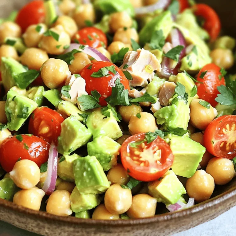 Für diesen Salat benötigen Sie einige einfache, frische Zutaten. Hier ist eine Liste: - 1 Dose Thunfisch in Wasser, abgetropft - 1 reife Avocado, gewürfelt - 1 Tasse Kichererbsen aus der Dose, abgespült und abgetropft - 1/2 kleine rote Zwiebel, fein gehackt - 1/2 Tasse Cherrytomaten, halbiert - 1/4 Tasse frischer Koriander, gehackt Diese Zutaten machen den Salat nährstoffreich und lecker. Die richtigen Gewürze bringen Geschmack. Für das Dressing verwenden wir: - 1 Esslöffel Zitronensaft - 1 Esslöffel Olivenöl - Salz und Pfeffer nach Geschmack Das Dressing ist einfach, doch es hebt die Aromen hervor. Die Qualität der Zutaten ist wichtig. Wählen Sie frische Avocados und reife Tomaten. Achten Sie darauf, dass der Thunfisch in Wasser gut abgetropft ist. Frischer Koriander gibt eine schöne Note. Verwenden Sie hochwertiges Olivenöl für den besten Geschmack. Für mehr Details und eine vollständige Anleitung, schauen Sie sich das [Full Recipe] an. Um diesen Avocado Kichererbsen Thunfischsalat zuzubereiten, folgen Sie diesen einfachen Schritten: 1. Thunfisch vorbereiten: Öffnen Sie die Dose Thunfisch und lassen Sie das Wasser ab. Geben Sie den Thunfisch in eine große Rührschüssel. Zerteilen Sie ihn mit einer Gabel in kleinere Stücke. 2. Kichererbsen hinzufügen: Nehmen Sie die Kichererbsen aus der Dose. Spülen Sie sie gut ab und lassen Sie sie abtropfen. Fügen Sie die Kichererbsen zum Thunfisch in die Schüssel hinzu und vermengen Sie beides vorsichtig. 3. Avocado einmischen: Schneiden Sie die reife Avocado in kleine Würfel. Fügen Sie diese zu den anderen Zutaten hinzu. Heben Sie sie vorsichtig unter, damit die Stücke ganz bleiben. 4. Gemüse ergänzen: Hacken Sie die kleine rote Zwiebel fein. Halbieren Sie die Cherrytomaten. Geben Sie beides in die Schüssel. Rühren Sie alles sanft um. 5. Dressing anrühren: In einer kleinen Schüssel vermischen Sie den Zitronensaft, das Olivenöl, Salz und Pfeffer. Dies wird Ihr Dressing. 6. Salat anmachen: Beträufeln Sie den Salat mit dem Dressing. Heben Sie alles vorsichtig unter, bis alle Zutaten gut bedeckt sind. 7. Abschmecken: Probieren Sie den Salat. Passen Sie die Gewürze nach Ihrem Geschmack an. 8. Servieren: Genießen Sie den Salat kalt oder bei Zimmertemperatur. - Beginnen Sie immer mit dem Thunfisch, da er die Basis bildet. - Fügen Sie die Kichererbsen als Nächstes hinzu. Diese sorgen für Textur. - Die Avocado kommt zuletzt, um sie nicht zu zerdrücken. - Rühren Sie sanft, um die Zutaten nicht zu beschädigen. - Servieren Sie den Salat in schönen Schalen oder Tellern. - Garnieren Sie mit frischen Korianderblättern für Farbe. - Eine Zitronenscheibe auf dem Rand erhöht die Frische. - Überlegen Sie, den Salat auf einem Bett aus frischem Blattgemüse zu platzieren. Für das vollständige Rezept, siehe [Full Recipe]. Um den Avocado Kichererbsen Thunfischsalat zu verbessern, probiere verschiedene Zutaten aus. Füge z.B. etwas Feta-Käse hinzu. Das gibt einen salzigen Geschmack, der gut passt. Auch ein Spritzer Balsamico-Essig kann die Aromen intensivieren. Du kannst auch Gewürze wie Kreuzkümmel oder Paprikapulver verwenden. Diese geben dem Salat mehr Tiefe. Avocados neigen dazu, schnell braun zu werden. Um dies zu verhindern, träufle gleich nach dem Schneiden etwas Zitronensaft darauf. Das hilft, die Farbe zu bewahren. Du kannst die Avocado auch ganz lassen, bis du bereit bist, sie zu verwenden. Lagere sie in einem luftdichten Behälter, um sie frisch zu halten. Um die Avocado und die Kichererbsen ganz zu halten, gehe vorsichtig vor. Verwende eine Gabel, um die Kichererbsen leicht zu zerdrücken, aber nicht zu viel. Mische die Zutaten sanft, um das Zerdrücken zu vermeiden. Wenn du die Avocado hinzufügst, hebe sie vorsichtig unter. So bleiben alle Stücke schön und der Salat sieht ansprechend aus. {{image_4}} Um Ihren Avocado Kichererbsen Thunfischsalat aufregender zu machen, können Sie verschiedene Zutaten nutzen. Hier sind einige Ideen: - Paprika: Fügen Sie gewürfelte Paprika für mehr Farbe und Crunch hinzu. - Gurken: Für einen frischen Geschmack eignen sich gewürfelte Gurken. - Karotten: Fein geriebene Karotten bringen Süße und Textur. - Oliven: Schwarze oder grüne Oliven geben einen salzigen Kick. Diese Zutaten bieten neue Geschmäcker und Texturen. Sie können experimentieren und Ihre Lieblingskombination finden. Das Dressing kann den Geschmack des Salats stark verändern. Hier sind einige Vorschläge, die Sie ausprobieren sollten: - Joghurt-Dressing: Mischen Sie griechischen Joghurt mit Zitronensaft und Kräutern. - Senf-Vinaigrette: Kombinieren Sie Senf, Honig, Essig und Öl für eine süß-saure Note. - Kräuteröl: Mischen Sie Olivenöl mit frischen Kräutern für ein aromatisches Dressing. Jedes Dressing bringt eine neue Dimension in Ihren Salat. Spielen Sie mit den Zutaten, um die perfekte Mischung zu finden. Wenn Sie eine vegane oder proteinreiche Option suchen, gibt es viele Möglichkeiten. Eine gute Idee ist, den Thunfisch durch pflanzliche Alternativen zu ersetzen. Hier sind einige Vorschläge: - Kichererbsen: Nutzen Sie mehr Kichererbsen, um den Thunfisch zu ersetzen. Sie sind proteinreich. - Tofu: Fügen Sie gewürfelten Tofu hinzu, um eine schöne Textur zu bekommen. - Seitan: Dieses Weizeneiweiß ist eine tolle Fleischalternative und sehr proteinreich. Diese Alternativen sind nahrhaft und lecker. Sie machen Ihren Salat noch gesünder und bieten viele Variationen. Experimentieren Sie mit diesen Zutaten, um Ihren eigenen Avocado Kichererbsen Thunfischsalat zu kreieren. Für das vollständige Rezept, schauen Sie sich [Full Recipe] an. Um den Avocado Kichererbsen Thunfischsalat frisch zu halten, decken Sie ihn gut ab. Nutzen Sie Frischhaltefolie oder einen luftdichten Behälter. Lagern Sie ihn im Kühlschrank. Vermeiden Sie es, den Salat lange bei Raumtemperatur zu lassen. Dies kann die Qualität mindern. Der Salat bleibt bis zu drei Tage im Kühlschrank frisch. Die Avocado kann jedoch schneller braun werden. Um dies zu verhindern, fügen Sie etwas Zitronensaft hinzu. Dies hilft, die Farbe zu bewahren und den Geschmack zu verbessern. Überprüfen Sie den Salat vor dem Servieren auf Geruch oder Veränderungen. Einfrieren ist nicht ideal für diesen Salat. Die Avocado und die Kichererbsen verlieren ihre Textur. Wenn Sie dennoch einfrieren möchten, verwenden Sie einen luftdichten Behälter. Lassen Sie etwas Platz für die Ausdehnung. Tauchen Sie den Salat im Kühlschrank auf. Rühren Sie ihn gut um, bevor Sie ihn servieren. Sie können den Salat im Kühlschrank bis zu drei Tage aufbewahren. Bewahren Sie ihn in einem luftdichten Behälter auf. Achten Sie darauf, dass der Salat nicht zu lange steht, da die Avocado schnell braun wird. Um dies zu verhindern, können Sie auch etwas Zitronensaft darüber geben. Ja, Sie können andere Bohnen nutzen. Weiße Bohnen oder schwarze Bohnen passen gut. Diese Bohnen bringen ihren eigenen Geschmack mit und machen den Salat noch interessanter. Wenn Sie eine andere Bohne verwenden, achten Sie darauf, sie gut abzuspülen. Ja, dieser Salat ist sehr gesund. Er enthält gesunde Fette aus der Avocado und viel Protein aus dem Thunfisch und den Kichererbsen. Außerdem gibt es viele Ballaststoffe, die gut für die Verdauung sind. Dieser Salat ist eine großartige Wahl für eine nahrhafte Mahlzeit. Für das vollständige Rezept schauen Sie sich die Sektion "Full Recipe" an. Der Avocado Kichererbsen Thunfischsalat bietet zahlreiche gesunde und schmackhafte Zutaten. Wir haben die Hauptzutaten, Würzoptionen und die besten Tipps zur Zubereitung sowie zur Präsentation besprochen. Auch Variationen mit alternativen Zutaten und Dressings sind hilfreich für neuen Schwung. Denke daran, frische Avocados zu verwenden und Ist es gesund? Absolut! Dieser Salat ist nahrhaft und erfüllt viele Geschmäcker. Probiere ihn aus und passe ihn nach deinem Stil an.
