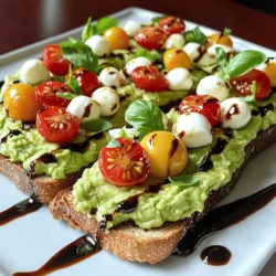 - 2 reife Avocados - 4 Scheiben Vollkornbrot - 1 Tasse Kirschtomaten, halbiert - 1 Tasse frische Mozzarellakugeln, halbiert - 1/4 Tasse frische Basilikumblätter, grob gehackt Die Hauptzutaten sind einfach, frisch und gesund. Avocados geben dem Toast eine cremige Textur. Vollkornbrot sorgt für den nötigen Biss. Kirschtomaten bringen Süße und Farbe. Mozzarella fügt einen milden Geschmack hinzu. Basilikum rundet das Gericht mit frischen Aromen ab. - 2 Esslöffel Balsamico-Glasur - 1 Esslöffel extra natives Olivenöl - Salz und Pfeffer nach Geschmack Zusatzstoffe heben den Geschmack. Balsamico-Glasur bietet eine süß-säuerliche Note. Olivenöl bringt gesunde Fette. Salz und Pfeffer helfen, die Aromen zu verstärken. Verwende frische Zutaten für den besten Geschmack. Du kannst die Balsamico-Glasur leicht selbst machen. Diese Zutaten machen dein Gericht besonders lecker und ansprechend. Für das komplette Rezept schaue dir die [Full Recipe] an. Um den perfekten Toast zu erreichen, wähle eine mittlere Hitze. Das Brot sollte goldbraun und knusprig sein. Ich empfehle Vollkornbrot, da es mehr Geschmack und Nährstoffe bietet. Du kannst auch Sauerteig oder ciabatta verwenden. Diese Brotsorten bringen einen extra Knusper und einen tollen Geschmack. Nimm die reifen Avocados und halbiere sie. Entferne den Kern vorsichtig. Mit einem Löffel schöpfst du das Fruchtfleisch in eine Schüssel. Verwende eine Gabel, um die Avocado grob zu zerdrücken. So bleibt die Textur stückig und lecker. Füge dann Salz, Pfeffer und einen Esslöffel Olivenöl hinzu. Rühre alles gut um, damit die Aromen sich vermischen. Trage die gewürzte Avocado gleichmäßig auf jede Scheibe Brot auf. Die Präsentation ist wichtig! Schichte die halbierten Kirschtomaten und Mozzarella-Kugeln darauf. Streue die grob gehackten Basilikumblätter über die Zutaten. Für den besten Geschmack träufle die Balsamico-Glasur darüber. Diese Schritte sorgen nicht nur für ein gutes Aussehen, sondern auch für ein tolles Geschmackserlebnis. Um die beste Textur der Avocado zu erreichen, wähle reife Früchte. Sie sollten leicht Druck geben, wenn du sie drückst. Halbiere die Avocado und entferne den Kern. Verwende eine Gabel, um das Fruchtfleisch grob zu zerdrücken. So bleibt die Avocado stückig und cremig zugleich. Du kannst auch etwas Limettensaft hinzufügen, um die Farbe frisch zu halten. Die Balsamico-Glasur kann deinen Toast aufpeppen. Sie bringt eine süße Note und passt gut zu den anderen Zutaten. Du kannst verschiedene Varianten ausprobieren. Ein kräftigerer Balsamico hat einen intensiveren Geschmack. Für einen milden Geschmack wähle eine hellere Glasur. Träufle die Glasur direkt vor dem Servieren auf die Toasts. So bleibt die Glasur schön glänzend. Wenn du Gäste hast, präsentiere die Toasts auf einem großen Holzbrett. Lege sie in einer schönen Reihe an. Garnieren kannst du mit frischen Basilikumblättern. Das sieht ansprechend aus und bringt Farbe. Du könntest auch kleine Schalen mit extra Balsamico und Olivenöl zur Verfügung stellen. So können deine Gäste nach Belieben nachwürzen. {{image_4}} Wenn du eine vegane Version von Caprese Avocado Toast machen möchtest, ersetze die Mozzarella-Kugeln. Nutze einfach einen pflanzlichen Käse oder lasse ihn ganz weg. Du kannst auch mit Nusskäse experimentieren. Dieser gibt dem Toast eine cremige Konsistenz ohne tierische Produkte. Um deinen Toast noch aufregender zu gestalten, füge zusätzliche Toppings hinzu. Gegrillte Hühnchenbrust oder gebratene Garnelen passen gut dazu. Du kannst auch saisonales Gemüse wie Zucchini, Paprika oder Rucola verwenden. Diese Zutaten bringen Farbe und Geschmack auf deinen Toast. Wenn du glutenfrei leben möchtest, gibt es viele Optionen für das Brot. Probiere glutenfreies Vollkornbrot oder ein anderes glutenfreies Brot. Damit bleibt der Geschmack lecker und die Textur angenehm. Das ist eine tolle Möglichkeit, um alle genießen zu lassen. Für das vollständige Rezept schaue dir die [Full Recipe] an. Um die Reste von deinem Caprese Avocado Toast frisch zu halten, kannst du ein paar einfache Tipps befolgen. Zuerst, bewahre die Avocadocreme in einem luftdichten Behälter auf. Füge ein wenig Zitronensaft hinzu. Dies hilft, die Farbe zu bewahren. Toast bleibt am besten in einem Papiertuch eingewickelt. So bleibt er knusprig, ohne Feuchtigkeit zu sammeln. Die Zutaten wie Tomaten und Mozzarella kannst du ebenfalls getrennt lagern. So bleiben sie frisch und lecker. Die Haltbarkeit der Zutaten ist wichtig für den Genuss. Reife Avocados halten sich im Kühlschrank etwa 2 bis 3 Tage. Vollkornbrot bleibt bis zu einer Woche frisch, wenn es kühl und trocken lagert. Kirschtomaten sind bei Zimmertemperatur etwa 4 bis 5 Tage gut, im Kühlschrank jedoch nur 2 bis 3 Tage. Mozzarella ist im Kühlschrank bis zu einer Woche frisch, solange die Verpackung ungeöffnet bleibt. Nach dem Öffnen solltest du die Kugeln innerhalb von 3 bis 5 Tagen verbrauchen. Wenn du den Toast wieder aufwärmen möchtest, achte darauf, die Knusprigkeit zu erhalten. Der Toaster ist die beste Wahl für knusprigen Toast. Du kannst ihn auch in einer Pfanne ohne Öl kurz erwärmen. So bleibt der Toast frisch und lecker. Vermeide die Mikrowelle, denn sie macht den Toast weich. Wenn du die Reste von deinem Caprese Avocado Toast wieder zusammenstellen möchtest, mache das kurz vor dem Servieren, um die besten Aromen zu genießen. Weitere Tipps findest du im Full Recipe. Caprese Avocado Toast ist ein einfaches, aber leckeres Gericht. Es kombiniert frische Avocado, Tomaten und Mozzarella auf knusprigem Brot. Die Wurzeln des Gerichts kommen aus Italien. Die Caprese-Salat-Variante ist bekannt für ihre frischen Aromen. Avocado bringt eine cremige Note hinzu, die perfekt mit den anderen Zutaten harmoniert. Ja, du kannst verschiedene Brotsorten verwenden. Hier sind einige Vorschläge: - Sauerteigbrot für einen süß-sauren Geschmack - Ciabatta für eine luftige Textur - Glutenfreies Brot, wenn du Gluten vermeidest - Focaccia für ein italienisches Flair Jede Brotsorte hat ihren eigenen Charakter und kann das Gericht verändern. Die Kalorienzahl hängt von den Zutaten ab. Eine Portion hat etwa 300-350 Kalorien. Hier sind einige Nährwerte: - Avocado: gesundes Fett, gut für das Herz - Tomaten: reich an Antioxidantien, gut für die Haut - Mozzarella: Proteinquelle, wichtig für Muskeln Insgesamt bietet dieses Gericht viele Vorteile für die Gesundheit. Die Balsamico-Glasur ist einfach zu machen. Du brauchst: - 1 Tasse Balsamico-Essig - 1 Esslöffel Honig oder Zucker So geht's: 1. Gieße den Essig in einen kleinen Topf. 2. Füge Honig oder Zucker hinzu. 3. Koche die Mischung bei mittlerer Hitze. 4. Rühre oft um, bis sie eindickt. Lass die Glasur abkühlen, bevor du sie verwendest. Ja, Caprese Avocado Toast ist sehr gesund. Es enthält viele Nährstoffe. Die Avocado liefert gesunde Fette, die gut für den Körper sind. Tomaten sind reich an Vitaminen und Mineralstoffen. Mozzarella enthält Protein, das dir Energie gibt. Diese Zutaten zusammen unterstützen eine ausgewogene Ernährung. Caprese Avocado Toast ist einfach und lecker. Wir haben die Hauptzutaten, wie Avocado und Mozzarella, besprochen. Die Zubereitung ist leicht und macht Spaß. Du kannst das Toast mit Gewürzen und Glasur verfeinern. Für besondere Anlässe kannst du die Präsentation kreativ gestalten. Denke an Variationen und Lagerungstipps für übrig gebliebene Zutaten. Mit diesen Informationen kannst du das perfekte Caprese Avocado Toast zubereiten. Lass deiner Kreativität freien Lauf und genieße jeden Bissen!
