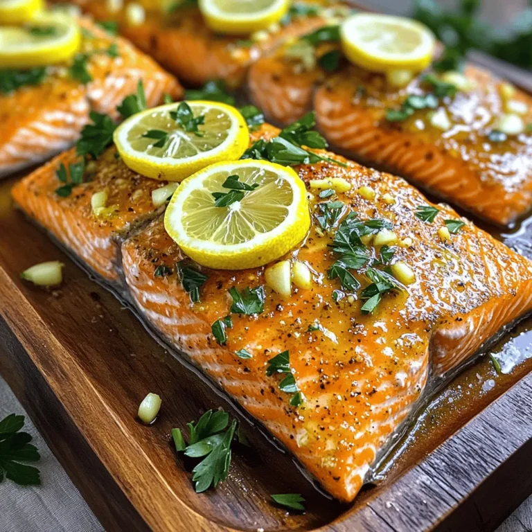 - 4 Lachsfilets (je 170 g) - 3 Esslöffel Olivenöl - 4 Zehen Knoblauch, fein gehackt Die Hauptzutaten sind einfach zu finden. Lachsfilets sind reich an Omega-3-Fettsäuren. Sie sind gesund und lecker. Olivenöl bringt gesunde Fette und Geschmack. Knoblauch fügt einen tollen Aroma hinzu. - Saft von 2 Zitronen - Schale von 1 Zitrone - 1 Teelöffel frischer Rosmarin, gehackt (oder ½ Teelöffel getrocknet) Zitronensaft und -schale geben Frische. Sie machen den Fisch lebendig. Rosmarin bringt einen schönen, erdigen Geschmack. Diese Zutaten machen das Gericht besonders lecker. - Salz und Pfeffer nach Geschmack - Zitronenscheiben zur Garnierung - Frische Petersilie, gehackt zur Garnierung Salz und Pfeffer sind wichtige Gewürze. Sie helfen, den Geschmack zu verstärken. Zitronenscheiben machen das Gericht hübsch und frisch. Frische Petersilie ist eine tolle Garnierung. Sie bringt Farbe und Geschmack. Für die vollständige Anleitung zum Zubereiten dieses köstlichen Gerichts, schauen Sie sich das Full Recipe an. - Ofen vorheizen Heizen Sie Ihren Ofen auf 200°C vor. Dies ist wichtig, um den Lachs gleichmäßig zu garen. - Mischung der Zutaten In einer kleinen Schüssel mischen Sie 3 Esslöffel Olivenöl, 4 fein gehackte Zehen Knoblauch, den Saft von 2 Zitronen, die Schale von 1 Zitrone und 1 Teelöffel frischen Rosmarin. Fügen Sie auch Salz und Pfeffer nach Geschmack hinzu. Rühren Sie alles gut um, bis eine gleichmäßige Marinade entsteht. - Lachs auf das Blech legen Legen Sie die 4 Lachsfilets auf ein großes Backblech, das mit Backpapier oder Alufolie ausgelegt ist. Achten Sie darauf, dass die Filets genug Platz haben. - Marinade auftragen Bestreichen Sie jedes Lachsfilet großzügig mit der vorbereiteten Marinade. So wird der Lachs lecker und saftig. Legen Sie dann Zitronenscheiben auf jedes Filet für zusätzlichen Geschmack. - Rösten im Ofen Rösten Sie den Lachs im vorgeheizten Ofen für 12-15 Minuten. Der Lachs sollte leicht mit einer Gabel zerfallen. Dies zeigt, dass er durchgegart ist. - Ruhezeit nach dem Braten Nehmen Sie das Blech aus dem Ofen und lassen Sie den Lachs einige Minuten ruhen. Dies hilft, die Säfte zu behalten. Garnieren Sie den Lachs vor dem Servieren mit frisch gehackter Petersilie. Jetzt sind Sie bereit, das köstliche Gericht zu genießen! Für mehr Details, schauen Sie sich das Full Recipe an. Die ideale Garzeit für Lachs ist zwischen 12 und 15 Minuten. Der Lachs sollte leicht zerfallen, wenn Sie ihn mit einer Gabel anstechen. Eine interne Temperatur von 55-60 °C zeigt, dass der Lachs fertig ist. Achten Sie darauf, den Lachs nicht zu lange zu garen, um ihn saftig zu halten. Eine Marinierzeit von mindestens 30 Minuten bringt den besten Geschmack hervor. Wenn Sie mehr Zeit haben, lassen Sie den Lachs bis zu 2 Stunden marinieren. So ziehen die Aromen tiefer ein und machen das Gericht noch köstlicher. Ein kurzer Tipp: Wenn Sie die Marinade gleich am Morgen zubereiten, ist der Lachs abends gleich bereit zum Braten. Präsentation ist wichtig! Servieren Sie die Lachsfilets auf einem großen, weißen Teller. Garnieren Sie sie mit frischen Zitronenscheiben und gehackter Petersilie. Für mehr Farbe können Sie auch einige Kirschtomaten oder grüne Bohnen hinzufügen. Diese einfachen Schritte machen das Gericht nicht nur schmackhaft, sondern auch schön anzusehen. {{image_4}} Das Rösten von Gemüse zusammen mit dem Lachs bringt mehr Geschmack. Sie können Gemüse wie Brokkoli, Karotten oder Zucchini verwenden. Schneiden Sie das Gemüse in gleichmäßige Stücke. Legen Sie es auf das Blech, bevor Sie den Lachs darauf setzen. Das Gemüse wird zart und aromatisch, während der Lachs brät. Es ist eine einfache Möglichkeit, Ihre Mahlzeit nahrhafter zu machen. Wenn Sie Rosmarin nicht mögen, probieren Sie Thymian oder Dill. Diese Kräuter passen gut zu Lachs und geben ihm einen anderen Geschmack. Sie können auch einen Hauch von Paprika oder Chili hinzufügen, wenn Sie es schärfer mögen. Experimentieren Sie mit verschiedenen Gewürzen, um Ihren perfekten Lachs zu finden! Gerösteter Lachs schmeckt hervorragend mit vielen Beilagen. Ein frischer grüner Salat ist eine gute Wahl. Auch Quinoa oder Reis passen gut dazu. Wenn Sie mehr Gemüse möchten, servieren Sie geröstete Süßkartoffeln oder einen bunten Gemüse-Mix. Diese Beilagen ergänzen den Lachs und machen das Essen noch besser. Um die Reste von deinem Zitronen-Knoblauch-Roastlachs frisch zu halten, lege sie in einen luftdichten Behälter. Du kannst auch Frischhaltefolie verwenden, um den Lachs abzudecken. Stelle sicher, dass die Reste schnell in den Kühlschrank kommen. So bleiben Geschmack und Textur erhalten. Für das Aufwärmen des Lachses empfehle ich, ihn sanft zu erhitzen. Stelle deinen Ofen auf 150°C ein. Lege die Lachsfilets auf ein Blech und decke sie mit Folie ab. Dies verhindert, dass der Lachs austrocknet. Erwärme ihn etwa 10 Minuten lang. Du kannst auch die Mikrowelle nutzen. Stelle die Mikrowelle auf mittlere Leistung und erhitze den Lachs in kurzen Intervallen. Überprüfe regelmäßig die Temperatur. Die Reste bleiben im Kühlschrank etwa 3 Tage frisch. Achte darauf, sie gut verpackt zu lagern. Wenn du die Reste länger aufbewahren möchtest, kannst du sie einfrieren. Im Gefrierfach halten sie bis zu 3 Monate. Denke daran, den Lachs vor dem Einfrieren in Portionen zu teilen. So kannst du nur das auftauen, was du brauchst. Um Lemon Garlic Roasted Salmon zu machen, folgen Sie diesen Schritten: 1. Heizen Sie den Ofen auf 200°C vor. 2. Mischen Sie in einer Schüssel 3 Esslöffel Olivenöl, 4 Zehen gehackten Knoblauch, den Saft von 2 Zitronen, die Schale von 1 Zitrone und 1 Teelöffel gehackten Rosmarin. Fügen Sie Salz und Pfeffer hinzu. 3. Legen Sie 4 Lachsfilets auf ein mit Backpapier ausgelegtes Blech. 4. Bestreichen Sie die Filets mit der Marinade. 5. Legen Sie Zitronenscheiben auf die Filets. 6. Rösten Sie den Lachs für 12-15 Minuten im Ofen. 7. Lassen Sie den Lachs vor dem Servieren ruhen und garnieren Sie ihn mit frischer Petersilie. Zu Lachs passen viele Beilagen. Hier sind einige Ideen: - Geröstetes Gemüse wie Brokkoli oder Karotten. - Ein frischer grüner Salat mit Zitrus-Dressing. - Reis oder Quinoa für eine sättigende Beilage. - Weißwein, wie Sauvignon Blanc, ergänzt den Geschmack des Lachses gut. Ja, Sie können den Lachs auch grillen. Folgen Sie diesen Schritten: 1. Marinieren Sie den Lachs wie oben beschrieben. 2. Heizen Sie den Grill auf mittlere Hitze vor. 3. Legen Sie die Lachsfilets auf den Grillrost. 4. Grillen Sie den Lachs für etwa 6-8 Minuten pro Seite. 5. Achten Sie darauf, dass der Lachs leicht zerfällt, wenn er fertig ist. Diese Methode gibt dem Lachs einen rauchigen Geschmack und eine schöne Grillmarkierung. Diese Anleitung hat dir gezeigt, wie du leckeren Lachs mit Zitrone und Knoblauch zubereitest. Wir haben die besten Zutaten, die Marinade und die Garzeit behandelt. Denke daran, frisches Gemüse hinzuzufügen und gut zu würzen. Wenn du Reste hast, bewahre sie richtig auf, um die Frische zu erhalten. Du kannst auch variieren, indem du die Gewürze änderst oder verschiedene Beilagen ausprobierst. Ich hoffe, du hast viel Spaß beim Kochen und Genießen!