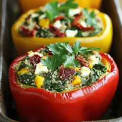 - 4 große Paprikas (nach Wahl) - 2 Tassen frischer Spinat, gehackt - 1 Tasse Feta-Käse, zerbröselt - 1 Tasse gekochte Quinoa - 1/2 Tasse getrocknete Tomaten, fein gehackt - 1/4 Tasse rote Zwiebel, fein gewürfelt - 2 Knoblauchzehen, fein gehackt - 1 Teelöffel getrockneter Oregano - 1 Teelöffel Olivenöl - Salz und Pfeffer nach Geschmack - Frische Petersilie zum Garnieren Wenn ich Paprikas fülle, wähle ich große, bunte Paprikas. Sie sehen toll aus! Der frische Spinat bringt einen gesunden Kick. Feta-Käse fügt eine salzige Note hinzu. Quinoa macht die Füllung nahrhaft. Getrocknete Tomaten geben einen süßen Geschmack. Die Zwiebel und der Knoblauch bringen mehr Tiefe in das Gericht. Oregano rundet alles gut ab. Ich liebe es, die gefüllten Paprikas mit frischer Petersilie zu garnieren. Sie sehen dann noch einladender aus! Für das vollständige Rezept, schaue dir das Full Recipe an. Heize den Ofen auf 190°C vor. Dies sorgt dafür, dass die Paprikas gleichmäßig garen. Ein gut vorgeheizter Ofen macht einen großen Unterschied. Schneide die Oberseiten der Paprikas ab und entferne die Kerne. Du kannst jede Paprika nach deinem Geschmack wählen. Stelle die Paprikas aufrecht in eine Auflaufform. So bleibt die Füllung drin, wenn sie backen. Erhitze einen Teelöffel Olivenöl in einer großen Pfanne bei mittlerer Hitze. Gib zwei fein gehackte Knoblauchzehen und eine viertel Tasse gewürfelte rote Zwiebel hinzu. Brate sie für etwa drei bis vier Minuten, bis sie weich sind. Reduziere dann die Hitze auf niedrig und füge zwei Tassen gehackten Spinat hinzu. Koche ihn für zwei Minuten, bis er zusammengefallen ist. In einer großen Schüssel vermische die Spinatmischung mit einer Tasse gekochter Quinoa, einer Tasse zerbröseltem Feta-Käse und einer halben Tasse fein gehackten getrockneten Tomaten. Füge einen Teelöffel getrockneten Oregano, Salz und Pfeffer nach Geschmack hinzu. Rühre alles gut um, um eine gleichmäßige Füllung zu erhalten. Fülle jede vorbereitete Paprika vorsichtig mit der Füllung und drücke sie leicht fest. Decke die Auflaufform mit Aluminiumfolie ab und backe die Paprika 25 Minuten lang. Entferne dann die Folie und backe sie für weitere 10-15 Minuten. So werden die Paprikas zart und leicht angebrannt. Nimm die gefüllten Paprika aus dem Ofen und lasse sie ein paar Minuten abkühlen, bevor du sie servierst. Garniere sie mit frischer Petersilie für einen schönen Look. Diese Schritt-für-Schritt-Anleitung hilft dir, köstliche Spinat Feta gefüllte Paprika zuzubereiten. Das ganze Rezept findest du in der [Full Recipe]. Um die Füllung gleichmäßig zu verteilen, beginne mit einer großen Schüssel. Mische den Spinat, Feta, Quinoa und die restlichen Zutaten gut. Verwende einen Löffel oder eine kleine Schaufel, um die Mischung in die Paprikas zu füllen. Achte darauf, die Mischung festzudrücken, damit die Füllung nicht herausfällt. Wenn du die Paprikas gleichmäßig füllst, bekommst du einen tollen Biss bei jedem Stück. Die Backzeit hängt von der Größe der Paprikas ab. Größere Paprikas brauchen mehr Zeit als kleine. Du kannst die Backzeit um 5 bis 10 Minuten erhöhen, wenn du große Paprika verwendest. Überprüfe die Paprikas nach 30 Minuten. Sie sollten weich sein, aber nicht zerfallen. So bekommst du eine schöne, zarte Textur. Gefüllte Paprikas sind lecker alleine, aber sie passen auch gut zu Beilagen. Du kannst einen frischen Salat dazu servieren, um etwas Crunch hinzuzufügen. Auch ein einfacher Joghurt-Dip passt wunderbar. Wenn du etwas Warmes willst, serviere Reis oder Couscous. Diese Beilagen ergänzen den Geschmack der gefüllten Paprikas perfekt. {{image_4}} Du kannst die Füllung anpassen, um neue Geschmäcker zu entdecken. Hier sind einige Ideen für Gemüse und Käse: - Gemüse: Zucchini, Auberginen oder Pilze passen gut. Sie geben zusätzliche Feuchtigkeit. - Käse: Probiere Mozzarella oder Ricotta für eine cremige Note. - Protein: Füge gebratenes Hähnchen oder schwarze Bohnen hinzu. So wird das Gericht sättigender. Wenn du eine vegane Version möchtest, ersetze den Feta. Hier sind Schritte, um die Füllung vegan zu machen: - Nutze zerdrückte Avocado oder Cashew-Creme. Das sorgt für eine ähnliche Textur. - Ersetze Quinoa durch Linsen oder Kichererbsen. Sie sind proteinreich und lecker. - Verwende frische Kräuter wie Basilikum oder Petersilie für zusätzlichen Geschmack. Verfeinere die Füllung mit verschiedenen Gewürzen und Kräutern. Hier sind einige Vorschläge: - Gewürze: Paprika, Kreuzkümmel oder Chili-Pulver bringen mehr Geschmack. - Kräuter: Frischer Thymian oder Rosmarin verstärken das Aroma. - Zitrone: Ein Spritzer Zitronensaft macht die Füllung frisch und lebendig. Für die besten Ergebnisse, experimentiere mit diesen Variationen. Du wirst sicher neue Lieblingskombinationen finden. Schau dir auch das [Full Recipe] an, um das Grundrezept zu meistern. Um gefüllte Paprika frisch zu halten, lege sie in einen luftdichten Behälter. So bleiben sie etwa drei bis vier Tage gut. Stelle den Behälter in die kälteste Zone deines Kühlschranks. Vermeide es, sie zu lange offen zu lassen. Wenn du sie länger aufbewahren möchtest, denke an das Einfrieren. Um gefüllte Paprika einzufrieren, lasse sie zuerst komplett abkühlen. Wickel jede Paprika in Frischhaltefolie ein. Lege sie dann in einen Gefrierbeutel oder einen luftdichten Behälter. So bleiben sie bis zu drei Monate frisch. Beschrifte die Tüte mit dem Datum. Das hilft dir, den Überblick zu behalten. Um die gefüllten Paprika aufzuwärmen, heize deinen Ofen auf 180°C vor. Lege die Paprika in eine Auflaufform und bedecke sie mit Aluminiumfolie. So trocknen sie nicht aus. Backe sie etwa 20 Minuten lang, bis sie warm sind. Alternativ kannst du sie in der Mikrowelle aufwärmen. Stelle die Mikrowelle auf mittlere Hitze. Erwärme sie in Intervallen von zwei Minuten. So vermeidest du es, sie zu überhitzen. Für das vollständige Rezept, schaue dir die Full Recipe an. Gefüllte Paprika bleiben im Kühlschrank für drei bis fünf Tage frisch. Lege sie in einen luftdichten Behälter. Wenn du sie einfrierst, halten sie bis zu drei Monate. Achte darauf, sie gut einzupacken. So bleibt der Geschmack erhalten. Ja, frische Paprika sind ideal. Sie haben einen besseren Geschmack und eine knackigere Textur. Wähle festere Paprika ohne Flecken. Gefrorene Paprika sind auch eine Option, aber sie verlieren oft ihre Struktur. Wenn du frische Paprikas verwendest, achte darauf, sie gut zu waschen und die Kerne zu entfernen. Zu gefüllten Paprika passen viele Beilagen. Probiere einen frischen grünen Salat. Reis oder Couscous sind ebenfalls tolle Begleiter. Für Getränke passen ein leichter Weißwein oder Sprudelwasser mit Zitrone. So rundest du das Gericht perfekt ab. Weitere Ideen findest du in der [Full Recipe]. Gefüllte Paprika sind lecker und vielseitig. Wir haben die Hauptzutaten und die Zubereitung besprochen. Zudem gab es Tipps zur perfekten Füllung und Aufbewahrung. Variationen bieten viele kreative Möglichkeiten. Denke daran, dass du die Rezepte nach deinem Geschmack anpassen kannst. Experimentiere mit Füllungen und Gewürzen, um deine ideale Kombination zu finden. So bleiben die gefüllten Paprika frisch und köstlich. Viel Spaß beim Kochen!