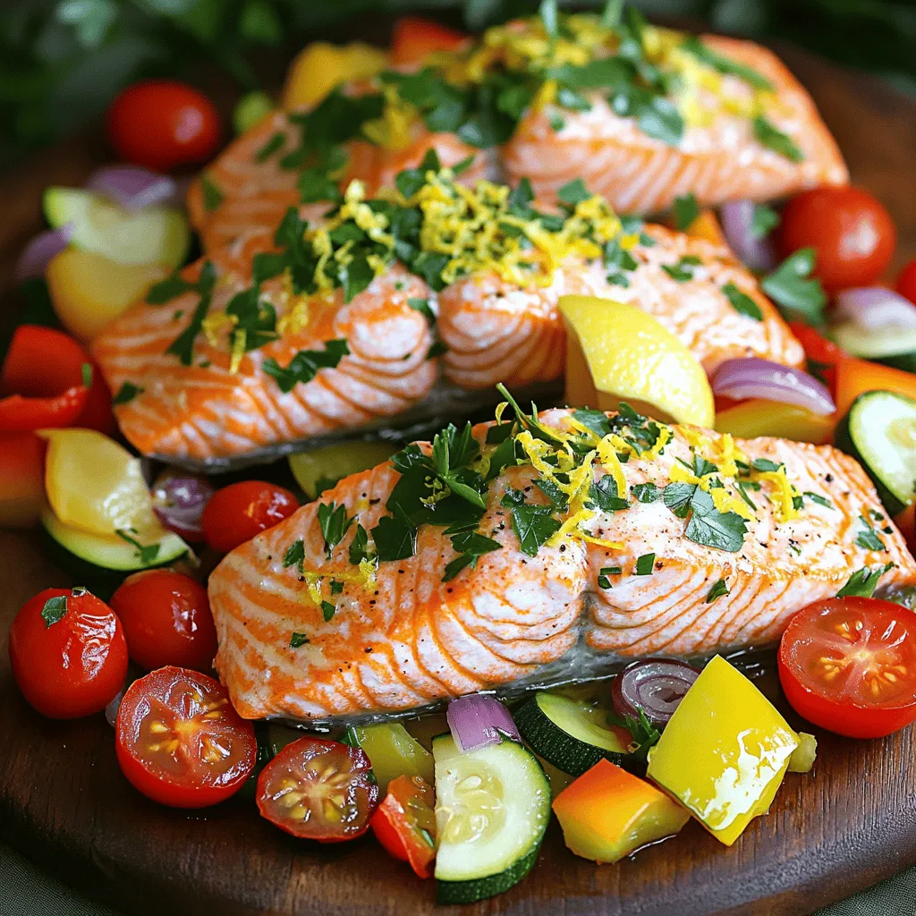 - 4 Lachsfilets - 1 Zitrone - 3 Esslöffel Olivenöl - 1 Tasse Kirschtomaten - 1 Paprika - 1 Zucchini - 1 rote Zwiebel - Knoblauch - Oregano - Thymian - Paprika - Salz und Pfeffer Um einen köstlichen Sheet Pan Lemon Herb Salmon & Veggies zuzubereiten, beginne mit den Hauptzutaten. Du brauchst 4 frische Lachsfilets, idealerweise je etwa 170 g. Wähle eine frische Zitrone aus. Der Saft und die Schale bringen das Gericht zum Leben. Verwende 3 Esslöffel hochwertiges Olivenöl. Es verleiht ein reiches Aroma und hilft, den Lachs saftig zu halten. Das Gemüse macht das Gericht bunt und gesund. Eine Tasse Kirschtomaten gibt es in vielen Farben. Wähle eine Paprika, die deinen Vorlieben entspricht. Eine Zucchini bringt eine schöne Textur. Eine rote Zwiebel sorgt für Süße und einen tollen Farbkontrast. Die Gewürze und Kräuter sind der Schlüssel zur Geschmacksfülle. Knoblauch gibt einen starken, herzhaften Geschmack. Oregano und Thymian verleihen mediterrane Noten. Paprika fügt eine schöne Farbe hinzu, und Salz und Pfeffer sorgen für die nötige Würze. Diese Zutaten bilden die Basis für ein einfaches und schmackhaftes Gericht. Das gesamte Rezept findest du in der Full Recipe. Zuerst heize deinen Ofen auf 200°C vor. Das sorgt für eine gleichmäßige Hitze. Dann mische in einer kleinen Schüssel die Marinade. Du brauchst die Zitronenschale, den Zitronensaft, Olivenöl, Knoblauch, Oregano, Thymian, Paprika, Salz und Pfeffer. Rühre alles gut um, bis es gut vermischt ist. Nimm die Lachsfilets und lege sie in einen großen, verschließbaren Beutel oder eine flache Schüssel. Gieße die Hälfte der Marinade über die Filets. Achte darauf, dass jedes Filet gut bedeckt ist. Lasse den Lachs mindestens 15 Minuten marinieren. So nimmt der Lachs den tollen Geschmack auf. Breite die Kirschtomaten, die Paprika, die Zucchini und die roten Zwiebeln auf einem großen Backblech aus. Gieße die aufbewahrte Marinade über das Gemüse und mische alles gut. So wird das Gemüse gleichmäßig bedeckt und lecker. Schaffe in der Mitte des Gemüses Platz für die Lachsfilets. Lege die Filets mit der Hautseite nach unten auf das Backblech. Backe den Lachs im vorgeheizten Ofen für 15-20 Minuten. Der Lachs sollte gar sein und sich leicht mit einer Gabel zerteilen lassen. Das Gemüse sollte zart und leicht karamelisiert sein. Du kannst das leckere Gericht nach dem Backen auf einer Servierplatte anrichten. Für die vollständige Anleitung schau dir die Full Recipe an. Um deinen Lachs noch besser zu machen, kannst du die Marinade anpassen. Probiere verschiedene Gewürze wie Dill oder Rosmarin. Diese Kräuter bringen frische Aromen. Eine weitere Option sind andere Öle. Anstelle von Olivenöl kannst du Avocadoöl oder Kokosöl verwenden. Jedes Öl hat seinen eigenen Geschmack. Um den Gargrad deines Lachses zu bestimmen, prüfe die Farbe. Der Lachs sollte hellrosa und undurchsichtig sein. Eine Gabel hilft dir, die Textur zu testen. Wenn sie sich leicht zerteilen lässt, ist er fertig. Für saftigen Lachs lasse ihn nicht zu lange im Ofen. 15 bis 20 Minuten reichen oft aus. Ein Spritzer Zitronensaft nach dem Backen kann den Geschmack intensivieren. Verwende saisonales Gemüse für mehr Frische. Im Frühling sind Spargel und Erbsen toll. Im Sommer sind Paprika und Zucchini ideal. Du kannst auch andere Gemüsesorten kombinieren. Brokkoli oder Karotten passen gut zu diesem Rezept. So bleibt dein Gericht lecker und bunt. Für mehr Details zu den Zutaten, schau dir das [Full Recipe] an. {{image_4}} Möchtest du Abwechslung? Du kannst Lachs durch andere Fische ersetzen. Forelle oder Kabeljau funktionieren gut. Sie haben einen milden Geschmack und garen schnell. Du kannst auch andere Meeresfrüchte verwenden. Garnelen sind eine tolle Option. Sie brauchen nur wenige Minuten im Ofen. Muscheln oder Jakobsmuscheln können ebenfalls gut passen. Für eine vegetarische Variante gibt es viele leckere Möglichkeiten. Eine Gemüse-Lasagne für den Ofen ist einfach und sättigend. Schichte Zucchini, Auberginen und Spinat zwischen Lasagneblätter. Tofu ist eine weitere gute Proteinquelle. Mariniere ihn wie den Lachs und backe ihn im Ofen. Tofu nimmt die Aromen gut auf und wird schön knusprig. Beilagen machen dein Gericht komplett. Du kannst Reis oder Quinoa servieren. Beide sind nahrhaft und einfach zuzubereiten. Salate sind auch eine frische Wahl. Ein bunter gemischter Salat ergänzt die Aromen des Gerichts. Du kannst auch einen einfachen grünen Salat mit einem leichten Dressing machen. Für das vollständige Rezept kannst du [Full Recipe] hier ansehen. - Bewahre die Reste in einem luftdichten Behälter auf. - Der Lachs bleibt 2 bis 3 Tage frisch. - Um den Lachs und das Gemüse einzufrieren, lege alles in einen Gefrierbeutel. - Drücke die Luft heraus, um Gefrierbrand zu vermeiden. - Vor dem Verzehr, taue die Reste im Kühlschrank auf. - Der beste Weg zum Aufwärmen ist im Ofen. - Stelle den Ofen auf 175°C ein und erwärme für 10 bis 15 Minuten. - Achte darauf, dass du das Gemüse und den Lachs gleichmäßig verteilst. - Decke das Gericht mit Alufolie ab, um ein Austrocknen zu verhindern. Backe den Lachs bei 200°C für 15 bis 20 Minuten. Die genaue Zeit hängt von der Dicke der Filets ab. Achte darauf, dass der Lachs gar ist und sich leicht mit einer Gabel zerteilen lässt. Wenn du diese Zeit einhältst, erhältst du zarten und saftigen Lachs, der nicht trocken wird. Ja, du kannst die Marinade im Voraus machen. Stelle sie einfach in den Kühlschrank. Sie bleibt frisch für bis zu zwei Tage. So sparst du Zeit am Kochabend. Die Aromen haben sogar mehr Zeit, sich zu entfalten, was den Geschmack noch besser macht. Zu diesem Gericht passen viele Beilagen. Du kannst Reis oder Quinoa servieren. Auch ein frischer Salat ist eine gute Wahl. Diese Beilagen ergänzen die Aromen des Lachs und der Gemüse perfekt. Du kannst auch etwas knuspriges Brot dazu reichen. Ja, dieses Rezept ist ideal für Meal Prep. Du kannst den Lachs und das Gemüse in Portionen aufteilen. Lagere sie in luftdichten Behältern im Kühlschrank. So hast du gesunde Mahlzeiten für die Woche bereit. Erwärme sie einfach in der Mikrowelle oder im Ofen. In diesem Artikel haben wir die wichtigsten Zutaten für ein leckeres Lachsgericht besprochen. Du hast gelernt, wie man Lachs marinieren und damit köstliches Gemüse aufbereiten kann. Auch die Lagerung und Haltbarkeit wurden behandelt. Zusammenfassend ist es einfach, leckere Variationen zu erstellen. Probiere verschiedene Gemüse oder Fleischsorten aus. Dies gibt dir viel Spielraum beim Kochen. Mach weiter so und genieße deine Mahlzeiten!