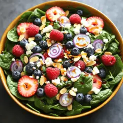 Um einen leckeren frischen Beerensalat mit Spinat zu machen, brauchst du: - 4 Tassen frischer Babyspinat, gewaschen und getrocknet - 1 Tasse gemischte frische Beeren (Erdbeeren, Blaubeeren und Himbeeren) - 1/2 Tasse zerbröckelter Feta-Käse - 1/4 Tasse geschnittene, geröstete Mandeln - 1/4 Tasse rote Zwiebel, dünn geschnitten - 2 Esslöffel Honig - 2 Esslöffel Balsamico-Essig - 1 Esslöffel Olivenöl - Salz und Pfeffer nach Geschmack Die Wahl der Beeren ist wichtig für den Geschmack. Suche nach Beeren, die fest und glänzend sind. Sie sollten süß riechen und keine Druckstellen haben. Erdbeeren sollten rot und saftig sein. Blaubeeren sollten blau und prall sein. Himbeeren sollten dunkelrot und leicht weich sein. Frische Beeren sind am besten. Wenn du sie kaufst, achte darauf, dass sie unbeschädigt sind. Wenn du keinen Feta magst, probiere Ziegenkäse oder Hüttenkäse. Diese Käse passen gut zu den Beeren. Wenn du Nüsse weglassen möchtest, nutze Sonnenblumenkerne oder Kürbiskerne. Diese bringen einen guten Crunch und sind nussfrei. So bleibt der Salat nahrhaft und lecker. Für das volle Rezept, schau dir den [Full Recipe] an. Zuerst wasche die frischen Zutaten. Du brauchst 4 Tassen Babyspinat. Trocken tupfen ist wichtig. Nimm dann 1 Tasse gemischte Beeren. Du kannst Erdbeeren, Blaubeeren und Himbeeren verwenden. Schneide die Erdbeeren in Hälften oder Viertel. Du kannst die Beeren auch im Wasserbad abspülen. Verwende eine große Schüssel. So hast du genug Platz für alles. Platziere den gewaschenen Spinat in der großen Schüssel. Verteile die Beeren gleichmäßig über den Spinat. Streue 1/2 Tasse zerbröckelten Feta-Käse darüber. Der Käse gibt dem Salat eine cremige Note. Füge dann 1/4 Tasse geröstete Mandeln hinzu. Die Mandeln geben einen knusprigen Crunch. Zuletzt kommen die roten Zwiebelringe. Dünn geschnittene Zwiebeln sorgen für einen frischen Geschmack. Nimm eine kleine Schüssel. Mische dort 2 Esslöffel Honig, 2 Esslöffel Balsamico-Essig und 1 Esslöffel Olivenöl. Schlage das Dressing gut durch. Es sollte gleichmäßig und glatt sein. Füge Salz und Pfeffer nach Geschmack hinzu. Gieße das Dressing etwa 5 Minuten vor dem Servieren über den Salat. Mische alles vorsichtig, damit die Blätter ganz bleiben. Der Salat ist jetzt bereit, um serviert zu werden. Du kannst ihn nach Belieben anpassen. Für die vollständige Anleitung, schau dir das [Full Recipe] an. Um den Salat frisch zu halten, lagere ihn in einem luftdichten Behälter. Verwende Papiertücher, um Feuchtigkeit aufzusaugen. Das hilft, die Blätter knusprig zu halten. Wenn du den Salat vorbereitest, füge das Dressing erst kurz vor dem Servieren hinzu. So bleibt der Spinat frisch und knackig. Der frische Beerensalat passt gut zu vielen Gerichten. Serviere ihn als Beilage zu gegrilltem Hähnchen oder Fisch. Er ergänzt auch ein herzhaftes Sandwich oder Wrap. Kombiniere ihn mit warmen Quinoa oder Couscous für mehr Füllung. Einige Menschen mögen auch, geröstete Süßkartoffeln hinzuzufügen. Das gibt dem Salat eine süße Note. Nutze saisonale Zutaten, um den Salat anzupassen. Im Frühling kannst du frische Kräuter wie Minze oder Basilikum hinzufügen. Im Sommer sind Pfirsiche oder Nektarinen eine tolle Option. Im Herbst passen geröstete Kürbiswürfel sehr gut. Im Winter probiere Granatapfelkerne für Farbe und Crunch. Diese Variationen halten deinen Salat spannend und lecker. {{image_4}} Wenn du einen veganen Beerensalat machen möchtest, gibt es viele tolle Optionen. Ersetze den Feta durch veganen Käse oder eine Mischung aus Avocado und Nüssen. Diese Zutaten geben dem Salat eine cremige Textur. Du kannst auch Sonnenblumenkerne oder Kürbiskerne hinzufügen, um extra Crunch zu bieten. Wähle ein Dressing aus Zitronensaft und Olivenöl, um die Aromen zu verstärken. Um den Salat sättigender zu machen, füge Proteinquellen hinzu. Gegrilltes Hähnchen passt gut zu den frischen Beeren. Du kannst auch gebratenen oder marinierten Tofu verwenden, um eine pflanzliche Option zu bieten. Schneide das Hähnchen oder Tofu in Stücke und lege sie auf den Salat. So wird jede Portion nahrhaft und lecker. Der frische Beerensalat ist von Natur aus glutenfrei. Alle Zutaten wie Spinat, Beeren und Nüsse sind glutenfrei. Achte darauf, dass dein Dressing ebenfalls glutenfrei ist. Verwende zum Beispiel Balsamico-Essig und Olivenöl ohne Zusatzstoffe. Mit diesen Tipps kannst du einen köstlichen und gesunden Salat genießen, der für alle geeignet ist. Um den frischen Beerensalat mit Spinat richtig aufzubewahren, verwenden Sie einen luftdichten Behälter. Legen Sie den Salat in den Kühlschrank. Vermeiden Sie es, das Dressing vorher hinzuzufügen. So bleibt der Salat knusprig und frisch. Sie können den Salat bis zu drei Tage im Kühlschrank aufbewahren. Achten Sie darauf, die Beeren zu prüfen. Wenn sie matschig werden, entfernen Sie sie sofort. Die Haltbarkeit der Zutaten variiert. Babyspinat bleibt frisch für etwa fünf bis sieben Tage im Kühlschrank. Beeren sind am besten innerhalb von drei bis fünf Tagen zu essen. Feta-Käse hält sich bis zu zwei Wochen, wenn er gut verpackt ist. Geröstete Mandeln sind ungefähr einen Monat haltbar. Achten Sie darauf, dass sie in einem kühlen, trockenen Ort gelagert werden. Wenn Sie den Salat im Voraus vorbereiten möchten, machen Sie Folgendes: Waschen und trocknen Sie den Spinat und die Beeren. Schneiden Sie die Zwiebeln und die Mandeln. Bewahren Sie alles separat auf. Mischen Sie die Zutaten erst kurz vor dem Servieren. So bleibt der Salat frisch und knackig. Sie können auch das Dressing im Voraus zubereiten. Lagern Sie es in einem kleinen Behälter im Kühlschrank. Weitere Tipps finden Sie in der [Full Recipe]. Um den besten frischen Beerensalat zu machen, beginne mit frischem Babyspinat. Du brauchst auch gemischte Beeren wie Erdbeeren, Himbeeren und Blaubeeren. Wasche die Beeren gut, damit sie sauber sind. Schneide die Erdbeeren in Hälften oder Viertel und lege sie auf den Spinat. Streue zerbröckelten Feta-Käse darüber. Füge auch geröstete Mandeln und geschnittene rote Zwiebeln hinzu. Mische Honig, Balsamico-Essig und Olivenöl für das Dressing. Gieße es kurz vor dem Servieren über den Salat. Das macht ihn frisch und lecker. Ja, du kannst andere Salatblätter verwenden. Rucola, Kopfsalat oder Feldsalat sind tolle Alternativen. Sie haben unterschiedliche Geschmäcker und Texturen. Probiere aus, was dir am besten schmeckt. Achte darauf, dass die Blätter frisch und knackig sind. So bleibt der Salat ansprechend und gesund. Spinat ist reich an Vitaminen und Mineralien. Er enthält viel Vitamin K und Eisen. Beeren sind voller Antioxidantien. Sie helfen, das Immunsystem zu stärken. Beide Zutaten fördern die Hautgesundheit. Zusammen bieten sie viele Ballaststoffe, die gut für die Verdauung sind. Regelmäßiger Verzehr kann dein Wohlbefinden verbessern. So tust du dir mit diesem Salat etwas Gutes. Zusammenfassend haben wir die Zutaten, Schritte und Tipps für einen leckeren Beerensalat besprochen. Du weißt nun, wie du die besten Beeren auswählst und frische Variationen einbringst. Denke daran, deinen Salat richtig aufzubewahren, um die Frische zu behalten. Experimentiere mit veganen und proteinreichen Zusätzen für mehr Abwechslung. Ein gut vorbereiteter Salat schmeckt besser und macht gesund. Geh einfach ran und probiere es aus!