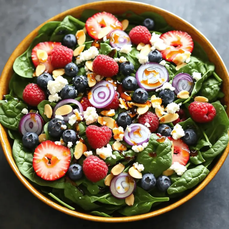 Um einen leckeren frischen Beerensalat mit Spinat zu machen, brauchst du: - 4 Tassen frischer Babyspinat, gewaschen und getrocknet - 1 Tasse gemischte frische Beeren (Erdbeeren, Blaubeeren und Himbeeren) - 1/2 Tasse zerbröckelter Feta-Käse - 1/4 Tasse geschnittene, geröstete Mandeln - 1/4 Tasse rote Zwiebel, dünn geschnitten - 2 Esslöffel Honig - 2 Esslöffel Balsamico-Essig - 1 Esslöffel Olivenöl - Salz und Pfeffer nach Geschmack Die Wahl der Beeren ist wichtig für den Geschmack. Suche nach Beeren, die fest und glänzend sind. Sie sollten süß riechen und keine Druckstellen haben. Erdbeeren sollten rot und saftig sein. Blaubeeren sollten blau und prall sein. Himbeeren sollten dunkelrot und leicht weich sein. Frische Beeren sind am besten. Wenn du sie kaufst, achte darauf, dass sie unbeschädigt sind. Wenn du keinen Feta magst, probiere Ziegenkäse oder Hüttenkäse. Diese Käse passen gut zu den Beeren. Wenn du Nüsse weglassen möchtest, nutze Sonnenblumenkerne oder Kürbiskerne. Diese bringen einen guten Crunch und sind nussfrei. So bleibt der Salat nahrhaft und lecker. Für das volle Rezept, schau dir den [Full Recipe] an. Zuerst wasche die frischen Zutaten. Du brauchst 4 Tassen Babyspinat. Trocken tupfen ist wichtig. Nimm dann 1 Tasse gemischte Beeren. Du kannst Erdbeeren, Blaubeeren und Himbeeren verwenden. Schneide die Erdbeeren in Hälften oder Viertel. Du kannst die Beeren auch im Wasserbad abspülen. Verwende eine große Schüssel. So hast du genug Platz für alles. Platziere den gewaschenen Spinat in der großen Schüssel. Verteile die Beeren gleichmäßig über den Spinat. Streue 1/2 Tasse zerbröckelten Feta-Käse darüber. Der Käse gibt dem Salat eine cremige Note. Füge dann 1/4 Tasse geröstete Mandeln hinzu. Die Mandeln geben einen knusprigen Crunch. Zuletzt kommen die roten Zwiebelringe. Dünn geschnittene Zwiebeln sorgen für einen frischen Geschmack. Nimm eine kleine Schüssel. Mische dort 2 Esslöffel Honig, 2 Esslöffel Balsamico-Essig und 1 Esslöffel Olivenöl. Schlage das Dressing gut durch. Es sollte gleichmäßig und glatt sein. Füge Salz und Pfeffer nach Geschmack hinzu. Gieße das Dressing etwa 5 Minuten vor dem Servieren über den Salat. Mische alles vorsichtig, damit die Blätter ganz bleiben. Der Salat ist jetzt bereit, um serviert zu werden. Du kannst ihn nach Belieben anpassen. Für die vollständige Anleitung, schau dir das [Full Recipe] an. Um den Salat frisch zu halten, lagere ihn in einem luftdichten Behälter. Verwende Papiertücher, um Feuchtigkeit aufzusaugen. Das hilft, die Blätter knusprig zu halten. Wenn du den Salat vorbereitest, füge das Dressing erst kurz vor dem Servieren hinzu. So bleibt der Spinat frisch und knackig. Der frische Beerensalat passt gut zu vielen Gerichten. Serviere ihn als Beilage zu gegrilltem Hähnchen oder Fisch. Er ergänzt auch ein herzhaftes Sandwich oder Wrap. Kombiniere ihn mit warmen Quinoa oder Couscous für mehr Füllung. Einige Menschen mögen auch, geröstete Süßkartoffeln hinzuzufügen. Das gibt dem Salat eine süße Note. Nutze saisonale Zutaten, um den Salat anzupassen. Im Frühling kannst du frische Kräuter wie Minze oder Basilikum hinzufügen. Im Sommer sind Pfirsiche oder Nektarinen eine tolle Option. Im Herbst passen geröstete Kürbiswürfel sehr gut. Im Winter probiere Granatapfelkerne für Farbe und Crunch. Diese Variationen halten deinen Salat spannend und lecker. {{image_4}} Wenn du einen veganen Beerensalat machen möchtest, gibt es viele tolle Optionen. Ersetze den Feta durch veganen Käse oder eine Mischung aus Avocado und Nüssen. Diese Zutaten geben dem Salat eine cremige Textur. Du kannst auch Sonnenblumenkerne oder Kürbiskerne hinzufügen, um extra Crunch zu bieten. Wähle ein Dressing aus Zitronensaft und Olivenöl, um die Aromen zu verstärken. Um den Salat sättigender zu machen, füge Proteinquellen hinzu. Gegrilltes Hähnchen passt gut zu den frischen Beeren. Du kannst auch gebratenen oder marinierten Tofu verwenden, um eine pflanzliche Option zu bieten. Schneide das Hähnchen oder Tofu in Stücke und lege sie auf den Salat. So wird jede Portion nahrhaft und lecker. Der frische Beerensalat ist von Natur aus glutenfrei. Alle Zutaten wie Spinat, Beeren und Nüsse sind glutenfrei. Achte darauf, dass dein Dressing ebenfalls glutenfrei ist. Verwende zum Beispiel Balsamico-Essig und Olivenöl ohne Zusatzstoffe. Mit diesen Tipps kannst du einen köstlichen und gesunden Salat genießen, der für alle geeignet ist. Um den frischen Beerensalat mit Spinat richtig aufzubewahren, verwenden Sie einen luftdichten Behälter. Legen Sie den Salat in den Kühlschrank. Vermeiden Sie es, das Dressing vorher hinzuzufügen. So bleibt der Salat knusprig und frisch. Sie können den Salat bis zu drei Tage im Kühlschrank aufbewahren. Achten Sie darauf, die Beeren zu prüfen. Wenn sie matschig werden, entfernen Sie sie sofort. Die Haltbarkeit der Zutaten variiert. Babyspinat bleibt frisch für etwa fünf bis sieben Tage im Kühlschrank. Beeren sind am besten innerhalb von drei bis fünf Tagen zu essen. Feta-Käse hält sich bis zu zwei Wochen, wenn er gut verpackt ist. Geröstete Mandeln sind ungefähr einen Monat haltbar. Achten Sie darauf, dass sie in einem kühlen, trockenen Ort gelagert werden. Wenn Sie den Salat im Voraus vorbereiten möchten, machen Sie Folgendes: Waschen und trocknen Sie den Spinat und die Beeren. Schneiden Sie die Zwiebeln und die Mandeln. Bewahren Sie alles separat auf. Mischen Sie die Zutaten erst kurz vor dem Servieren. So bleibt der Salat frisch und knackig. Sie können auch das Dressing im Voraus zubereiten. Lagern Sie es in einem kleinen Behälter im Kühlschrank. Weitere Tipps finden Sie in der [Full Recipe]. Um den besten frischen Beerensalat zu machen, beginne mit frischem Babyspinat. Du brauchst auch gemischte Beeren wie Erdbeeren, Himbeeren und Blaubeeren. Wasche die Beeren gut, damit sie sauber sind. Schneide die Erdbeeren in Hälften oder Viertel und lege sie auf den Spinat. Streue zerbröckelten Feta-Käse darüber. Füge auch geröstete Mandeln und geschnittene rote Zwiebeln hinzu. Mische Honig, Balsamico-Essig und Olivenöl für das Dressing. Gieße es kurz vor dem Servieren über den Salat. Das macht ihn frisch und lecker. Ja, du kannst andere Salatblätter verwenden. Rucola, Kopfsalat oder Feldsalat sind tolle Alternativen. Sie haben unterschiedliche Geschmäcker und Texturen. Probiere aus, was dir am besten schmeckt. Achte darauf, dass die Blätter frisch und knackig sind. So bleibt der Salat ansprechend und gesund. Spinat ist reich an Vitaminen und Mineralien. Er enthält viel Vitamin K und Eisen. Beeren sind voller Antioxidantien. Sie helfen, das Immunsystem zu stärken. Beide Zutaten fördern die Hautgesundheit. Zusammen bieten sie viele Ballaststoffe, die gut für die Verdauung sind. Regelmäßiger Verzehr kann dein Wohlbefinden verbessern. So tust du dir mit diesem Salat etwas Gutes. Zusammenfassend haben wir die Zutaten, Schritte und Tipps für einen leckeren Beerensalat besprochen. Du weißt nun, wie du die besten Beeren auswählst und frische Variationen einbringst. Denke daran, deinen Salat richtig aufzubewahren, um die Frische zu behalten. Experimentiere mit veganen und proteinreichen Zusätzen für mehr Abwechslung. Ein gut vorbereiteter Salat schmeckt besser und macht gesund. Geh einfach ran und probiere es aus!
