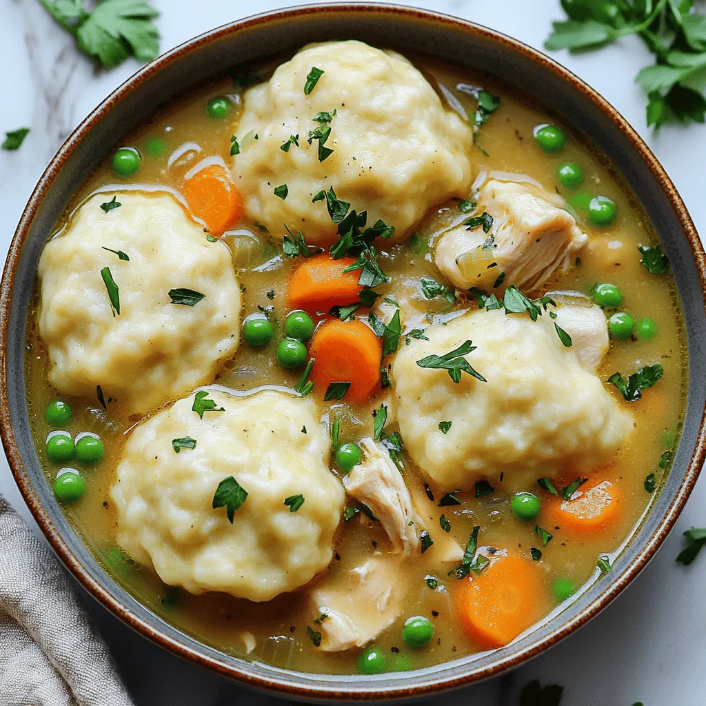 Für dieses Rezept brauchen wir: - 450 g Hähnchenbrustfilets, ohne Haut und Knochen, gewürfelt - 1 l Hühnerbrühe (mit niedrigem Natriumgehalt) - 150 g Karotten, gehackt - 150 g Sellerie, gehackt - 150 g tiefgekühlte Erbsen - 1 mittelgroße Zwiebel, gewürfelt - 2 Knoblauchzehen, fein gehackt Diese Zutaten geben dem Gericht seinen herzhaften Geschmack. Die Hähnchenbrust ist zart und saftig. Die Brühe sorgt für eine leckere Basis. Die Karotten und der Sellerie bringen Farbe und Crunch. Die Erbsen fügen eine süße Note hinzu, die gut zu den anderen Zutaten passt. Für die Knödel benötigen wir: - 125 g Weizenmehl - 2 Teelöffel Backpulver - ½ Teelöffel Salz (für die Knödel) - 240 ml Milch (oder Buttermilch) Die Knödel sind das Herzstück dieses Gerichts. Sie sind fluffig und saugen die Brühe auf. Das Mehl und das Backpulver sorgen für die richtige Textur. Die Milch macht die Knödel weich und lecker. Hier sind die Gewürze und Öle, die wir verwenden: - 2 Esslöffel Olivenöl - 1 Teelöffel getrockneter Thymian - 1 Teelöffel getrockneter Rosmarin - Salz und Pfeffer nach Geschmack Das Olivenöl bringt gesunde Fette und Geschmack. Thymian und Rosmarin geben dem Gericht Aroma und Tiefe. Salz und Pfeffer sorgen dafür, dass alles gut gewürzt ist. Wenn Sie alle Zutaten haben, sind Sie bereit, die Schritte für dieses köstliche Gericht zu befolgen. Für das vollständige Rezept besuchen Sie den Abschnitt "Full Recipe". Zuerst schneiden Sie das Gemüse. Nehmen Sie 150 g Karotten und 150 g Sellerie. Hacken Sie sie klein. Würfeln Sie dann 450 g Hähnchenbrustfilets. Stellen Sie alle Gewürze bereit. Sie brauchen 1 Teelöffel Thymian, 1 Teelöffel Rosmarin, Salz und Pfeffer. Erhitzen Sie 2 Esslöffel Olivenöl in einem großen Topf. Fügen Sie die gewürfelte Zwiebel hinzu. Schwitzen Sie sie etwa 3-4 Minuten an, bis sie durchsichtig ist. Geben Sie 2 fein gehackte Knoblauchzehen, die Karotten und den Sellerie dazu. Lassen Sie das Gemüse weitere 5 Minuten kochen. Fügen Sie die gewürfelten Hähnchenbrustfilets, Thymian, Rosmarin, Salz und Pfeffer hinzu. Braten Sie das Hähnchen 5-7 Minuten, bis es goldbraun ist. Gießen Sie dann 1 l Hühnerbrühe dazu. Bringen Sie die Mischung zum Köcheln und lassen Sie sie 20 Minuten lang kochen. In einer separaten Schüssel vermischen Sie 125 g Weizenmehl, 2 Teelöffel Backpulver und ½ Teelöffel Salz. Fügen Sie nach und nach 240 ml Milch hinzu. Rühren Sie vorsichtig, bis ein Teig entsteht. Setzen Sie kleine Portionen des Knödelteigs auf die Hühner-Mischung. Decken Sie den Topf ab und dämpfen Sie die Knödel etwa 15 Minuten lang. Sie sind fertig, wenn sie fluffig sind. Servieren Sie die Chicken and Dumplings warm und genießen Sie das Gericht! Die perfekte Konsistenz des Teigs ist wichtig. Der Teig sollte weich, aber nicht klebrig sein. Wenn der Teig zu fest ist, wird der Knödel hart. Wenn er zu flüssig ist, zerfällt er beim Kochen. Mischen Sie das Mehl, Backpulver und Salz gut. Fügen Sie die Milch langsam hinzu. Rühren Sie nur, bis alles verbunden ist. Die Dämpfzeit ist entscheidend. Decken Sie den Topf ab, um die Wärme zu halten. Dämpfen Sie die Knödel etwa 15 Minuten. Prüfen Sie nach 10 Minuten, ob sie fluffig sind. Wenn nicht, lassen Sie sie etwas länger. Fügen Sie zusätzliche Kräuter hinzu, um den Geschmack zu verbessern. Frische Petersilie, Schnittlauch oder Basilikum passen gut. Diese Kräuter bringen Farbe und Geschmack. Experimentieren Sie damit, was Ihnen am besten gefällt. Gemüsevariationen machen das Gericht spannend. Statt nur Karotten und Sellerie können Sie auch Zucchini oder Paprika verwenden. Diese geben Farbe und Nährstoffe. Seien Sie kreativ mit dem, was Sie haben. Die Servierweise kann viel ausmachen. Verwenden Sie flache Schalen für eine ansprechende Präsentation. Stellen Sie die Hühner-Mischung zuerst in die Schale. Legen Sie dann die fluffigen Knödel oben drauf. Garnieren Sie jede Schale mit frischer Petersilie. Dies gibt einen schönen Farbkontrast. Sie können auch ein paar Zitronenscheiben daneben legen. Das bringt Frische ins Gericht. Zusätzlich empfehle ich, einen einfachen grünen Salat dazu zu servieren. Dieser passt gut zu den herzhaften Knödeln. {{image_4}} Sie können die Gemüseeinlagen für Chicken and Dumplings leicht ändern. Ich benutze gerne saisonales Gemüse. Im Frühling sind Spargel und Erbsen frisch und lecker. Im Winter sind Karotten, Sellerie und Kartoffeln ideal. - Verwendung von saisonalem Gemüse: Frisches Gemüse bringt mehr Geschmack. Verwenden Sie das, was gerade Saison hat. - Alternative Proteinquellen: Wenn Sie kein Hähnchen mögen, probieren Sie Tofu oder Bohnen. Diese Optionen geben dem Gericht eine neue Wendung. Es gibt auch glutenfreie und vegane Wege, Chicken and Dumplings zu machen. Das macht es für alle zugänglich. - Glutenfreie Mehlalternativen: Statt Weizenmehl verwenden Sie Reismehl oder Mandelmehl. Diese sind leicht und lecker. - Veganes Hühnchen und pflanzliche Brühe: Ersetzen Sie das Hähnchen durch veganes Hühnchen. Verwenden Sie auch Gemüsebrühe, um den Geschmack zu verbessern. Chicken and Dumplings hat viele regionale Varianten. Jede Region hat ihre eigenen Ideen und Zutaten. - Beliebte Anpassungen in verschiedenen Ländern: In den USA gibt es die klassische Version. In England nutzen manche Spinat und Pilze. - Traditionelle Beilagen und Saucen: Servieren Sie das Gericht mit einer Beilage von Salat oder einer würzigen Sauce. Das bringt mehr Geschmack und Abwechslung. Für das vollständige Rezept, schauen Sie sich das Herzhaftes Hühnchen & Knödel Rezept an! Um die Reste von Chicken and Dumplings zu lagern, verwenden Sie einen luftdichten Behälter. Stellen Sie sicher, dass das Gericht abgekühlt ist, bevor Sie es in den Kühlschrank stellen. So bleibt es frisch. Im Kühlschrank hält sich das Gericht etwa 3 bis 4 Tage. Überprüfen Sie immer, ob es noch gut ist, bevor Sie es essen. Um die Reste wieder aufzuwärmen, nutzen Sie eine Mikrowelle oder einen Topf auf dem Herd. Wenn Sie die Mikrowelle verwenden, decken Sie das Essen ab. So bleibt die Feuchtigkeit erhalten. Stellen Sie die Mikrowelle auf hohe Temperatur für 2 bis 3 Minuten. Rühren Sie das Essen einmal um, damit es gleichmäßig warm wird. Wenn Sie einen Topf nutzen, erhitzen Sie das Gericht bei mittlerer Hitze. Fügen Sie etwas Brühe hinzu, damit es nicht austrocknet. Erwärmen Sie es für 5 bis 10 Minuten, bis es heiß ist. Um Chicken and Dumplings einzufrieren, lassen Sie das Gericht zuerst abkühlen. Füllen Sie dann Portionen in gefriergeeignete Behälter. Achten Sie darauf, etwas Platz für die Ausdehnung zu lassen. Das Gericht kann bis zu 3 Monate im Gefrierfach bleiben. Zum Auftauen legen Sie den Behälter über Nacht in den Kühlschrank. Um es wieder aufzuwärmen, verwenden Sie die gleichen Methoden wie oben beschrieben. So bleibt der Geschmack erhalten. Die Zubereitung von Chicken and Dumplings dauert insgesamt etwa 50 Minuten. Die Vorbereitungszeit beträgt etwa 15 Minuten. In dieser Zeit schneiden Sie das Gemüse und würfeln das Hähnchen. Danach kochen Sie die Mischung für etwa 35 Minuten. Es ist einfach und schnell! Ja, Sie können das Rezept im Voraus zubereiten. Kochen Sie die Hühner-Mischung und die Knödel separat. Stellen Sie alles dann in den Kühlschrank. Wenn Sie bereit sind, das Gericht zu essen, erhitzen Sie die Mischung und dampfen Sie die Knödel frisch. So bleibt alles lecker und frisch. Wenn Sie kein Hähnchen verwenden möchten, probieren Sie andere Proteine. Putenbrust ist eine gute Wahl. Auch Tofu oder Tempeh sind tolle Optionen für eine vegane Version. Sie können auch Hülsenfrüchte wie Kichererbsen verwenden, um mehr Eiweiß hinzuzufügen. Zusammenfassend haben wir die Hauptzutaten für Hühnchen und Knödel besprochen. Wir blickten auf die Zubereitung und gaben nützliche Tipps für perfekte Knödel. Variationen, wie glutenfreie Optionen, erweitern deine Möglichkeiten. Denke daran, Reste richtig aufzubewahren und richtig aufzuwärmen. Mit diesen Informationen kannst du deine Version von Chicken and Dumplings meistern. Probiere verschiedene Zutaten aus und finde deinen Favoriten. So wird dein Gericht immer lecker und abwechslungsreich.
