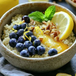 - 1 Tasse Quinoa, gründlich gespült - 2 Tassen Mandelmilch oder Milch nach Wahl - 1 Tasse frische Blaubeeren - 1 große Zitrone (Zesten und Saft) Für dieses Rezept sind die Hauptzutaten wichtig. Quinoa ist der Star und liefert viel Protein. Sie sollten die Quinoa gut spülen, um Bitterkeit zu vermeiden. Mandelmilch oder eine andere Milch gibt dem Gericht eine cremige Textur. Frische Blaubeeren sind süß und gesund. Die Zitrone bringt frische Aromen und einen schönen Kick. - 2 Esslöffel Ahornsirup oder Honig - 1 Teelöffel Vanilleextrakt - 1/2 Teelöffel Zimt - Eine Prise Salz Für den Geschmack nutzen wir süße und aromatische Zutaten. Ahornsirup oder Honig machen die Quinoa süß. Vanilleextrakt fügt einen warmen, süßen Duft hinzu. Zimt bringt einen tollen Geschmack, der gut zu den Blaubeeren passt. Eine Prise Salz hebt die Aromen hervor und macht alles besser. - 1/4 Tasse gehackte Nüsse (z.B. Mandeln oder Walnüsse) - Frische Minzblätter (optional) Die Toppings sind der letzte Schliff. Gehackte Nüsse geben einen knackigen Biss. Mandeln oder Walnüsse sind beide lecker. Frische Minzblätter sind optional, aber sie sehen toll aus und bringen einen frischen Geschmack. Dieses Rezept bietet viele Möglichkeiten für Variation und Kreativität. Schauen Sie sich auch die [Full Recipe] an, um alle Details zu erfahren! Zuerst nehme ich 1 Tasse Quinoa und spüle sie gründlich ab. Danach gebe ich die Quinoa in einen mittelgroßen Kochtopf. Ich füge 2 Tassen Mandelmilch und eine Prise Salz hinzu. Dann bringe ich die Mischung bei mittlerer Hitze zum Kochen. Sobald es kocht, decke ich den Topf ab. Ich lasse die Quinoa 15 bis 20 Minuten köcheln. Die Quinoa ist fertig, wenn sie weich ist und die Flüssigkeit aufgesogen ist. In der Zwischenzeit mache ich das Zitronendressing. Ich nehme eine kleine Schüssel und vermenge die Zitronenzesten, den Zitronensaft, 2 Esslöffel Ahornsirup, 1 Teelöffel Vanilleextrakt und 1/2 Teelöffel Zimt. Dann schmecke ich das Dressing ab. Es sollte frisch und süß sein. Nach dem Kochen nehme ich die Quinoa vom Herd und lockere sie mit einer Gabel auf. Ich rühre das Zitronendressing und 1 Tasse frische Blaubeeren vorsichtig unter. Die Blaubeeren können leicht zerplatzen. Ich serviere die Quinoa warm. Für den letzten Schliff streue ich 1/4 Tasse gehackte Nüsse darüber. Man kann auch frische Minzblätter als Garnierung verwenden. Für die vollständige Anleitung schauen Sie sich das [Full Recipe] an. Um Quinoa gut zuzubereiten, spülen Sie sie gründlich. Das entfernt Bitterkeit. Nutzen Sie ein feines Sieb, damit die kleinen Körner nicht verloren gehen. Spülen Sie sie unter kaltem Wasser für etwa zwei Minuten. So wird der Geschmack viel besser. Sie können die Zuckermenge nach Ihrem Geschmack anpassen. Mögen Sie es süßer? Fügen Sie mehr Ahornsirup hinzu. Wollen Sie es weniger süß? Reduzieren Sie den Zuckergehalt. Außerdem können verschiedene Milcharten den Geschmack verändern. Mandelmilch ist gut, aber probieren Sie auch Kokos- oder Hafermilch. Um das Gericht ansprechend zu servieren, nutzen Sie schöne Schalen. Fügen Sie einen Zweig frische Minze obenauf hinzu. Eine Zitronenscheibe an der Seite macht das Bild lebhaft. Das Auge isst mit, also achten Sie auf die Präsentation! {{image_4}} Für mehr Geschmack kann man andere Beeren verwenden. Himbeeren und Erdbeeren passen gut. Diese Früchte geben einen neuen Twist. Wenn frisch nicht verfügbar ist, nutzen Sie gefrorene Früchte. Gefrorene Beeren sind praktisch und behalten ihren Geschmack. Wenn Sie glutenfrei essen, ist Quinoa perfekt. Es ist von Natur aus glutenfrei. Für eine vegane Variante ersetzen Sie die Milch. Verwenden Sie einfach Pflanzenmilch. So bleibt das Gericht pflanzlich und lecker. Möchten Sie ein herzhaftes Frühstück? Fügen Sie Gemüse wie Spinat oder Paprika hinzu. Auch gekochte Eier oder Tofu sind gute Optionen. Diese Zutaten machen das Gericht nahrhafter und sättigender. Um übrig gebliebene Quinoa aufzubewahren, lassen Sie sie zuerst abkühlen. Geben Sie die Quinoa in einen luftdichten Behälter. Lagern Sie sie im Kühlschrank. Diese Quinoa hält sich etwa 3 bis 5 Tage frisch. Wenn Sie eine Portion für später aufbewahren möchten, teilen Sie sie in kleinere Portionen auf. So können Sie die Quinoa schnell und einfach herausnehmen. Für eine freezer-friendly Zubereitung, lassen Sie die Quinoa vollständig abkühlen. Füllen Sie sie in einen gefrierfesten Behälter oder einen Gefrierbeutel. Achten Sie darauf, die Luft zu entfernen, um Gefrierbrand zu vermeiden. Im Gefrierfach hält die Quinoa bis zu 3 Monate. Wenn Sie bereit sind, sie zu verwenden, tauen Sie die Quinoa einfach im Kühlschrank auf oder erwärmen Sie sie direkt in der Mikrowelle. Wie lange ist das Gericht frisch? Frisch zubereitete Quinoa bleibt im Kühlschrank etwa 3 bis 5 Tage gut. Im Gefrierschrank kann sie einige Monate halten. Achten Sie darauf, sie gut zu lagern, damit sie ihren Geschmack behält. Wenn Sie die Quinoa aufwärmen, prüfen Sie die Konsistenz und den Geschmack. So stellen Sie sicher, dass Ihr leckeres Frühstück immer gut schmeckt! Ja, du kannst Quinoa im Voraus zubereiten. Koche einfach eine große Menge. Lass die Quinoa abkühlen und bewahre sie in einem luftdichten Behälter auf. So bleibt die Quinoa frisch bis zu fünf Tage im Kühlschrank. Du kannst sie auch einfrieren. Teile die Quinoa in Portionen und friere sie in Behältern ein. Wenn du sie brauchst, tau sie einfach im Kühlschrank auf oder erhitze sie in der Mikrowelle. Es gibt viele tolle Zutaten, die du hinzufügen kannst. Hier sind einige beliebte Optionen: - Himbeeren oder Erdbeeren für eine fruchtige Note - Griechischer Joghurt für mehr Cremigkeit - Chiasamen für zusätzliche Nährstoffe - Kokosraspeln für einen tropischen Geschmack - Mandeln oder Walnüsse für Crunch Experimentiere mit verschiedenen Kombinationen, um deinen perfekten Geschmack zu finden. Um die Konsistenz anzupassen, gibt es einige einfache Tipps. Für cremigere Quinoa, füge mehr Flüssigkeit hinzu. Nutze mehr Mandelmilch oder Wasser, während du kochst. Lasse die Quinoa länger köcheln, um sie weicher zu machen. Wenn du eine festere Quinoa möchtest, verwende weniger Flüssigkeit. Achte darauf, die Quinoa gut abzuspülen, um Bitterkeit zu vermeiden. So wird sie immer perfekt! Zusammenfassend haben wir die besten Zutaten für köstliche Quinoa-Gerichte untersucht. Wir haben uns mit Hauptzutaten, Süßungsmitteln und Toppings beschäftigt. Außerdem habe ich dir eine einfache Schritt-für-Schritt-Anleitung gegeben, um Quinoa perfekt zuzubereiten. Du kannst dein Rezept anpassen und viele Variationen ausprobieren. Denke auch an Tipps zur Lagerung und Aufbewahrung. Quinoa ist vielseitig und gesund. Du kannst ihn süß oder herzhaft genießen. Experimentiere mit neuen Zutaten und lass deine Kreativität spielen. Mit diesen Ideen machst du jedes Frühstück besonders.