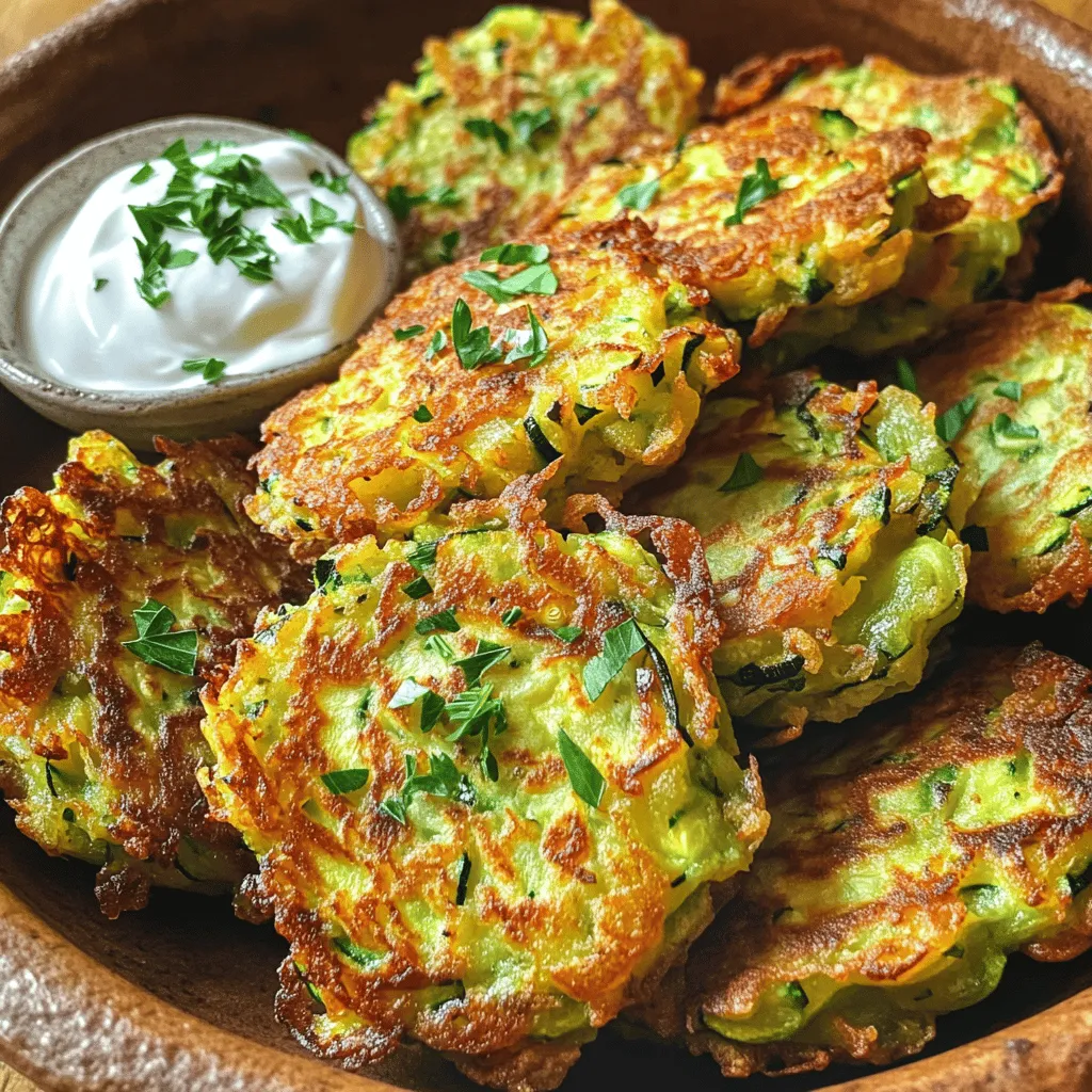 Zuerst reibe die Zucchini. Das geht ganz schnell mit einer Reibe. Danach gib die geriebene Zucchini in ein Sieb. Streue einen Teelöffel Salz darüber. Das Salz zieht die Feuchtigkeit heraus. Lass die Zucchini etwa 15 Minuten stehen. Das hilft, die Fritter knusprig zu machen. Nach 15 Minuten drücke die Zucchini gut aus. Du willst die ganze Feuchtigkeit entfernen. Nutze ein sauberes Geschirrtuch oder Papiertücher. In einer großen Schüssel vermenge die Zucchini mit den anderen Zutaten. Füge das Mehl, den Parmesan, die Petersilie, das verquirlte Ei, den Pfeffer und das Knoblauchpulver hinzu. Mische alles gut, bis eine homogene Masse entsteht. Erhitze etwa 0,5 cm Pflanzenöl in einer großen Pfanne. Die Hitze sollte mittel sein. Wenn das Öl heiß ist, forme die Fritter. Nutze jeweils etwa 2 Esslöffel der Zucchini-Mischung. Drücke sie leicht flach. Brate die Fritter etwa 3-4 Minuten auf jeder Seite. Sie sollten goldbraun und knusprig sein. Lege sie danach auf einen Teller mit Papiertüchern. So kann das überschüssige Öl abtropfen. Wiederhole das mit der restlichen Mischung. Bei Bedarf füge mehr Öl hinzu. Serviere die Fritter warm. Du kannst sie mit Sauerrahm oder Joghurt dippen. Das ist das Schritt-für-Schritt-Anleitung für knusprige Zucchini Fritter. Für das vollständige Rezept schaue dir die Full Recipe an. Um die perfekten Zucchini-Fritter zu machen, müssen wir zwei wichtige Schritte beachten. Zuerst ist das Auspressen der Zucchini entscheidend. Nach dem Reiben, salzen Sie die Zucchini und lassen sie 15 Minuten ruhen. Dadurch zieht das Salz die Feuchtigkeit heraus. Nehmen Sie danach ein sauberes Geschirrtuch und drücken Sie die Zucchini gut aus. So entfernen Sie das überschüssige Wasser. Dies sorgt für eine knusprige Textur. Der zweite Schritt ist die richtige Öltemperatur. Erhitzen Sie das Öl auf mittlerer Hitze. Ein guter Test ist, ein kleines Stück der Mischung ins Öl zu geben. Wenn es sofort brutzelt, ist das Öl bereit. Zu heißes Öl verbrennt die Fritter, während zu kaltes Öl sie fettig macht. Es gibt viele tolle Beilagen und Dips für die Fritter. Ein Klecks Sauerrahm oder Joghurt passt perfekt. Sie können auch eine frische Salsa oder Guacamole dazu servieren. Diese Dips bringen mehr Geschmack und Frische. Für die Präsentation legen Sie die Fritter auf einen bunten Teller. Fügen Sie ein paar frische Kräuter hinzu. Das macht das Gericht ansprechender. Nutzen Sie auch einen schönen Dip-Behälter. So wird das Essen noch einladender. Für das gesamte Rezept schauen Sie sich das [Full Recipe] an. {{image_4}} Eine tolle Möglichkeit, Zucchini-Fritter gesund zu gestalten, ist die Verwendung von glutenfreiem Mehl. Wenn du glutenempfindlich bist, probiere Mandel- oder Reismehl. Diese Mehle geben den Frittern eine andere Textur, die immer noch köstlich ist. Für Veganer gibt es auch eine einfache Lösung. Anstelle von Ei kannst du Leinsamen verwenden. Mische 1 Esslöffel geschrotete Leinsamen mit 3 Esslöffeln Wasser. Lass es kurz quellen, bis es dick wird. So bindet alles zusammen, und du hast gesunde vegane Zucchini-Fritter. Du kannst den Geschmack deiner Fritter leicht verändern. Füge verschiedene Gewürze oder Kräuter hinzu. Frischer Dill oder Schnittlauch geben einen tollen Kick. Auch Paprika oder Kreuzkümmel passen gut dazu. Käse ist eine weitere leckere Ergänzung. Probiere Feta oder Mozzarella für einen cremigen Geschmack. Du kannst auch andere Gemüsearten wie Karotten oder Paprika hinzufügen. Das gibt den Frittern mehr Farbe und Nährstoffe. Für das vollständige Rezept besuche die Seite mit dem Full Recipe. Um die Zucchini-Fritter frisch zu halten, lege sie in den Kühlschrank. Verwende einen luftdichten Behälter. So bleiben sie bis zu drei Tage frisch. Wenn du mehr Zeit hast, friere die Fritter ein. Lege sie nach dem Abkühlen in einen Gefrierbeutel. Achte darauf, die Luft gut herauszudrücken. So bleiben sie bis zu drei Monate genießbar. Um die Fritter wieder knusprig zu machen, nutze den Ofen. Heize ihn auf 180 Grad vor. Lege die Fritter auf ein Backblech und backe sie für etwa 10 Minuten. So werden sie heiß und knusprig. Die Mikrowelle ist nicht ideal, da sie die Fritter weich machen kann. Wenn du die Mikrowelle nutzen musst, stelle die Leistung niedrig ein. Erhitze sie für kurze Zeit, um sie warm zu machen. Aber für beste Ergebnisse ist der Ofen die beste Wahl. Um Zucchini-Fritter knusprig zu machen, musst du Feuchtigkeit vermeiden. Zucchini hat viel Wasser. Wenn du sie reibst, streue Salz darüber und lass sie 15 Minuten stehen. Das hilft, Wasser herauszuziehen. Danach presse die Zucchini gut aus. Nutze ein sauberes Geschirrtuch oder Papiertücher. So bleibt der Teig trocken. Achte auch auf die Öltemperatur. Das Öl sollte heiß sein, aber nicht rauchen. Frittiere die Fritter in kleinen Portionen. So bleibt genug Platz in der Pfanne für die Luftzirkulation. Ja, du kannst Zucchini-Fritter auch im Ofen machen. Das ist eine gesunde Alternative. Heize den Ofen auf 200 Grad Celsius vor. Lege ein Backblech mit Backpapier aus. Forme kleine Portionen des Fritters und lege sie auf das Blech. Besprühe sie leicht mit Öl. Backe die Fritter 20 bis 25 Minuten, bis sie goldbraun sind. Wende sie nach der Hälfte der Zeit. So werden sie gleichmäßig knusprig. Zucchini-Fritter halten sich gut im Kühlschrank. Lagere sie in einem luftdichten Behälter. So bleiben sie frisch. Sie sind bis zu drei Tage haltbar. Wenn du sie länger aufbewahren möchtest, kannst du sie einfrieren. Lege sie zwischen Pergamentpapier in einen Gefrierbeutel. So kleben sie nicht zusammen. Zum Aufwärmen lege sie in den Ofen. So werden sie wieder knusprig. Zucchini-Fritter sind einfach und lecker. Sie bestehen aus wenigen Zutaten und sind schnell zubereitet. Du reibst die Zucchini, vermengst sie mit Parmesan und Gewürzen und briest die Mischung. Für verschiedene Geschmäcker kannst du Variationen ausprobieren, oder gesunde Ersatzstoffe verwenden. Denke daran, dass die richtige Öltemperatur wichtig für die Knusprigkeit ist. Lagere die Fritter richtig, um ihren Geschmack zu erhalten. Ich hoffe, du probierst dieses Rezept aus und genießt die frischen Aromen!