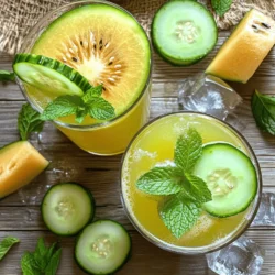 Für den Honigmelonen-Gurken-Cooler benötigst du einige frische Zutaten. Hier sind die Hauptzutaten: - 2 Tassen reife Honigmelone, gewürfelt - 1 große Gurke, geschält und in Scheiben geschnitten - 1 Limette, entsaftet - 1 Esslöffel Honig oder Agavendicksaft (nach Geschmack anpassen) - 2 Tassen Sprudelwasser (oder Limonade) - Frische Minzblätter zum Garnieren - Eiswürfel Jede Zutat bringt ihren eigenen Geschmack mit. Die Honigmelone sorgt für Süße, während die Gurke erfrischt. Wähle reife, süße Honigmelonen. Du erkennst sie an ihrer goldenen Farbe und dem süßen Duft. Die Gurke sollte fest und knackig sein. Vermeide welche mit großen, weichen Flecken. Limetten sollten saftig und grün sein. Frische Minze bringt ein tolles Aroma. Für mehr Geschmack kannst du verschiedene Zusätze verwenden. Probiere etwas frischen Ingwer für einen würzigen Kick. Ein Spritzer Orangen- oder Grapefruitsaft kann die Frische erhöhen. Wenn du es schärfer magst, füge einen Hauch Chili hinzu. Diese Zusätze machen den Drink noch interessanter. Für den Honigmelonen-Gurken-Cooler benötigst du frische Zutaten. Achte darauf, dass die Honigmelone reif ist. Wähle eine saftige, süße Melone für den besten Geschmack. Schäle die Gurke und schneide sie in Scheiben. Halbiere die Limette und presse den Saft aus. Bereite auch das Eis vor. Du kannst die Minzblätter für die Garnierung frisch halten. 1. Gib die gewürfelte Honigmelone, die Gurkenscheiben, den Limettensaft und den Honig in den Mixer. 2. Mixe alles gut durch, bis die Mischung glatt ist. 3. Sei die Mischung in einen Krug, um das Fruchtfleisch zu entfernen. 4. Fülle Gläser mit Eiswürfeln bis zur Hälfte. 5. Gieße die Mischung über das Eis, bis das Glas fast voll ist. 6. Fülle die Gläser mit Sprudelwasser auf und rühre vorsichtig um. 7. Garniere dein Getränk mit frischen Minzblättern und einer Scheibe Gurke oder Melone. Für eine samtige Textur ist das Abseihen wichtig. Wenn du es dicker magst, lass etwas Fruchtfleisch drin. Probiere verschiedene Mengen Honig aus. So findest du die perfekte Süße. Achte darauf, das Sprudelwasser erst kurz vor dem Servieren hinzuzufügen. So bleibt das Getränk spritzig. Um den Honigmelonen-Gurken-Cooler perfekt zuzubereiten, achte auf frische Zutaten. Wähle eine reife Honigmelone und eine knackige Gurke. Diese Zutaten geben deinem Drink den besten Geschmack. Mixe die Zutaten gut, aber nicht zu lange. Eine glatte Konsistenz ist wichtig. Wenn du das Fruchtfleisch abseihst, erhältst du eine feine Textur. Ein häufiger Fehler ist, die Mischung nicht abzusieben. Das Fruchtfleisch kann die Textur stören und den Drink schwer machen. Achte darauf, genug Eis zu verwenden. Zu wenig Eis macht den Drink warm und weniger erfrischend. Verwende frische Minze. Trockenminze hat nicht den gleichen frischen Geschmack. Für eine festliche Note kannst du die Gläser mit Zuckerrand dekorieren. Tauche den Rand der Gläser in Limettensaft und dann in Zucker. Füge eine Scheibe Limette oder Gurke als Garnitur hinzu. Diese Details machen den Drink besonders. Serviere den Cooler in transparenten Gläsern, damit die schönen Farben sichtbar sind. Du kannst auch kleine Pappstrohhalme verwenden, um das Trinken noch spaßiger zu machen. Wenn du mehr über die Zubereitung erfahren möchtest, schaue dir die Full Recipe für den Honigmelonen-Gurken-Cooler an. {{image_4}} Der Honigmelonen-Gurken-Cooler ist perfekt für alle, die keinen Alkohol trinken möchten. Du kannst einfach die normale Version genießen. Wenn du es noch fruchtiger magst, füge etwas Ananassaft hinzu. Das verleiht dem Getränk eine tropische Note. Eine andere Möglichkeit ist, frische Erdbeeren zu pürieren und sie in die Mischung zu geben. So erhältst du eine süße und leckere Variante. Wenn du deinen Cooler anpassen möchtest, probiere verschiedene Kräuter. Basilikum gibt dem Getränk einen frischen Geschmack. Du kannst auch ein paar Stücke Ingwer hinzufügen, um eine leichte Schärfe zu erzielen. Für eine schokoladige Note, füge einen Schuss Kakaopulver hinzu. Diese kleinen Änderungen machen deinen Cooler einzigartig und aufregend. Nutze die saisonalen Früchte, um deinen Cooler zu verfeinern. Im Sommer sind frische Pfirsiche oder Wassermelonen großartige Ergänzungen. Im Winter probiere Zitrusfrüchte wie Orangen oder Grapefruits. Du kannst auch während der Herbstmonate Kürbispüree hinzufügen, um eine herzhafte Variante zu kreieren. Die Anpassung der Zutaten macht das Rezept immer wieder neu und spannend. Für das vollständige Rezept, schau dir die Anleitung für den Honigmelonen-Gurken-Cooler an. Um den Honigmelonen-Gurken-Cooler frisch zu halten, bewahre ihn im Kühlschrank auf. Die kühle Temperatur hilft, die Aromen zu bewahren. Verwende einen luftdichten Behälter, um den Geschmack zu schützen. Ich empfehle, den Drink innerhalb von zwei Stunden nach der Zubereitung zu genießen. So bleibt er spritzig und frisch. Der Honigmelonen-Gurken-Cooler bleibt im Kühlschrank bis zu 24 Stunden haltbar. Nach dieser Zeit können die Frische und der Geschmack nachlassen. Ich rate, die Mischung vor dem Trinken gut umzurühren. So verteilen sich die Aromen gleichmäßig. Wenn du Reste hast, verwende sie schnell. Lange Lagerung kann die Qualität beeinträchtigen. Die Zutaten für den Cooler sind vielseitig. Du kannst die restliche Gurke für Salate nutzen. Die übrig gebliebene Honigmelone eignet sich gut für Smoothies oder Desserts. Auch die Minzblätter lassen sich für andere Getränke verwenden. So verschwenden wir nichts und genießen die frischen Aromen. Das ist nachhaltig und lecker. Die Süße des Honigmelonen-Gurken-Coolers hängt von deinem Geschmack ab. Ich empfehle, mit einem Esslöffel Honig oder Agavendicksaft zu starten. Danach kannst du probieren und nach Bedarf mehr hinzufügen. Die Honigmelone bringt von sich aus viel Süße mit. So bleibt dein Drink frisch und nicht zu süß. Ich mag es, wenn der Cooler leicht süß und erfrischend ist. Ja, du kannst gefrorene Früchte verwenden! Das ist eine tolle Idee, besonders im Sommer. Gefrorene Honigmelone oder Gurken machen deinen Drink kühl und erfrischend. Achte darauf, dass sie ungesüßt sind, um die beste Qualität zu erhalten. Du kannst die gefrorenen Stücke einfach im Mixer verwenden. Sie helfen, den Cooler schön kalt zu halten. Ja, es gibt viele Alternativen zu Sprudelwasser. Du kannst Limonade verwenden, um dem Drink mehr Süße zu geben. Wenn du es weniger süß magst, nutze stilles Wasser. Fruchtsäfte wie Limetten- oder Zitronensaft sind auch eine gute Wahl. Sie bringen mehr Geschmack und Frische. Probiere verschiedene Optionen aus, um deinen perfekten Cooler zu finden! Zusammengefasst, der Honigmelonen-Gurken-Cooler ist ein erfrischendes Getränk, das leicht zuzubereiten ist. Wir haben über die besten Zutaten, die Zubereitung und nützliche Tipps gesprochen. Denk daran, die Qualität der Zutaten spielt eine große Rolle. Variiere das Rezept nach deinem Geschmack und achte auf die Lagerung. Mit diesen Tipps machst du jedes Mal einen perfekten Cooler. Experimentiere und finde deine Lieblingsversion!