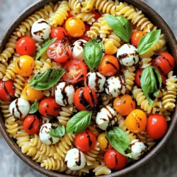 Für einen leckeren Easy Caprese Pasta Salad brauchst du einige Hauptzutaten. Diese Zutaten machen das Gericht frisch und geschmackvoll. Hier ist eine Liste: - 225 g Rotini-Pasta - 240 ml Cherrytomaten, halbiert - 240 g frische Mozzarellakugeln (Bocconcini) - 60 ml frische Basilikumblätter, zerrissen - 45 ml Balsamico-Glasur - 30 ml natives Olivenöl extra - Salz und Pfeffer nach Geschmack Diese Zutaten sind einfach zu finden und machen einen großen Unterschied im Geschmack. Die Kombination aus Pasta, Tomaten und Mozzarella sorgt für eine tolle Textur. Um den Salat noch besser zu machen, kannst du einige zusätzliche Zutaten hinzufügen. Hier sind ein paar Ideen: - Rote Zwiebeln: Sie bringen einen schönen Biss. - Oliven: Sie geben einen salzigen Kick. - Pinienkerne: Sie fügen eine nussige Note hinzu. - Avocado: Sie macht den Salat cremiger. Diese Zutaten bringen neue Geschmäcker ins Spiel. So wird jeder Bissen spannend und lecker. Die Wahl der richtigen Zutaten ist wichtig. Hier sind einige Tipps, um die besten Zutaten zu finden: - Wähle frische Tomaten: Achte darauf, dass sie fest und reif sind. - Verwende hochwertigen Mozzarella: Der Geschmack wird besser, wenn er frisch ist. - Kaufe frisches Basilikum: Es sollte grün und duftend sein. - Nutze extra natives Olivenöl: Es hat den besten Geschmack für Dressings. Mit diesen Tipps kannst du sicherstellen, dass dein Easy Caprese Pasta Salad immer gut schmeckt. Wenn du diese Zutaten gut wählst, wirst du ein wunderbares Gericht kreieren. Du kannst das gesamte Rezept für eine vollständige Anleitung nutzen. Zuerst bringe ich einen großen Topf mit Wasser zum Kochen. Füge eine Prise Salz hinzu. Das hilft der Pasta, gut zu schmecken. Ich verwende 225 g Rotini-Pasta. Diese Pasta ist perfekt für Salate. Sie nimmt die Aromen gut auf. Ich koche die Pasta gemäß den Anweisungen auf der Verpackung, bis sie al dente sind. Das dauert etwa 8 bis 10 Minuten. Nach dem Kochen gieße ich die Pasta ab. Dann spüle ich sie unter kaltem Wasser ab. So stoppe ich den Garprozess und lasse die Pasta abkühlen. In einer großen Rührschüssel kombiniere ich die gekochte Pasta mit 240 ml halbierten Cherrytomaten und 240 g frischen Mozzarellakugeln. Ich achte darauf, dass alles gleichmäßig verteilt ist. Diese Zutaten bringen Frische und Geschmack. Danach füge ich 60 ml zerrissene Basilikumblätter hinzu. Basilikum gibt dem Salat ein tolles Aroma. Ich mische alles vorsichtig, damit die Blätter nicht zerreißen. Jetzt kommt der spannende Teil: das Dressing! Ich träufle 45 ml Balsamico-Glasur und 30 ml natives Olivenöl extra über den Salat. Diese beiden Zutaten bringen einen tollen Geschmack. Mit einem großen Löffel oder einer Zange vermenge ich den Salat sanft. So werden alle Zutaten gut mit dem Dressing bedeckt. Danach würze ich mit Salz und Pfeffer nach Geschmack. Es ist wichtig, den Salat zu probieren und die Würze anzupassen. Ich lasse den Salat 15 bis 30 Minuten im Kühlschrank ruhen. So können sich die Aromen gut verbinden. Wenn ich bereit bin zu servieren, ist der Salat gut gekühlt oder bei Zimmertemperatur perfekt. Um den besten Caprese Pasta Salad zu machen, gibt es einige Fehler, die man vermeiden sollte. Verwenden Sie keine übergekochte Pasta. Sie sollte al dente sein. Achten Sie darauf, frische Zutaten zu nehmen. Alte Tomaten oder Käse ruinieren den Geschmack. Mischen Sie den Salat nicht zu stark. So bleiben die Farben und die Textur schön. Wenn Sie den Salat für eine Feier zubereiten, ist die Vorbereitung wichtig. Kochen Sie die Pasta am Vortag und lassen Sie sie abkühlen. Lagern Sie sie in einem luftdichten Behälter. Bereiten Sie das Dressing separat vor. So bleibt der Salat frisch. Mischen Sie alles erst kurz vor dem Servieren. Das sorgt für einen tollen Look und Geschmack. Dieser Salat ist sehr flexibel. Fügen Sie Avocado für mehr Cremigkeit hinzu. Oliven bringen ein salziges Element. Wenn Sie es schärfer mögen, probieren Sie Chili-Flocken. Für einen mediterranen Touch können Sie auch Artischockenherzen hinzufügen. Jeder kann seinen eigenen Geschmack einbringen, und das macht es besonders. Für das vollständige Rezept, schauen Sie sich die Full Recipe an. {{image_4}} Sie können den Caprese-Pasta-Salat nach Lust und Laune anpassen. Für eine stärkere Geschmacksnote probieren Sie rote Paprika oder Zucchini. Diese Gemüse sind leicht zu schneiden und passen gut zu den anderen Zutaten. Auch Avocado macht den Salat cremiger. Wenn Sie eine nussige Note mögen, fügen Sie Pinienkerne oder Walnüsse hinzu. Diese Zutaten bringen Abwechslung und sind gesund. Wenn Sie Gluten meiden, gibt es tolle Alternativen. Quinoa-Pasta oder Linsen-Pasta sind sehr beliebt. Diese Optionen sind nahrhaft und lecker. Auch Zucchini-Nudeln oder Blumenkohlreis können Sie verwenden, um einen einzigartigen Salat zu kreieren. Diese Alternativen machen den Salat leicht und frisch, ideal für heiße Tage. Das Dressing kann den Geschmack des Salats verändern. Neben Balsamico-Glasur können Sie auch Pesto verwenden. Pesto bringt einen intensiven Geschmack mit sich. Ein einfaches Zitronen-Olivenöl-Dressing ist ebenfalls eine gute Wahl. Mischen Sie frisch gepressten Zitronensaft mit Olivenöl für eine spritzige Note. Experimentieren Sie mit verschiedenen Kräutern, um neue Geschmäcker zu entdecken. Um deinen Easy Caprese Pasta Salad frisch zu halten, benutze einen luftdichten Behälter. Stelle sicher, dass der Behälter gut verschlossen ist. So bleiben die Aromen erhalten. Du kannst auch Frischhaltefolie über die Schüssel legen. Dies hilft, die Feuchtigkeit zu bewahren. Im Kühlschrank hält der Salat etwa 3 bis 5 Tage. Achte darauf, ihn bei einer Temperatur von 4 Grad Celsius oder kälter zu lagern. Nach ein paar Tagen kann der Salat an Frische verlieren. Überprüfe immer den Geruch und das Aussehen, bevor du ihn isst. Wenn du Reste hast, probiere, sie in ein neues Gericht zu verwandeln. Füge den Salat zu einer Omelette hinzu. Du kannst ihn auch in eine Wrap-Füllung geben. Eine andere Idee ist, ihn mit etwas frischem Gemüse zu mischen. So bleibt dein Essen interessant und lecker. Um das Rezept einfacher zu machen, können Sie vorgekochte Pasta verwenden. Diese finden Sie im Supermarkt. Sie müssen nur die Pasta mit den anderen Zutaten mischen. Ein weiteres einfaches Update ist, die Cherrytomaten und Mozzarella in der Packung zu lassen. Schneiden Sie sie nicht und sparen Sie Zeit. Verwenden Sie auch ein fertiges Dressing, um die Zubereitung zu beschleunigen. Ja, Sie können andere Käse verwenden. Feta ist eine gute Wahl. Er gibt einen salzigen Geschmack. Ricotta oder Ziegenkäse sind auch lecker. Wenn Sie einen schmelzbaren Käse mögen, probieren Sie Gouda oder Cheddar. Denken Sie daran, dass der Geschmack variieren kann. Wählen Sie den Käse, den Sie mögen. Zu Caprese Pasta Salad passen viele Beilagen. Gegrilltes Gemüse ist eine tolle Wahl. Auch frisches Brot oder Baguette ergänzt den Salat gut. Wenn Sie etwas Herzhaftes wollen, machen Sie Hähnchenbrust oder Garnelen. Diese Gerichte sind leicht und schnell zuzubereiten. Sie passen perfekt zum Salat. Der Easy Caprese Pasta Salad ist einfach und lecker. Du hast die Hauptzutaten gelernt und erfahren, wie du besondere Aromen hinzufügst. Wir haben die besten Tipps zur Auswahl der Zutaten besprochen und eine Schritt-für-Schritt-Anleitung gegeben. Fehler, die du vermeiden solltest, und Anpassungen für verschiedene Geschmäcker wurden ebenfalls behandelt. Denke daran, wie du den Salat richtig lagerst und lange frisch hältst. Mit diesem Wissen kannst du jetzt kreativ werden und deinen eigenen Salat genießen. Viel Spaß beim Ausprobieren!