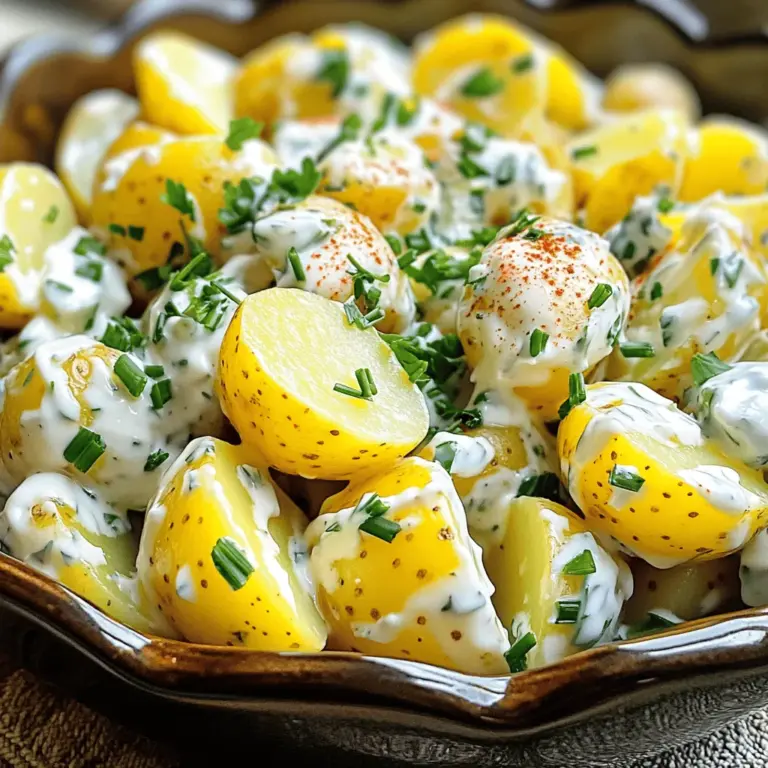 Für meinen klassischen Kartoffelsalat brauche ich frische und einfache Zutaten. Hier sind die Hauptzutaten, die du verwenden solltest: - 900 g Babykartoffeln, halbiert - 240 ml griechischer Joghurt - 120 ml Mayonnaise - 30 g Dijon-Senf - 15 ml Apfelessig - 2,5 g Knoblauchpulver - 2,5 g geräuchertes Paprikapulver - 150 g Sellerie, fein gewürfelt - 75 g rote Zwiebel, fein gewürfelt - 15 g frische Petersilie, gehackt - 15 g frische Schnittlauch, gehackt - Salz und Pfeffer nach Geschmack Diese Zutaten sorgen für einen cremigen und leckeren Salat. Die Babykartoffeln sind klein und zart, perfekt für diesen Salat. Die Gewürze und Kräuter bringen den Geschmack des Salats zum Leben. Hier sind die wichtigsten: - Knoblauchpulver: Gibt einen feinen Geschmack. - Geräuchertes Paprikapulver: Fügt eine rauchige Note hinzu. - Frische Kräuter: Petersilie und Schnittlauch sorgen für Frische. Mit diesen Gewürzen wird dein Kartoffelsalat besonders lecker und einladend. Sie sind einfach zu finden und verbessern den Geschmack sofort. Wenn du einige Zutaten nicht hast oder ändern möchtest, gibt es Alternativen: - Statt griechischem Joghurt kannst du auch saure Sahne verwenden. - Mayonnaise kann mit Avocado ersetzt werden, für einen gesünderen Ansatz. - Anstelle von Dijon-Senf kannst du normalen Senf verwenden. Diese Alternativen können deinem Salat einen neuen Twist geben und ihn noch interessanter machen. Probiere verschiedene Kombinationen, um deinen perfekten Kartoffelsalat zu finden. Für das komplette Rezept, schau dir die Anleitung im [Full Recipe] an. Um den perfekten Kartoffelsalat zu machen, beginne mit den Kartoffeln. Nimm 900 g Babykartoffeln und halbiere sie. Gib die Kartoffeln in einen großen Topf. Bedecke sie mit kaltem Wasser und füge eine Prise Salz hinzu. Bringe das Wasser zum Kochen. Koche die Kartoffeln für etwa 15 bis 20 Minuten. Sie sollten weich sein, aber nicht zerfallen. Wenn sie fertig sind, gieße das Wasser ab und lasse die Kartoffeln abkühlen. Jetzt mache das Dressing. In einer großen Schüssel vermische 240 ml griechischen Joghurt, 120 ml Mayonnaise, 30 g Dijon-Senf, 15 ml Apfelessig, 2,5 g Knoblauchpulver und 2,5 g geräuchertes Paprikapulver. Rühre alles gut um, bis die Mischung glatt und cremig ist. Das Dressing verleiht dem Salat seinen tollen Geschmack. Während die Kartoffeln abkühlen, schneide die anderen Zutaten. Nimm 150 g Sellerie und 75 g rote Zwiebel. Würfle diese klein. Hacke auch 15 g frische Petersilie und 15 g frischen Schnittlauch. Wenn die Kartoffeln abgekühlt sind, gib sie in die Schüssel mit dem Dressing. Füge die gewürfelten Sellerie und Zwiebel sowie die gehackten Kräuter hinzu. Jetzt kommt der wichtigste Schritt: das Abschmecken. Würze den Salat mit Salz und Pfeffer nach deinem Geschmack. Rühre alles vorsichtig um, bis alles gut vermischt ist. Decke die Schüssel ab und stelle den Salat für mindestens 1 Stunde in den Kühlschrank. So können die Aromen gut durchziehen. Das ist das Geheimnis eines köstlichen Kartoffelsalats! Um die perfekte Konsistenz für deinen Kartoffelsalat zu erreichen, achte auf die Kochzeit der Kartoffeln. Koche sie nicht zu lange; sie sollten fest, aber weich sein. Überprüfe sie nach 15 Minuten mit einer Gabel. Wenn sie leicht durchstochen werden können, sind sie bereit. Lass sie nach dem Kochen gut abkühlen. So wird das Dressing nicht warm und die Konsistenz bleibt ideal. Ein cremiges Dressing mit Joghurt und Mayonnaise macht den Salat besonders lecker. Du kannst viele Schritte im Voraus erledigen. Koche die Kartoffeln und lasse sie abkühlen. Bereite das Dressing am Vortag zu und lagere es im Kühlschrank. Das spart Zeit und die Aromen entwickeln sich gut. Du kannst auch das Gemüse schneiden und in einer Schüssel im Kühlschrank aufbewahren. So hast du alles bereit, wenn du den Salat zusammenstellen möchtest. Ein häufiger Fehler ist, die Kartoffeln zu lange zu kochen. Sie werden dann matschig und verlieren ihre Form. Achte darauf, sie nicht zu überwürzen. Schmecke den Salat erst am Ende ab, damit du die Aromen kontrollieren kannst. Ein weiterer Fehler ist, den Salat nicht genug kühlen zu lassen. Lass ihn mindestens eine Stunde im Kühlschrank, damit die Aromen gut durchziehen können. Wenn du diese Tipps beachtest, wird dein Kartoffelsalat einfach und lecker! Für das vollständige Rezept schaue dir die Anleitung im Abschnitt "Vollständiges Rezept" an. {{image_4}} Für eine vegetarische oder vegane Option tauschen Sie die Mayonnaise aus. Verwenden Sie stattdessen pflanzliches Joghurt oder vegane Mayo. Diese Alternativen geben einen ähnlichen Geschmack und eine cremige Textur. Außerdem können Sie einen Spritzer Zitronensaft hinzufügen, um die Frische zu betonen. Um den Kartoffelsalat interessanter zu machen, können Sie weitere Zutaten hinzufügen. Probieren Sie kleine Stücke von gekochten Eiern für mehr Protein. Oliven oder Kapern bringen einen salzigen, herzhaften Kick. Fügen Sie ein paar gewürfelte Gurken für einen knackigen Biss hinzu. Für einen asiatischen Twist können Sie auch einen Spritzer Sojasauce verwenden. In Deutschland gibt es viele regionale Varianten des Kartoffelsalats. In Süddeutschland ist er oft mit Brühe und Essig zubereitet. In Norddeutschland hingegen verwenden viele Mayonnaise. In Österreich findet man oft eine Kombination aus beiden. Jede Region hat ihren eigenen Charme, und es lohnt sich, diese Unterschiede auszuprobieren. Wenn Sie mehr über das klassische Rezept erfahren möchten, schauen Sie sich das Full Recipe an. Um den Kartoffelsalat frisch zu halten, lagere ihn im Kühlschrank. Der Kühlschrank ist die beste Wahl. Stelle sicher, dass der Salat in einem luftdichten Behälter ist. Dies hilft, Luft und Feuchtigkeit fernzuhalten. Vermeide die Lagerung bei Raumtemperatur, da dies das Wachstum von Bakterien fördert. Für eine längere Haltbarkeit solltest du folgende Tipps beachten: - Kühlen: Halte den Salat immer kühl. - Verpacken: Verwende einen festen Behälter. - Verbrauchen: Iss den Salat innerhalb von drei bis fünf Tagen. - Einzelportionen: Teile den Salat in Portionen. So bleibt er länger frisch. Wenn du Reste hast, gibt es viele Möglichkeiten, diese zu nutzen. Du kannst den Salat als Füllung für Sandwiches verwenden. Oder mische ihn mit Eiern für einen leckeren Eiersalat. Du kannst ihn auch zu einem Wrap hinzufügen. Die Möglichkeiten sind bunt und lecker! Kartoffelsalat hält sich gut. Im Kühlschrank bleibt er frisch für etwa drei bis fünf Tage. Achten Sie darauf, ihn gut abzudecken. So bleibt er länger lecker. Nach ein paar Tagen kann er etwas trockener werden. Fügen Sie etwas Dressing hinzu, um ihn frisch zu machen. Ja, das ist eine tolle Idee! Sie können den Kartoffelsalat bis zu einen Tag im Voraus machen. Das gibt den Aromen Zeit, sich zu vermischen. Lagern Sie ihn einfach im Kühlschrank. So sparen Sie Zeit, wenn Gäste kommen oder beim Grillen. Möchten Sie mehr Geschmack? Fügen Sie etwas mehr Dijon-Senf oder frischen Knoblauch hinzu. Auch ein Spritzer Zitrone kann helfen. Für einen scharfen Kick probieren Sie etwas Cayennepfeffer. Frische Kräuter wie Dill oder Estragon sind ebenfalls eine gute Wahl. So wird Ihr Kartoffelsalat einzigartig und lecker! Für das vollständige Rezept, schauen Sie sich das Rezept für den Cremigen Kräuter-Kartoffelsalat an. Kartoffelsalat ist einfach zuzubereiten und sehr beliebt. Wir haben die wichtigsten Zutaten und Schritte durchgenommen. Sie haben gelernt, wie man die perfekte Konsistenz erreicht und häufige Fehler vermeidet. Regionale Variationen bieten zusätzliche Möglichkeiten für Geschmack. Denken Sie daran, den Salat richtig zu lagern, damit er länger frisch bleibt. Nutzen Sie auch Reste kreativ. Mit diesen Tipps und Tricks wird Ihr Kartoffelsalat immer ein Hit sein. Viel Spaß beim Ausprobieren!
