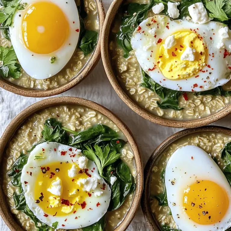 Für diesen herzhaften Haferbrei brauchst du einige Grundzutaten. Hier sind sie: - 1 Tasse Haferflocken (groß) - 2 Tassen Gemüsebrühe - 2 Tassen frischer Spinat, grob gehackt - 1/2 Tasse Feta-Käse, zerbröselt Diese Zutaten bilden die Basis für deinen Haferbrei. Die Haferflocken geben dir eine gute Textur. Die Gemüsebrühe sorgt für einen vollen Geschmack. Frischer Spinat fügt Nährstoffe und Farbe hinzu. Der Feta-Käse bringt eine salzige Cremigkeit. Die richtigen Gewürze machen dein Essen lebendig. Für diesen Rezept verwenden wir: - 1/2 Teelöffel Knoblauchpulver - 1/2 Teelöffel Zwiebelpulver - 1/4 Teelöffel rote Pfefferflocken (optional) - Salz und Pfeffer nach Geschmack - 2 Esslöffel Olivenöl Die Gewürze geben deinem Haferbrei einen tollen Geschmack. Das Olivenöl hilft beim Anbraten des Spinats und macht alles noch schmackhafter. Du kannst deinen Haferbrei nach Belieben garnieren. Hier sind einige Ideen: - 2 große Eier (optional, zum Garnieren) - Frische Kräuter (wie Petersilie oder Dill) Ein gebratenes Ei oben drauf macht den Haferbrei noch reichhaltiger. Die frischen Kräuter bringen Frische und Farbe. Du kannst sie einfach darüber streuen, bevor du servierst. Für das vollständige Rezept, schau dir den Abschnitt "Full Recipe" an. Um diesen herzhaften Haferbrei zuzubereiten, beginne mit der Brühe. Nimm einen mittelgroßen Topf und bringe zwei Tassen Gemüsebrühe zum Kochen. Wenn die Brühe sprudelt, füge eine Tasse große Haferflocken hinzu. Dazu kommen auch Knoblauchpulver, Zwiebelpulver, Salz und Pfeffer. Reduziere die Hitze und lasse die Mischung etwa fünf bis sieben Minuten köcheln. Rühre gelegentlich um, damit die Haferflocken weich werden und die Brühe aufnehmen. Während die Haferflocken kochen, erhitze zwei Esslöffel Olivenöl in einer separaten Pfanne bei mittlerer Hitze. Gib zwei Tassen grob gehackten Spinat hinein. Brate den Spinat für zwei bis drei Minuten an, bis er zusammenfällt und seine Farbe intensiv wird. Diese Schritte bringen viel Geschmack in dein Gericht. Falls du Eier magst, kannst du sie jetzt zubereiten. Brate zwei große Eier in der gleichen Pfanne, wie du den Spinat gemacht hast. Du kannst sie im Spiegelei-Stil zubereiten oder nach deinem Wunsch. Sobald die Haferflocken fertig sind, rühre den sautierten Spinat und eine halbe Tasse zerbröselten Feta-Käse unter. Mixe alles gut durch und schmecke nach Bedarf ab. Serviere den herzhaften Haferbrei in Schalen. Garniere ihn mit einem gebratenen Ei, einer Prise roter Pfefferflocken und frischen Kräutern. So hast du ein gesundes und leckeres Gericht. Für das gesamte Rezept schaue dir den Abschnitt zur Zubereitung an. Um die perfekte Konsistenz für deinen herzhaften Haferbrei zu erreichen, ist die Wahl der Haferflocken wichtig. Grobe Haferflocken geben mehr Biss. Der Schlüssel liegt in der Flüssigkeitsmenge. Verwende zwei Tassen Gemüsebrühe für eine cremige Textur. Achte darauf, die Hitze während des Kochens niedrig zu halten. So können die Haferflocken gleichmäßig quellen. Rühre gelegentlich um, damit nichts anbrennt. Es gibt viele Möglichkeiten, diesen Haferbrei zu variieren. Du kannst zum Beispiel verschiedene Gemüse hinzufügen. Zucchini oder Paprika passen gut dazu. Ein Spritzer Zitronensaft bringt Frische. Wenn du keinen Feta magst, probiere Hüttenkäse oder Avocado. Für einen extra Kick füge etwas geräucherten Paprika hinzu. Das gibt deinem Gericht mehr Tiefe und Geschmack. Hafer ist eine großartige Quelle für Ballaststoffe. Sie helfen der Verdauung und halten dich lange satt. Spinat ist reich an Vitaminen und Mineralstoffen. Er enthält viel Eisen und Antioxidantien. Das macht ihn zu einem Superfood für deine Gesundheit. Gemeinsam bieten Hafer und Spinat eine nährstoffreiche Mahlzeit. Diese Kombination unterstützt dein Wohlbefinden und gibt dir Energie für den Tag. {{image_4}} Für einen veganen Haferbrei lasse den Feta-Käse weg. Du kannst stattdessen Avocado verwenden. Sie bringt eine cremige Textur und gesunde Fette. Auch Kokosmilch ist eine tolle Wahl für einen reichhaltigen Geschmack. Verwende sie statt Gemüsebrühe. So bleibt der Brei vegan und lecker. Es gibt viele Wege, deinen Haferbrei aufzuwerten. Probiere geröstete Nüsse wie Mandeln oder Walnüsse. Sie geben einen tollen Crunch. Auch geröstete Kichererbsen sind eine proteinreiche Option. Für mehr Frische füge Zitrone oder Limette hinzu. Ein Spritzer Zitrussaft macht alles lebendiger. Nutze die Zutaten, die gerade Saison haben. Im Frühling kannst du frische Erbsen oder Spargel hinzufügen. Im Herbst passen Kürbiswürfel gut dazu. Diese Anpassungen bringen neue Aromen und Farben in dein Gericht. So bleibt der herzhaften Haferbrei immer spannend und abwechslungsreich. Wenn du Reste von deinem herzhaften Haferbrei hast, lagere sie in einem luftdichten Behälter. Stelle sicher, dass der Haferbrei vollständig abgekühlt ist, bevor du ihn in den Kühlschrank stellst. So bleiben die Aromen frisch. Du kannst ihn bis zu vier Tage im Kühlschrank aufbewahren. Du kannst den Haferbrei auch einfrieren. Teile ihn einfach in Portionen auf und lege ihn in gefriergeeignete Behälter. So bleibt er bis zu drei Monate frisch. Zum Wiedererwärmen nimm die Portion aus dem Gefrierfach und lasse sie im Kühlschrank über Nacht auftauen. Danach erwärmst du ihn in der Mikrowelle oder auf dem Herd, füge etwas Wasser oder Brühe hinzu, um die Konsistenz zu verbessern. Herzhafter Haferbrei hat eine gute Haltbarkeit. Im Kühlschrank hält er sich vier Tage. Im Gefrierfach bleibt er bis zu drei Monate genießbar. Achte darauf, dass du den Haferbrei bei Anzeichen von Verderb, wie einem unangenehmen Geruch oder einer veränderten Farbe, entsorgst. So bleibst du gesund und sicher! Ja, du kannst das Rezept ohne Feta machen. Feta gibt den Haferflocken einen salzigen Geschmack. Wenn du ihn weglässt, probiere stattdessen etwas Parmesan oder Hefeflocken. Diese Optionen bieten einen ähnlichen Geschmack. Du kannst auch ganz auf Käse verzichten, wenn du das möchtest. Ja, herzhaftes Oatmeal ist sehr gesund. Es enthält Ballaststoffe, die gut für die Verdauung sind. Hafer hat viele Vitamine und Mineralstoffe, die deinen Körper stärken. Spinat ist reich an Eisen und Antioxidantien. Diese Kombination macht das Gericht nahrhaft und sättigend. Die Zubereitung dauert etwa 15 Minuten. In fünf Minuten kochen die Haferflocken und die Gemüsebrühe. Das Anbraten des Spinats braucht nur zwei bis drei Minuten. Wenn du Eier hinzufügst, plane ein paar Minuten mehr ein. So hast du schnell ein leckeres und gesundes Gericht. Probier das Rezept aus und genieße es! Du findest die vollständige Anleitung im Full Recipe. Der herzhafte Haferbrei bietet viele gesunde und köstliche Variationen. Wir haben die wichtigsten Zutaten, die Zubereitungsschritte und hilfreiche Tipps betrachtet. Du kannst kreativ werden und das Rezept deinem Geschmack anpassen. Denke auch daran, Reste richtig zu lagern. Gesund essen kann einfach und lecker sein. Experimentiere und finde deine perfekte Mischung!