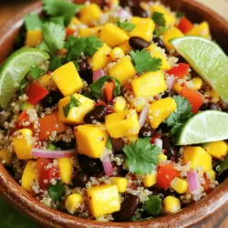 - Quinoa: Die Basis des Salats - Quinoa ist ein nährstoffreiches Korn. Es enthält viel Protein und Ballaststoffe. Dies macht es zu einer tollen Hauptzutat. Quinoa hat einen milden Geschmack. So passt es gut zu vielen anderen Zutaten. - Frische Zutaten: Mango, Paprika und Chili - Mango bringt Süße und saftige Frische. Sie macht den Salat lebendig. Rote Paprika liefert knusprige Textur und zusätzliche Vitamine. Chili fügt einen aufregenden Kick hinzu. Du kannst die Menge je nach Schärfewunsch anpassen. - Dressing-Zutaten: Limettensaft und Olivenöl - Limettensaft gibt dem Salat eine frische Note. Er hebt die Aromen hervor. Olivenöl sorgt für einen reichen, smoothen Geschmack. Zusammen bilden sie ein einfaches, aber leckeres Dressing. - Zusätzliche Gewürze für mehr Geschmack - Du kannst Gewürze wie Kreuzkümmel oder Paprika hinzufügen. Diese geben dem Salat mehr Tiefe. Frischer Koriander ist auch eine tolle Ergänzung. - Decorelemente für die Präsentation - Um den Salat hübsch zu machen, kannst du ihn mit Koriander garnieren. Limettenschnitze sind auch eine schöne Dekoration. So sieht der Salat nicht nur gut aus, sondern schmeckt auch frisch und lecker. Für die vollständige Zubereitung und Detailinformationen schaue dir bitte das [Full Recipe] an. Um die Quinoa perfekt zu kochen, nimm zuerst einen mittelgroßen Topf. Gib die abgespülte Quinoa und zwei Tassen Wasser hinein. Bring das Ganze bei mittlerer bis hoher Hitze zum Kochen. Achte darauf, dass das Wasser nicht überkocht. Wenn es kocht, senke die Hitze auf niedrig. Decke den Topf ab und lass die Quinoa 15 Minuten köcheln. Nach der Zeit sollte das Wasser aufgesogen sein. Nimm den Topf vom Herd und lass die Quinoa für etwa 10 Minuten abkühlen. Lockere sie dann mit einer Gabel auf. Jetzt kommt der spaßige Teil! Die frischen Zutaten machen deinen Salat bunt und lecker. Schneide die Mango, die rote Paprika und die rote Zwiebel in kleine Würfel. Achte darauf, die Chili nach deinem Schärfewunsch zu entkernen und klein zu hacken. Nimm eine große Schüssel und vermische die gewürfelte Mango, die Paprika, die schwarzen Bohnen, den Mais, die Zwiebel und die Chili. Füge den gehackten Koriander hinzu. So entsteht eine frische und farbenfrohe Mischung. Für das Dressing nimm eine kleine Schüssel. Kombiniere den Limettensaft, das Olivenöl, Salz und Pfeffer. Rühre alles gut um, bis es gut vermischt ist. Gieße das Dressing über die Gemüseschüssel. Mische alles sanft, damit sich die Aromen verbinden. Zum Schluss füge die abgekühlte Quinoa hinzu und hebe sie vorsichtig unter. So wird der Salat gleichmäßig gewürzt und lecker. Wenn du möchtest, kannst du noch einmal abschmecken und die Würze anpassen. Für die vollständige Rezeptanleitung schaue dir das Rezept für den Mango Chili Quinoa Power Salad an. Um Quinoa fluffig zu machen, spülen Sie sie gut ab. Das entfernt Bitterstoffe, die den Geschmack stören können. Nutzen Sie dafür ein feines Sieb. Kochen Sie die Quinoa mit der richtigen Menge Wasser. Ein Verhältnis von 1 Tasse Quinoa zu 2 Tassen Wasser funktioniert gut. Lassen Sie die Quinoa nach dem Kochen 10 Minuten ruhen. Dadurch wird sie schön locker. Lagern Sie frische Zutaten in einem kühlen, trockenen Ort. Gemüse wie Paprika und Zwiebeln halten sich im Kühlschrank am besten. Mangos reifen bei Raumtemperatur, können aber auch gekühlt werden, wenn sie reif sind. Bereiten Sie den Salat nicht zu früh vor. Er schmeckt frisch am besten. Eine Vorbereitungszeit von 15 bis 30 Minuten reicht aus. Richten Sie den Salat in großen Schalen an. Garnieren Sie ihn mit frischem Koriander und Limettenschnitzen. Das macht ihn ansprechend und lecker. Kombinieren Sie den Salat mit gegrilltem Hähnchen oder Tofu für ein komplettes Essen. Servieren Sie ihn auch als Beilage zu BBQ-Gerichten. {{image_4}} Wenn du vegetarisch oder vegan isst, ist dieser Salat perfekt für dich. Alle Zutaten sind pflanzlich und gesund. Du kannst auch die Bohnen weglassen, wenn du eine leichtere Option wünschst. Für glutenfreie Ernährung ist die Quinoa schon eine tolle Wahl. Sie enthält kein Gluten und ist sehr nahrhaft. Achte darauf, dass alle anderen Zutaten ebenfalls glutenfrei sind. Manchmal hat man keine Mango zu Hause. Das ist kein Problem! Du kannst auch Ananas oder Papaya verwenden. Diese Früchte bringen ebenfalls Süße und Frische. Wenn du keine schwarzen Bohnen magst, probiere Kichererbsen. Sie sind auch nahrhaft und geben dem Salat eine andere Textur. Die Schärfe des Salats kannst du leicht anpassen. Verwende weniger Chili, wenn du es milder magst. Du kannst auch Jalapeños oder Poblano-Chilis ausprobieren. Diese Sorten geben einen anderen Geschmack. Wenn du den Salat ganz ohne Schärfe magst, lasse die Chili einfach weg. Füge stattdessen etwas mehr Koriander hinzu, um die Frische zu erhöhen. Der Mango Chili Quinoa Power Salad bleibt im Kühlschrank etwa drei bis fünf Tage frisch. Um matschige Zutaten zu vermeiden, bewahre den Salat in einem luftdichten Behälter auf. Teile den Salat in kleinere Portionen auf, wenn du ihn für mehrere Tage vorbereitest. Das hilft, die Frische zu behalten. Wenn du Dressing hinzugefügt hast, ist es besser, dieses separat zu lagern. So bleibt die Textur der Zutaten knackig. Das Einfrieren von Quinoa-Salat ist möglich, aber nicht ideal. Die Textur kann nach dem Auftauen leiden. Wenn du trotzdem einfrierst, verwende einen gefrierfesten Behälter. Achte darauf, die Zutaten gut zu vermischen, bevor du sie einfrierst. Zum Aufwärmen lasse den Salat im Kühlschrank auftauen. Erhitze ihn dann kurz in der Mikrowelle, aber nicht zu lange. So bleiben die Zutaten besser in Form. Der Mango Chili Quinoa Power Salad hält sich im Kühlschrank etwa 3 bis 5 Tage. Achte darauf, den Salat in einem luftdichten Behälter zu lagern. So bleiben die frischen Zutaten knackig und der Geschmack bleibt erhalten. Ja, du kannst die Quinoa im Voraus kochen. Koche sie und lasse sie dann abkühlen. Bewahre die abgekühlte Quinoa in einem luftdichten Behälter auf. So bleibt sie frisch bis zur Verwendung. Du kannst sie bis zu 5 Tage im Kühlschrank lagern. Quinoa ist ein Superfood und reich an Proteinen. Mango ist voller Vitamine und Antioxidantien. Chili steigert den Stoffwechsel und gibt einen tollen Kick. Diese Zutaten machen den Salat nicht nur lecker, sondern auch nahrhaft. Du kannst die vollständige Rezeptanleitung für den Mango Chili Quinoa Power Salad 🥭 finden, um jeden Schritt genau zu verfolgen. So gelingt dir dieses Gericht garantiert! Der Mango Chili Quinoa Power Salad ist eine leckere und gesunde Wahl. Wir haben die Hauptzutaten wie Quinoa, frisches Gemüse und ein einfaches Dressing besprochen. Zudem gab es Tipps zur Zubereitung, perfekten Lagerung und kreativen Variationen. Dieser Salat ist nicht nur nahrhaft, sondern auch vielseitig anpassbar. Egal, ob für ein schnelles Mittagessen oder eine festliche Anrichtung, dieser Salat begeistert. Probiere ihn aus und genieße die frischen Aromen!