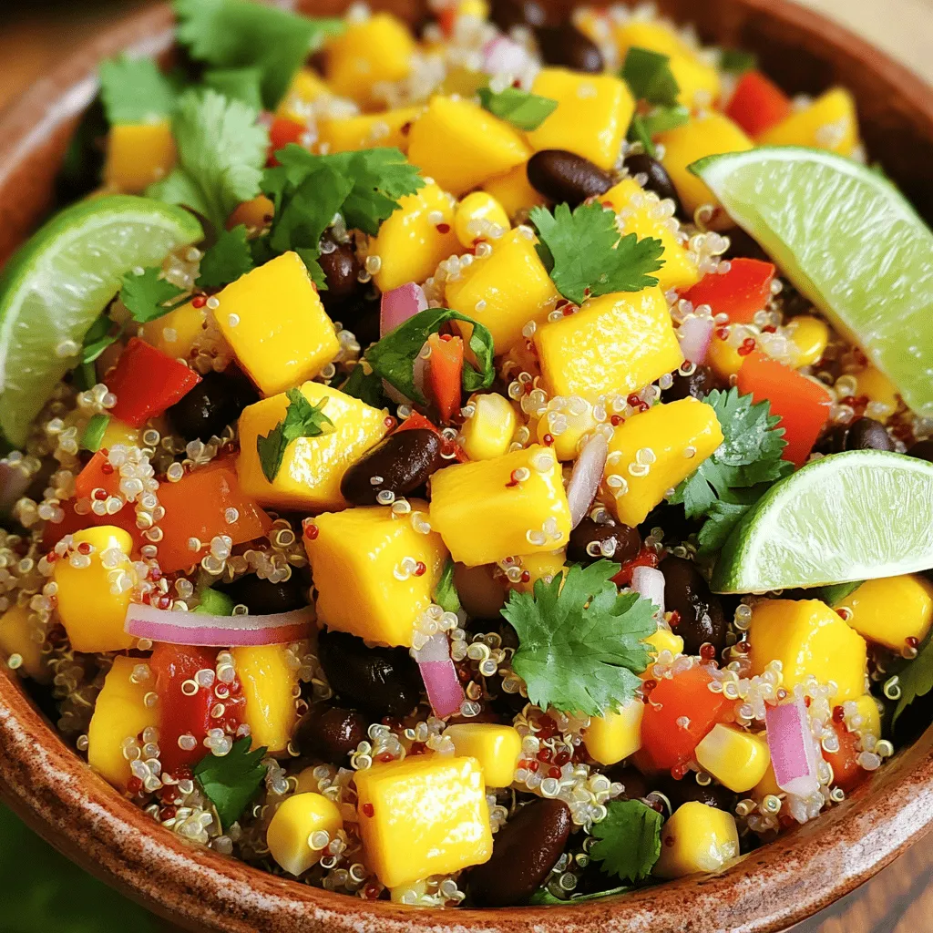 - Quinoa: Die Basis des Salats - Quinoa ist ein nährstoffreiches Korn. Es enthält viel Protein und Ballaststoffe. Dies macht es zu einer tollen Hauptzutat. Quinoa hat einen milden Geschmack. So passt es gut zu vielen anderen Zutaten. - Frische Zutaten: Mango, Paprika und Chili - Mango bringt Süße und saftige Frische. Sie macht den Salat lebendig. Rote Paprika liefert knusprige Textur und zusätzliche Vitamine. Chili fügt einen aufregenden Kick hinzu. Du kannst die Menge je nach Schärfewunsch anpassen. - Dressing-Zutaten: Limettensaft und Olivenöl - Limettensaft gibt dem Salat eine frische Note. Er hebt die Aromen hervor. Olivenöl sorgt für einen reichen, smoothen Geschmack. Zusammen bilden sie ein einfaches, aber leckeres Dressing. - Zusätzliche Gewürze für mehr Geschmack - Du kannst Gewürze wie Kreuzkümmel oder Paprika hinzufügen. Diese geben dem Salat mehr Tiefe. Frischer Koriander ist auch eine tolle Ergänzung. - Decorelemente für die Präsentation - Um den Salat hübsch zu machen, kannst du ihn mit Koriander garnieren. Limettenschnitze sind auch eine schöne Dekoration. So sieht der Salat nicht nur gut aus, sondern schmeckt auch frisch und lecker. Für die vollständige Zubereitung und Detailinformationen schaue dir bitte das [Full Recipe] an. Um die Quinoa perfekt zu kochen, nimm zuerst einen mittelgroßen Topf. Gib die abgespülte Quinoa und zwei Tassen Wasser hinein. Bring das Ganze bei mittlerer bis hoher Hitze zum Kochen. Achte darauf, dass das Wasser nicht überkocht. Wenn es kocht, senke die Hitze auf niedrig. Decke den Topf ab und lass die Quinoa 15 Minuten köcheln. Nach der Zeit sollte das Wasser aufgesogen sein. Nimm den Topf vom Herd und lass die Quinoa für etwa 10 Minuten abkühlen. Lockere sie dann mit einer Gabel auf. Jetzt kommt der spaßige Teil! Die frischen Zutaten machen deinen Salat bunt und lecker. Schneide die Mango, die rote Paprika und die rote Zwiebel in kleine Würfel. Achte darauf, die Chili nach deinem Schärfewunsch zu entkernen und klein zu hacken. Nimm eine große Schüssel und vermische die gewürfelte Mango, die Paprika, die schwarzen Bohnen, den Mais, die Zwiebel und die Chili. Füge den gehackten Koriander hinzu. So entsteht eine frische und farbenfrohe Mischung. Für das Dressing nimm eine kleine Schüssel. Kombiniere den Limettensaft, das Olivenöl, Salz und Pfeffer. Rühre alles gut um, bis es gut vermischt ist. Gieße das Dressing über die Gemüseschüssel. Mische alles sanft, damit sich die Aromen verbinden. Zum Schluss füge die abgekühlte Quinoa hinzu und hebe sie vorsichtig unter. So wird der Salat gleichmäßig gewürzt und lecker. Wenn du möchtest, kannst du noch einmal abschmecken und die Würze anpassen. Für die vollständige Rezeptanleitung schaue dir das Rezept für den Mango Chili Quinoa Power Salad an. Um Quinoa fluffig zu machen, spülen Sie sie gut ab. Das entfernt Bitterstoffe, die den Geschmack stören können. Nutzen Sie dafür ein feines Sieb. Kochen Sie die Quinoa mit der richtigen Menge Wasser. Ein Verhältnis von 1 Tasse Quinoa zu 2 Tassen Wasser funktioniert gut. Lassen Sie die Quinoa nach dem Kochen 10 Minuten ruhen. Dadurch wird sie schön locker. Lagern Sie frische Zutaten in einem kühlen, trockenen Ort. Gemüse wie Paprika und Zwiebeln halten sich im Kühlschrank am besten. Mangos reifen bei Raumtemperatur, können aber auch gekühlt werden, wenn sie reif sind. Bereiten Sie den Salat nicht zu früh vor. Er schmeckt frisch am besten. Eine Vorbereitungszeit von 15 bis 30 Minuten reicht aus. Richten Sie den Salat in großen Schalen an. Garnieren Sie ihn mit frischem Koriander und Limettenschnitzen. Das macht ihn ansprechend und lecker. Kombinieren Sie den Salat mit gegrilltem Hähnchen oder Tofu für ein komplettes Essen. Servieren Sie ihn auch als Beilage zu BBQ-Gerichten. {{image_4}} Wenn du vegetarisch oder vegan isst, ist dieser Salat perfekt für dich. Alle Zutaten sind pflanzlich und gesund. Du kannst auch die Bohnen weglassen, wenn du eine leichtere Option wünschst. Für glutenfreie Ernährung ist die Quinoa schon eine tolle Wahl. Sie enthält kein Gluten und ist sehr nahrhaft. Achte darauf, dass alle anderen Zutaten ebenfalls glutenfrei sind. Manchmal hat man keine Mango zu Hause. Das ist kein Problem! Du kannst auch Ananas oder Papaya verwenden. Diese Früchte bringen ebenfalls Süße und Frische. Wenn du keine schwarzen Bohnen magst, probiere Kichererbsen. Sie sind auch nahrhaft und geben dem Salat eine andere Textur. Die Schärfe des Salats kannst du leicht anpassen. Verwende weniger Chili, wenn du es milder magst. Du kannst auch Jalapeños oder Poblano-Chilis ausprobieren. Diese Sorten geben einen anderen Geschmack. Wenn du den Salat ganz ohne Schärfe magst, lasse die Chili einfach weg. Füge stattdessen etwas mehr Koriander hinzu, um die Frische zu erhöhen. Der Mango Chili Quinoa Power Salad bleibt im Kühlschrank etwa drei bis fünf Tage frisch. Um matschige Zutaten zu vermeiden, bewahre den Salat in einem luftdichten Behälter auf. Teile den Salat in kleinere Portionen auf, wenn du ihn für mehrere Tage vorbereitest. Das hilft, die Frische zu behalten. Wenn du Dressing hinzugefügt hast, ist es besser, dieses separat zu lagern. So bleibt die Textur der Zutaten knackig. Das Einfrieren von Quinoa-Salat ist möglich, aber nicht ideal. Die Textur kann nach dem Auftauen leiden. Wenn du trotzdem einfrierst, verwende einen gefrierfesten Behälter. Achte darauf, die Zutaten gut zu vermischen, bevor du sie einfrierst. Zum Aufwärmen lasse den Salat im Kühlschrank auftauen. Erhitze ihn dann kurz in der Mikrowelle, aber nicht zu lange. So bleiben die Zutaten besser in Form. Der Mango Chili Quinoa Power Salad hält sich im Kühlschrank etwa 3 bis 5 Tage. Achte darauf, den Salat in einem luftdichten Behälter zu lagern. So bleiben die frischen Zutaten knackig und der Geschmack bleibt erhalten. Ja, du kannst die Quinoa im Voraus kochen. Koche sie und lasse sie dann abkühlen. Bewahre die abgekühlte Quinoa in einem luftdichten Behälter auf. So bleibt sie frisch bis zur Verwendung. Du kannst sie bis zu 5 Tage im Kühlschrank lagern. Quinoa ist ein Superfood und reich an Proteinen. Mango ist voller Vitamine und Antioxidantien. Chili steigert den Stoffwechsel und gibt einen tollen Kick. Diese Zutaten machen den Salat nicht nur lecker, sondern auch nahrhaft. Du kannst die vollständige Rezeptanleitung für den Mango Chili Quinoa Power Salad 🥭 finden, um jeden Schritt genau zu verfolgen. So gelingt dir dieses Gericht garantiert! Der Mango Chili Quinoa Power Salad ist eine leckere und gesunde Wahl. Wir haben die Hauptzutaten wie Quinoa, frisches Gemüse und ein einfaches Dressing besprochen. Zudem gab es Tipps zur Zubereitung, perfekten Lagerung und kreativen Variationen. Dieser Salat ist nicht nur nahrhaft, sondern auch vielseitig anpassbar. Egal, ob für ein schnelles Mittagessen oder eine festliche Anrichtung, dieser Salat begeistert. Probiere ihn aus und genieße die frischen Aromen!