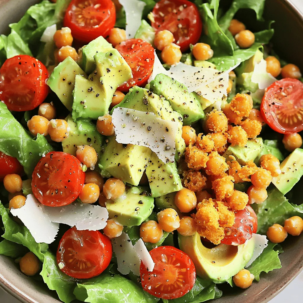 - 1 große Romaine-Latte, grob gehackt - 1 Tasse Kirschtomaten, halbiert - ½ Tasse geriebener Parmesan-Käse - 1 Avocado, gewürfelt Die Romaine-Latte ist wichtig. Sie gibt dem Salat einen knackigen Biss. Kirschtomaten fügen eine süße Note hinzu. Die Avocado bringt Cremigkeit. Parmesan-Käse gibt viel Geschmack und macht den Salat reichhaltig. - 2 Esslöffel Zitronensaft - 1 Esslöffel Dijon-Senf - ½ Tasse griechischer Joghurt - ¼ Tasse Olivenöl - Gewürze: Salz, Pfeffer, 1 Esslöffel gehackter Knoblauch Das Dressing ist ein Schlüssel zum Erfolg. Der Zitronensaft bringt Frische. Dijon-Senf fügt eine leichte Schärfe hinzu. Griechischer Joghurt macht das Dressing cremig, ohne zu schwer zu sein. Olivenöl sorgt für einen runden Geschmack. Gewürze und Knoblauch bringen den nötigen Kick. Für die vollständige Zubereitung schauen Sie sich das [Full Recipe] an. Heizen Sie Ihren Ofen auf 200°C vor. Nehmen Sie eine Dose Kichererbsen und spülen Sie sie gut ab. Trocknen Sie die Kichererbsen mit einem Küchentuch. Verteilen Sie die Kichererbsen gleichmäßig auf einem Backblech. Beträufeln Sie sie mit etwas Olivenöl. Streuen Sie eine Prise Knoblauchpulver darüber. Rösten Sie die Kichererbsen 20 bis 25 Minuten lang. Sie sollten knusprig und goldbraun sein. Diese Kichererbsen geben dem Salat einen tollen Crunch. Für das Dressing nehmen Sie eine kleine Schüssel oder einen Mixer. Fügen Sie 2 Esslöffel Zitronensaft hinzu. Geben Sie 1 Esslöffel Dijon-Senf und 1 Esslöffel gehackten Knoblauch dazu. Fügen Sie ½ Tasse griechischen Joghurt und ¼ Tasse Olivenöl hinzu. Streuen Sie eine Prise Salz und Pfeffer hinein. Pürieren Sie alles, bis die Mischung glatt ist. Probieren Sie das Dressing und passen Sie den Geschmack an. So wird es perfekt für Ihren Salat. In einer großen Schüssel nehmen Sie 1 große Romaine-Latte und hacken sie grob. Fügen Sie 1 Tasse halbierte Kirschtomaten hinzu. Geben Sie 1 gewürfelte Avocado dazu. Streuen Sie die knusprigen Kichererbsen über die Mischung. Dann kommt ½ Tasse geriebener Parmesan-Käse. Beträufeln Sie alles großzügig mit dem hausgemachten Caesar-Dressing. Mischen Sie den Salat vorsichtig, bis alles gut vermengt ist. Würzen Sie mit frisch gemahlenem schwarzem Pfeffer. Garnieren Sie, wenn gewünscht, mit gehackter Petersilie. Servieren Sie sofort, um die Frische zu genießen. Um die Knusprigkeit der Kichererbsen zu maximieren, nimm frische Kichererbsen aus der Dose. Spüle sie gut ab und trockne sie mit einem Küchentuch. Das Trocknen hilft, die Feuchtigkeit zu entfernen. Lege sie gleichmäßig auf ein Backblech. Beträufle sie mit etwas Olivenöl und bestreue sie mit Knoblauchpulver. Röste sie bei 200°C für 20-25 Minuten. Achte darauf, dass sie goldbraun und knusprig sind. Wenn du keine Lust hast zu rösten, probiere Kichererbsen aus der Pfanne zu braten. Das funktioniert auch gut und spart Zeit. Für vegetarische und vegane Optionen kannst du das Caesar-Dressing leicht anpassen. Statt griechischem Joghurt verwende einen pflanzlichen Joghurt. Das gibt dir die gleiche cremige Konsistenz. Wenn du eine würzige Note möchtest, füge einen Teelöffel Sriracha oder scharfen Senf hinzu. Für ein besonderes Aroma probiere frische Kräuter wie Basilikum oder Thymian. Sie verleihen dem Dressing eine neue Tiefe. Das sind einfache Anpassungen, die den Salat aufregend machen. {{image_4}} Um Ihren Caesar-Salat zu verbessern, können Sie einige leckere Zutaten hinzufügen. - Proteine wie Hühnchen oder Garnelen: Gegrilltes Hühnchen oder Garnelen bringen Geschmack und machen den Salat sättigender. - Weitere Gemüse und Nüsse: Fügen Sie Paprika, Radieschen oder geröstete Nüsse hinzu. Diese bringen Crunch und zusätzliche Nährstoffe. Das Dressing ist ein wichtiger Teil des Caesar-Salats. Sie können es nach Ihrem Geschmack anpassen. - Alternativen zu griechischem Joghurt: Verwenden Sie saure Sahne oder eine pflanzliche Joghurt-Option. Diese bieten einen anderen Geschmack und eine cremige Konsistenz. - Verwendung von Fertigdressings: Wenn Sie wenig Zeit haben, sind Fertigdressings eine schnelle Lösung. Achten Sie darauf, eine gute Qualität zu wählen. Mit diesen Variationen können Sie Ihren Caesar-Salat immer wieder neu gestalten und genießen! Haltbarkeit im Kühlschrank Sie können den Caesar-Salat etwa 2 bis 3 Tage im Kühlschrank aufbewahren. Lagern Sie ihn in einem luftdichten Behälter. So bleibt der Salat frisch. Achten Sie darauf, das Dressing separat aufzubewahren. Das verhindert, dass der Salat matschig wird. Tipps zur Frische Um die Frische zu bewahren, verwenden Sie frisches Gemüse. Verbrauchen Sie den Salat schnell. Wenn Sie das Dressing erst kurz vor dem Servieren hinzufügen, bleibt der Salat knusprig. Kichererbsen einfrieren Kichererbsen können Sie gut einfrieren. Kochen Sie sie zunächst und lassen Sie sie abkühlen. Füllen Sie sie dann in einen Behälter oder einen Beutel. So bleiben sie bis zu 3 Monate frisch. Wenn Sie sie brauchen, einfach auftauen und rösten. Dressings im Voraus vorbereiten Sie können das Dressing auch im Voraus herstellen. Füllen Sie es in ein Glas und stellen Sie es in den Kühlschrank. Es hält sich bis zu einer Woche. Rühren Sie es vor der Verwendung gut um. So ist es immer bereit für Ihren Salat. Wenn du keinen Anchovis magst, gibt es tolle Alternativen. Du kannst Kapern verwenden, um einen salzigen Geschmack zu bekommen. Eine andere Option ist, etwas Sojasauce oder Worcestershire-Sauce hinzuzufügen. Diese Zutaten geben Tiefe und helfen, den Geschmack zu verbessern. Probiere es einfach aus und finde heraus, was dir am besten schmeckt. Caesar-Salat kann gesund sein, aber es hängt von den Zutaten ab. Die Romaine-Latte ist knackig und nahrhaft. Sie enthält Vitamine und Mineralien. Du kannst das Dressing mit griechischem Joghurt machen, um weniger Fett zu haben. Außerdem kannst du weniger Käse verwenden oder ihn ganz weglassen. So wird der Salat leichter und gesünder. Das Rezept ergibt vier Portionen. Du kannst es leicht anpassen. Wenn du mehr Gäste hast, verdopple einfach die Zutaten. Für weniger Portionen kannst du die Mengen teilen. So bleibt der Salat frisch und lecker. Der Caesar-Salat kommt aus Mexiko. Er wurde in den 1920er Jahren von Caesar Cardini erfunden. Cardini war ein italienischer Koch, der in Tijuana lebte. Der Salat war ein großer Erfolg und wurde schnell beliebt. Heute ist er ein Klassiker in vielen Restaurants weltweit. Wir haben alles über den klassischen Caesar-Salat besprochen. Die frischen Zutaten sind wichtig, darunter Romaine und Kirschtomaten. Dein Dressing wird mit Joghurt und Gewürzen perfekt. Die Zubereitung der Kichererbsen ergibt zusätzlich Knusprigkeit. Denke an Anpassungen für verschiedene Geschmäcker. Haltbarkeit im Kühlschrank sicherstellt Frische. Nun bist du bereit, deinen eigenen Caesar-Salat zubereiten! Experimentiere mit Zutaten und genieße die leckeren Variationen.