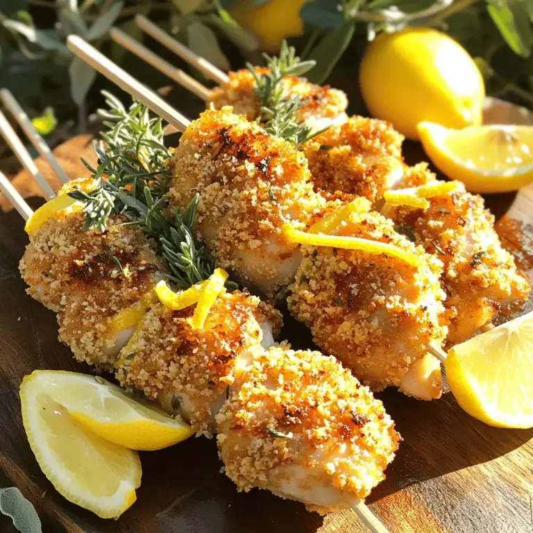Für dieses Rezept benötigst du: - 450g Hähnchenoberkeulen, ohne Knochen und Haut, in 2,5 cm große Stücke geschnitten - 2 Esslöffel Olivenöl - Schale und Saft von 1 großer Zitrone - 3 Knoblauchzehen, fein gehackt - 1 Esslöffel frischer Rosmarin, gehackt - 1 Esslöffel frischer Thymian, gehackt - 1 Teelöffel Paprika - Salz und Pfeffer nach Geschmack - 1 Tasse Semmelbrösel (vorzugsweise Panko für extra Knusprigkeit) - Holz- oder Metallspieße (bei Holzspießen: vor der Benutzung 30 Minuten in Wasser einweichen) Die Marinade ist der Schlüssel zu vollem Geschmack. Verwende frische Kräuter und Zitrone. Diese geben dem Hähnchen eine tolle Frische. Du kannst die Mengen anpassen, um deinen Geschmack zu treffen. Für dieses Rezept brauchst du: - Eine große Schüssel für die Marinade - Einen Schneebesen, um alles gut zu vermischen - Grill oder Ofen zum Garen - Spieße, um das Hähnchen zu halten - Einen flachen Teller für die Semmelbrösel So, nun bist du bereit, mit der Zubereitung zu starten. Das Rezept ist einfach, und die Zutaten sind leicht zu finden. Du wirst das Ergebnis lieben! Wenn du mehr über die Zubereitung erfahren möchtest, schau dir das [Full Recipe] an. Um die Marinade zu machen, nehmen Sie eine große Schüssel. Geben Sie das Olivenöl, die Zitronenschale und den Zitronensaft hinein. Fügen Sie dann den fein gehackten Knoblauch, den Rosmarin und den Thymian hinzu. Streuen Sie die Paprika, das Salz und den Pfeffer dazu. Rühren Sie alles gut um, bis es gut vermischt ist. Diese Mischung sorgt für einen tollen Geschmack. Jetzt ist es Zeit, das Hähnchen zu marinieren. Schneiden Sie die Hähnchenoberkeulen in Stücke. Geben Sie die Hähnchenstücke in die Schüssel mit der Marinade. Rühren Sie um, bis alle Stücke gut bedeckt sind. Decken Sie die Schüssel ab und stellen Sie sie in den Kühlschrank. Lassen Sie das Hähnchen mindestens 30 Minuten marinieren. Je länger, desto besser wird der Geschmack. Heizen Sie den Grill oder den Ofen auf 200°C vor. Wenn Sie den Grill verwenden, ölen Sie die Roste. Nehmen Sie die Hähnchenstücke aus dem Kühlschrank und stecken Sie sie auf die Spieße. Lassen Sie etwas Platz zwischen den Stücken. Wälzen Sie die Spieße in Semmelbröseln, damit sie knusprig werden. Legen Sie die Spieße auf den Grill oder ein Backblech. Grillen oder backen Sie sie für 15-20 Minuten. Wenden Sie die Spieße gelegentlich, bis sie goldbraun sind. Die Innentemperatur sollte 74°C erreichen. Für das volle Rezept schauen Sie bitte in den entsprechenden Abschnitt. Um die beste Knusprigkeit zu bekommen, nutzen Sie Panko-Semmelbrösel. Panko ist leichter und luftiger. Dies hilft, dass die Hähnchenspieße beim Frittieren oder Grillen knusprig werden. Achten Sie darauf, die Spieße gut in die Semmelbrösel zu drücken. Dies sorgt für eine schöne, knusprige Schicht. Grillen ist eine tolle Methode für diese Spieße. Heizen Sie den Grill gut vor. Ölen Sie die Roste, damit das Hähnchen nicht kleben bleibt. Wenn Sie im Ofen backen, verwenden Sie ein Backblech mit Backpapier. So bleibt alles schön sauber. Stellen Sie sicher, dass Sie die Spieße regelmäßig wenden. So garen sie gleichmäßig und werden goldbraun. Die Marinierzeit ist wichtig. Lassen Sie das Hähnchen mindestens 30 Minuten marinieren. Eine Stunde ist noch besser. So zieht die Marinade gut ein und macht das Fleisch zart. Der Zitronensaft sorgt für Frische und Geschmack. Frische Kräuter geben mehr Aroma. Probieren Sie, das Hähnchen über Nacht zu marinieren, wenn es die Zeit erlaubt. So wird der Geschmack noch intensiver. Für das vollständige Rezept, schauen Sie sich die [Full Recipe] an. {{image_4}} Wenn du keine Hähnchenoberkeulen magst, versuche diese Variationen: - Hähnchenbrust: Zarter und magerer. - Rindfleisch: Für eine herzhaftere Option. - Lamm: Gibt einen kräftigen Geschmack. - Gemüse: Zucchini, Paprika oder Champignons sind toll. Schneide sie in gleichmäßige Stücke. So garen sie gut und gleichmäßig. Die Marinade ist anpassbar. Hier sind einige Ideen: - Basilikum und Oregano: Für einen italienischen Touch. - Chili-Pulver: Macht die Spieße scharf. - Kreuzkümmel: Fügt eine erdige Note hinzu. - Koriander: Gibt einen frischen Geschmack. Experimentiere mit deinen Lieblingskräutern und Gewürzen. Du kannst das Rezept leicht anpassen: - Glutenfrei: Verwende glutenfreie Semmelbrösel. - Paleo: Lass die Semmelbrösel weg und nutze Mandeln. - Vegan: Tausche das Hähnchen gegen Tofu oder Tempeh aus. Diese Anpassungen machen das Rezept für alle geeignet. Du kannst das Gericht nach deinem Geschmack gestalten. Für das vollständige Rezept, schau dir bitte die Anleitung an. Um übrig gebliebene Spieße gut zu lagern, lassen Sie sie erst abkühlen. Legen Sie die Spieße dann in einen luftdichten Behälter. Sie können die Spieße bis zu drei Tage im Kühlschrank aufbewahren. Achten Sie darauf, dass die Spieße nicht von anderen Lebensmitteln in Kontakt kommen. So bleibt ihr Geschmack frisch. Wenn Sie die marinierte Hähnchenmischung aufbewahren möchten, können Sie sie einfrieren. Geben Sie die marinierten Hähnchenstücke in einen Gefrierbeutel. Drücken Sie die Luft heraus und verschließen Sie den Beutel gut. Im Gefrierfach bleibt die Marinade bis zu drei Monate haltbar. Zum Auftauen legen Sie den Beutel in den Kühlschrank, bis das Hähnchen weich ist. Um die Spieße wieder aufzuwärmen, nutzen Sie den Grill oder den Ofen. Heizen Sie den Ofen auf 180°C vor und legen Sie die Spieße auf ein Blech. Erwärmen Sie sie für etwa 10 Minuten. Achten Sie darauf, dass das Hähnchen heiß ist. Für eine schöne Präsentation, richten Sie die Spieße auf einer Platte an. Fügen Sie Zitronenspalten und frische Kräuter hinzu. So sehen sie frisch und einladend aus. Genießen Sie die Spieße mit einem Dip oder einem Salat. Für das vollständige Rezept schauen Sie in die [Full Recipe]. Das Hähnchen sollte mindestens 30 Minuten mariniert werden. Für noch besseren Geschmack empfehle ich, es eine Stunde lang im Kühlschrank zu lassen. So zieht die Marinade tief ein. Wenn du mehr Zeit hast, lass es bis zu vier Stunden marinieren. Das macht das Hähnchen zarter und aromatischer. Zu Crispy Lemon Herb Chicken Skewers passen viele leckere Beilagen. Hier sind einige Vorschläge: - Ein frischer gemischter Salat - Gebratene oder gegrillte Gemüse - Reis oder Quinoa - Tzatziki als Dip - Knoblauchbrot Diese Optionen ergänzen den Geschmack der Spieße und machen die Mahlzeit bunt und gesund. Ja, dieses Rezept kann glutenfrei sein. Verwende glutenfreie Semmelbrösel, um die Spieße knusprig zu machen. Achte darauf, dass auch das Olivenöl und die Gewürze glutenfrei sind. So kannst du das Gericht ohne Sorgen genießen. Für das vollständige Rezept und weitere Tipps schaue dir die [Full Recipe] an. In diesem Blogbeitrag haben wir die Hauptzutaten und die Zubereitung der Crispy Lemon Herb Chicken Skewers besprochen. Dazu gehörten wichtige Tipps für die perfekte Knusprigkeit und leckere Variationen. Ich hoffe, diese Schritte helfen dir, köstliche Spieße zuzubereiten. Mit der richtigen Marinade und Technik kannst du beeindruckende Gerichte kreieren. Denke daran, mit verschiedenen Zutaten zu experimentieren und die Reste gut zu lagern. So bleibt der Genuss lange erhalten!