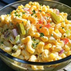 Für einen großartigen Macaroni-Salat brauchen Sie frische und einfache Zutaten. Hier sind die Hauptzutaten: - 2 Tassen Ellbogen-Makkaroni - 1 Tasse Mayonnaise - 1 Esslöffel Dijon-Senf - 1 Esslöffel Apfelessig - 1 Tasse Sellerie, fein gehackt - 1 Tasse rote Paprika, gewürfelt - 1/2 Tasse rote Zwiebel, fein gehackt - 1/2 Tasse süße Gewürzgurken, gewürfelt - 1/4 Tasse frische Petersilie, gehackt - Salz und Pfeffer nach Geschmack - 1/4 Teelöffel Paprika (zum Garnieren) Diese Zutaten bringen Farbe und Geschmack auf Ihren Tisch. Die Ellbogen-Makkaroni sind die Basis, während die anderen Zutaten frische Aromen hinzufügen. Das richtige Gewürz macht einen großen Unterschied. Neben Salz und Pfeffer können Sie auch etwas Paprika verwenden. Dies verleiht dem Salat ein schönes Aussehen und zusätzlichen Geschmack. Dijon-Senf bringt eine feine Schärfe ins Dressing. Apfelessig gibt einen leichten, frischen Kick. Diese Zutaten sind einfach, aber sehr wichtig für den Geschmack. Um den Salat einfach zuzubereiten, sind einige Utensilien hilfreich. Ein großer Topf zum Kochen der Makkaroni ist notwendig. Ein Schneidebrett und ein scharfer Messer helfen beim Hacken des Gemüses. Eine große Rührschüssel ist wichtig, um alles gut zu vermischen. Ein Esslöffel und eine Gabel sind nützlich, um die Zutaten zu vermengen und zu probieren. Wenn Sie alles bereit haben, geht es schnell. Für das komplette Rezept schauen Sie sich den Abschnitt "Full Recipe" an. Um den perfekten klassischen Macaroni-Salat zu machen, beginne mit den Makkaroni. Bring in einem großen Topf gesalzenes Wasser zum Kochen. Füge dann die Ellbogen-Makkaroni hinzu. Koche sie nach den Anweisungen auf der Verpackung. Sie sollten al dente sein, also nicht zu weich. Wenn sie fertig sind, gieße sie ab und spüle sie mit kaltem Wasser. Das stoppt den Kochprozess und hält die Makkaroni fest. Jetzt ist es Zeit für das Dressing. Nimm eine große Rührschüssel und füge die Mayonnaise, den Dijon-Senf und den Apfelessig hinzu. Rühre alles gut um, bis die Mischung schön glatt und cremig ist. Das ist die Basis für deinen Salat. Es ist wichtig, dass das Dressing gut gemischt ist, damit es später gleichmäßig auf den Makkaroni verteilt wird. Nun füge die anderen Zutaten hinzu. Gib den gehackten Sellerie, die gewürfelte rote Paprika, die rote Zwiebel, die süßen Gewürzgurken und die frische Petersilie in die Schüssel mit dem Dressing. Mische alles gut durch, sodass die Farben und Aromen sich verbinden. Danach falte vorsichtig die abgekühlten Makkaroni in die Mischung. Achte darauf, dass die Makkaroni gut mit dem Dressing umhüllt sind. Jetzt kannst du mit Salz und Pfeffer abschmecken. Decke die Schüssel ab und stelle sie für mindestens eine Stunde in den Kühlschrank. So ziehen die Aromen gut durch. Wenn du bereit bist zu servieren, rühre den Salat nochmal um und gib ihn in eine schöne Servierschüssel. Streue etwas Paprika obenauf, um ihn schön zu garnieren. Dieser Schritt macht den Macaroni-Salat besonders lecker und ansprechend. Ich hoffe, du hast viel Spaß beim Zubereiten meines klassischen Macaroni-Salats! Für das vollständige Rezept, schau dir bitte die [Full Recipe] an. Um den perfekten Macaroni-Salat zu machen, ist die Konsistenz wichtig. Die Makkaroni sollten al dente sein, also bissfest. So bleiben sie knackig, wenn Sie den Salat kalt servieren. Wenn Sie die Nudeln überkochen, werden sie matschig. Nach dem Kochen spülen Sie die Makkaroni unter kaltem Wasser ab. Das stoppt den Kochprozess und sorgt für die richtige Textur. Ein häufiger Fehler ist, die Makkaroni zu lange zu kochen. Achten Sie darauf, die Anweisungen auf der Verpackung zu befolgen. Ein weiterer Fehler ist die Menge an Dressing. Zu viel Dressing kann den Salat matschig machen. Beginnen Sie mit weniger Mayonnaise und fügen Sie nach Bedarf mehr hinzu. Die Präsentation zählt! Servieren Sie den Salat in einer Glässchüssel. Das zeigt die bunten Farben der Zutaten. Garnieren Sie den Salat mit frischer Petersilie und etwas Paprika. So sieht er frisch und einladend aus. Stellen Sie den Salat vor dem Servieren für eine Stunde in den Kühlschrank. So sind die Aromen noch besser. Für das Rezept können Sie die [Full Recipe] verwenden. {{image_4}} Es gibt viele Möglichkeiten, Gemüse in deinen Macaroni-Salat zu bringen. Du kannst zum Beispiel Erbsen, Karotten oder sogar Brokkoli hinzufügen. Diese Gemüse bringen nicht nur Farbe, sondern auch einen tollen Geschmack. Ich empfehle, die Erbsen kurz zu blanchieren. So bleiben sie knackig und frisch. Karotten kannst du raspeln oder würfeln. Das macht den Salat noch bunter und gesünder. Wenn du etwas Neues probieren möchtest, kannst du das Dressing variieren. Statt Mayonnaise kannst du griechischen Joghurt verwenden. Das gibt deinem Salat eine leichte Note. Du kannst auch verschiedene Senfsorten ausprobieren. Honigsenf bringt eine süße Note. Oder füge etwas Zitronensaft hinzu, um den Salat aufzupeppen. Füge Gewürze wie Knoblauchpulver oder italienische Kräuter hinzu, um mehr Geschmack zu erzielen. Jede Region hat ihre eigenen Spezialitäten. In einigen Teilen Deutschlands wird zum Beispiel Apfelstückchen hinzugefügt. Das gibt dem Salat einen fruchtigen Touch. In den USA fügen viele Menschen hartgekochte Eier hinzu. Das macht den Salat noch sättigender. Du kannst auch versuchen, lokale Zutaten zu verwenden. Regionale Käsesorten oder frische Kräuter bringen neue Geschmäcker in deinen Macaroni-Salat. Für die vollständige Anleitung und mehr Ideen, schau dir das [Full Recipe] an. Um den Macaroni-Salat frisch zu halten, lege ihn in einen luftdichten Behälter. Dies schützt ihn vor Luft und Feuchtigkeit. Stelle sicher, dass der Salat gut abgedeckt ist. So bleibt die Cremigkeit der Mayonnaise erhalten. Vermeide es, ihn in einen Behälter mit vielen Löchern zu legen. Solche Behälter lassen die Feuchtigkeit entweichen. Im Kühlschrank hält der Macaroni-Salat etwa 3 bis 5 Tage. Achte darauf, ihn in den kältesten Teil des Kühlschranks zu stellen. Wenn der Salat etwas länger steht, überprüfe den Geruch und die Konsistenz. Wenn er unangenehm riecht oder sich die Textur verändert hat, ist es besser, ihn wegzuwerfen. Du kannst Reste des Macaroni-Salats gut in anderen Gerichten verwenden. Füge ihn zu einem Wrap hinzu oder serviere ihn als Beilage zu gegrilltem Fleisch. Eine weitere tolle Idee ist, ihn in einem Sandwich zu verwenden. Das gibt dem Sandwich einen leckeren, cremigen Geschmack. Wenn du frische Kräuter oder ein wenig Zitrone hinzufügst, belebst du den Geschmack wieder. Probiere auch, ihn mit frischem Gemüse zu mischen, um neuen Schwung zu bringen. Entdecke die Möglichkeiten mit dem cremigen Macaroni-Salat! Für mehr Details, schau dir das [Full Recipe] an. Sie können den Macaroni-Salat bis zu fünf Tage im Kühlschrank aufbewahren. Lagern Sie ihn in einem luftdichten Behälter. Der Salat bleibt frisch und lecker. Nach ein paar Tagen kann die Konsistenz leicht weich werden. Rühren Sie vor dem Servieren gut um, um die Aromen wieder zu mischen. Ja, Sie können den Salat einen Tag im Voraus zubereiten. Das gibt den Aromen Zeit, sich zu verbinden. Stellen Sie sicher, dass Sie den Salat gut abdecken. Kühlen Sie ihn bis zum Servieren im Kühlschrank. So sparen Sie Zeit und können sich auf Ihre Gäste konzentrieren. Es gibt viele Alternativen zur Mayonnaise. Sie können griechischen Joghurt verwenden, um eine leichte Variante zu machen. Auch Avocado kann eine gute Wahl sein. Für eine vegane Option probieren Sie pflanzliche Mayonnaise. Diese Alternativen bieten unterschiedliche Geschmäcker und Texturen. Experimentieren Sie, um Ihre perfekte Mischung zu finden. Der klassische Macaroni-Salat ist einfach zuzubereiten und vielseitig. Wir haben die Hauptzutaten, Gewürze und Zubehör erläutert. Die Schritt-für-Schritt-Anleitung hilft Ihnen beim perfekten Ergebnis. Mit Tipps und Tricks vermeiden Sie Fehler und erhalten eine tolle Konsistenz. Variationen zeigen, wie man den Salat lecker anpassen kann. Außerdem fanden Sie Tipps zur richtigen Lagerung und Antworten auf häufige Fragen. Nutze dieses Wissen, um beim nächsten Grillfest oder Familienessen zu glänzen. Machen Sie jeden Biss zu einem Genuss!