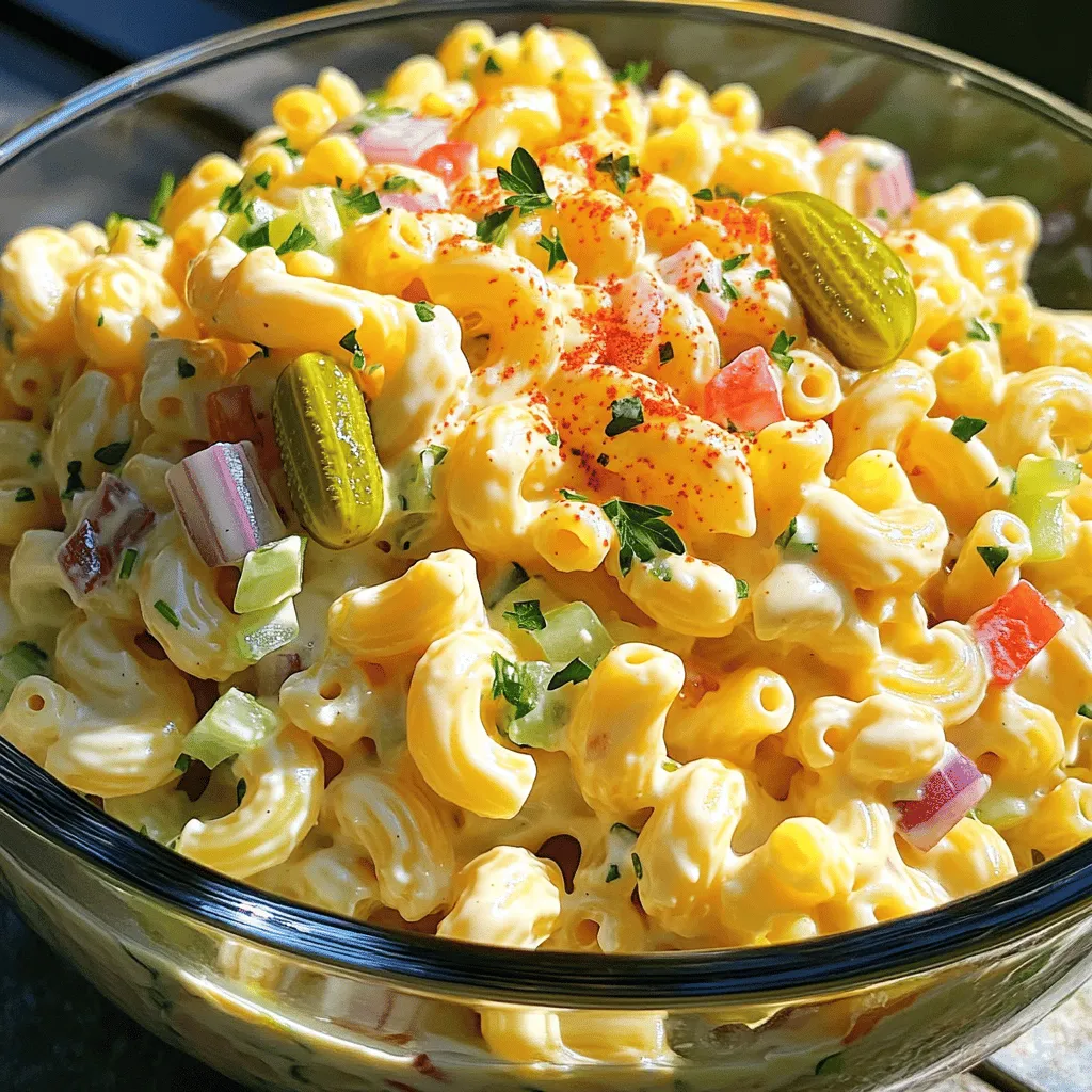 Für einen großartigen Macaroni-Salat brauchen Sie frische und einfache Zutaten. Hier sind die Hauptzutaten: - 2 Tassen Ellbogen-Makkaroni - 1 Tasse Mayonnaise - 1 Esslöffel Dijon-Senf - 1 Esslöffel Apfelessig - 1 Tasse Sellerie, fein gehackt - 1 Tasse rote Paprika, gewürfelt - 1/2 Tasse rote Zwiebel, fein gehackt - 1/2 Tasse süße Gewürzgurken, gewürfelt - 1/4 Tasse frische Petersilie, gehackt - Salz und Pfeffer nach Geschmack - 1/4 Teelöffel Paprika (zum Garnieren) Diese Zutaten bringen Farbe und Geschmack auf Ihren Tisch. Die Ellbogen-Makkaroni sind die Basis, während die anderen Zutaten frische Aromen hinzufügen. Das richtige Gewürz macht einen großen Unterschied. Neben Salz und Pfeffer können Sie auch etwas Paprika verwenden. Dies verleiht dem Salat ein schönes Aussehen und zusätzlichen Geschmack. Dijon-Senf bringt eine feine Schärfe ins Dressing. Apfelessig gibt einen leichten, frischen Kick. Diese Zutaten sind einfach, aber sehr wichtig für den Geschmack. Um den Salat einfach zuzubereiten, sind einige Utensilien hilfreich. Ein großer Topf zum Kochen der Makkaroni ist notwendig. Ein Schneidebrett und ein scharfer Messer helfen beim Hacken des Gemüses. Eine große Rührschüssel ist wichtig, um alles gut zu vermischen. Ein Esslöffel und eine Gabel sind nützlich, um die Zutaten zu vermengen und zu probieren. Wenn Sie alles bereit haben, geht es schnell. Für das komplette Rezept schauen Sie sich den Abschnitt "Full Recipe" an. Um den perfekten klassischen Macaroni-Salat zu machen, beginne mit den Makkaroni. Bring in einem großen Topf gesalzenes Wasser zum Kochen. Füge dann die Ellbogen-Makkaroni hinzu. Koche sie nach den Anweisungen auf der Verpackung. Sie sollten al dente sein, also nicht zu weich. Wenn sie fertig sind, gieße sie ab und spüle sie mit kaltem Wasser. Das stoppt den Kochprozess und hält die Makkaroni fest. Jetzt ist es Zeit für das Dressing. Nimm eine große Rührschüssel und füge die Mayonnaise, den Dijon-Senf und den Apfelessig hinzu. Rühre alles gut um, bis die Mischung schön glatt und cremig ist. Das ist die Basis für deinen Salat. Es ist wichtig, dass das Dressing gut gemischt ist, damit es später gleichmäßig auf den Makkaroni verteilt wird. Nun füge die anderen Zutaten hinzu. Gib den gehackten Sellerie, die gewürfelte rote Paprika, die rote Zwiebel, die süßen Gewürzgurken und die frische Petersilie in die Schüssel mit dem Dressing. Mische alles gut durch, sodass die Farben und Aromen sich verbinden. Danach falte vorsichtig die abgekühlten Makkaroni in die Mischung. Achte darauf, dass die Makkaroni gut mit dem Dressing umhüllt sind. Jetzt kannst du mit Salz und Pfeffer abschmecken. Decke die Schüssel ab und stelle sie für mindestens eine Stunde in den Kühlschrank. So ziehen die Aromen gut durch. Wenn du bereit bist zu servieren, rühre den Salat nochmal um und gib ihn in eine schöne Servierschüssel. Streue etwas Paprika obenauf, um ihn schön zu garnieren. Dieser Schritt macht den Macaroni-Salat besonders lecker und ansprechend. Ich hoffe, du hast viel Spaß beim Zubereiten meines klassischen Macaroni-Salats! Für das vollständige Rezept, schau dir bitte die [Full Recipe] an. Um den perfekten Macaroni-Salat zu machen, ist die Konsistenz wichtig. Die Makkaroni sollten al dente sein, also bissfest. So bleiben sie knackig, wenn Sie den Salat kalt servieren. Wenn Sie die Nudeln überkochen, werden sie matschig. Nach dem Kochen spülen Sie die Makkaroni unter kaltem Wasser ab. Das stoppt den Kochprozess und sorgt für die richtige Textur. Ein häufiger Fehler ist, die Makkaroni zu lange zu kochen. Achten Sie darauf, die Anweisungen auf der Verpackung zu befolgen. Ein weiterer Fehler ist die Menge an Dressing. Zu viel Dressing kann den Salat matschig machen. Beginnen Sie mit weniger Mayonnaise und fügen Sie nach Bedarf mehr hinzu. Die Präsentation zählt! Servieren Sie den Salat in einer Glässchüssel. Das zeigt die bunten Farben der Zutaten. Garnieren Sie den Salat mit frischer Petersilie und etwas Paprika. So sieht er frisch und einladend aus. Stellen Sie den Salat vor dem Servieren für eine Stunde in den Kühlschrank. So sind die Aromen noch besser. Für das Rezept können Sie die [Full Recipe] verwenden. {{image_4}} Es gibt viele Möglichkeiten, Gemüse in deinen Macaroni-Salat zu bringen. Du kannst zum Beispiel Erbsen, Karotten oder sogar Brokkoli hinzufügen. Diese Gemüse bringen nicht nur Farbe, sondern auch einen tollen Geschmack. Ich empfehle, die Erbsen kurz zu blanchieren. So bleiben sie knackig und frisch. Karotten kannst du raspeln oder würfeln. Das macht den Salat noch bunter und gesünder. Wenn du etwas Neues probieren möchtest, kannst du das Dressing variieren. Statt Mayonnaise kannst du griechischen Joghurt verwenden. Das gibt deinem Salat eine leichte Note. Du kannst auch verschiedene Senfsorten ausprobieren. Honigsenf bringt eine süße Note. Oder füge etwas Zitronensaft hinzu, um den Salat aufzupeppen. Füge Gewürze wie Knoblauchpulver oder italienische Kräuter hinzu, um mehr Geschmack zu erzielen. Jede Region hat ihre eigenen Spezialitäten. In einigen Teilen Deutschlands wird zum Beispiel Apfelstückchen hinzugefügt. Das gibt dem Salat einen fruchtigen Touch. In den USA fügen viele Menschen hartgekochte Eier hinzu. Das macht den Salat noch sättigender. Du kannst auch versuchen, lokale Zutaten zu verwenden. Regionale Käsesorten oder frische Kräuter bringen neue Geschmäcker in deinen Macaroni-Salat. Für die vollständige Anleitung und mehr Ideen, schau dir das [Full Recipe] an. Um den Macaroni-Salat frisch zu halten, lege ihn in einen luftdichten Behälter. Dies schützt ihn vor Luft und Feuchtigkeit. Stelle sicher, dass der Salat gut abgedeckt ist. So bleibt die Cremigkeit der Mayonnaise erhalten. Vermeide es, ihn in einen Behälter mit vielen Löchern zu legen. Solche Behälter lassen die Feuchtigkeit entweichen. Im Kühlschrank hält der Macaroni-Salat etwa 3 bis 5 Tage. Achte darauf, ihn in den kältesten Teil des Kühlschranks zu stellen. Wenn der Salat etwas länger steht, überprüfe den Geruch und die Konsistenz. Wenn er unangenehm riecht oder sich die Textur verändert hat, ist es besser, ihn wegzuwerfen. Du kannst Reste des Macaroni-Salats gut in anderen Gerichten verwenden. Füge ihn zu einem Wrap hinzu oder serviere ihn als Beilage zu gegrilltem Fleisch. Eine weitere tolle Idee ist, ihn in einem Sandwich zu verwenden. Das gibt dem Sandwich einen leckeren, cremigen Geschmack. Wenn du frische Kräuter oder ein wenig Zitrone hinzufügst, belebst du den Geschmack wieder. Probiere auch, ihn mit frischem Gemüse zu mischen, um neuen Schwung zu bringen. Entdecke die Möglichkeiten mit dem cremigen Macaroni-Salat! Für mehr Details, schau dir das [Full Recipe] an. Sie können den Macaroni-Salat bis zu fünf Tage im Kühlschrank aufbewahren. Lagern Sie ihn in einem luftdichten Behälter. Der Salat bleibt frisch und lecker. Nach ein paar Tagen kann die Konsistenz leicht weich werden. Rühren Sie vor dem Servieren gut um, um die Aromen wieder zu mischen. Ja, Sie können den Salat einen Tag im Voraus zubereiten. Das gibt den Aromen Zeit, sich zu verbinden. Stellen Sie sicher, dass Sie den Salat gut abdecken. Kühlen Sie ihn bis zum Servieren im Kühlschrank. So sparen Sie Zeit und können sich auf Ihre Gäste konzentrieren. Es gibt viele Alternativen zur Mayonnaise. Sie können griechischen Joghurt verwenden, um eine leichte Variante zu machen. Auch Avocado kann eine gute Wahl sein. Für eine vegane Option probieren Sie pflanzliche Mayonnaise. Diese Alternativen bieten unterschiedliche Geschmäcker und Texturen. Experimentieren Sie, um Ihre perfekte Mischung zu finden. Der klassische Macaroni-Salat ist einfach zuzubereiten und vielseitig. Wir haben die Hauptzutaten, Gewürze und Zubehör erläutert. Die Schritt-für-Schritt-Anleitung hilft Ihnen beim perfekten Ergebnis. Mit Tipps und Tricks vermeiden Sie Fehler und erhalten eine tolle Konsistenz. Variationen zeigen, wie man den Salat lecker anpassen kann. Außerdem fanden Sie Tipps zur richtigen Lagerung und Antworten auf häufige Fragen. Nutze dieses Wissen, um beim nächsten Grillfest oder Familienessen zu glänzen. Machen Sie jeden Biss zu einem Genuss!