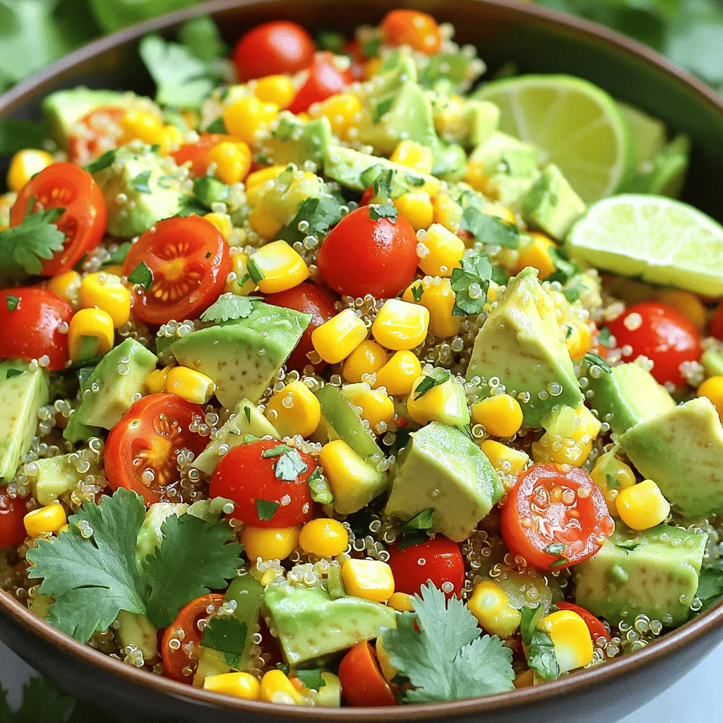 - 1 Tasse Quinoa - 2 Tassen Gemüsebrühe oder Wasser - 1 reife Avocado - 1 Tasse Kirschtomaten - 1 Tasse Mais - 1 rote Paprika - 1/4 rote Zwiebel - 1/4 Tasse frischer Koriander - Saft von 2 Limetten - 2 Esslöffel Olivenöl - 1 Esslöffel Honig oder Agavendicksaft - 1 Teelöffel Kreuzkümmel - Salz und Pfeffer Um den Zesty Avocado Quinoa Salad zu machen, beginne mit den Hauptzutaten. Quinoa ist die Basis und gibt dir einen tollen Nährwert. Du kochst sie in Gemüsebrühe oder Wasser. Dadurch wird die Quinoa lecker und hat mehr Geschmack. Die reife Avocado bringt Cremigkeit und gesunde Fette in den Salat. Die Kirschtomaten sorgen für Frische und Farbe. Der Mais gibt süße Noten. Rote Paprika und rote Zwiebel bringen Crunch und Geschmack. Frischer Koriander gibt dem Gericht einen tollen Kick. Für das Dressing drücken wir den Saft von zwei Limetten aus. Das sorgt für die zesty Note! Das Olivenöl macht das Dressing glatt. Honig oder Agavendicksaft bringt eine süße Note. Kreuzkümmel fügt eine spannende Würze hinzu. Vergiss nicht, mit Salz und Pfeffer zu würzen, um alles abzurunden. Das sind die Zutaten für den Zesty Avocado Quinoa Salad. Du kannst die frischen Zutaten nach deinem Geschmack anpassen. Schau dir [Full Recipe] an, um zu sehen, wie alles zusammenkommt! - Zuerst spüle 1 Tasse Quinoa gründlich ab. - Gib die Quinoa in einen Topf und füge 2 Tassen Gemüsebrühe hinzu. - Bringe die Mischung zum Kochen. Decke den Topf ab und reduziere die Hitze. Lass die Quinoa 15 Minuten lang köcheln, bis sie weich ist. - Während die Quinoa kocht, schneide die Avocado, Tomaten und Paprika in kleine Stücke. - Hacke die rote Zwiebel und den frischen Koriander fein. - Mische in einer kleinen Schüssel den Limettensaft, Olivenöl, Honig, Kreuzkümmel, Salz und Pfeffer gut. - Schmecke das Dressing ab und passe es nach deinem Geschmack an. - Wenn die Quinoa fertig ist, nimm den Topf vom Herd und lass sie 5 Minuten ruhen. Lockere die Quinoa mit einer Gabel auf. - Gib die Quinoa in eine große Schüssel, füge das Gemüse hinzu und gieße das Dressing darüber. - Mische alles vorsichtig, bis die Zutaten gut kombiniert sind. Für das volle Rezept, schaue dir den [Full Recipe] an. Um die perfekte Quinoa zu kochen, beginne mit gutem Wasser. Verwende Gemüsebrühe für mehr Geschmack. Spüle die Quinoa gut ab, um Bitterstoffe zu entfernen. Koche sie bei mittlerer Hitze und decke den Topf ab, wenn das Wasser kocht. Reduziere die Hitze nach dem Aufkochen. Lasse die Quinoa 15 Minuten köcheln. So wird sie weich, aber nicht matschig. Lasse die Quinoa nach dem Kochen noch fünf Minuten ruhen. Dies hilft ihr, die richtige Textur zu bekommen. Avocados neigen dazu, schnell braun zu werden. Um das zu verhindern, träufle etwas Limettensaft direkt auf die Oberfläche. Das hilft, die Farbe zu bewahren. Lagere die Avocado im Kühlschrank, wenn sie geöffnet ist. Wickel sie gut in Frischhaltefolie ein oder lege sie in einen luftdichten Behälter. Wenn du die Avocado ganz lässt, bewahre sie bei Raumtemperatur auf, bis sie reif ist. So bleibt sie frisch und lecker. Jeder hat andere Vorlieben, wenn es um Geschmack geht. Probiere das Dressing und passe die Gewürze an. Wenn es zu sauer ist, füge etwas Honig hinzu. Magst du es schärfer? Dann gib einen Hauch Chili oder Pfeffer hinzu. Du kannst auch andere Öle verwenden, wie Avocado- oder Sesamöl. So erhältst du ganz neue Geschmackserlebnisse. Experimentiere mit Kräutern und Gewürzen, um dein ideales Dressing zu finden. {{image_4}} Um deinen Zesty Avocado Quinoa Salad noch aufregender zu machen, kannst du Bohnen oder Linsen hinzufügen. Diese Zutaten erhöhen den Nährwert und geben mehr Geschmack. Schwarze Bohnen passen gut dazu. Sie bieten eine schöne Textur und einen tollen Kontrast. Auch Kichererbsen sind eine gute Wahl. Wenn du Käse magst, probiere etwas Feta oder einen milden Ziegenkäse. Das gibt dem Salat eine cremige Note. Für eine vegane Version kannst du Honig durch Agavensirup ersetzen. Agave hat einen ähnlichen Geschmack, ist süß und passt perfekt. Achte darauf, Kükenfarne zu vermeiden. Diese sind nicht vegan und können durch andere Kräuter ersetzt werden. Frischer Dill oder Petersilie sind tolle Alternativen, die den Salat lebendig machen. Nutze frisches Gemüse, das gerade Saison hat. Im Sommer bieten sich Gurken oder Radieschen an. Diese bringen Frische in dein Gericht. Im Winter sind geröstete Kürbisse oder Rüben eine gute Wahl. Sie fügen Wärme und eine andere Textur hinzu. So bleibt der Salat das ganze Jahr über interessant und lecker. Experimentiere mit verschiedenen Zutaten aus dem Full Recipe, um neue Geschmäcker zu finden. Um den Zesty Avocado Quinoa Salad frisch zu halten, bewahre ihn in einem luftdichten Behälter auf. So bleibt der Salat knackig und lecker. Normalerweise hält er sich im Kühlschrank bis zu drei Tage. Achte darauf, dass die Avocado nicht braun wird. Ein Spritzer Limettensaft hilft, die Farbe zu erhalten. Du kannst diesen Salat auch einfrieren, aber die Avocado verändert die Textur. Teile den Salat in Portionen und lege ihn in den Gefrierschrank. Wenn du ihn essen möchtest, taue ihn über Nacht im Kühlschrank auf. So bleibt der Geschmack gut. Verwende ihn in Suppen oder als Füllung für Wraps. Hast du Reste? Keine Sorge! Du kannst sie in vielen Gerichten verwenden. Mische die Reste in Omeletts oder als Füllung für Tacos. Du kannst auch ein leckeres Sandwich zubereiten. Sei kreativ und genieße die neuen Geschmackskombinationen. Der Zesty Avocado Quinoa Salad hält sich etwa 2 bis 3 Tage im Kühlschrank. Lagere ihn in einem luftdichten Behälter. Achte darauf, dass die Avocado nicht braun wird. Du kannst etwas Limettensaft über die Avocado träufeln, um dies zu verhindern. Wenn der Salat nach ein paar Tagen nicht mehr frisch aussieht, wirf ihn lieber weg. Ja, du kannst den Zesty Avocado Quinoa Salad im Voraus zubereiten. Koche die Quinoa und bereite das Gemüse vor. Kombiniere alles, aber füge das Dressing erst kurz vor dem Servieren hinzu. So bleibt der Salat frisch und knackig. Du kannst ihn bis zu 24 Stunden vorher zubereiten. Lagere ihn im Kühlschrank, bis du bereit bist, ihn zu servieren. Es gibt viele leckere Alternativen für das Dressing. Du kannst Joghurt oder Tahini statt Olivenöl verwenden. Für einen scharfen Kick füge etwas Chili oder Paprika hinzu. Wenn du eine vegane Option suchst, ersetze Honig durch Agavensirup. Experimentiere mit verschiedenen Kräutern, um neue Aromen zu schaffen. Lade deine Freunde ein, um die Versionen zu testen. Dieser Blogpost zeigt, wie man einen leckeren Zesty Avocado Quinoa Salad zubereitet. Wir haben die Hauptzutaten, das Dressing und die Zubereitung Schritt für Schritt behandelt. Außerdem gab es Tipps zur perfekten Quinoa und zur Lagerung. Denke daran, mit frischem Gemüse zu experimentieren und Reste kreativ zu verwenden. So bleibt dein Gericht immer spannend und lecker. Viel Spaß beim Kochen und Genießen!