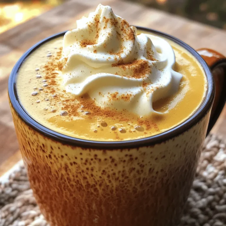 - Milch oder pflanzliche Alternativen - Frisch gebrühter starker Kaffee - Kürbispüree - Ahornsirup - Kürbiskuchengewürz - Vanilleextrakt - Schlagsahne zum Garnieren Für meinen perfekten Kürbisgewürz-Latte sind die Zutaten wichtig. Du kannst normale Milch oder eine pflanzliche Alternative wählen. Ich finde Hafermilch passt besonders gut. Der Kaffee sollte frisch gebrüht und stark sein, um den Geschmack zu heben. Kürbispüree bringt die Herbstnote in dein Getränk. Es gibt viele Marken, aber selbstgemacht schmeckt oft besser. Ahornsirup ist mein Geheimtipp für die Süße. Du kannst die Menge nach deinem Geschmack anpassen. Kürbiskuchengewürz sorgt für die richtige Würze. Es enthält Zimt, Muskat und Ingwer. Das macht den Latte richtig aromatisch. Ein Hauch Vanilleextrakt rundet alles ab und bringt Tiefe. Vergiss nicht die Schlagsahne, um deinen Latte zu krönen. Sie macht das Getränk extra lecker und schön. Diese Zutaten bilden die Basis für deinen köstlichen Kürbisgewürz-Latte. Mit der richtigen Mischung wird jeder Schluck zum Genuss! Wenn du mehr über die Zubereitung erfahren möchtest, schau dir das vollständige Rezept an. 1. Milch erwärmen Beginne, indem du die Milch in einem kleinen Topf bei mittlerer Hitze erhitzt. Die Milch sollte warm sein, aber nicht kochen. 2. Zutaten hinzufügen und vermischen Füge das Kürbispüree, den Ahornsirup, das Kürbiskuchengewürz und den Vanilleextrakt zur warmen Milch hinzu. Rühre gut mit einem Schneebesen um, bis die Mischung glatt ist. 3. Schäumen der Mischung Nimm den Topf vom Herd und schäume die Mischung auf. Du kannst einen Milchaufschäumer oder einen Schneebesen verwenden, um die gewünschte schaumige Textur zu erreichen. 4. Kaffee vorbereiten Bereite nun deinen starken Kaffee vor. Gieße ihn in eine große Tasse. 5. Mischung über Kaffee gießen Gieße die gewürzte Milchmischung langsam über den Kaffee. Rühre vorsichtig um, um die Aromen gut zu vermischen. 6. Garniervorschläge mit Schlagsahne und Gewürz Garniere dein Getränk großzügig mit Schlagsahne. Streue etwas zusätzliches Kürbiskuchengewürz oben drauf. Jetzt kannst du dein hausgemachtes Kürbisgewürz-Latte genießen! Für das vollständige Rezept, schau dir die Full Recipe an. - Ideale Milchwahl: Verwende Vollmilch für einen reichen Geschmack. Alternativ nutze Hafermilch für eine süße Note. Mandelmilch hat einen nussigen Geschmack. - Aufschäumen richtig gemacht: Erhitze die Milch langsam, bis sie warm ist. Verwende einen Milchaufschäumer oder einen Schneebesen. Schäume die Milch gut auf, damit sie leicht und cremig wird. - Anpassung des Süßungsgrades: Beginne mit einem Esslöffel Ahornsirup. Probiere es danach aus und füge mehr hinzu, wenn du es süßer möchtest. - Experimentieren mit Gewürzen: Füge mehr Zimt oder Muskatnuss hinzu. Probiere auch einen Hauch von Ingwer für einen anderen Kick. - Nährwerte des Kürbisgewürz-Latte: Kürbispüree bringt Ballaststoffe und Vitamine. Die Milch liefert Kalzium und Eiweiß. - Kalorienreduzierte Alternativen: Nutze fettarme Milch oder pflanzliche Alternativen. Süße mit Stevia oder Agavendicksaft statt Zucker. Für das vollständige Rezept schau dir die [Full Recipe] an. {{image_4}} Wenn du eine vegane Version des Kürbisgewürz-Latte zubereiten möchtest, kannst du pflanzliche Alternativen nutzen. Hier sind einige Optionen: - Mandelmilch - Hafermilch - Sojamilch - Kokosmilch Diese Milchsorten bieten unterschiedliche Geschmäcker. Ich empfehle, die Konsistenz und den Geschmack zu testen. Du kannst auch vegane Schlagsahne verwenden, um das Getränk abzurunden. Um deinem Kürbisgewürz-Latte mehr Tiefe zu geben, probiere zusätzliche Aromen: - Experimentieren mit Schokoladensirup: Ein Spritzer Schokoladensirup macht das Getränk schokoladig und süß. Es passt gut zu Kürbis und Gewürzen. - Zimt oder Muskatnuss hinzufügen: Ein wenig Zimt oder Muskatnuss verstärkt den herbstlichen Geschmack. Diese Gewürze bringen Wärme und Tiefe in deinen Latte. Wenn du einen besonderen Kick möchtest, kannst du deinen Latte mit Alkohol anreichern. Hier sind einige Vorschläge für Kaffee-Cocktails: - Rum: Ein Schuss Rum sorgt für eine süße Note. - Kahlúa: Dieser Kaffee-Likör gibt deinem Getränk eine zusätzliche Kaffeebasis. - Baileys: Für eine cremige und süße Version, die perfekt zum Herbst passt. Diese Variationen machen jeden Schluck zu einem besonderen Erlebnis. Du kannst die Ideen aus dem Full Recipe nutzen, um deine eigene Version zu kreieren! Um die besten Aromen zu bewahren, lagere die Zutaten im Kühlschrank. - Kürbisgewürz-Latte Zutaten: - Kürbispüree - Ahornsirup - Gewürze Bewahre diese Zutaten in luftdichten Behältern auf. So bleiben sie frisch. Für die zubereitete Latte ist es am besten, sie in einer Tasse im Kühlschrank zu lagern. Du kannst sie bis zu zwei Tage aufbewahren. Die Haltbarkeit der Zutaten variiert. - Kürbispüree: Etwa 5 bis 7 Tage im Kühlschrank. - Ahornsirup: Kann mehrere Monate halten, wenn er kühl bleibt. - Gewürze: Behält ihr Aroma bis zu einem Jahr, wenn sie dunkel und trocken gelagert werden. Achte darauf, die Zutaten regelmäßig zu prüfen. Wenn sie schlecht riechen oder anders aussehen, entsorge sie. Hast du übrig gebliebenes Kürbispüree? Nutze es kreativ! - Füge es zu Muffins oder Pancakes hinzu. - Verwende es in Smoothies für einen gesunden Kick. - Mische es in Joghurt für ein leckeres Frühstück. So schaffst du neue Rezepte und vermeidest Lebensmittelverschwendung. Um den besten Kürbisgewürz-Latte zu machen, achte auf die Zutaten. Verwende frisches Kürbispüree. Das gibt dem Getränk einen echten Kürbisgeschmack. Ich empfehle, die Milch nicht zu überhitzen. Sie sollte warm sein, aber nicht kochen. Hier sind ein paar wichtige Tipps für die Zubereitung: - Milchwahl: Vollmilch macht den Latte cremig. Pflanzliche Alternativen wie Hafermilch sind auch gut. - Kaffee: Nutze starken, frisch gebrühten Kaffee. Er gibt dem Latte den nötigen Kick. - Gewürze: Experimentiere mit dem Kürbiskuchengewürz. Ein wenig mehr kann den Geschmack verbessern. Der Kürbisgewürz-Latte hat einige gesunde Aspekte. Kürbispüree ist reich an Vitaminen und Ballaststoffen. Es ist gut für die Augen und das Immunsystem. Hier sind einige Nährwerte, die du beachten solltest: - Kalorien: Ein Latte hat etwa 200 Kalorien, abhängig von der Milch und dem Sirup. - Zucker: Der Ahornsirup fügt Süße hinzu, also passe ihn nach deinem Geschmack an. - Fette: Wenn du Schlagsahne verwendest, fügt das mehr Fett hinzu. Verwende sie sparsam. Du findest den Kürbisgewürz-Latte in vielen beliebten Kaffeehäusern. Starbucks bietet ihn jedes Jahr im Herbst an. Auch lokale Cafés haben oft ihre eigene Version. Hier sind einige beliebte Kaffeehäuser und deren Angebote: - Starbucks: Klassiker mit einem starken Kürbisgeschmack. - Dunkin' Donuts: Eine süßere Variante, die oft gut ankommt. - Peet's Coffee: Bietet oft eine besondere Mischung an. Wenn du mehr über das Rezept erfahren möchtest, schau dir das [Full Recipe] an. Kürbisgewürz-Latte ist einfach und lecker. Wir haben alle Zutaten besprochen, die du brauchst. Der Schritt-für-Schritt-Prozess macht die Zubereitung kinderleicht. Mit den Tipps für Konsistenz und Geschmack bist du bestens vorbereitet. Du kannst das Rezept leicht anpassen oder variieren, auch für vegane Optionen. Achte auf Lagerung und Haltbarkeit, um frische Ergebnisse zu erzielen. Mit diesem Wissen wirst du perfekte Kürbisgewürz-Lattes zaubern. Probier es aus und genieße jeden Schluck!