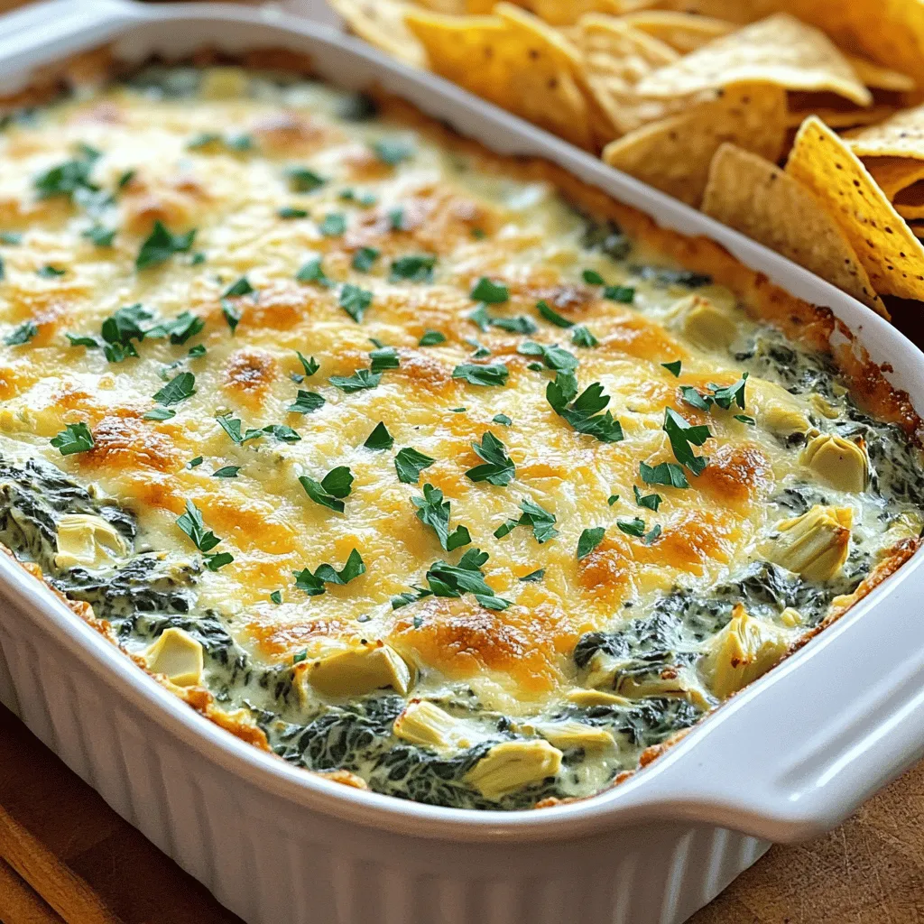 Für den perfekten Baked Spinach Artichoke Dip brauchst du einige Hauptzutaten. Diese Zutaten sorgen für den cremigen und herzhaften Geschmack: - 1 Tasse frischer Spinat, grob gehackt - 1 Tasse eingelegte Artischockenherzen, gut abgetropft und fein gehackt - 1 Tasse Frischkäse, weich gerührt - 1/2 Tasse saure Sahne - 1/2 Tasse Mayonnaise - 1 Tasse geriebener Parmesan - 1 Tasse geriebener Mozzarella - 2 Knoblauchzehen, fein gehackt - 1/2 Teelöffel Zwiebelpulver - 1/4 Teelöffel Cayennepfeffer (nach Geschmack) - Salz und Pfeffer nach Geschmack - Frische Petersilie, gehackt (zur Dekoration) Jede Zutat bringt ihren eigenen Geschmack mit. Die Kombination von Spinat und Artischocken ist klassisch und lecker. Du kannst dem Dip noch mehr Geschmack verleihen. Hier sind ein paar optionale Zutaten: - Frisch geriebener Zitronensaft für eine frische Note - Geräucherter Paprika für eine rauchige Tiefe - Gehackte Jalapeños für eine scharfe Note Diese Zutaten sind nicht nötig, aber sie können deinen Dip aufpeppen. Ich empfehle, frischen Spinat zu verwenden. Er hat einen besseren Geschmack und eine schöne Textur. Bei den Artischocken kannst du eingelegte oder frische verwenden. Eingelegte Artischocken sind praktisch, weil sie gleich bereit sind. Frische Artischocken erfordern mehr Zeit, aber der Geschmack ist oft besser. Wenn du frische Zutaten wählst, achte darauf, sie gut zu waschen. So sorgst du für die beste Qualität in deinem Dip. Du findest das komplette Rezept im Abschnitt "Full Recipe". Zuerst heizen Sie Ihren Ofen auf 175°C (350°F) vor. Diese Temperatur hilft dem Dip, gleichmäßig zu backen. Während der Ofen aufheizt, sammeln Sie alle Zutaten. Sie benötigen: - 1 Tasse frischer Spinat, grob gehackt - 1 Tasse eingelegte Artischockenherzen, gut abgetropft und fein gehackt - 1 Tasse Frischkäse, weich gerührt - 1/2 Tasse saure Sahne - 1/2 Tasse Mayonnaise - 1 Tasse geriebener Parmesan - 1 Tasse geriebener Mozzarella - 2 Knoblauchzehen, fein gehackt - 1/2 Teelöffel Zwiebelpulver - 1/4 Teelöffel Cayennepfeffer (nach Geschmack) - Salz und Pfeffer nach Geschmack - Frische Petersilie, gehackt (zur Dekoration) Stellen Sie sicher, dass alles frisch und bereit ist. Das spart Zeit und macht das Kochen einfacher. In einer großen Rührschüssel kombinieren Sie den Frischkäse, die saure Sahne und die Mayonnaise. Mischen Sie alles gut, bis es cremig ist. Dann fügen Sie die restlichen Zutaten hinzu: Parmesan, Mozzarella, Spinat, Artischocken, Knoblauch, Zwiebelpulver und Cayennepfeffer. Rühren Sie alles gründlich, bis die Mischung gleichmäßig aussieht. Vergessen Sie nicht, mit Salz und Pfeffer abzuschmecken. Diese Schritte sind wichtig, um den besten Geschmack zu erzielen. Geben Sie die Dip-Mischung in eine passende Auflaufform und streichen Sie sie gleichmäßig glatt. Schieben Sie die Form in den vorgeheizten Ofen. Backen Sie den Dip für etwa 25 bis 30 Minuten. Er ist fertig, wenn die Ränder blubbern und die Oberfläche goldbraun ist. Nehmen Sie die Form vorsichtig heraus und lassen Sie den Dip kurz abkühlen. Garnieren Sie ihn mit frisch gehackter Petersilie. Servieren Sie ihn warm mit Tortilla-Chips, geröstetem Brot oder Gemüsesticks. Genießen Sie diesen leckeren Baked Spinach Artichoke Dip! Um die beste Konsistenz zu erreichen, mische die Zutaten gut. Der Frischkäse muss weich sein. So wird der Dip cremig. Achte darauf, dass die Artischocken gut abgetropft sind. Feuchte Zutaten machen den Dip wässrig. Ein Hauch von Cayennepfeffer bringt eine feine Schärfe. Der Käse spielt eine große Rolle. Parmesan gibt einen kräftigen Geschmack. Mozzarella sorgt für die tolle, schmelzende Textur. Du kannst auch andere Käsesorten ausprobieren. Feta oder Gouda passen gut dazu. Wähle Käsesorten, die dir gefallen. Das macht den Dip persönlicher und leckerer. Ein häufiger Fehler ist, die Zutaten nicht gut zu vermengen. Das führt zu ungleichmäßigem Geschmack. Achte darauf, das Salz und den Pfeffer richtig zu dosieren. Zu viel oder zu wenig macht den Dip fade. Auch das Backen kann knifflig sein. Überwache den Dip genau, damit er nicht verbrennt. Wenn du diese Tipps befolgst, wirst du einen tollen Baked Spinach Artichoke Dip zubereiten. Den kompletten Ablauf findest du im Full Recipe. {{image_4}} Eine vegane Version des Spinach Artichoke Dips ist einfach zu machen. Tausche den Frischkäse und die saure Sahne gegen pflanzliche Alternativen aus. Cashewcreme oder Kokosjoghurt eignen sich gut. Verwende auch vegane Mayo und Parmesan. Diese Zutaten geben dem Dip die gleiche cremige Textur. Du kannst frischen Spinat und Artischocken wie im Original verwenden. So bleibt der Geschmack frisch und lecker. Wenn du mehr Protein möchtest, füge Hähnchen oder Speck hinzu. Gekochtes Hähnchen kannst du klein schneiden und unter die Mischung heben. Das gibt dem Dip einen herzhaften Geschmack. Gebratener Speck bringt eine schöne Knusprigkeit mit. Denke daran, die Menge gut abzustimmen, damit der Dip nicht zu schwer wird. Diese Variationen sind perfekt für eine herzhaftere Snackoption. Du kannst den Dip auch mit verschiedenen Geschmäckern aufpeppen. Füge gehackte Jalapeños für eine scharfe Note hinzu. Paprika sorgt für etwas Süße und Farbe. Du kannst auch getrocknete Kräuter verwenden, um mehr Tiefe zu bekommen. Experimentiere mit den Zutaten, um deinen eigenen Geschmack zu finden. So wird dein Dip zu einem echten Highlight bei jeder Feier. Für das Grundrezept kannst du das [Full Recipe] verwenden. Um deinen Baked Spinach Artichoke Dip frisch zu halten, decke ihn gut ab. Nutze Frischhaltefolie oder einen luftdichten Behälter. So bleibt der Dip cremig und lecker. Lagere ihn im Kühlschrank, wenn du ihn nicht sofort genießt. Wenn du den Dip aufwärmen möchtest, nimm ihn zuerst aus dem Kühlschrank. Lass ihn etwa 15 Minuten bei Raumtemperatur stehen. Heize dann deinen Ofen auf 175°C vor. Gib den Dip in eine ofenfeste Form und backe ihn für 15 bis 20 Minuten. Das macht ihn wieder warm und cremig. Im Kühlschrank bleibt dein Dip etwa 3 bis 5 Tage frisch. Du kannst ihn auch einfrieren. Fülle ihn dazu in einen gefrierfesten Behälter. So hält er sich bis zu 3 Monate. Denke daran, ihn vor dem Servieren über Nacht im Kühlschrank aufzutauen. Sie können den Dip bis zu zwei Tage im Voraus zubereiten. Bereiten Sie ihn einfach bis zur Backzeit vor. Decken Sie die Auflaufform gut ab und stellen Sie sie in den Kühlschrank. Wenn Sie bereit sind zu backen, nehmen Sie den Dip heraus. Lassen Sie ihn etwa 30 Minuten bei Raumtemperatur stehen, bevor Sie ihn in den Ofen geben. So hilft die Zeit, den Dip gleichmäßig zu backen. Ja, Sie können frischen Spinat verwenden. Nehmen Sie etwa zwei Tassen frischen Spinat. Waschen Sie ihn gründlich und schneiden Sie ihn klein. Kochen Sie den Spinat für ein paar Minuten in einem Topf, bis er weich ist. Lassen Sie ihn dann abkühlen und drücken Sie das Wasser gut heraus. So bleibt der Dip schön cremig und nicht wässrig. Achten Sie darauf, dass der Dip an den Rändern blubbert und die Oberfläche goldbraun ist. Das zeigt, dass der Käse gut geschmolzen ist. Sie können auch mit einem Zahnstocher in die Mitte stechen. Wenn er heiß herauskommt, ist der Dip fertig. Lassen Sie den Dip nach dem Backen kurz abkühlen, bevor Sie ihn servieren. So kann sich der Geschmack setzen und er wird leichter zu dippen. Zusammenfassend haben wir die Hauptzutaten und Tipps für den Baked Spinach Artichoke Dip besprochen. Ich habe dir eine Schritt-für-Schritt-Anleitung gegeben, um dir die Zubereitung zu erleichtern. Auch Variationen und Aufbewahrungshinweise habe ich erwähnt. Denke daran, dass die richtige Käseauswahl und das Vermeiden häufiger Fehler wichtig sind. Nutze frische Zutaten, wann immer es geht, und experimentiere mit zusätzlichen Geschmäckern. Ein gut gemachter Dip bringt Freude zu jedem Anlass!