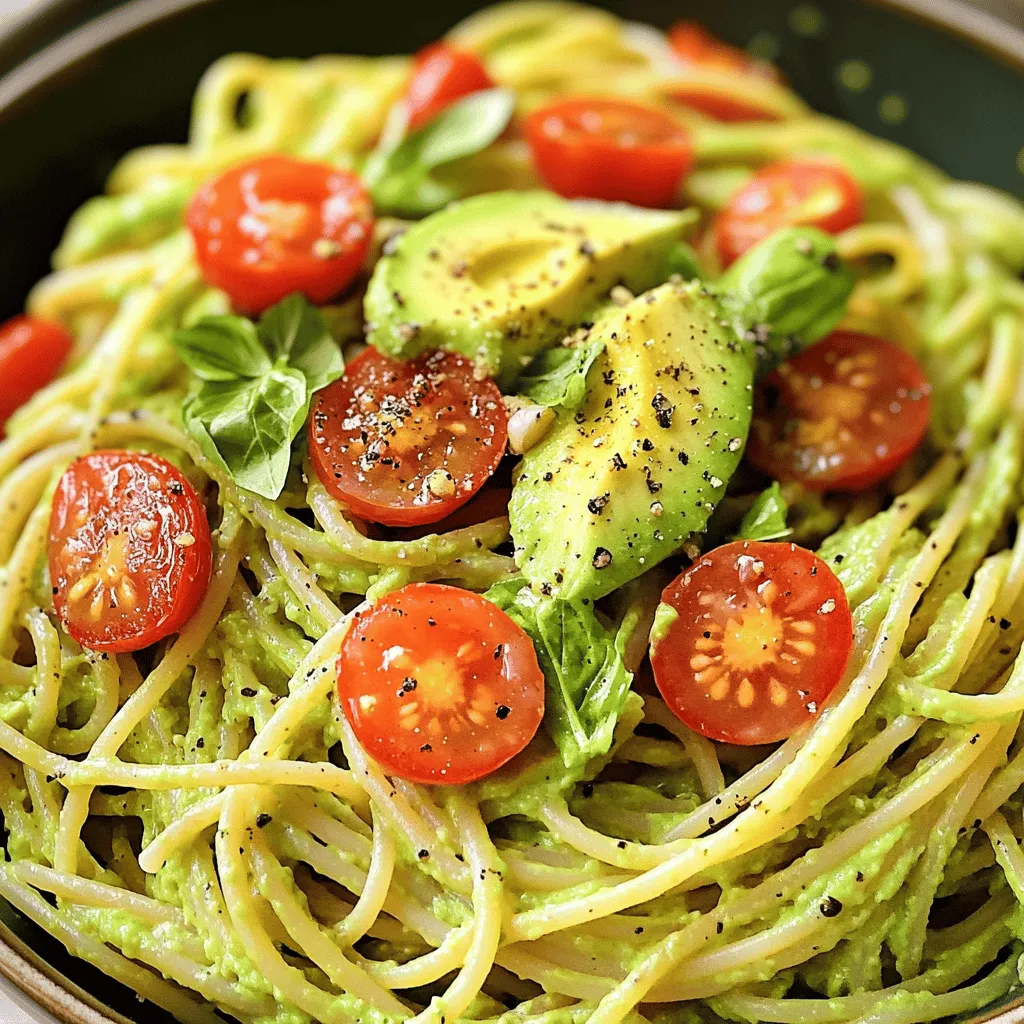 - 340 g Vollkornspaghetti - 2 reife Avocados - 2 Knoblauchzehen Die Hauptbestandteile sind einfach, aber geschmackvoll. Vollkornspaghetti liefern Ballaststoffe und Energie. Sie sind eine gesunde Basis für diese Pasta. Reife Avocados geben der Sauce eine cremige Konsistenz. Sie sind voller gesunder Fette und Nährstoffe. Knoblauch fügt einen tollen Geschmack hinzu. Er bringt etwas Schärfe, die die anderen Aromen ergänzt. - 2 Esslöffel frischer Zitronensaft - 60 ml Nährhefe - 60 ml frische Basilikumblätter Jetzt kommen die Gewürze! Frischer Zitronensaft gibt der Sauce einen spritzigen Geschmack. Das ist wichtig, um die Cremigkeit der Avocado auszugleichen. Nährhefe bringt einen käsigen Geschmack, der perfekt für vegane Gerichte ist. Frische Basilikumblätter fügen ein wunderbares Aroma hinzu. Sie machen das Gericht lebendig und frisch. - Kirschtomaten, halbiert - Frisch gemahlener schwarzer Pfeffer Die Garnierungen sind das i-Tüpfelchen! Kirschtomaten bringen Farbe und Süße. Sie sehen schön aus und schmecken lecker. Frisch gemahlener schwarzer Pfeffer fügt eine würzige Note hinzu. Er verstärkt die Aromen und macht das Gericht noch besser. Für das vollständige Rezept besuche die Seite mit der Full Recipe. Um die Spaghetti perfekt zu kochen, bringe zuerst einen großen Topf mit Wasser zum Kochen. Füge eine gute Menge Salz hinzu, damit die Pasta Geschmack bekommt. Koche die Spaghetti nach der Packungsanweisung, bis sie al dente sind. Das bedeutet, dass sie weich, aber noch bissfest sind. Sobald die Spaghetti fertig sind, reserviere 120 ml des Nudelwassers. Dies hilft, die Sauce später cremig zu machen. Gieße die Spaghetti ab und stelle sie beiseite. Für die Avocado-Sauce schneide die reifen Avocados und entferne den Kern. Gib das Fruchtfleisch zusammen mit dem gehackten Knoblauch, dem Zitronensaft, der Nährhefe und den Basilikumblättern in eine Küchenmaschine. Füge die roten Pfefferflocken sowie Salz und Pfeffer hinzu. Püriere alles, bis die Mischung schön cremig ist. Wenn die Sauce zu dick ist, füge nach und nach etwas von dem reservierten Nudelwasser hinzu. So erhältst du die perfekte Konsistenz. Jetzt wird es spannend! Nimm den Topf, in dem du die Spaghetti gekocht hast, und gib die Nudeln zurück hinein. Beträufle sie mit Olivenöl. Gieße die cremige Avocado-Sauce über die Spaghetti. Mische alles vorsichtig, bis die Nudeln gleichmäßig mit der Sauce bedeckt sind. Wenn die Pasta zu trocken aussieht, füge einfach einen Esslöffel des reservierten Nudelwassers hinzu. Dadurch wird die Mischung noch cremiger. Für die vollständige Anleitung und Details schaue dir das [Full Recipe] an! Um die perfekte cremige Konsistenz zu erreichen, solltest du das Nudelwasser nutzen. Es enthält Stärke, die die Sauce bindet. Nach dem Kochen der Spaghetti, nimm etwa 120 ml Nudelwasser weg. Füge es der Sauce hinzu, wenn sie zu dick ist. Bei Bedarf kannst du auch Olivenöl hinzufügen. Ein Esslöffel reicht oft aus, um das Gericht noch geschmeidiger zu machen. Für mehr Geschmack verwende rote Pfefferflocken. Sie geben der Sauce eine angenehme Schärfe. Du kannst auch frische Kräuter wie Petersilie oder Oregano hinzufügen. Diese Kräuter bringen frische Aromen in dein Gericht. Experimentiere mit verschiedenen Gewürzen, um deinen eigenen Geschmack zu finden. Beim Servieren kannst du kreativ sein. Teile die Pasta in Schüsseln und garniere sie mit Kirschtomaten. Diese bringen Farbe und Frische. Ein paar zusätzliche Basilikumblätter oben drauf machen die Präsentation noch schöner. Du kannst auch frisch gemahlenen schwarzen Pfeffer darüberstreuen, um den Geschmack zu intensivieren. So wird deine Pasta zu einem echten Hingucker! {{image_4}} Du kannst diese Pasta leicht aufpeppen. Füge einfach frisches Gemüse hinzu. Spinat ist eine tolle Wahl. Er bringt Farbe und Nährstoffe. Auch Erbsen passen gut dazu. Sie bringen Süße und Textur. Für Protein kannst du Kichererbsen verwenden. Diese machen das Gericht noch nahrhafter. Einfach die Kichererbsen unter die Pasta mischen. Das gibt dir mehr Fülle und macht satt. Möchtest du das Gericht erweitern? Kombiniere die Pasta mit einem frischen Salat. Ein knackiger grüner Salat passt perfekt. Du kannst auch Bruschetta als Beilage servieren. Die frischen Tomaten und das Brot machen das Essen noch köstlicher. Diese Kombination ist einfach und macht Eindruck. Wenn du Gluten meiden musst, gibt es Lösungen. Du kannst glutenfreie Pasta-Alternativen verwenden. Reis- oder Linsenpasta sind gute Optionen. Sie haben einen ähnlichen Geschmack. Achte darauf, die Kochzeit anzupassen. So bleibt die Pasta schön zart. Auch für eine glutenfreie Ernährung gibt es Anpassungen. Mit den richtigen Zutaten bleibt der Genuss erhalten. Bewahre die Reste der veganen Pasta in einem luftdichten Behälter auf. Das schützt die Pasta vor Luft und Feuchtigkeit. Du kannst sie im Kühlschrank oder Gefrierfach lagern. Kühlschrank ist ideal für kurze Zeit. Gefrierfach eignet sich für längere Aufbewahrung. Im Kühlschrank bleibt die Pasta etwa drei Tage frisch. Im Gefrierfach kann sie bis zu drei Monate halten. Achte auf Veränderungen im Geruch oder der Farbe. Diese sind Anzeichen, dass die Pasta nicht mehr gut ist. Erwärme die Pasta sanft in der Mikrowelle oder in einem Topf. Füge dabei etwas Wasser oder Öl hinzu. Das hilft, die Pasta feucht zu halten. Vermeide hohe Hitze, um Austrocknung zu verhindern. So bleibt die cremige Konsistenz der Avocado-Sauce erhalten. Ja, diese Pasta ist gesund. Avocados sind voll von Nährstoffen. Sie enthalten gesunde Fette, die gut für das Herz sind. Außerdem sind sie reich an Ballaststoffen, die gut für die Verdauung sind. Avocados liefern auch Vitamine wie E, K und B6. Diese Vitamine stärken das Immunsystem und fördern die Gesundheit der Haut. Die Vollkornspaghetti bieten zusätzliche Ballaststoffe und helfen lange satt zu bleiben. Sie sind gut für die Energie und unterstützen die Gesundheit des Körpers. Dieses Gericht ist nicht nur lecker, sondern auch nahrhaft. Ja, du kannst die Avocados ersetzen. Eine gute Alternative sind Cashewkerne. Cashewkerne bringen eine ähnliche Cremigkeit in die Sauce. Du kannst sie vorher einweichen, um sie weicher zu machen. Eine andere Möglichkeit sind Erbsen, die püriert werden. Sie haben einen milden Geschmack und sind gesund. Denke daran, dass der Geschmack und die Textur anders sein können. Probiere es aus, um zu sehen, was dir besser gefällt. Dieses Rezept ergibt vier Portionen. Es ist ideal für Familien oder kleine Gruppen. Du kannst die Portionen anpassen, indem du die Zutaten verdoppelst oder halbierst. So kannst du immer die richtige Menge für deine Gäste zubereiten. Wenn du Reste hast, kannst du sie auch aufbewahren. Das macht es einfach, ein schnelles Mittagessen oder Abendessen zu genießen. Ja, dieses Rezept ist vegan. Alle Zutaten sind pflanzlich und enthalten keine tierischen Produkte. Die Avocado, die Spaghetti und die Gewürze sind alle vegan. Nährhefe wird oft in veganen Rezepten verwendet. Sie gibt einen käsigen Geschmack, ohne Milchprodukte. Das macht das Gericht für jeden geeignet, der sich pflanzlich ernährt. Du kannst also mit gutem Gewissen genießen! Dieses Rezept vereint gesunde Zutaten wie Vollkornspaghetti, Avocado und frische Kräuter. Du lernst, wie du die perfekte Sauce zubereitest und die Pasta anrichtest. Nutze die Tipps für eine bessere Konsistenz und deinen persönlichen Geschmack. Variationen machen das Gericht vielseitig, während die Lagerinfos nützlich sind, um Reste frisch zu halten. Probiere es aus und entdecke, wie einfach gesunde Küche sein kann!
