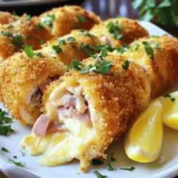 Um klassisches Hähnchen Cordon Bleu zuzubereiten, benötigen Sie folgende Zutaten: - 4 Hähnchenbrustfilets, ohne Haut und Knochen - 4 Scheiben Schinken (vorzugsweise Schweizer Käse oder Prosciutto) - 4 Scheiben Schweizer Käse - 1 Tasse Weizenmehl - 2 große Eier, verquirlt - 1 Tasse Semmelbrösel (vorzugsweise Panko für extra Knusprigkeit) - 1 Teelöffel Knoblauchpulver - 1 Teelöffel Paprika - 1/2 Teelöffel Salz - 1/4 Teelöffel schwarzer Pfeffer - 1/4 Tasse ungesalzene Butter, geschmolzen - Frische Petersilie, gehackt (zum Garnieren) Für die Zubereitung von Hähnchen Cordon Bleu brauchen Sie einige Geräte: - Ein Fleischklopfer oder Nudelholz, um das Hähnchen flach zu klopfen - Eine flache Schüssel für das Mehl - Eine zweite Schüssel für die verquirlten Eier - Eine dritte Schüssel für die Semmelbrösel-Mischung - Ein Backblech mit Backpapier zum Backen Wählen Sie frische, hochwertige Zutaten für das beste Ergebnis: - Hähnchenbrust: Achten Sie auf zarte, saftige Stücke. - Schinken: Verwenden Sie guten Schinken, wie Prosciutto oder Schweizer Käse. - Käse: Wählen Sie milden Schweizer Käse für den besten Geschmack. - Semmelbrösel: Panko ist knuspriger und sorgt für eine tolle Textur. Diese Zutaten sorgen für ein leckeres und zufriedenstellendes Gericht. Für die vollständige Anleitung schauen Sie sich das Rezept für klassisches Hähnchen Cordon Bleu an. Beginnen Sie mit der Vorbereitung der Hähnchenbrustfilets. Nehmen Sie ein Hähnchenfilet und legen Sie es zwischen zwei Lagen Frischhaltefolie. Nutzen Sie einen Fleischklopfer, um das Filet sanft zu klopfen. Klopfen Sie es auf etwa 1,5 cm Dicke. Wiederholen Sie dies mit allen Filets. Diese Vorbereitung sorgt dafür, dass das Hähnchen gleichmäßig gart und zart bleibt. Jetzt kommt die Füllung. Legen Sie auf jedes Filet eine Scheibe Schinken und eine Scheibe Käse. Rollen Sie das Hähnchen straff auf. Sichern Sie die Ränder mit Zahnstochern oder Küchenschnur. Diese Schritte sind wichtig, damit die Füllung beim Backen nicht herausläuft. Stellen Sie eine Panierstraße auf. In einer flachen Schüssel geben Sie das Weizenmehl. In einer zweiten Schüssel verquirlen Sie die Eier. In der dritten Schüssel mischen Sie die Semmelbrösel mit Knoblauchpulver, Paprika, Salz und Pfeffer. Diese Mischung gibt dem Hähnchen extra Geschmack. Tauchen Sie jedes Hähnchenstück zuerst in das Mehl. Schütteln Sie das überschüssige Mehl ab. Dann tauchen Sie es in die Eier und schließlich in die Semmelbröselmischung. Drücken Sie sanft, damit die Panade gut haftet. Heizen Sie Ihren Ofen auf 200°C vor. Legen Sie die panierten Hähnchenrollen auf ein Backblech mit Backpapier. Beträufeln Sie die Oberseite mit geschmolzener Butter. Dies sorgt für eine goldbraune und knusprige Kruste. Backen Sie die Rollen für 25-30 Minuten. Das Hähnchen sollte durchgegart und die Panade goldbraun sein. Nach dem Backen lassen Sie die Rollen 5 Minuten ruhen. Entfernen Sie vorsichtig die Zahnstochern oder die Schnur. Schneiden Sie die Hähnchenrollen auf, um den schmelzenden Käse zu zeigen. Servieren Sie Ihr Hähnchen Cordon Bleu mit frischer Petersilie. Genießen Sie es mit Zitronenspalten und einem einfachen grünen Salat. Für das vollständige Rezept, schauen Sie in den entsprechenden Abschnitt. Ein häufiger Fehler ist, die Hähnchenbrust nicht dünn genug zu klopfen. Wenn das Fleisch zu dick bleibt, gart es nicht gleichmäßig. Klopfen Sie die Brustfilets auf etwa 1,5 cm Dicke. Achten Sie darauf, die Füllung nicht zu überladen. Zu viel Schinken oder Käse kann das Rollen erschweren. Verwenden Sie Zahnstochern oder Küchenschnur, um die Rollen gut zu sichern und ein Auslaufen der Füllung zu verhindern. Die Garzeit für Hähnchen Cordon Bleu liegt zwischen 25 und 30 Minuten bei 200°C. Es ist wichtig, dass das Hähnchen eine Innentemperatur von mindestens 75°C erreicht. Nutzen Sie ein Fleischthermometer, um dies zu überprüfen. So stellen Sie sicher, dass das Hähnchen saftig bleibt und perfekt gegart ist. Lassen Sie die Hähnchenrollen nach dem Backen kurz ruhen. Das hilft, den Saft im Fleisch zu halten. Für eine knusprige Panade empfehle ich Panko-Semmelbrösel. Diese sind grober und sorgen für mehr Crunch. Tauchen Sie die Hähnchenrollen in die geschmolzene Butter, bevor Sie sie backen. Das gibt zusätzlichen Geschmack und verbessert die Knusprigkeit. Stellen Sie sicher, dass die Semmelbrösel gleichmäßig haften. Drücken Sie sie sanft an, um eine schöne, feste Kruste zu bilden. Für das vollständige Rezept, einschließlich der genauen Mengenangaben, schauen Sie sich die [Full Recipe] an. {{image_4}} Wenn Sie nach einer vegetarischen Option suchen, probieren Sie Zucchini oder Auberginen. Schneiden Sie sie in dünne Scheiben und verwenden Sie sie anstelle von Hähnchen. Fügen Sie etwas Ricotta oder Mozzarella hinzu, um den Käsegeschmack zu ersetzen. Panieren Sie die Gemüse wie im klassischen Rezept. Backen Sie sie bis sie goldbraun sind. Diese Variante ist leicht und köstlich. Käse ist der Star in jedem Cordon Bleu. Neben Schweizer Käse können Sie auch Gouda oder Cheddar verwenden. Möchten Sie etwas mehr Geschmack? Probieren Sie Blauschimmelkäse oder Ziegenkäse. Diese Sorten geben dem Gericht eine neue Dimension. Experimentieren Sie mit verschiedenen Kombinationen, um Ihre Lieblingsversion zu finden. Für eine italienische Note können Sie Basilikum und Mozzarella verwenden. Fügen Sie etwas Tomatensauce hinzu, um ein ganz neues Gericht zu schaffen. Für eine asiatische Variante probieren Sie Frischkäse mit Wasabi und fügen Sie etwas Sojasauce hinzu. Diese Kombinationen machen das Cordon Bleu interessant. Lassen Sie Ihrer Kreativität freien Lauf und genießen Sie neue Geschmäcker! Für das vollständige Rezept schauen Sie sich das Rezept für Klassisches Hähnchen Cordon Bleu an. Wenn Sie Reste von Hähnchen Cordon Bleu haben, bewahren Sie sie gut auf. Lassen Sie das Hähnchen zuerst auf Raumtemperatur abkühlen. Wickeln Sie es dann in Frischhaltefolie oder legen Sie es in einen luftdichten Behälter. So bleibt es frisch. Im Kühlschrank hält es sich bis zu drei Tage. Vor dem Servieren sollten Sie es gut erwärmen, um den Geschmack zu erhalten. Das Einfrieren von Hähnchen Cordon Bleu ist einfach. Wickeln Sie die Hähnchenrollen einzeln in Frischhaltefolie. Legen Sie sie dann in einen Gefrierbeutel oder einen luftdichten Behälter. So bleibt die Qualität erhalten. Sie können die Rollen bis zu drei Monate im Gefrierfach aufbewahren. Denken Sie daran, sie über Nacht im Kühlschrank auftauen zu lassen, bevor Sie sie aufwärmen. Um die besten Ergebnisse beim Aufwärmen zu erzielen, verwenden Sie den Ofen. Heizen Sie ihn auf 180 Grad Celsius vor. Legen Sie das Hähnchen auf ein Backblech und decken Sie es leicht mit Folie ab. So bleibt es saftig. Backen Sie es für etwa 15 bis 20 Minuten, bis es durchgewärmt ist. Vermeiden Sie die Mikrowelle, da sie die Panade weich macht. Ein knuspriges Ergebnis ist das Ziel! Hähnchen Cordon Bleu muss 25 bis 30 Minuten im Ofen backen. Die ideale Temperatur ist 200°C (400°F). Achte darauf, dass das Hähnchen gut durchgegart ist. Die Panade sollte schön goldbraun sein. Um sicher zu sein, kannst du ein Fleischthermometer verwenden. Das Innere sollte mindestens 75°C erreichen. Ja, du kannst Hähnchen Cordon Bleu im Airfryer zubereiten. Das macht das Gericht noch knuspriger. Stelle die Temperatur auf 180°C (350°F) ein. Die Garzeit beträgt etwa 15 bis 20 Minuten. Überprüfe die Hähnchenrollen während des Kochens. Wende sie nach der Hälfte der Zeit, um eine gleichmäßige Bräunung zu erzielen. Das Rezept für Hähnchen Cordon Bleu kommt ursprünglich aus der Schweiz. Es gibt viele Varianten, aber die Grundidee bleibt gleich. Man füllt Hähnchen mit Schinken und Käse. Das Gericht hat sich weltweit verbreitet und viele Anpassungen erhalten. Es ist heute ein beliebtes Gericht in vielen Küchen. Wenn du das vollständige Rezept suchst, findest du es in der vorherigen Sektion. Dort sind alle Zutaten und Schritte klar erklärt. So kannst du dieses leckere Gericht einfach nachkochen. Dieses Rezept für Hähnchen Cordon Bleu ist einfach und macht Spaß. Wir haben die Zutaten, Küchengeräte und Tipps zur Auswahl der besten Produkte behandelt. Die Schritt-für-Schritt-Anleitung hilft dir, großartige Ergebnisse zu erzielen. Mit einigen nützlichen Tipps kannst du häufige Fehler vermeiden und das Gericht perfekt knusprig machen. Denke daran, dass es viele Variationen gibt. Du kannst verschiedene Käsesorten verwenden oder sogar vegetarische Alternativen ausprobieren. Wenn du Reste hast, bewahre sie richtig auf, und genieße sie später wieder. Viel Spaß beim Kochen und Genießen!