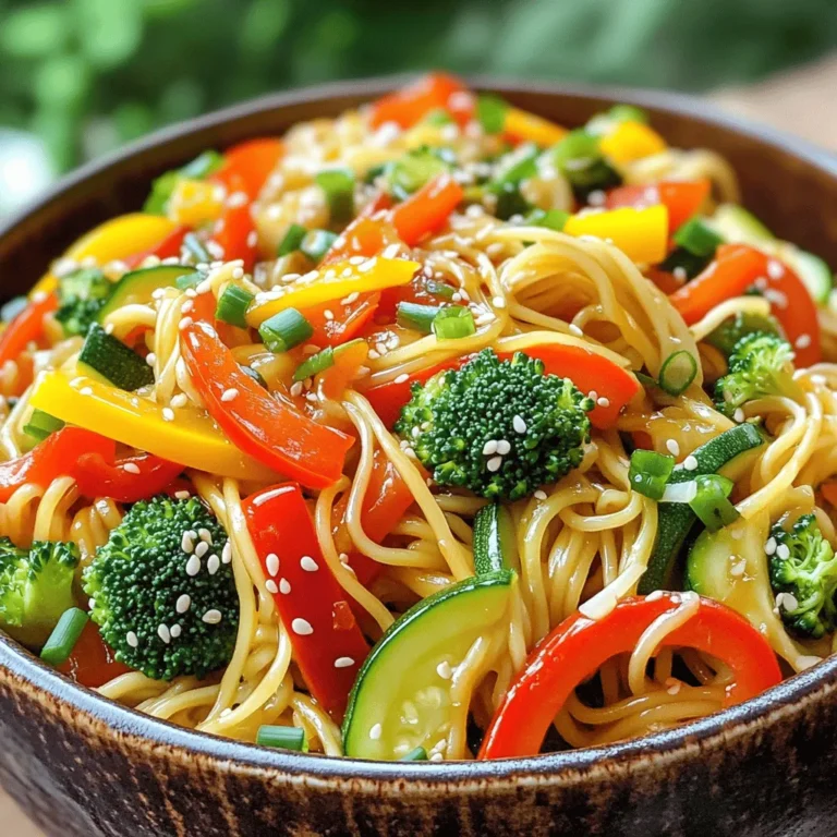 - 225 g Lo Mein Nudeln - 1 Paprika (rot oder gelb), dünn geschnitten - 1 kleine Zucchini, in Juliennes geschnitten - 1 Tasse Brokkoli, in kleine Röschen geteilt - 1 Tasse Karotten, in Juliennes geschnitten - 4 Knoblauchzehen, fein gehackt - 1 Esslöffel frischer Ingwer, fein gehackt Lo Mein Nudeln sind die Basis für dieses Gericht. Sie sind weich und nehmen die Aromen gut auf. Ich mag eine Mischung aus Paprika, Zucchini, Brokkoli und Karotten. Diese Gemüse bringen Farbe und Textur ins Spiel. Knoblauch und Ingwer geben dem Gericht einen tollen Geschmack. - 3 Esslöffel Sojasauce - 1 Esslöffel Hoisinsauce - 1 Esslöffel Reisessig Sojasauce ist das Herzstück dieser Aromen. Sie bringt Umami und Tiefe. Hoisinsauce fügt eine süße Note hinzu. Reisessig bringt Frische und Balance. Diese Saucen machen das Lo Mein besonders lecker. - 3 Frühlingszwiebeln, gehackt - Sesamsamen zur Garnierung Frühlingszwiebeln geben einen knackigen Biss. Sie bringen auch Frische. Sesamsamen sind perfekt für den letzten Schliff. Sie fügen einen nussigen Crunch hinzu und machen das Gericht schön anzusehen. Für das vollständige Rezept, schauen Sie sich die [Full Recipe] an. Um mit deinem einfachen Veggie Lo Mein zu starten, musst du die Lo Mein Nudeln kochen. Koche sie gemäß den Anweisungen auf der Verpackung. Ich empfehle, sie danach abzutropfen und mit etwas Sesamöl zu vermengen. Das hilft, ein Verkleben zu verhindern. Jetzt kommt das Schneiden des Gemüses. Nimm eine rote oder gelbe Paprika und schneide sie in dünne Streifen. Zucchini sollte in feine Juliennes geschnitten werden. Karotten ebenso, damit sie gleichmäßig garen. Brokkoli kann in kleine Röschen zerteilt werden. Achte darauf, alles gleich groß zu schneiden, damit es gut zusammen kocht. Erhitze eine große Pfanne oder einen Wok bei mittlerer bis hoher Hitze. Gib zwei Esslöffel Sesamöl hinein. Wenn das Öl heiß ist, füge den fein gehackten Knoblauch und den frischen Ingwer hinzu. Brate sie für etwa 30 Sekunden an, bis sie gut duften. Das gibt deinem Gericht einen tollen Geschmack. Jetzt ist es Zeit, das Gemüse hinzuzufügen. Gib die Paprika, Zucchini und Karotten in die Pfanne. Brate das Gemüse für etwa 3-4 Minuten, bis es weich wird. Füge dann die Brokkoliaromen hinzu und brate alles für weitere 3 Minuten. Das Gemüse sollte leuchtend und zart bleiben. Jetzt kommt der spannende Teil! Gieße die Sojasauce, die Hoisinsauce und den Reisessig in die Pfanne. Mische alles gut, damit die Saucen das Gemüse gleichmäßig umhüllen. Als nächstes gib die gekochten Lo Mein Nudeln in die Pfanne. Mische alles gründlich für etwa 2-3 Minuten. So vereinen sich die Aromen wunderbar. Zum Schluss streue die gehackten Frühlingszwiebeln hinein und vermenge alles erneut. Serviere dein Veggie Lo Mein heiß und garniere es mit Sesamsamen für einen zusätzlichen Crunch. Wenn du mehr Informationen suchst, schau dir das [Full Recipe] an. Um zu verhindern, dass die Nudeln kleben, gebe ich etwas Sesamöl nach dem Kochen hinzu. Das hilft, die Nudeln zu trennen. Es ist auch wichtig, die Nudeln nicht zu lange zu kochen. Ich empfehle, die Packungsanleitung zu befolgen. Meistens dauert es nur etwa 3-5 Minuten. Die Nudeln sollten al dente sein. So bleiben sie fest und lecker. Du kannst viele verschiedene Gemüsesorten verwenden. Saisonales Gemüse ist immer frisch und schmackhaft. Zum Beispiel eignen sich Babyspinat oder Pilze gut. Auch gefrorenes Gemüse ist eine tolle Option. Es ist schnell bereit und spart Zeit. Achte darauf, das gefrorene Gemüse vor dem Kochen gut abzutauen. So bleibt es knackig und lecker. Wenn du etwas Schärfe magst, füge eine Prise rote Pfefferflocken hinzu. Das gibt einen schönen Kick. Du kannst auch andere Gewürze nutzen, um den Geschmack zu verbessern. Zum Beispiel passt ein Spritzer Limettensaft sehr gut. So wird dein Veggie Lo Mein noch aromatischer und interessanter. Probier es aus und finde deine Lieblingskombination. {{image_4}} Für eine nahrhafte Option füge Tofu hinzu. Tofu nimmt den Geschmack der Saucen gut auf. Schneide ihn in Würfel und brate ihn goldbraun an. Du kannst auch Hühnchen oder Garnelen integrieren. Diese Proteine machen das Gericht noch sättigender. Brate das Fleisch oder die Meeresfrüchte zuerst an, bevor du das Gemüse hinzufügst. Wenn du glutenfrei kochen möchtest, gibt es spezielle Alternativen für Nudeln. Reisnudeln oder Zucchini-Nudeln sind tolle Optionen. Auch beim Würzen kannst du kreativ sein. Suche nach veganen Saucenoptionen, die keinen Honig enthalten. Sojasauce ist oft vegan, aber prüfe die Zutaten immer. Dips und Saucen machen das Essen spannender. Probiere Erdnusssauce oder süß-sauren Dip. Sie passen gut zu Lo Mein. Serviere das Gericht mit einem frischen Salat oder gedämpftem Gemüse. Das erhöht den Nährwert und gibt dir mehr Farben auf dem Teller. Für die vollständige Anleitung und Zutaten schaue in das [Full Recipe]. Um Ihre Reste von Veggie Lo Mein richtig zu lagern, verwenden Sie luftdichte Behälter. Lassen Sie die Nudeln zuerst auf Zimmertemperatur abkühlen. Danach decken Sie sie gut ab. So bleibt die Frische länger erhalten. Die beste Methode ist die Verwendung von Glasbehältern. Diese sind langlebig und benutzerfreundlich. Um Lo Mein ohne Qualitätsverlust aufzuwärmen, gibt es zwei gute Methoden. Die Mikrowelle ist einfach und schnell. Stellen Sie die Mikrowelle auf mittlere Leistung und decken Sie den Behälter mit einem feuchten Tuch ab. Dies hilft, das Gericht feucht zu halten. Die Herdmethode ist ebenfalls effektiv. Erhitzen Sie einen Esslöffel Sesamöl in einer Pfanne. Fügen Sie die Reste hinzu und braten Sie sie kurz an. Dies sorgt dafür, dass die Aromen aufgefrischt werden. Um Verderb zu erkennen, achten Sie auf Geruch und Aussehen. Wenn die Nudeln unangenehm riechen oder eine schleimige Textur haben, entsorgen Sie sie. Im Kühlschrank hält sich Veggie Lo Mein bis zu drei Tage. Bewahren Sie es im Kühlschrank auf, um die maximale Haltbarkeit sicherzustellen. Lo Mein Nudeln brauchen nur etwa 4 bis 6 Minuten zum Kochen. Es ist wichtig, sie al dente zu kochen. Al dente bedeutet, dass sie noch einen leichten Biss haben. So bleiben sie beim Anbraten nicht matschig. Achte darauf, die Nudeln regelmäßig zu probieren. Das hilft dir, den perfekten Zeitpunkt zu finden. Nach dem Kochen, gieße sie ab und vermenge sie mit etwas Sesamöl. Das verhindert das Verkleben. Für Veggie Lo Mein gibt es viele tolle Optionen. Ich empfehle dir: - Paprika: Sie sorgen für Farbe und Süße. - Zucchini: Sie bleibt knackig und ergänzt die Textur. - Brokkoli: Er gibt einen schönen Crunch und viele Vitamine. - Karotten: Sie bringen Süße und leuchtende Farbe ins Gericht. Du kannst auch saisonales Gemüse verwenden. Das sorgt für Abwechslung und frische Aromen. Ja, du kannst Lo Mein im Voraus zubereiten. Koche die Nudeln und das Gemüse, dann lasse alles abkühlen. Bewahre die Mischung in einem luftdichten Behälter im Kühlschrank auf. So bleibt es frisch und lecker. Wenn du bereit bist, es zu essen, erwärme die Mischung in einer Pfanne. Füge ein wenig Wasser oder Sojasauce hinzu, um die Nudeln wieder weich zu machen. Das macht das Vorbereiten einfach und schnell. Für das komplette Rezept kannst du die [Full Recipe] verwenden. Veggie Lo Mein ist einfach zuzubereiten und lecker. Wir haben alle Zutaten und Schritte durchgesehen. Angefangen mit Nudeln und Gemüse bis hin zu würzigen Saucen und Garnituren. Denke daran, deine Nudeln perfekt zu kochen, damit sie nicht kleben. Variiere dein Gemüse je nach Saison. Diese Freiheit macht das Gericht spannend und anpassbar. Lagere Reste gut und erwärme sie richtig, damit sie frisch bleiben. Egal, ob du ein schnelles Abendessen oder eine gesunde Mahlzeit suchst, Veggie Lo Mein bietet dir viele Möglichkeiten. Lass deiner Kreativität freien Lauf!