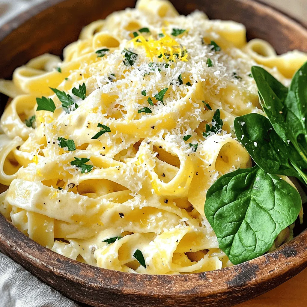 Für dein leckeres Rezept brauchst du folgende Zutaten: - 300g Pasta (Fettuccine oder Spaghetti) - 2 Esslöffel Olivenöl - 3 Knoblauchzehen, fein gehackt - 240ml Schlagsahne - Abrieb von 2 Zitronen - Saft von 1 Zitrone - 100g frisch geriebener Parmesan-Käse - Salz und Pfeffer nach Geschmack - Frische Petersilie, gehackt (zum Garnieren) - Optional: 1 Tasse frischer Spinat oder Rucola Frische Zutaten machen den Unterschied. Achte beim Kauf auf: - Pasta: Wähle hochwertige, trocken gelagerte Pasta. Sie hat den besten Geschmack. - Zitronen: Die Zitronen sollten fest und schwer sein. Diese haben mehr Saft. - Knoblauch: Kaufe Knoblauch, der fest und ohne grüne Sprossen ist. - Parmesan: Achte auf frischen, am besten in einem Stück. Er schmilzt besser. - Petersilie: Wähle grüne, knackige Blätter. Sie geben deinem Gericht Farbe und Frische. Wenn du eine Zutat nicht hast oder magst, gibt es tolle Alternativen: - Pasta: Du kannst auch Vollkornpasta oder glutenfreie Pasta verwenden. - Sahne: Kokosmilch oder Cashew-Creme sind gute, cremige Alternativen. - Parmesan: Versuche Hefeflocken für einen veganen Käsegeschmack. - Spinat oder Rucola: Du kannst auch Brokkoli oder Erbsen verwenden. Sie passen gut zur Sauce. Für mehr Details besuche die [Full Recipe]. Koch die Pasta in einem großen Topf mit gesalzenem Wasser. Bring das Wasser zum Kochen. Füge die Pasta hinzu und koche sie laut Packungsanweisung. Achte darauf, dass sie al dente bleibt. Bevor du die Pasta abgießt, nimm dir 240ml vom Nudelwasser weg. Dieses Wasser wird später in der Sauce sehr nützlich sein. Erhitze in einer großen Pfanne 2 Esslöffel Olivenöl bei mittlerer Hitze. Gib die fein gehackten Knoblauchzehen hinein. Brate den Knoblauch für 1-2 Minuten, bis er duftet. Lass ihn nicht braun werden, sonst wird er bitter. Reduziere die Hitze auf niedrig und gieße 240ml Schlagsahne in die Pfanne. Füge den Abrieb und den Saft von 2 Zitronen hinzu. Würze die Mischung mit einer Prise Salz und Pfeffer. Lass die Sauce 2-3 Minuten köcheln, bis sie leicht eindickt. Jetzt kommt der spannende Teil! Gib die gekochte Pasta direkt in die Pfanne. Rühre alles gut um, damit die Pasta die Sauce aufnimmt. Wenn die Sauce zu dick ist, füg einfach etwas vom reservierten Nudelwasser hinzu, bis du die gewünschte Konsistenz hast. Wenn du magst, kannst du frischen Spinat oder Rucola hinzufügen. Sie sinken in die heiße Sauce und werden zart. Serviere die Pasta sofort. Garniere sie mit frisch gehackter Petersilie und vielleicht etwas mehr Parmesan. So wird das Gericht noch leckerer! Um die perfekte Konsistenz der Sauce zu erreichen, ist Timing wichtig. Wenn Sie die Sahne in die Pfanne gießen, lassen Sie sie sanft köcheln. Rühren Sie die Mischung regelmäßig um. Wenn die Sauce zu dick wird, fügen Sie etwas Nudelwasser hinzu. Dies macht die Sauce cremig und geschmeidig. Seien Sie vorsichtig, nicht zu viel Wasser auf einmal hinzuzufügen. Ein häufiger Fehler ist, die Sauce zu lange zu kochen. Dadurch kann sie gerinnen. Achten Sie darauf, die Hitze niedrig zu halten, wenn Sie die Sahne hinzufügen. Ein weiterer Fehler ist das Vergessen des Käse. Geben Sie den Parmesan erst zum Schluss hinzu. So bleibt er cremig und schmilzt gleichmäßig. Überprüfen Sie auch die Gewürze. Zu wenig Salz kann den Geschmack der Sauce schwächen. Parmesan ist der Klassiker für diese Sauce. Er gibt einen tollen Umami-Geschmack. Sie können auch Pecorino verwenden, wenn Sie es würziger mögen. Für mehr Cremigkeit probieren Sie Mascarpone. Dieser Käse macht die Sauce reichhaltiger. Eine Mischung aus verschiedenen Käsesorten sorgt für interessante Geschmacksschichten. Experimentieren Sie mit verschiedenen Käsesorten, um Ihre perfekte Kombination zu finden. {{image_4}} Für eine vegane Version der Sahnesauce können Sie Kokosmilch oder Cashewcreme verwenden. Diese Optionen geben eine ähnliche cremige Textur. Sie können auch pflanzliche Sahne wählen, die im Handel erhältlich ist. Diese Produkte sind oft leicht und voller Geschmack. Achten Sie darauf, die Zutatenliste zu prüfen, um sicherzustellen, dass sie frei von tierischen Produkten sind. Um das Gericht noch nahrhafter zu machen, fügen Sie Gemüse hinzu. Erbsen, Zucchini oder Kirschtomaten passen hervorragend. Sie können auch frischen Spinat oder Rucola hinzufügen, während die Pasta kocht. Für eine proteinreiche Option sind gebratene Garnelen oder Hühnchen ideal. Diese Zutaten machen die Pasta herzhaft und sättigend. Experimentieren Sie mit Kräutern für mehr Geschmack. Frischer Basilikum oder Thymian bringen Frische in das Gericht. Für einen scharfen Kick können Sie rote Paprikaflocken hinzufügen. Auch Zitronenthymian passt gut, um das Zitronenaroma zu verstärken. Ein Spritzer Limettensaft kann ebenfalls eine interessante Note geben. Diese Variationen machen das Rezept noch spannender. Für das vollständige Rezept, schauen Sie sich die Full Recipe an. Um die Pasta gut zu lagern, lassen Sie sie zuerst abkühlen. Verwenden Sie einen luftdichten Behälter. Legen Sie die Pasta und Sauce zusammen hinein. So bleibt der Geschmack frisch. Wenn Sie die Pasta trennen, lagern Sie die Sauce in einem anderen Behälter. So vermeiden Sie, dass die Pasta matschig wird. Zum Erwärmen der Pasta geben Sie sie in eine Pfanne. Fügen Sie einen Schuss Wasser oder Brühe hinzu. Erhitzen Sie die Pasta bei niedriger Hitze. Rühren Sie oft, damit sie gleichmäßig warm wird. Wenn die Sauce zu dick ist, fügen Sie etwas mehr Flüssigkeit hinzu. Sie können auch die Mikrowelle nutzen. Stellen Sie sicher, dass Sie die Pasta abdecken, damit sie nicht austrocknet. Im Kühlschrank bleibt die Pasta bis zu drei Tage frisch. Verbrauchen Sie die Reste schnell, um den besten Geschmack zu sichern. Im Gefrierfach können Sie die Pasta bis zu einem Monat aufbewahren. Packen Sie die Portionen gut ein, um Gefrierbrand zu vermeiden. Denken Sie daran, die Pasta langsam im Kühlschrank aufzutauen, bevor Sie sie erneut erwärmen. So bleibt die Textur erhalten. Um die Sauce cremiger zu machen, gibt es einige einfache Tricks. Du kannst mehr Schlagsahne hinzufügen. Verwende auch weniger Hitze beim Kochen. Das hilft, die Cremigkeit zu bewahren. Eine andere Möglichkeit ist, etwas Frischkäse in die Sauce zu rühren. Frischkäse schmilzt gut und macht die Sauce reichhaltiger. Wenn du die Sauce noch dicker magst, füge mehr Parmesan hinzu. Der Käse gibt nicht nur Geschmack, sondern auch eine tolle Textur. Ja, du kannst andere Pastasorten verwenden. Fettuccine ist toll, aber auch Spaghetti oder Penne funktionieren gut. Jede Pasta hat ihren eigenen Charme. Wenn du eine glutenfreie Option suchst, probiere Reisnudeln oder Linsenpasta. Achte darauf, die Kochzeiten nach der Pasta-Sorte zu richten. Das sorgt dafür, dass deine Pasta perfekt al dente wird. Ja, dieses Gericht ist super für Meal Prep. Du kannst die Pasta und die Sauce getrennt aufbewahren. So bleibt die Textur der Pasta frisch. Lagere die Sauce in einem luftdichten Behälter im Kühlschrank. Du kannst sie dann schnell aufwärmen, wenn du Hunger hast. Die Pasta hält sich gut im Kühlschrank für 3-4 Tage. Für die beste Qualität empfehle ich, frische Kräuter kurz vor dem Servieren hinzuzufügen. So bleibt der Geschmack lebendig. In diesem Beitrag haben wir die wichtigsten Zutaten, die Zubereitung und hilfreiche Tipps für das perfekte Pasta-Gericht behandelt. Frische Zutaten und die richtige Konsistenz der Sauce machen einen großen Unterschied. Du kannst das Rezept anpassen, um es vegan zu gestalten oder mit verschiedenen Aromen zu experimentieren. Auch die Aufbewahrung und Wiedererwärmung sind wichtig für den Genuss. Insgesamt hast du viele Werkzeuge, um deine Pasta zu verbessern und zu genießen. Jetzt bist du bereit, dein eigenes Meisterwerk zu kreieren!