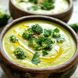 Um eine köstliche vegane Brokkoli-Käse-Suppe zuzubereiten, benötigst du folgende Hauptzutaten: - 4 Tassen Brokkoli-Röschen - 1 mittlere Zwiebel, gewürfelt - 3 Knoblauchzehen, fein gehackt - 2 mittlere Karotten, gewürfelt - 1 Kartoffel, gewürfelt - 4 Tassen Gemüsebrühe - 1 Tasse ungesüßte Mandelmilch - 1/2 Tasse Nährhefe - 2 Esslöffel Olivenöl - 1 Teelöffel Kurkuma - 1/2 Teelöffel geräuchertes Paprikapulver - Salz und Pfeffer nach Geschmack - Frische Petersilie zur Garnierung Diese Zutaten machen die Suppe reichhaltig und schmackhaft. Der Brokkoli liefert viele Vitamine und Mineralien. Die Nährhefe sorgt für den „Käse“-Geschmack. Wenn du keine bestimmte Zutat hast, gibt es tolle Alternativen. Du kannst zum Beispiel: - Statt Mandelmilch auch Hafermilch oder Sojamilch verwenden. - Anstelle von Nährhefe, Cashewkerne pürieren, um einen ähnlichen Geschmack zu erzielen. - Für mehr Geschmack, statt Olivenöl, Kokosöl nutzen. Diese Alternativen helfen dir, die Suppe nach deinem Geschmack zu gestalten. Du kannst auch verschiedene Gemüse hinzufügen, wie Spinat oder Blumenkohl. Die Zutaten in dieser Suppe bieten viele gesundheitliche Vorteile. Hier sind einige: - Brokkoli: Voll von Antioxidantien, stärkt das Immunsystem. - Karotten: Gut für die Augen und reich an Ballaststoffen. - Nährhefe: Eine großartige Quelle von B-Vitaminen und Proteinen. - Olivenöl: Enthält gesunde Fette, die gut für das Herz sind. Diese Suppe ist nicht nur lecker, sondern auch nahrhaft. Mit der richtigen Zubereitung kannst du die Gesundheit deiner Familie fördern. Für das vollständige Rezept schaue in den Abschnitt „Full Recipe“. Um die vegane Broccoli-Käse-Suppe zuzubereiten, folge diesen einfachen Schritten: 1. Erhitze 2 Esslöffel Olivenöl in einem großen Topf bei mittlerer Hitze. 2. Füge 1 gewürfelte Zwiebel und 3 gehackte Knoblauchzehen hinzu. Brate sie an, bis die Zwiebel glasig ist, etwa 5 Minuten. 3. Gib 2 gewürfelte Karotten und 1 gewürfelte Kartoffel in den Topf. Koche sie für 5 Minuten, bis sie weich werden. 4. Jetzt kommt der Brokkoli! Füge 4 Tassen Brokkoli-Röschen, 4 Tassen Gemüsebrühe, 1 Teelöffel Kurkuma und 1/2 Teelöffel geräuchertes Paprikapulver hinzu. 5. Bring alles zum Kochen. Reduziere dann die Hitze und lasse die Suppe 10 bis 12 Minuten köcheln, bis das Gemüse zart ist. 6. Nimm den Topf vom Herd und lasse ihn kurz abkühlen. 7. Püriere die Suppe mit einem Stabmixer, bis sie cremig und glatt ist. 8. Gib die pürierte Suppe zurück in den Topf. Rühre 1 Tasse ungesüßte Mandelmilch und 1/2 Tasse Nährhefe ein. 9. Erwärme die Suppe bei schwacher Hitze, bis sie warm ist. 10. Schmecke die Suppe mit Salz und Pfeffer ab. Wenn sie zu dick ist, füge mehr Mandelmilch hinzu. Wenn du die Suppe pürierst, achte darauf, dass der Topf nicht zu heiß ist. Ein Stabmixer ist ideal, da du direkt im Topf pürieren kannst. Wenn du einen Standmixer verwendest, lass die Suppe etwas abkühlen, um Spritzer zu vermeiden. Püriere die Suppe in kleinen Portionen für einen gleichmäßigen Mix. Erhitze die Suppe langsam auf mittlerer Hitze, um ein Anbrennen zu verhindern. Serviere die Suppe in warmen Schalen. Garniere sie mit frischer Petersilie und einem zusätzlichen Streu von Nährhefe für den „Käse-Effekt“. Ein Spritzer Olivenöl obenauf verleiht das gewisse Etwas. Diese einfache Zubereitung macht die vegane Broccoli-Käse-Suppe zu einem Genuss für jeden! Ein häufiger Fehler ist, das Gemüse zu lange zu kochen. Überkochen macht das Gemüse matschig. Achte darauf, das Gemüse nur so lange zu garen, bis es zart ist. Ein weiterer Fehler ist das falsche Pürieren. Wenn du die Suppe zu lange pürierst, wird sie zu dünn. Püriere sie nur, bis sie cremig ist. Manchmal ist die Suppe zu dick. Wenn das passiert, füge langsam mehr Mandelmilch hinzu. Rühre gut um und teste die Konsistenz. Du kannst die Suppe auch dicker machen. Koche sie einfach länger, bis sie die gewünschte Dicke hat. Um der Suppe mehr Geschmack zu geben, kannst du einige Gewürze hinzufügen. Ein Hauch von Muskatnuss passt gut dazu. Auch ein Spritzer Zitronensaft kann die Aromen heben. Für einen rauchigen Geschmack, füge mehr geräuchertes Paprikapulver hinzu. Experimentiere mit Kräutern wie Thymian oder Rosmarin für zusätzliche Tiefe. Für mehr Details oder die komplette Zubereitung, schau dir das Full Recipe an. {{image_4}} Um diese Suppe glutenfrei zu machen, achte auf die Gemüsebrühe. Viele Brühen sind glutenfrei, aber nicht alle. Prüfe die Zutatenliste sorgfältig. Die Verwendung von frischem Gemüse sorgt auch dafür, dass keine Glutenquellen hinzukommen. Du kannst auch glutenfreie Cracker oder Brot als Beilage wählen. Um die Nährstoffe zu erhöhen, füge einige grüne Blattgemüse hinzu. Spinat oder Grünkohl sind großartige Optionen. Diese sind reich an Vitaminen und Mineralien. Du kannst auch Hülsenfrüchte wie Kichererbsen oder Linsen hinzufügen. Diese machen die Suppe noch sättigender und nahrhafter. Um verschiedene Geschmäcker zu bedienen, experimentiere mit Gewürzen. Füge etwas Cayennepfeffer für Schärfe hinzu oder verwende italienische Kräuter für eine andere Note. Du kannst auch verschiedene pflanzliche Käsesorten ausprobieren. Diese sind oft cremig und lecker. Für eine rauchige Note, verwende geräuchertes Paprikapulver. Entdecke auch die [Full Recipe] für noch mehr Inspiration! Um die vegane Brokkoli-Käse-Suppe frisch zu halten, lasse sie zuerst abkühlen. Gieße die Suppe dann in einen luftdichten Behälter. Stelle sicher, dass der Behälter gut verschlossen ist. So bleibt der Geschmack erhalten und Verunreinigungen werden vermieden. Wenn du die Suppe aufwärmen möchtest, gibt es zwei Wege. Du kannst sie in einem Topf bei schwacher Hitze erhitzen. Rühre dabei oft um, um ein Anbrennen zu verhindern. Alternativ kannst du die Suppe in der Mikrowelle aufwärmen. Stelle die Suppe in eine mikrowellengeeignete Schüssel und decke sie ab. Erhitze sie in 1-2 Minuten Intervallen und rühre zwischendurch um. Im Kühlschrank hält die Suppe etwa 3 bis 5 Tage. Achte darauf, sie gut verpackt zu lagern. Wenn du die Suppe länger aufbewahren möchtest, friere sie ein. In einem luftdichten Behälter bleibt sie bis zu 3 Monate frisch. Zum Auftauen stelle die gefrorene Suppe über Nacht in den Kühlschrank oder erhitze sie direkt in einem Topf. Um die vegane Brokkoli-Käse-Suppe besonders cremig zu machen, püriere sie gut. Ein Stabmixer funktioniert hier super. Achte darauf, dass du die Suppe lange genug pürierst, bis sie ganz glatt ist. Du kannst auch mehr Nährhefe oder etwas mehr Mandelmilch hinzufügen. Diese Zutaten geben der Suppe eine reichhaltige Textur. Wenn du eine besonders cremige Konsistenz magst, lasse die Suppe nach dem Pürieren noch leicht köcheln. So wird sie noch sämiger. Ja, du kannst andere Pflanzenmilch verwenden. Soja-, Hafer- oder Kokosmilch sind gute Alternativen. Denke daran, dass der Geschmack leicht variieren kann. Sojamilch hat einen neutralen Geschmack und passt gut zur Suppe. Hafermilch macht die Suppe leicht süßlich. Kokosmilch bringt einen exotischen Touch. Probiere einfach aus, was dir am besten gefällt! Ja, die vegane Brokkoli-Käse-Suppe ist perfekt für Kinder. Sie ist gesund und lecker. Kinder lieben die cremige Textur und den milden Geschmack. Du kannst die Gewürze anpassen, um die Suppe milder zu machen. Wenn dein Kind Brokkoli nicht mag, püriere die Suppe gut, damit das Gemüse nicht sichtbar ist. So genießen sie die Vitamine, ohne es zu merken! Die vegane Brokkoli-Käse-Suppe bietet viele gesunde Zutaten. Wir schauten uns die Hauptzutaten und Alternativen an. Ich gab Tipps zur Zubereitung und wie man häufige Fehler vermeidet. Außerdem erörterte ich verschiedene Variationen und Aufbewahrungshinweise. Experimentiere mit Geschmäckern und Texturen. Diese Suppe ist nicht nur nahrhaft, sondern auch leicht anzupassen. Du kannst sie ganz nach deinem Geschmack gestalten. Mach sie cremig, füge Nährstoffe hinzu und genieße diesen leckeren Genuss!