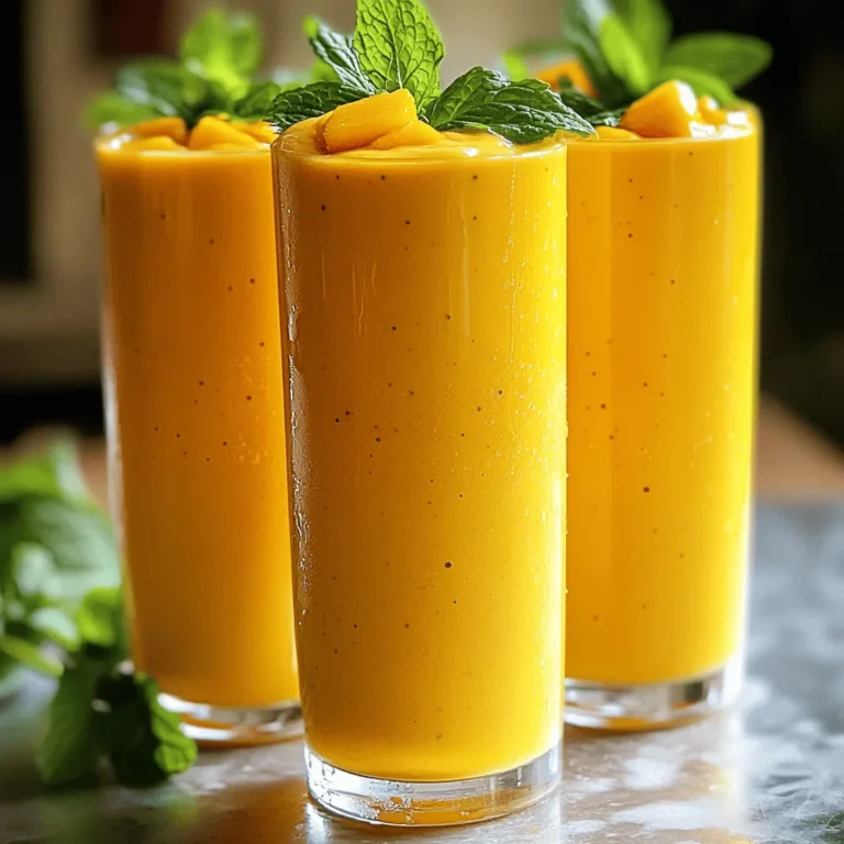 - 2 reife Mangos, geschält und gewürfelt - 1 Tasse Naturjoghurt - 1/2 Tasse Milch oder Kokosmilch Die Hauptzutaten sind einfach. Die Mangos bringen Süße und einen tollen Geschmack. Ich schäle sie und schneide sie in kleine Würfel. Der Joghurt macht den Lassi cremig. Du kannst griechischen Joghurt verwenden, wenn du es noch cremiger magst. Milch oder Kokosmilch gibt dem Getränk die perfekte Konsistenz. - 3 Esslöffel Honig oder Ahornsirup - 1/2 Teelöffel gemahlener Kardamom - Eine Prise Salz Für die Süße füge Honig oder Ahornsirup hinzu. Das passt gut zu den Mangos. Der gemahlene Kardamom gibt dem Lassi einen besonderen Geschmack. Eine Prise Salz hebt die Aromen hervor. Diese Zutaten machen den Lassi noch leckerer. - Eiswürfel (optional) - Frische Minzeblätter zur Garnierung (optional) Wenn du einen kalten Lassi magst, füge Eiswürfel hinzu. Das macht das Getränk erfrischend. Du kannst frische Minzeblätter zur Garnierung verwenden. Sie sehen schön aus und geben einen frischen Geschmack. Du findest das gesamte Rezept unter [Full Recipe]. Zuerst müssen wir die Mangos schälen und in kleine Würfel schneiden. Ich empfehle, reife Mangos zu wählen. Diese sind süß und geben der Mischung einen tollen Geschmack. Dann stelle den Naturjoghurt und die Milch bereit. Du kannst auch Kokosmilch verwenden, wenn du willst. Jetzt kommt der spannende Teil! Gib die gewürfelten Mangos und den Joghurt in den Mixer. Mixe alles zusammen, bis die Mischung ganz glatt ist. Füge dann die Milch, den Honig oder Ahornsirup und gemahlenen Kardamom hinzu. Mixe erneut, bis alles gut vermischt ist. Wenn du es kühl und erfrischend magst, füge ein paar Eiswürfel hinzu. Mixe weiter, bis das Eis zerkleinert ist. Jetzt kannst du die Süße nach deinem Geschmack anpassen. Manche mögen es süßer, also füge mehr Honig hinzu, wenn du das möchtest. Gieße den cremigen Mango Lassi in hohe Gläser. Du kannst ihn nach Belieben mit frischen Minzeblättern garnieren. Serviere ihn sofort für den besten Genuss. Probiere die Schritte aus dem Full Recipe und genieße dein selbstgemachtes Getränk! Um die Cremigkeit Ihres Mango Lassi zu erhöhen, empfehle ich, griechischen Joghurt zu verwenden. Dieser Joghurt hat eine dickere Textur und macht das Getränk reichhaltiger. Wenn Sie eine milchfreie Variante möchten, nutzen Sie Kokosmilch. Diese sorgt für ein tropisches Aroma und eine cremige Konsistenz. Die Süße ist wichtig für den Geschmack. Sie können Honig oder Ahornsirup verwenden, um das Getränk zu süßen. Beide Optionen sind natürlich und verleihen einen feinen Geschmack. Wenn Sie Zucker vermeiden möchten, probieren Sie andere Süßstoffe wie Stevia oder Agavendicksaft. Diese Alternativen sind oft gesünder und kalorienärmer. Variieren Sie Ihr Mango Lassi mit anderen Früchten. Ananas oder Erdbeeren passen hervorragend dazu. Diese Früchte bringen zusätzliche Frische und Geschmack. Auch Gewürze können das Getränk aufpeppen. Fügen Sie etwas Zimt oder Vanille hinzu, um die Aromen zu verstärken. Ein Hauch von Kardamom gibt dem Lassi eine besondere Note. Experimentieren Sie ruhig mit verschiedenen Kombinationen, um Ihren perfekten Mango Lassi zu finden. {{image_4}} Mango Lassi ist sehr vielseitig. Du kannst es leicht anpassen. Zum Beispiel, probiere Ananas-Mango Lassi. Die süße Ananas ergänzt die Mango perfekt. Du brauchst: - 2 reife Mangos, geschält und gewürfelt - 1 Tasse Ananas, gewürfelt - 1 Tasse Naturjoghurt - 1/2 Tasse Milch oder Kokosmilch Ein weiterer toller Mix ist Erdbeer-Mango Lassi. Die Erdbeeren bringen frische und Farbe. Du kannst dafür die gleichen Zutaten verwenden, nur die Erdbeeren statt Ananas. Wenn du milchfrei essen möchtest, gibt es einfache Alternativen. Verwende Soja- oder Mandeljoghurt. Sie sind eine gute Basis für einen cremigen Lassi. Du kannst auch Hafermilch verwenden. Hafermilch sorgt für eine tolle, cremige Textur. So schmeckt der Lassi auch ohne tierische Produkte gut. Um deinem Mango Lassi mehr Geschmack zu geben, spiele mit den Gewürzen. Füge etwas Zimt oder Nelken hinzu. Diese Gewürze bringen Wärme und Tiefe. Wenn du den Kardamom nicht magst, kannst du ihn durch Vanille ersetzen. Vanille gibt dem Lassi eine süße, blumige Note. Diese kleinen Änderungen machen einen großen Unterschied. Experimentiere und finde deine perfekte Mischung! Für das volle Rezept von Cremige Mango Lassi, siehe [Full Recipe]. Wie lange ist Mango Lassi haltbar? Mango Lassi hält sich im Kühlschrank etwa 2 bis 3 Tage. Die Frische der Mangos und die Qualität des Joghurts beeinflussen die Haltbarkeit. Tipps zur Abdeckung und Lagerung: Bewahre den Lassi in einem gut verschlossenen Behälter auf. Das verhindert, dass Gerüche aus dem Kühlschrank eindringen. Stelle den Behälter in die kälteste Zone des Kühlschranks. Das hilft, die Cremigkeit zu erhalten. Kann ich den Lassi einfrieren? Ja, du kannst Mango Lassi einfrieren. Es ist eine gute Methode, um Reste zu speichern. Tipps zur richtigen Konsistenz nach dem Auftauen: Fülle den Lassi in einen luftdichten Behälter. Lasse genug Platz für die Ausdehnung. Nach dem Auftauen kann der Lassi etwas wässrig sein. Mixe ihn einfach wieder gut durch, um die cremige Textur zurückzubekommen. Um einen perfekten Mango Lassi zu machen, wähle reife, süße Mangos. Sie sollten druckempfindlich sein und einen starken Duft haben. Dies zeigt, dass sie frisch sind. Verwende einen starken Mixer, um die Zutaten gut zu vermengen. Achte darauf, dass der Joghurt und die Milch kalt sind. Dies gibt deinem Lassi eine erfrischende Note. Mixe die Zutaten in zwei bis drei Chargen, falls dein Mixer klein ist. So erreichst du eine gleichmäßige, cremige Konsistenz. Ja, Mango Lassi ist gesund. Es enthält viele Nährstoffe. Mangos sind reich an Vitamin C und A. Diese Vitamine stärken dein Immunsystem. Naturjoghurt bringt Probiotika, die gut für deinen Bauch sind. Eine Portion Mango Lassi hat etwa 200 bis 250 Kalorien. Im Vergleich zu Limonade oder gesüßten Getränken ist das sehr niedrig. Du kannst es auch mit weniger Süßungsmittel zubereiten, um die Kalorien weiter zu senken. Ja, du kannst Mango Lassi im Voraus zubereiten. Mache es bis zu einem Tag vorher. Lagere es in einem luftdichten Behälter im Kühlschrank. Achte darauf, dass es gut abgedeckt ist. So bleibt der Geschmack frisch. Mango Lassi ist ideal für Feste oder warme Tage. Du kannst es auch als erfrischenden Snack für Kinder anbieten. Der Lassi kann auch gut mit anderen Früchten oder Geschmäckern kombiniert werden. Schau dir die Full Recipe für mehr Ideen an. Mango Lassi ist einfach zu machen und schmeckt köstlich. Wir haben die besten Zutaten, wie reife Mangos und Joghurt, besprochen. Zudem gibt es viele Variationen und Anpassungen, um den perfekten Geschmack zu finden. Denke daran, die Süße nach deinen Vorlieben einzustellen. Experimentiére gerne mit verschiedenen Früchten und Gewürzen. Ob für deinen nächsten Anlass oder einfach zum Genießen, Mango Lassi ist immer eine gute Wahl.