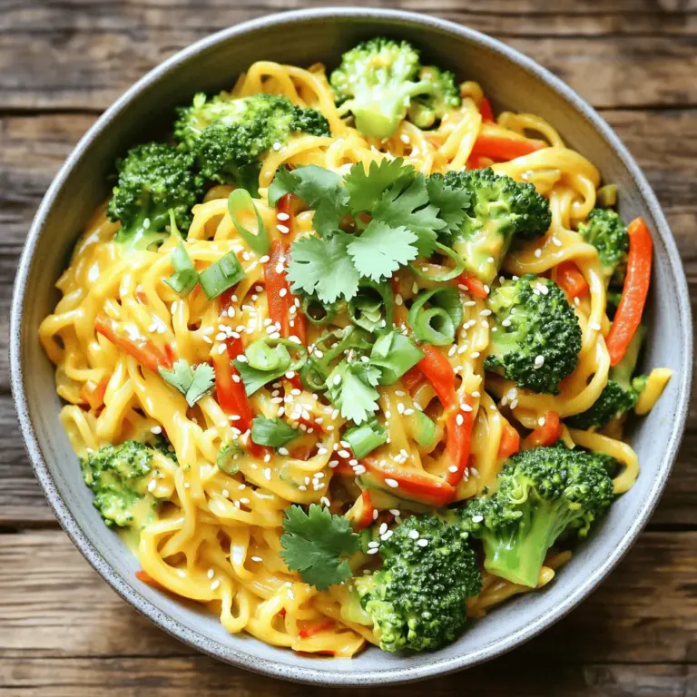 Für dieses Rezept brauchen Sie: - 200g Reisnudeln - 1 Esslöffel Kokosöl - 1 Zwiebel, in Scheiben geschnitten - 3 Knoblauchzehen, fein gehackt - 1 Esslöffel frischer Ingwer, gerieben - 1 rote Paprika, in Streifen geschnitten - 1 Tasse Brokkoliröschen - 1 Karotte, in feine Streifen geschnitten - 1 Dose (400ml) Kokosmilch - 2 Esslöffel rote Currypaste - 2 Esslöffel Sojasauce - 1 Esslöffel Ahornsirup - Saft von 1 Limette - Frischer Koriander, zur Garnitur - Geschnittene Frühlingszwiebeln, zur Garnitur - Sesamsamen, zur Garnitur Diese Zutaten schaffen eine schöne Balance aus Geschmack und Textur. Sie machen die Nudeln cremig und sättigend. Frisches Gemüse bringt mehr Geschmack. Wenn Sie frische Zutaten nicht haben, gefrorenes Gemüse ist eine gute Option. Es ist oft gleich frisch und spart Zeit. Achten Sie darauf, das Gemüse vor dem Kochen leicht aufzutauen. So bleibt die Textur angenehm. Wenn Sie Allergien haben, können Sie einige Zutaten ersetzen. Verwenden Sie glutenfreie Sojasauce, wenn Sie glutenfrei essen. Für Nussallergien können Sie Erdnüsse und Sesamsamen weglassen. Sprechen Sie mit einem Arzt, wenn Sie unsicher sind. Kochen Sie die Reisnudeln nach den Anweisungen auf der Verpackung. Achten Sie darauf, dass sie al dente sind. Nach dem Kochen, abgießen und beiseite stellen. Erhitzen Sie 1 Esslöffel Kokosöl in einer großen Pfanne. Fügen Sie die in Scheiben geschnittene Zwiebel hinzu. Sautieren Sie die Zwiebel für 2-3 Minuten, bis sie glasig ist. Jetzt kommen die Aromen! Geben Sie 3 fein gehackte Knoblauchzehen und 1 Esslöffel geriebenen Ingwer dazu. Rühren Sie das Ganze für 1 Minute, bis es gut riecht. Fügen Sie dann die geschnittene rote Paprika, Brokkoliröschen und die Karotte hinzu. Sautieren Sie alles für etwa 5-7 Minuten. Das Gemüse sollte zart, aber noch lebhaft sein. In einer Schüssel mischen Sie die 400ml Kokosmilch mit 2 Esslöffeln roter Currypaste, 2 Esslöffeln Sojasauce, 1 Esslöffel Ahornsirup und dem Saft von 1 Limette. Gut umrühren, bis alles gut vermischt ist. Gießen Sie die Currysauce in die Pfanne mit dem sautierten Gemüse. Mischen Sie die gekochten Reisnudeln vorsichtig unter. Achten Sie darauf, dass die Nudeln gleichmäßig mit der Sauce bedeckt sind und schön durchwärmen. Nehmen Sie die Pfanne vom Herd. Servieren Sie die Nudeln sofort in tiefen Schalen. Garnieren Sie jede Portion mit frischem Koriander, geschnittenen Frühlingszwiebeln und einer Prise Sesamsamen. So sieht Ihr Gericht nicht nur toll aus, sondern schmeckt auch fantastisch! Für das vollständige Rezept schauen Sie sich bitte [Full Recipe] an. Um die perfekte Konsistenz der Reisnudeln zu bekommen, achte auf die Kochzeit. Diese Nudeln müssen al dente sein. Koche sie nicht zu lange, da sie sonst matschig werden. Spüle die Nudeln nach dem Kochen mit kaltem Wasser ab. Das stoppt den Garprozess und hält sie fest. Die Schärfe der Currypaste kann variieren. Wenn du es milder magst, beginne mit weniger Paste. Du kannst nach Geschmack mehr hinzufügen. Probiere es nach dem Kochen aus. So kannst du die Schärfe perfekt einstellen. Wenn du es schärfer magst, füge einen Spritzer Chiliöl hinzu. Ein häufiger Fehler ist, die Nudeln zu lange zu kochen. Achte darauf, sie al dente zu lassen. Ein weiterer Fehler ist, die Currypaste nicht gut mit der Kokosmilch zu vermengen. Rühre sie gründlich durch, damit sich die Aromen gut entfalten. Vergiss nicht, frisches Gemüse nicht zu lange zu kochen. Es soll knackig bleiben. Für das vollständige Rezept schau dir die [Full Recipe] an. {{image_4}} Für mehr Protein liebe ich, Tofu oder Seitan in mein Gericht zu geben. Tofu ist vielseitig. Er nimmt die Aromen gut auf. Ich empfehle, ihn vorher zu marinieren. Schneide den Tofu in Würfel und brate ihn goldbraun an. Seitan hat eine fleischige Textur. Er ist auch proteinreich. Um ihn zu verwenden, schneide ihn in Streifen und füge ihn in die Pfanne, wenn das Gemüse fast gar ist. So bleibt er saftig und lecker. Ich passe mein Rezept oft an die Saison an. Im Frühling sind Spargel und Erbsen frisch. Diese passen gut in die Nudeln. Im Sommer verwende ich Zucchini und Auberginen. Sie bringen Farbe und Geschmack. Im Herbst nehme ich Kürbis und Karotten. Diese Gemüse sind süß und herzhaft. Im Winter sind Wurzelgemüse wie Rüben und Pastinaken toll. Sie geben dem Gericht eine besondere Note. Wenn du glutenfreie Nudeln suchst, gibt es viele Optionen. Reisnudeln sind eine gute Wahl. Sie sind leicht und schnell zu kochen. Auch Buchweizennudeln sind glutenfrei und nussig im Geschmack. Eine weitere Option sind Zucchini-Nudeln. Diese sind gesund und kalorienarm. Verwende einen Spiralschneider, um sie zuzubereiten. Sie sind frisch und passen gut zu der Currysauce. Du kannst die Reste dieser veganen Thai-Kokosnuss-Curry-Nudeln einfach aufbewahren. Lass die Nudeln zuerst auf Raumtemperatur abkühlen. Danach füllst du sie in einen luftdichten Behälter. So bleiben sie frisch. Im Kühlschrank halten sie sich bis zu drei Tage. Achte darauf, die Nudeln vor dem Servieren gut zu überprüfen. Wenn sie unangenehm riechen, entsorge sie. Das Einfrieren ist eine gute Option, wenn du die Nudeln länger aufbewahren möchtest. Teile die Nudeln und die Sauce in getrennte Behälter auf. Du kannst die Nudeln in einem luftdichten Behälter oder einem Gefrierbeutel einfrieren. Die Sauce kannst du ebenfalls gut einfrieren. So bleiben die Aromen frisch. Gefroren halten sie sich bis zu drei Monate. Beschrifte die Behälter mit Datum. So weißt du, wann du sie eingefroren hast. Um die Reste wieder aufzuwärmen, gibt es verschiedene Methoden. Du kannst die Nudeln in der Mikrowelle erhitzen. Gib die Nudeln in eine Schüssel und füge einen Esslöffel Wasser hinzu. Decke die Schüssel mit einem feuchten Tuch ab. Erhitze die Nudeln in kurzen Intervallen von 30 Sekunden. Rühre sie zwischendurch um, damit sie gleichmäßig warm werden. Eine andere Möglichkeit ist, die Nudeln in einer Pfanne zu erhitzen. Füge etwas Kokosöl oder Wasser hinzu. Erhitze sie bei mittlerer Hitze, bis sie warm sind. Achte darauf, dass sie nicht anbrennen. So bleiben sie lecker und frisch. Ja, du kannst die rote Currypaste durch grüne oder gelbe Currypaste ersetzen. Die Farben bringen unterschiedliche Geschmäcker. Grüne Currypaste ist oft schärfer, während gelbe milder ist. Achte darauf, die Menge an deinen Geschmack anzupassen. Wenn du keine Currypaste hast, kannst du Gewürze wie Curry-Pulver verwenden. Diese Option wird den Geschmack jedoch verändern. Falls du kein Kokosöl hast, verwende Pflanzenöl oder Olivenöl. Beide Öle geben einen guten Geschmack. Du kannst auch Erdnussöl verwenden, wenn du einen nussigen Geschmack magst. Erhitze das Öl in einer Pfanne und folge dem Rezept wie gewohnt. Die Nudeln werden immer noch lecker! Ja, dieses Rezept ist perfekt für Meal Prep! Die Nudeln und die Sauce lassen sich gut aufbewahren. Du kannst die Portionen in luftdichte Behälter füllen. So hast du gesunde Mahlzeiten für die Woche. Achte darauf, die frischen Zutaten wie Koriander erst beim Servieren hinzuzufügen. Die Nudeln halten sich etwa 3 bis 4 Tage im Kühlschrank. Stelle sicher, dass sie gut abgekühlt sind, bevor du sie in den Kühlschrank stellst. Wenn du die Nudeln aufwärmst, füge etwas Wasser oder Brühe hinzu, damit sie nicht austrocknen. So schmecken sie fast wie frisch zubereitet! Die veganen Thai Kokosnuss-Curry-Nudeln sind einfach zuzubereiten. Wir haben die Hauptzutaten, frische Optionen und Alternativen für Allergiker besprochen. Ich habe eine Schritt-für-Schritt-Anleitung gegeben, um dir zu helfen, perfekte Nudeln zu kochen. Außerdem habe ich Tipps gegeben, um die Konsistenz und Schärfe anzupassen. Du kannst die Nudeln mit verschiedenen Gemüsesorten und proteinreichen Zutaten variieren. Insgesamt ist dieses Rezept vielseitig und schnell. Probiere es aus und genieße die Aromen!
