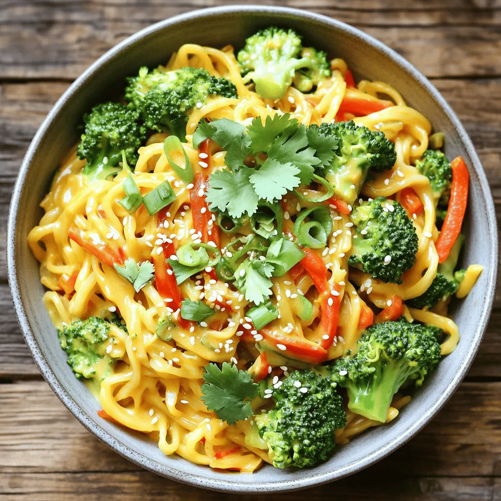 Für dieses Rezept brauchen Sie: - 200g Reisnudeln - 1 Esslöffel Kokosöl - 1 Zwiebel, in Scheiben geschnitten - 3 Knoblauchzehen, fein gehackt - 1 Esslöffel frischer Ingwer, gerieben - 1 rote Paprika, in Streifen geschnitten - 1 Tasse Brokkoliröschen - 1 Karotte, in feine Streifen geschnitten - 1 Dose (400ml) Kokosmilch - 2 Esslöffel rote Currypaste - 2 Esslöffel Sojasauce - 1 Esslöffel Ahornsirup - Saft von 1 Limette - Frischer Koriander, zur Garnitur - Geschnittene Frühlingszwiebeln, zur Garnitur - Sesamsamen, zur Garnitur Diese Zutaten schaffen eine schöne Balance aus Geschmack und Textur. Sie machen die Nudeln cremig und sättigend. Frisches Gemüse bringt mehr Geschmack. Wenn Sie frische Zutaten nicht haben, gefrorenes Gemüse ist eine gute Option. Es ist oft gleich frisch und spart Zeit. Achten Sie darauf, das Gemüse vor dem Kochen leicht aufzutauen. So bleibt die Textur angenehm. Wenn Sie Allergien haben, können Sie einige Zutaten ersetzen. Verwenden Sie glutenfreie Sojasauce, wenn Sie glutenfrei essen. Für Nussallergien können Sie Erdnüsse und Sesamsamen weglassen. Sprechen Sie mit einem Arzt, wenn Sie unsicher sind. Kochen Sie die Reisnudeln nach den Anweisungen auf der Verpackung. Achten Sie darauf, dass sie al dente sind. Nach dem Kochen, abgießen und beiseite stellen. Erhitzen Sie 1 Esslöffel Kokosöl in einer großen Pfanne. Fügen Sie die in Scheiben geschnittene Zwiebel hinzu. Sautieren Sie die Zwiebel für 2-3 Minuten, bis sie glasig ist. Jetzt kommen die Aromen! Geben Sie 3 fein gehackte Knoblauchzehen und 1 Esslöffel geriebenen Ingwer dazu. Rühren Sie das Ganze für 1 Minute, bis es gut riecht. Fügen Sie dann die geschnittene rote Paprika, Brokkoliröschen und die Karotte hinzu. Sautieren Sie alles für etwa 5-7 Minuten. Das Gemüse sollte zart, aber noch lebhaft sein. In einer Schüssel mischen Sie die 400ml Kokosmilch mit 2 Esslöffeln roter Currypaste, 2 Esslöffeln Sojasauce, 1 Esslöffel Ahornsirup und dem Saft von 1 Limette. Gut umrühren, bis alles gut vermischt ist. Gießen Sie die Currysauce in die Pfanne mit dem sautierten Gemüse. Mischen Sie die gekochten Reisnudeln vorsichtig unter. Achten Sie darauf, dass die Nudeln gleichmäßig mit der Sauce bedeckt sind und schön durchwärmen. Nehmen Sie die Pfanne vom Herd. Servieren Sie die Nudeln sofort in tiefen Schalen. Garnieren Sie jede Portion mit frischem Koriander, geschnittenen Frühlingszwiebeln und einer Prise Sesamsamen. So sieht Ihr Gericht nicht nur toll aus, sondern schmeckt auch fantastisch! Für das vollständige Rezept schauen Sie sich bitte [Full Recipe] an. Um die perfekte Konsistenz der Reisnudeln zu bekommen, achte auf die Kochzeit. Diese Nudeln müssen al dente sein. Koche sie nicht zu lange, da sie sonst matschig werden. Spüle die Nudeln nach dem Kochen mit kaltem Wasser ab. Das stoppt den Garprozess und hält sie fest. Die Schärfe der Currypaste kann variieren. Wenn du es milder magst, beginne mit weniger Paste. Du kannst nach Geschmack mehr hinzufügen. Probiere es nach dem Kochen aus. So kannst du die Schärfe perfekt einstellen. Wenn du es schärfer magst, füge einen Spritzer Chiliöl hinzu. Ein häufiger Fehler ist, die Nudeln zu lange zu kochen. Achte darauf, sie al dente zu lassen. Ein weiterer Fehler ist, die Currypaste nicht gut mit der Kokosmilch zu vermengen. Rühre sie gründlich durch, damit sich die Aromen gut entfalten. Vergiss nicht, frisches Gemüse nicht zu lange zu kochen. Es soll knackig bleiben. Für das vollständige Rezept schau dir die [Full Recipe] an. {{image_4}} Für mehr Protein liebe ich, Tofu oder Seitan in mein Gericht zu geben. Tofu ist vielseitig. Er nimmt die Aromen gut auf. Ich empfehle, ihn vorher zu marinieren. Schneide den Tofu in Würfel und brate ihn goldbraun an. Seitan hat eine fleischige Textur. Er ist auch proteinreich. Um ihn zu verwenden, schneide ihn in Streifen und füge ihn in die Pfanne, wenn das Gemüse fast gar ist. So bleibt er saftig und lecker. Ich passe mein Rezept oft an die Saison an. Im Frühling sind Spargel und Erbsen frisch. Diese passen gut in die Nudeln. Im Sommer verwende ich Zucchini und Auberginen. Sie bringen Farbe und Geschmack. Im Herbst nehme ich Kürbis und Karotten. Diese Gemüse sind süß und herzhaft. Im Winter sind Wurzelgemüse wie Rüben und Pastinaken toll. Sie geben dem Gericht eine besondere Note. Wenn du glutenfreie Nudeln suchst, gibt es viele Optionen. Reisnudeln sind eine gute Wahl. Sie sind leicht und schnell zu kochen. Auch Buchweizennudeln sind glutenfrei und nussig im Geschmack. Eine weitere Option sind Zucchini-Nudeln. Diese sind gesund und kalorienarm. Verwende einen Spiralschneider, um sie zuzubereiten. Sie sind frisch und passen gut zu der Currysauce. Du kannst die Reste dieser veganen Thai-Kokosnuss-Curry-Nudeln einfach aufbewahren. Lass die Nudeln zuerst auf Raumtemperatur abkühlen. Danach füllst du sie in einen luftdichten Behälter. So bleiben sie frisch. Im Kühlschrank halten sie sich bis zu drei Tage. Achte darauf, die Nudeln vor dem Servieren gut zu überprüfen. Wenn sie unangenehm riechen, entsorge sie. Das Einfrieren ist eine gute Option, wenn du die Nudeln länger aufbewahren möchtest. Teile die Nudeln und die Sauce in getrennte Behälter auf. Du kannst die Nudeln in einem luftdichten Behälter oder einem Gefrierbeutel einfrieren. Die Sauce kannst du ebenfalls gut einfrieren. So bleiben die Aromen frisch. Gefroren halten sie sich bis zu drei Monate. Beschrifte die Behälter mit Datum. So weißt du, wann du sie eingefroren hast. Um die Reste wieder aufzuwärmen, gibt es verschiedene Methoden. Du kannst die Nudeln in der Mikrowelle erhitzen. Gib die Nudeln in eine Schüssel und füge einen Esslöffel Wasser hinzu. Decke die Schüssel mit einem feuchten Tuch ab. Erhitze die Nudeln in kurzen Intervallen von 30 Sekunden. Rühre sie zwischendurch um, damit sie gleichmäßig warm werden. Eine andere Möglichkeit ist, die Nudeln in einer Pfanne zu erhitzen. Füge etwas Kokosöl oder Wasser hinzu. Erhitze sie bei mittlerer Hitze, bis sie warm sind. Achte darauf, dass sie nicht anbrennen. So bleiben sie lecker und frisch. Ja, du kannst die rote Currypaste durch grüne oder gelbe Currypaste ersetzen. Die Farben bringen unterschiedliche Geschmäcker. Grüne Currypaste ist oft schärfer, während gelbe milder ist. Achte darauf, die Menge an deinen Geschmack anzupassen. Wenn du keine Currypaste hast, kannst du Gewürze wie Curry-Pulver verwenden. Diese Option wird den Geschmack jedoch verändern. Falls du kein Kokosöl hast, verwende Pflanzenöl oder Olivenöl. Beide Öle geben einen guten Geschmack. Du kannst auch Erdnussöl verwenden, wenn du einen nussigen Geschmack magst. Erhitze das Öl in einer Pfanne und folge dem Rezept wie gewohnt. Die Nudeln werden immer noch lecker! Ja, dieses Rezept ist perfekt für Meal Prep! Die Nudeln und die Sauce lassen sich gut aufbewahren. Du kannst die Portionen in luftdichte Behälter füllen. So hast du gesunde Mahlzeiten für die Woche. Achte darauf, die frischen Zutaten wie Koriander erst beim Servieren hinzuzufügen. Die Nudeln halten sich etwa 3 bis 4 Tage im Kühlschrank. Stelle sicher, dass sie gut abgekühlt sind, bevor du sie in den Kühlschrank stellst. Wenn du die Nudeln aufwärmst, füge etwas Wasser oder Brühe hinzu, damit sie nicht austrocknen. So schmecken sie fast wie frisch zubereitet! Die veganen Thai Kokosnuss-Curry-Nudeln sind einfach zuzubereiten. Wir haben die Hauptzutaten, frische Optionen und Alternativen für Allergiker besprochen. Ich habe eine Schritt-für-Schritt-Anleitung gegeben, um dir zu helfen, perfekte Nudeln zu kochen. Außerdem habe ich Tipps gegeben, um die Konsistenz und Schärfe anzupassen. Du kannst die Nudeln mit verschiedenen Gemüsesorten und proteinreichen Zutaten variieren. Insgesamt ist dieses Rezept vielseitig und schnell. Probiere es aus und genieße die Aromen!
