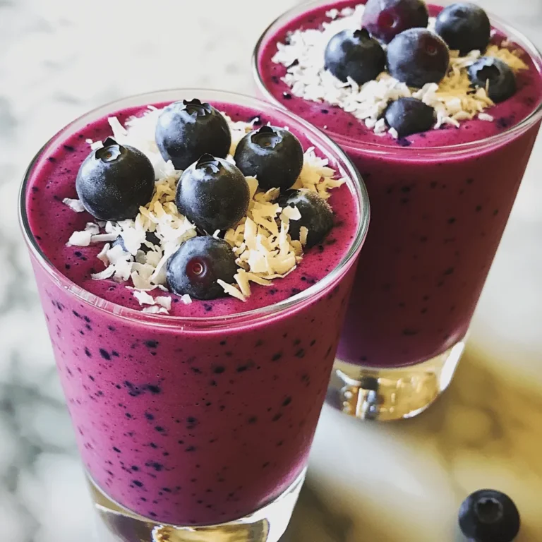 - 1 Tasse frische oder gefrorene Blaubeeren - 1 Tasse Kokosmilch - 1 gefrorene Banane Die Hauptzutaten sind einfach und lecker. Blaubeeren bringen einen süßen, fruchtigen Geschmack. Kokosmilch macht den Smoothie cremig und reichhaltig. Die gefrorene Banane sorgt für eine tolle Textur und süßt das Getränk. - 1 Esslöffel Honig oder Ahornsirup (optional) - 2 Esslöffel geraspelte Kokosnuss - 1 Esslöffel Chiasamen Honig oder Ahornsirup sind tolle Optionen, um den Smoothie zu süßen. Die geraspelte Kokosnuss gibt einen zusätzlichen Kokosgeschmack. Chiasamen sind gesund und fügen Ballaststoffe hinzu. - Eiswürfel (für eine dickere Konsistenz) Wenn du einen dickeren Smoothie möchtest, füge einfach einige Eiswürfel hinzu. Das macht den Smoothie erfrischend und kühl. Du kannst diese Zutaten für einen leckeren Kokosblaubeer Bliss Smoothie verwenden. Sie helfen, einen gesunden und schmackhaften Genuss zu kreieren. Zuerst messen wir die Zutaten ab. Das ist wichtig für den besten Geschmack. Hier sind die Zutaten, die du brauchst: - 1 Tasse frische oder gefrorene Blaubeeren - 1 Tasse Kokosmilch - 1 gefrorene Banane - 1 Esslöffel Honig oder Ahornsirup (optional) - 2 Esslöffel geraspelte Kokosnuss - 1 Esslöffel Chiasamen - Eiswürfel (optional) Wasche die Blaubeeren gut, wenn du frische verwendest. Wenn sie gefroren sind, kannst du sie direkt verwenden. Die Banane sollte gefroren sein, damit der Smoothie kalt und cremig wird. Bereite alle Zutaten vor, damit der Mixvorgang schnell geht. Jetzt kommen wir zum Mixen! Beginne mit der Kokosmilch. Das hilft, die anderen Zutaten gut zu vermischen. Dann füge die gefrorene Banane und die Blaubeeren hinzu. Danach kommen die geraspelte Kokosnuss, die Chiasamen und der Honig dazu. Ein guter Tipp: Mixe alles auf hoher Stufe, bis die Mischung glatt ist. Wenn du einen klumpigen Smoothie magst, kannst du den Mixer kürzer laufen lassen. Achte darauf, die Seiten des Mixers mit einem Spatel abzuschaben. So bekommst du alles gut vermischt. Wenn dein Smoothie zu dick ist, füge mehr Kokosmilch hinzu. So wird er flüssiger. Möchtest du ihn dicker? Dann werfe ein paar Eiswürfel hinein und mixe erneut. Das gibt dir eine tolle, kalte Konsistenz. Süße deinen Smoothie nach Geschmack. Probiere ihn und füge mehr Honig oder Ahornsirup hinzu, wenn du es süßer magst. Rühre gut mit einem Löffel um, um alles zu vermischen. Jetzt hast du einen köstlichen Kokosblaubeer Smoothie! Für das vollständige Rezept kannst du auf [Full Recipe] klicken. Um die ideale Konsistenz für deinen Kokosblaubeer Smoothie zu erreichen, ist das Mixen der Zutaten entscheidend. Beginne mit der flüssigen Kokosmilch, gefolgt von der gefrorenen Banane und den Blaubeeren. Dies hilft, die Zutaten gleichmäßig zu vermischen. Wenn du eine dickere Konsistenz magst, füge ein paar Eiswürfel hinzu. Mixe alles auf hoher Stufe, bis die Mischung schön cremig ist. Manchmal musst du die Seiten des Mixers abkratzen, um alle Zutaten gut zu vermischen. Es gibt viele Möglichkeiten, diesen Smoothie anzupassen. Wenn du Allergien hast, kannst du die Kokosmilch durch Mandelmilch oder Sojamilch ersetzen. Für eine vegane Option lasse den Honig weg oder benutze Agavendicksaft statt Honig. Wenn du auf Zucker achtest, wähle weniger oder gar keinen Süßstoff. Chiasamen sind auch eine tolle Quelle für Ballaststoffe und Omega-3-Fettsäuren. Du kannst sie durch Leinsamen ersetzen, wenn du magst. Smoothies sind perfekt für unterwegs. Du kannst die Zutaten im Voraus vorbereiten. Teile die frischen oder gefrorenen Blaubeeren, die Banane und die Kokosmilch in einen Gefrierbeutel. Am Morgen brauchst du nur den Beutel aufmachen und alles in den Mixer geben. Du kannst auch die Chiasamen oder die geraspelte Kokosnuss mit dazu geben. So sparst du Zeit und kannst deinen Smoothie schnell genießen. Diese einfache Vorbereitung macht es leicht, gesunde Snacks in deinen Tag einzubauen. {{image_4}} Um deinem Kokosblaubeer Smoothie mehr Geschmack zu geben, kannst du andere Früchte verwenden. Mango und Ananas passen hervorragend zu Blaubeeren. Ein Mango-Kokos Smoothie bringt eine tropische Note. Du kannst auch gefrorene Ananasstücke hinzufügen. Das gibt dem Smoothie eine erfrischende Süße. Probiere es aus und finde deine Lieblingskombination! Wenn du mehr Protein brauchst, füge einfach Proteinpulver hinzu. Eine Portion reicht aus, um den Smoothie nahrhafter zu machen. Alternativ kannst du auch griechischen Joghurt verwenden. Das sorgt für eine cremige Konsistenz und macht den Smoothie sättigender. So wird dein Frühstück energiereicher und bleibt lange im Bauch. Für eine vegane Version des Smoothies, ersetze den Honig durch pflanzliche Süßungsmittel. Agavendicksaft oder Dattelsirup sind tolle Optionen. Auch bei der Kokosmilch kannst du auf eine ungeöffnete Variante zurückgreifen. Achte darauf, dass alle Zutaten vegan sind. So genießt du einen leckeren Smoothie, der auch ohne tierische Produkte schmeckt. Für das vollständige Rezept, schaue hier: [Full Recipe]. Um die Frische des Kokosblaubeer Smoothies zu bewahren, sollten Sie einige einfache Tipps befolgen. Lagern Sie den Smoothie in einem luftdichten Behälter. Dieser schützt vor Luft und Licht, die die Qualität beeinträchtigen können. Stellen Sie den Behälter in den Kühlschrank. So bleibt der Smoothie kühl und frisch. Verbrauchen Sie den Smoothie innerhalb von 24 Stunden, um den besten Geschmack zu genießen. Wie lange kann man vorbereitete Smoothies aufbewahren? In der Regel können Sie Ihren vorbereiteten Kokosblaubeer Smoothie bis zu 24 Stunden im Kühlschrank lagern. Nach dieser Zeit kann der Geschmack und die Konsistenz leiden. Wenn der Smoothie trüb aussieht oder sich trennt, ist es besser, ihn nicht mehr zu trinken. Wenn Sie den Smoothie länger aufbewahren möchten, können Sie ihn einfrieren. Gießen Sie den Smoothie in Eiswürfelformen oder in einen luftdichten Behälter. So können Sie Portionen für einen späteren Zeitpunkt erstellen. Zum Auftauen stellen Sie den gefrorenen Smoothie einfach in den Kühlschrank. Nach ein paar Stunden ist er bereit zum Genießen. Sie können ihn auch direkt im Mixer aufmixen, wenn Sie ihn schneller brauchen. Verwenden Sie diese Tipps, um die Frische und den Geschmack Ihres Kokosblaubeer Smoothies zu bewahren und genießen Sie ihn jederzeit! Ein Kokosblaubeer Smoothie hat etwa 250 bis 300 Kalorien pro Portion. Die genauen Kalorien hängen von den Zutaten ab. Wenn Sie Honig oder Ahornsirup hinzufügen, steigt die Kalorienanzahl. Die Blaubeeren liefern Ballaststoffe und Antioxidantien. Kokosmilch bringt gesunde Fette mit. Chiasamen fügen Protein und Omega-3-Fette hinzu. Diese Nährstoffe machen den Smoothie nahrhaft und sättigend. Ja, Sie können andere Milchalternativen nutzen. Mandelmilch ist eine gute Wahl. Sie hat weniger Kalorien und einen milden Geschmack. Sojamilch ist reich an Protein und macht den Smoothie cremig. Hafermilch gibt auch eine süße Note. Achten Sie darauf, ungesüßte Varianten zu wählen. So bleibt der Geschmack der Blaubeeren und Kokosnuss im Vordergrund. Ja, der Smoothie ist kinderfreundlich. Er schmeckt süß und fruchtig. Um ihn anzupassen, können Sie weniger Süßungsmittel verwenden. Fügen Sie mehr Blaubeeren oder Bananen hinzu. Kinder lieben die kräftige Farbe und den Geschmack. Servieren Sie ihn als Snack oder Frühstück. Machen Sie ihn gemeinsam mit Ihren Kindern, um das Kochen spannend zu gestalten. Zusammenfassend haben wir die Zutaten für einen schmackhaften Kokosblaubeer-Smoothie besprochen. Die Hauptzutaten sind einfach und lecker. Ich gab dir Tipps zum Mixen und Anpassen der Konsistenz. Denke auch daran, Variationen auszuprobieren! Sie machen dein Getränk noch aufregender. Die richtigen Lagerinformationen helfen dir, deinen Smoothie frisch zu halten. Probiere verschiedene Rezepte aus und finde deine Lieblingsversion! Smoothies sind gesund und einfach. Mach heute deinen eigenen Smoothie und genieße ihn!