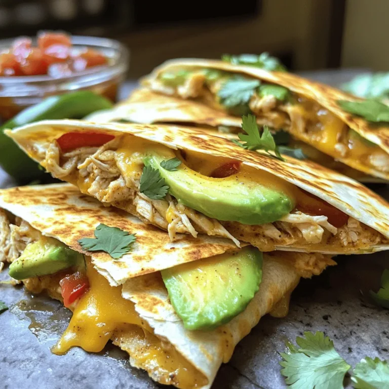 - 2 große Weizentortillas - 1 Tasse gekochtes Hühnchen, zerrupft - 1 reife Avocado, in Scheiben geschnitten - 1 Tasse geriebener Käse (Cheddar oder eine mexikanische Mischung) - 1/2 rote Paprika, in Scheiben geschnitten - 1/2 Tasse Mais (aus der Dose oder gefroren) - 1 Teelöffel Kreuzkümmel - 1 Teelöffel Chili-Pulver - 2 Esslöffel Olivenöl - Salz und Pfeffer nach Geschmack - Frischer Koriander oder Petersilie zur Garnitur (optional) - Salsa oder Sauerrahm zum Servieren Um die besten Quesadillas zu machen, wähle frische Zutaten. Achte auf reife Avocados. Sie sollten leicht drücken, aber nicht zu weich sein. Wähle Hühnchen, das frisch aussieht und gut riecht. Bei Paprika, suche nach leuchtenden Farben und festen Texturen. Frischer Mais gibt einen süßen Geschmack. Wenn du gefrorenen Mais wählst, achte darauf, dass er nicht gefroren ist. Frische Kräuter wie Koriander oder Petersilie geben einen tollen Geschmack. Eine Portion Hühnchen-Avocado-Quesadilla hat viele Nährstoffe. Diese Quesadilla liefert: - Kalorien: ca. 400 - Protein: ca. 30 g - Kohlenhydrate: ca. 35 g - Fett: ca. 20 g - Ballaststoffe: ca. 5 g Diese Nährwerte hängen von den genauen Zutaten ab. Du kannst die Nährstoffe anpassen, indem du weniger Käse oder mehr Gemüse verwendest. Die Quesadillas sind eine gute Wahl für eine schnelle und gesunde Mahlzeit. Schau dir das vollständige Rezept an, um mehr zu erfahren. Um die perfekte Hühnchen Avocado Quesadilla zu machen, beginne mit der Zubereitung. Du brauchst zwei große Weizentortillas. Diese sind die Basis für unsere Quesadillas. Die Tortillas sollten dünn und flexibel sein. Nehme eine mittelgroße Schüssel. Füge das zerrupfte Hühnchen, Kreuzkümmel, Chili-Pulver, Salz und Pfeffer hinzu. Mische alles gut. Das Hühnchen wird so lecker gewürzt. Erhitze dann 1 Esslöffel Olivenöl in einer Pfanne. Gib die geschnittene rote Paprika und den Mais dazu. Brate sie für 3-4 Minuten. Die Paprika sollte weich sein. Nimm das Gemüse aus der Pfanne und stelle es beiseite. Füge nun einen weiteren Esslöffel Olivenöl in die Pfanne. Lege eine Tortilla hinein. Belege die Tortilla mit der Hälfte des gewürzten Hühnchens, der Paprika, dem Mais, den Avocadoscheiben und etwas Käse. Klappe die Tortilla vorsichtig zu. Drücke sie leicht mit einem Pfannenwender an. Brate sie für 3-4 Minuten, bis sie goldbraun wird. Drehe die Quesadilla um und brate die andere Seite ebenfalls 3-4 Minuten. Nimm die Quesadilla aus der Pfanne und wiederhole den Vorgang mit der anderen Tortilla. Schneide die Quesadillas in Keile und serviere sie warm. Du kannst Salsa oder Sauerrahm dazu reichen. Für das gesamte Rezept schaue dir die [Full Recipe] an. Um knusprige Quesadillas zu erhalten, nutze eine beschichtete Pfanne. Erhitze die Pfanne gut, bevor du die Tortilla hinzufügst. Verwende auch ausreichend Öl, um die Tortilla gleichmäßig zu bräunen. Wende die Quesadilla erst, wenn die Unterseite goldbraun ist. So bleibt die Füllung warm und der Käse schmilzt perfekt. Ein häufiger Fehler ist, die Pfanne zu stark zu erhitzen. Das kann die Tortilla verbrennen, bevor der Käse schmilzt. Achte darauf, die Hitze niedrig bis mittel zu halten. Ein weiterer Fehler ist, zu viel Füllung zu verwenden. Das kann das Schließen der Quesadilla erschweren. Halte dich an die Mengen im Full Recipe, um die beste Textur zu erreichen. Für perfekte Quesadillas empfehle ich eine gute Pfanne oder eine Grillpfanne. Ein Pfannenwender hilft, die Quesadilla sicher zu wenden. Eine Tortillapresse kann auch nützlich sein, wenn du frische Tortillas machst. Schließlich ist ein scharfes Messer wichtig, um die Quesadillas in gleichmäßige Stücke zu schneiden. {{image_4}} Wenn du eine vegetarische Option suchst, probiere schwarze Bohnen oder Kichererbsen. Diese sind nahrhaft und lecker. Du kannst auch gegrilltes Gemüse wie Zucchini oder Auberginen hinzufügen. Diese Zutaten geben deinen Quesadillas eine tolle Textur und mehr Geschmack. Verschiedene Füllungen machen deine Quesadillas besonders. Füge etwas Spinat oder frische Tomaten hinzu. Auch Jalapeños bieten einen scharfen Kick. Für einen besonderen Geschmack kannst du Feta oder Blauschimmelkäse verwenden. Diese Käsesorten bringen eine neue Dimension in die Quesadilla. Quesadillas sind nicht nur mexikanisch. In Italien kannst du Mozzarella und Pesto verwenden. In Indien sind Paneer und Curry eine interessante Wahl. Diese kreativen Varianten zeigen, wie vielseitig dieses Gericht ist. Du kannst mit verschiedenen Kulturen und Geschmäckern spielen. So wird jede Quesadilla zu einem neuen Erlebnis. Für das vollständige Rezept, schau dir die Hühnchen-Avocado-Quesadillas an. Um die Frische deiner Hühnchen-Avocado-Quesadillas zu bewahren, lagere sie in einem luftdichten Behälter. Achte darauf, die Quesadillas vollständig abkühlen zu lassen, bevor du sie einpackst. So bleibt die Tortilla knusprig und die Füllung frisch. Du kannst sie auch mit Frischhaltefolie umwickeln. Stelle sicher, dass der Behälter in den Kühlschrank kommt. Dort halten sie sich etwa 3 Tage. Wenn du mehr Quesadillas zubereitest, kannst du sie einfach einfrieren. Lass sie zuerst abkühlen. Wickel jede Quesadilla in Frischhaltefolie und lege sie in einen Gefrierbeutel. Vergiss nicht, das Datum aufzuschreiben. So kannst du sie bis zu 2 Monate aufbewahren. Wenn du bereit bist, sie zu essen, nimm sie aus dem Gefrierfach und lasse sie im Kühlschrank auftauen. Um die Quesadillas wieder aufzuwärmen, kannst du eine Pfanne benutzen. Erhitze sie bei mittlerer Hitze. Lege die Quesadilla hinein und brate sie etwa 2-3 Minuten pro Seite. So bleibt die Tortilla knusprig. Alternativ kannst du sie im Ofen auf 180 Grad Celsius für 10 Minuten aufwärmen. So werden sie gleichmäßig warm und schmecken fast wie frisch zubereitet. Probier dazu etwas Salsa oder Sauerrahm aus dem Rezept. Du kannst Hühnchen-Avocado-Quesadillas bis zu drei Tage im Kühlschrank aufbewahren. Achte darauf, sie in einem luftdichten Behälter zu lagern. Wenn du die Quesadillas länger aufbewahren möchtest, friere sie ein. Sie bleiben bis zu drei Monate frisch im Gefrierfach. Vor dem Verzehr einfach im Kühlschrank auftauen und dann wieder aufwärmen. Ja, du kannst verschiedene Käsesorten verwenden. Cheddar, Monterrey Jack und Gouda passen gut zu diesem Rezept. Jede Käsesorte bringt ihren eigenen Geschmack mit. Experimentiere mit deinen Lieblingskäsesorten, um neue Geschmäcker zu entdecken. Ja, dieses Rezept ist perfekt für Anfänger. Die Zubereitung ist einfach und schnell. Du brauchst nur grundlegende Kochkenntnisse. Folge einfach der Schritt-für-Schritt-Anleitung in der [Full Recipe]. So kannst du sicher sein, dass deine Quesadillas lecker werden. Zusammenfassend haben wir die Zutaten, Zubereitung und Variationen der Hühnchen-Avocado-Quesadillas besprochen. Frische Zutaten machen den Unterschied. Nutze die Schritt-für-Schritt-Anleitung für einfache Zubereitung. Denke an die Tipps, um knusprige Quesadillas zu zaubern. Variationen bringen Abwechslung auf den Tisch. Mit dem richtigen Lagern genießest du deine Quesadillas länger. Diese Quesadillas sind einfach und lecker für jeden. Viel Spaß beim Kochen und Ausprobieren!