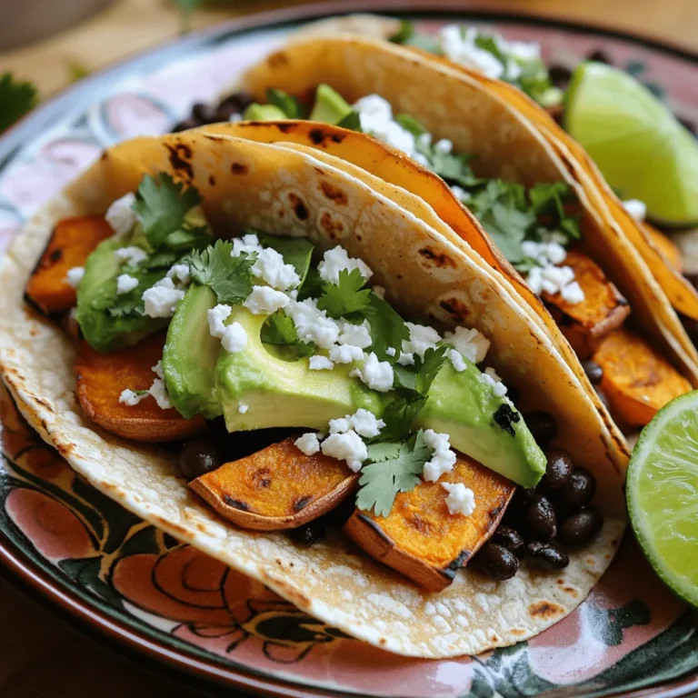 Für diese köstlichen Tacos benötigst du einige einfache Hauptzutaten. Sie sind entscheidend für den Geschmack und die Textur. Hier sind sie: - 2 große Süßkartoffeln, geschält und gewürfelt - 1 Esslöffel Olivenöl - 1 Teelöffel geräuchertes Paprikapulver - 1 Teelöffel Kreuzkümmel - ½ Teelöffel Knoblauchpulver - ½ Teelöffel Salz - ½ Teelöffel schwarzer Pfeffer - 8 kleine Maistortillas Die Süßkartoffeln bringen eine natürliche Süße. Das Olivenöl hilft beim Rösten. Die Gewürze bringen Geschmack und Tiefe. Gewürze sind das Herzstück jedes Rezepts. Sie verwandeln einfache Zutaten in etwas Besonderes. Für diese Tacos nutzen wir: - 1 Tasse schwarze Bohnen, abgetropft und abgespült - ½ Tasse zerbröckelter Feta-Käse (oder Cotija für mehr Authentizität) - 1 Avocado, in Scheiben geschnitten - Frische Korianderblätter, gehackt, zur Garnitur - Limettenviertel, zum Servieren Die schwarzen Bohnen fügen Protein hinzu und machen die Tacos sättigender. Feta-Käse bringt einen salzigen Geschmack. Avocado sorgt für Cremigkeit und Koriander gibt Frische. Die richtige Tortilla macht einen großen Unterschied. Ich empfehle kleine Maistortillas. Sie sind weich und leicht. Sie halten die Füllung gut zusammen. Du kannst sie auch in einer trockenen Pfanne kurz erhitzen. So werden sie warm und flexibel. Das macht das Essen noch besser. Für das vollständige Rezept schau dir bitte die [Full Recipe] an. Zuerst wählst du zwei große Süßkartoffeln aus. Schäle sie und schneide sie in kleine Würfel. Diese Würfel helfen beim Rösten, da sie gleichmäßig garen. Gib die gewürfelten Süßkartoffeln in eine große Schüssel. Füge einen Esslöffel Olivenöl hinzu. Dann kommen die Gewürze: ein Teelöffel geräuchertes Paprikapulver, ein Teelöffel Kreuzkümmel, ein halber Teelöffel Knoblauchpulver, ein halber Teelöffel Salz und ein halber Teelöffel schwarzer Pfeffer. Mische alles gut durch. Dadurch sind die Süßkartoffeln schön gewürzt. Heize deinen Ofen auf 220 °C vor. Lege die gewürzten Süßkartoffeln gleichmäßig auf ein Backblech. Achte darauf, dass sie nicht übereinander liegen. Röste sie für 25 bis 30 Minuten. Nach der Hälfte der Zeit rührst du die Süßkartoffeln um. Das sorgt für eine gleichmäßige Karamellisierung. Die Süßkartoffeln sind fertig, wenn sie zart und leicht gebräunt sind. Diese Karamellisierung gibt den Tacos einen tiefen, süßen Geschmack. Während die Süßkartoffeln rösten, kannst du die Tortillas vorbereiten. Erhitze die Maistortillas in einer trockenen Pfanne bei mittlerer Hitze. Jede Tortilla bleibt etwa 30 Sekunden in der Pfanne. So werden sie warm und flexibel. Jetzt kommt der spaßige Teil: das Zusammenstellen der Tacos. Lege eine warme Tortilla auf einen Teller. Füge einen Löffel der gerösteten Süßkartoffeln in die Mitte. Dann gib einige Löffel schwarze Bohnen darauf. Toppe die Mischung mit zerbröckeltem Feta-Käse und Avocadoscheiben. Garniere mit frischem Koriander und einem Spritzer Limettensaft. Deine Tacos sind jetzt bereit zum Genießen! Für das vollständige Rezept, schau dir die [Full Recipe] an. Um Süßkartoffeln perfekt zu rösten, achte auf die Größe der Würfel. Schneide die Süßkartoffeln in gleichmäßige Stücke. So garen sie gleichmäßig. Verwende viel Olivenöl, um den süßen Geschmack zu betonen. Die richtige Temperatur ist wichtig. Röste sie bei 220 °C für eine schöne Karamellisierung. Rühre sie nach der Hälfte der Zeit um, damit sie rundum goldbraun werden. Die Toppings machen die Tacos spannend. Neben Feta kannst du auch Avocado oder Guacamole verwenden. Frische Salsa bringt einen extra Kick. Probier auch geröstete Paprika oder Zwiebeln. Für mehr Textur fügen geröstete Nüsse oder Samen einen tollen Crunch hinzu. Experimentiere mit verschiedenen Kräutern, wie Petersilie oder Minze, um neue Aromen zu entdecken. Ein häufiger Fehler ist, die Süßkartoffeln zu dicht auf das Backblech zu legen. Das verhindert eine gute Röstung. Achte darauf, dass sie in einer einzigen Schicht liegen. Ein weiterer Fehler ist die Verwendung von zu wenig Gewürzen. Die Gewürze sind wichtig für den Geschmack. Probiere die Mischung vor dem Rösten, um sicherzustellen, dass sie gut gewürzt ist. Wenn du die Tacos zu früh zusammenstellst, kann die Tortilla matschig werden. Warte, bis die Süßkartoffeln fertig sind, bevor du die Tacos zusammenstellst. {{image_4}} Wenn du die Tacos vegan machen möchtest, gibt es tolle Optionen. Anstelle von Feta-Käse kannst du zerdrückte Avocado oder Cashew-Creme verwenden. Diese Optionen geben deinen Tacos eine cremige Textur. Du kannst auch veganen Käse verwenden, der auf Nüssen basiert. Diese Alternativen sind nicht nur lecker, sondern auch gesund. Sie bieten gesunde Fette und viel Geschmack. Probiere verschiedene Varianten, um deinen Favoriten zu finden. Schwarze Bohnen sind eine großartige Proteinquelle für deine Tacos. Sie sind nahrhaft und passen gut zu Süßkartoffeln. Du kannst auch andere Bohnen wie Kidneybohnen oder Pintobohnen verwenden. Wenn du Fleisch magst, sind gebratene Hähnchenstücke oder Rindfleisch tolle Optionen. Das Hinzufügen von proteinreichen Zutaten macht die Tacos noch sättigender. Du kannst auch Tofu oder Tempeh verwenden, um eine pflanzliche Proteinquelle zu haben. Experimentiere mit verschiedenen Gemüsesorten für mehr Geschmack und Farbe. Paprika, Zucchini und Mais passen gut zu gerösteten Süßkartoffeln. Diese Gemüsesorten bringen zusätzliche Nährstoffe und Texturen in deine Tacos. Du kannst auch Kreuzkümmel oder Chili für mehr Geschmack hinzufügen. Probiere die [Full Recipe], um die besten Kombis für deine Tacos zu finden. Wenn du einige Tacos übrig hast, lagere sie richtig. Wickele die Tacos in Frischhaltefolie oder lege sie in einen luftdichten Behälter. So bleiben sie frisch und lecker. Die Reste halten sich im Kühlschrank etwa drei bis fünf Tage. Achte darauf, sie schnell zu essen, um die besten Aromen zu genießen. Um die Tacos wieder warm zu machen, nutze eine Pfanne. Erhitze die Tacos bei mittlerer Hitze für ein paar Minuten. Das macht sie knusprig und schmackhaft. Du kannst auch die Füllung in der Mikrowelle aufwärmen. Achte darauf, die Tortillas nicht zu lange zu erhitzen, damit sie nicht trocken werden. Wenn du mehr über die Zubereitung erfahren möchtest, klicke auf die [Full Recipe]. Um die besten gerösteten Süßkartoffel-Tacos zu machen, beginne mit frischen Süßkartoffeln. Schneide sie in gleichmäßige Würfel. So garen sie gleichmäßig. Verwende Olivenöl und Gewürze wie geräuchertes Paprikapulver und Kreuzkümmel. Diese Gewürze geben einen tollen Geschmack. Röste die Süßkartoffeln bei 220 °C für 25-30 Minuten. Wende sie zur Hälfte der Zeit. So werden sie goldbraun und karamellisiert. Die Maistortillas sollten warm und flexibel sein. Fülle die Tortillas mit den Süßkartoffeln, Bohnen und Feta. Garniere mit Avocado und Koriander. Diese Kombi sorgt für ein leckeres Essen! Ja, du kannst die Süßkartoffeln im Voraus zubereiten. Koche die gewürfelten Süßkartoffeln und lasse sie abkühlen. Bewahre sie dann in einem luftdichten Behälter im Kühlschrank auf. So bleiben sie frisch. Du kannst sie bis zu drei Tage im Voraus machen. Wenn du bereit zum Essen bist, röste sie einfach kurz auf. Das bringt den Geschmack zurück. So sparst du Zeit, wenn du die Tacos zusammenstellst. Ja, Süßkartoffel-Tacos sind gesund. Süßkartoffeln sind reich an Vitaminen und Ballaststoffen. Sie bieten eine gute Nährstoffbasis. Die Bohnen fügen zusätzliches Protein hinzu. Feta-Käse bringt Kalzium und Geschmack. Du kannst die Tacos auch vegan machen, indem du den Käse weglässt. So sind sie noch gesünder. Dazu sind sie sehr sättigend. Du kannst sie genießen, ohne dir Sorgen zu machen! Geröstete Süßkartoffel-Tacos sind lecker und einfach zuzubereiten. Wir haben die besten Zutaten, Tipps und Variationen durchgenommen. Achte auf die richtigen Gewürze und Tortillas für die beste Textur. Wenn du Süßkartoffeln perfekt rösten und Toppings variieren möchtest, hast du viele Optionen. Vergiss nicht, wie man Reste richtig lagert. Experimentiere und finde deine Lieblingskombination. So machst du jedes Mal tolle Tacos. Jetzt liegt es an dir, das Rezept auszuprobieren und zu genießen!