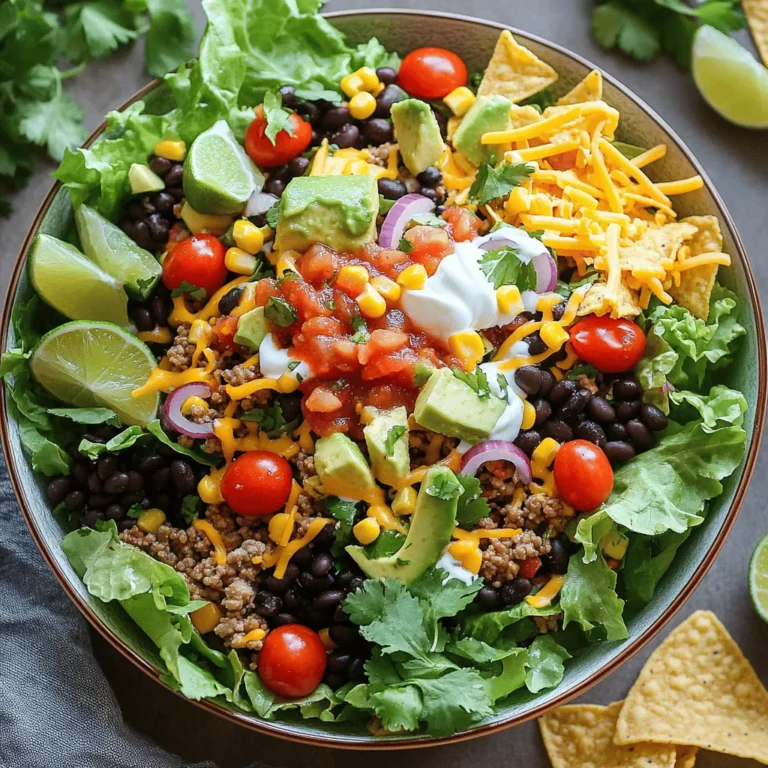 - 450 g gemahlenes Truthahn oder Rindfleisch - 1 Packung Taco-Gewürz - 1 Dose schwarze Bohnen - 1 Dose Mais - 1 Kopf Romaine-Salat Die Hauptzutaten sind einfach zu finden. Du beginnst mit 450 g gemahlenem Truthahn oder Rindfleisch. Das Fleisch gibt dem Salat den herzhaften Geschmack. Ein Taco-Gewürz von guter Qualität bringt die Aromen zusammen. Die schwarze Bohne und der Mais sorgen für eine schöne Textur. Der Romaine-Salat ist knackig und frisch. Er bildet die Basis für unseren Salat. - 150 g Kirschtomaten - 100 g geriebener Cheddar-Käse - 1 reife Avocado - 75 g rote Zwiebel - 125 g Salsa Frische Zutaten machen den Taco Salad lebendig. Die Kirschtomaten bringen Süße und Farbe. Käse ist ein Muss, also verwende 100 g geriebenen Cheddar-Käse. Eine reife Avocado fügt Cremigkeit hinzu. Die rote Zwiebel gibt einen scharfen Biss. Zuletzt sorgt die Salsa für einen würzigen Kick. Diese Zutaten machen den Salat bunt und lecker. - Tortilla-Chips - Frischer Koriander - Limettenspalten Serviere den Taco Salad mit Tortilla-Chips. Sie geben einen tollen Crunch. Frischer Koriander bringt einen frischen Geschmack. Limettenspalten sind perfekt, um alles abzurunden. Du kannst den Salat nach Belieben anpassen. Für das vollständige Rezept schaue dir die [Full Recipe] an. Zuerst musst du eine große Pfanne erhitzen. Ich empfehle mittlere Hitze. Gib dann 450 g gemahlenes Truthahn oder Rindfleisch in die Pfanne. Brate das Fleisch an, bis es durchgegart ist. Zerbrich das Fleisch mit einem Spatel, während es kocht. Achte darauf, überschüssiges Fett abzuschütten. Sobald das Fleisch fertig ist, füge 1 Packung Taco-Gewürz und 160 ml Wasser hinzu. Rühre alles gut um. Lass die Mischung fünf Minuten köcheln. So dicken die Aromen ein und das Fleisch wird würzig. Nimm eine große Salatschüssel. Lege den grob gehackten Romaine-Salat gleichmäßig auf den Boden. Verteile das gekochte Taco-Fleisch darüber. Füge dann die 425 g schwarzen Bohnen und die 425 g Mais hinzu. Jetzt kommt der Spaß! Schichte die halbierten Kirschtomaten, die gewürfelte Avocado und die fein gehackte rote Zwiebel oben drauf. Streue 100 g geriebenen Cheddar-Käse großzügig über alles. Träufle schließlich 125 g Salsa und 125 g Sauerrahm gleichmäßig über den Salat. So wird er frisch und cremig. Für den letzten Schliff kannst du Tortilla-Chips darüber streuen. Sie geben einen tollen Crunch. Du kannst auch frischen Koriander und Limettenspalten hinzufügen. Das macht den Salat noch besser. Wenn du mehr Variationen möchtest, probiere andere Zutaten. Du kannst auch Avocado oder Bohnen weglassen, je nach deinem Geschmack. Für das vollständige Rezept schaue dir die [Full Recipe](#) an. - Vermeidung von trockenem Fleisch: Um trockenes Fleisch zu vermeiden, brate das gemahlene Fleisch nicht zu lang. Achte darauf, es gut zu würzen. Das Taco-Gewürz hilft, den Geschmack zu verbessern und macht das Fleisch saftig. - Gleichmäßige Schichtung der Zutaten: Schichte die Zutaten gleichmäßig, wenn du deinen Taco Salat zusammenstellst. Beginne mit dem Salat als Basis. Füge dann das Fleisch, die Bohnen und den Mais hinzu. So bleibt alles frisch und sieht toll aus. - Optionen für vegetarische Taco Salate: Du kannst das Fleisch durch Tofu oder Quorn ersetzen. Diese Optionen sind großartig für Vegetarier und Veganer. Sie nehmen die Aromen gut auf und machen den Salat trotzdem sättigend. - Verwendung von verschiedenen Käsesorten: Experimentiere mit verschiedenen Käsesorten. Feta oder Monterey Jack sind tolle Alternativen. Sie geben dem Salat einen neuen Geschmack und sorgen für mehr Vielfalt. - Marinieren von Zutaten: Marinieren ist wichtig, um den Geschmack zu intensivieren. Du kannst die Bohnen oder das Gemüse in einem einfachen Dressing marinieren. Ein Essig-Öl-Dressing verstärkt die Aromen. - Verwendung von frischen Kräutern: Frische Kräuter wie Koriander oder Petersilie bringen Frische in deinen Salat. Sie verleihen jedem Biss mehr Geschmack und machen das Gericht noch ansprechender. {{image_4}} Für einen Veggie-Taco Salad kann ich dir Tofu oder Quorn empfehlen. Diese Optionen bieten eine tolle Textur und Geschmack. Du kannst sie wie das Fleisch zubereiten. Einfach anbraten und mit Taco-Gewürz würzen. Füge dann mehr Gemüse hinzu, wie Paprika, Gurken oder Karotten. Das macht den Salat bunt und knackig. Ein Nachos-Taco Salad ist einfach und lecker. Verwende Tortilla-Chips als Basis. Das gibt dem Salat einen tollen Crunch. Du kannst auch die Salsa anpassen. Mehr Gewürze oder frische Kräuter bringen zusätzlichen Geschmack. So wird jeder Bissen spannend und frisch. Für einen süß-sauren Taco Salad füge frischen Mais hinzu. Er bringt eine süße Note. Ananasstücke sorgen für einen fruchtigen Kick. Diese Kombination ist unerwartet, aber sehr lecker. Probiere es aus und entdecke neue Aromen. Wie lagert man übrig gebliebenen Taco Salad? Du kannst ihn in einem luftdichten Behälter im Kühlschrank aufbewahren. Stelle sicher, dass du die Tortilla-Chips separat lagerst, damit sie knusprig bleiben. Wenn du nach ein paar Tagen noch Reste hast, schau dir die Frische der Zutaten an. Tipps für die Frische der Zutaten: Achte darauf, dass die Avocado und die Tomaten nicht matschig werden. Du kannst die Avocado auch erst beim Servieren hinzufügen. Das hält sie frisch und grün. Wie lange hält sich Taco Salad im Kühlschrank? In der Regel bleibt er 3 bis 4 Tage frisch. Achte darauf, die Reste gut zu verschließen, um Gerüche zu vermeiden. Erkennen von Verderb: Wenn der Salat unangenehm riecht oder die Farben sich ändern, ist es Zeit, ihn wegzuwerfen. Überprüfe die Bohnen und den Käse auf Anzeichen von Schimmel. Was kann man mit Resten machen? Du kannst sie in eine Tortilla wickeln und eine Burrito machen. Eine andere Idee ist, alles in einer Pfanne zu erhitzen und es als Nachos zu genießen. Ideen für neue Gerichte mit übrig gebliebenen Zutaten: Mische den Taco Salad in einem Omelett oder verwende ihn als Füllung für gefüllte Paprika. Das gibt dir viele neue Geschmackserlebnisse! H2 - Häufig gestellte Fragen (FAQs) H3 - Wie kann ich das Fleisch im Taco Salat ersetzen? Es gibt viele Wege, das Fleisch zu ersetzen. Du kannst Tofu oder Tempeh verwenden. Diese Optionen sind gesund und lecker. Eine andere Wahl ist, schwarze Bohnen als Hauptzutat zu nehmen. Sie sind reich an Proteinen und Ballaststoffen. Für einen zusätzlichen Kick, füge Gewürze hinzu. So bleibt der Geschmack stark und würzig. H3 - Kann ich den Salat im Voraus zubereiten? Ja, du kannst den Salat im Voraus machen. Bereite die Zutaten vor, aber mische sie nicht. Das hält alles frisch. Lagere die einzelnen Teile in separaten Behältern. Der Salat bleibt so knackig und lecker. Am besten isst du ihn innerhalb von zwei Tagen. Achte darauf, die Avocado erst kurz vor dem Servieren hinzuzufügen. So wird sie nicht braun. H3 - Was sind die besten Beilagen für Taco Salad? Taco Salat passt gut zu vielen Beilagen. Tortilla-Chips sind immer eine gute Wahl. Sie geben einen tollen Crunch. Salsa und Sauerrahm sind auch wichtig. Sie fügen Frische und Geschmack hinzu. Wenn du magst, füge Guacamole oder frische Korianderblätter hinzu. Diese Beilagen machen den Salat noch besser. Zusammenfassend haben wir die Zutaten, die Zubereitung und die Variationen des Taco Salads betrachtet. Sie können ihn mit frischen Zutaten und vielfältigen Toppings anpassen. Nutzen Sie unsere Tipps, um besten Geschmack und Textur zu erreichen. Der Taco Salad ist nicht nur lecker, sondern auch einfach. Probieren Sie verschiedene Rezepte und genießen Sie die Vielfalt. Machen Sie ihn zu Ihrem eigenen und teilen Sie ihn mit Freunden. Viel Spaß beim Zubereiten!