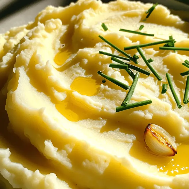 - 900 g Yukon Gold Kartoffeln, geschält und gewürfelt - 1 Kopf Knoblauch - 240 ml Schlagsahne - 60 g ungesalzene Butter - 1 Teelöffel Salz - ½ Teelöffel schwarzer Pfeffer - 2 Esslöffel frische Schnittlauch, fein gehackt (optional) - Natives Olivenöl extra (zum Beträufeln) Für diese köstlichen, cremigen Knoblauchmashed Potatoes benötigen Sie einfache, frische Zutaten. Yukon Gold Kartoffeln sind perfekt, da sie gut schmecken und eine tolle Textur haben. Der geröstete Knoblauch bringt einen süßen, tiefen Geschmack. Schlagsahne und Butter sorgen für die samtige Konsistenz. Sie können auch frischen Schnittlauch hinzufügen, um mehr Frische zu bringen. Salz und Pfeffer runden das Ganze ab. Wenn Sie die Zutaten bereit haben, sind Sie bereit für die Zubereitung. Schauen Sie sich das Full Recipe an, um die Schritte zur perfekten Zubereitung zu erfahren. Heize deinen Ofen auf 200°C vor. Nimm einen Kopf Knoblauch und schneide die Oberseite ab. So zeigst du die Zehen. Beträufle ihn mit etwas Olivenöl. Wickele den Knoblauch in Aluminiumfolie ein. Röste ihn für 30-35 Minuten. Er wird weich und karamellisiert. Lass den Knoblauch kurz abkühlen. Drücke die Zehen in eine Schüssel. Während der Knoblauch röstet, bereite die Kartoffeln vor. Schäle 900 g Yukon Gold Kartoffeln und würfle sie. Gib die Kartoffeln in einen großen Topf. Bedecke sie mit kaltem Wasser. Füge 1 Teelöffel Salz hinzu. Bringe das Wasser zum Kochen. Koche die Kartoffeln für 15-20 Minuten. Prüfe sie mit einer Gabel. Sie sollten leicht durchstochen werden können. Nach dem Kochen lasse die Kartoffeln abtropfen. Gib sie zurück in den Topf. Stelle den Topf für einige Minuten auf niedrige Hitze. So dampfen die Kartoffeln leicht. Sie trocknen und bekommen die perfekte Konsistenz. In einer großen Schüssel fügst du die gerösteten Knoblauchzehen hinzu. Schiebe die Zehen aus der Haut. Gib 240 ml Schlagsahne und 60 g ungesalzene Butter dazu. Stampfe alles zusammen. So erreichst du die gewünschte Cremigkeit. Du kannst einen Kartoffelstampfer oder eine Presse verwenden. Rühre Salz und schwarzen Pfeffer unter das Püree. Probiere es und passe die Gewürze nach deinem Geschmack an. Du kannst noch frischen Schnittlauch hinzufügen. Als Garnitur kannst du etwas Olivenöl darüberträufeln. Einige geröstete Knoblauchzehen obendrauf geben. Das gibt dem Gericht einen schönen Look und extra Geschmack. Für das vollständige Rezept, schau dir die [Full Recipe] an. Um das perfekte, cremige Püree zu erhalten, sind einige Tipps hilfreich. Zuerst ist die Wahl der Kartoffeln wichtig. Yukon Gold Kartoffeln sind ideal. Sie sind cremig und haben einen tollen Geschmack. Achte darauf, die Kartoffeln gut zu dämpfen, nachdem du sie gekocht hast. Dies hilft, überschüssige Feuchtigkeit zu entfernen. Vermeide es, die Kartoffeln zu überkochen. Das führt zu einem wässrigen Püree. Wenn du das Püree mit einem Kartoffelstampfer machst, lass es nicht zu lange stampfen. So bleibt die Konsistenz gut. Die Röstmethoden für Knoblauch können variieren. Du kannst ihn im Ofen rösten, wie im Rezept beschrieben. Eine andere Methode ist das Rösten in einer Pfanne. Schneide die Knoblauchzehen in Scheiben und brate sie in Olivenöl. Das gibt einen anderen, intensiven Geschmack. Du kannst auch schwarzen Knoblauch verwenden. Er hat einen süßeren, milden Geschmack und ist eine spannende Variante. Probiere verschiedene Arten aus, um deinen Favoriten zu finden. Roasted Garlic Mashed Potatoes passen zu vielen Hauptgerichten. Sie sind eine tolle Beilage zu Fleisch, Fisch oder Gemüse. Serviere sie zu gebratenem Hühnchen oder einem saftigen Steak. Für die Präsentation kannst du das Püree in einer Schüssel anrichten. Mit frischem Schnittlauch bestreuen und etwas Olivenöl darüberträufeln. Das sieht nicht nur gut aus, sondern schmeckt auch lecker. Portioniere das Püree gleichmäßig auf den Tellern. So sieht es appetitlich aus. Wenn du Gäste hast, wird es sicher beeindrucken! {{image_4}} Um Roasted Garlic Mashed Potatoes vegan zu machen, tauschen Sie Butter und Sahne aus. Verwenden Sie pflanzliche Butter und ungesüßte pflanzliche Milch. Diese Produkte geben dem Püree eine ähnliche cremige Textur. Einige mögen auch Kokosmilch, um einen neuen Geschmack hinzuzufügen. Achten Sie darauf, die Gewürze anzupassen, um den vollen Geschmack zu erhalten. Sie können weitere Kräuter und Gewürze hinzufügen, um den Geschmack zu erweitern. Frischer Rosmarin oder Thymian verleihen dem Püree eine besondere Note. Auch geräucherte Paprika bringt einen tiefen, erdigen Geschmack. Versuchen Sie, regionale Zutaten zu verwenden. So fügen Sie Ihrem Gericht eine persönliche Note hinzu. Für Käseliebhaber gibt es viele Möglichkeiten. Fügen Sie frisch geriebenen Parmesan oder Cheddar hinzu, um den Geschmack zu verbessern. Diese Käsesorten schmelzen gut und geben eine köstliche Cremigkeit. Sie können auch Ziegenkäse verwenden, um eine neue Dimension zu schaffen. Denken Sie daran, die Menge an Salz zu reduzieren, wenn Sie Käse hinzufügen, da dieser oft schon salzig ist. Genießen Sie die Variationen und probieren Sie neue Kombinationen aus! Für das vollständige Rezept schauen Sie sich die Anleitung an. Um die Reste von den Roasted Garlic Mashed Potatoes frisch zu halten, solltest du sie in einem luftdichten Behälter aufbewahren. Stelle sicher, dass der Behälter gut verschlossen ist, um Feuchtigkeit zu vermeiden. Du kannst das Püree auch portionsweise einfrieren. So hast du immer eine leckere Beilage zur Hand. Im Kühlschrank halten sich die Kartoffeln etwa 3 bis 5 Tage. Achte darauf, sie schnell zu verwenden, um die beste Qualität zu gewährleisten. Wenn du dein Püree wieder aufwärmen möchtest, mache das am besten in einem Topf bei niedriger Hitze. Rühre dabei ständig, damit es gleichmäßig heiß wird. Du kannst auch etwas Schlagrahm oder Butter hinzufügen, um die Cremigkeit zu bewahren. Vermeide es, das Püree in der Mikrowelle zu erhitzen, da dies oft zu einer krümeligen Textur führt. Achte darauf, dass du es nicht zu lange erhitzt, um die Konsistenz zu erhalten. Hast du Reste übrig? Perfekt! Du kannst sie in leckere Gerichte verwandeln. Mische das Püree mit Eiern und brate es als Kartoffelpuffer. Du kannst auch kleine Häufchen auf ein Backblech setzen und im Ofen backen, um knusprige Knoblauch-Kartoffel-Bällchen zu machen. Eine andere Idee ist, es in Suppen zu integrieren, um diese cremiger zu machen. Es gibt viele kreative Möglichkeiten, dein übrig gebliebenes Püree zu nutzen! Um Knoblauchmashed Potatoes zu würzen, probiere verschiedene Kräuter und Gewürze. Du kannst frische Kräuter wie Petersilie oder Thymian hinzufügen. Für einen extra Kick, füge etwas geräuchertes Paprikapulver hinzu. Wenn du es schärfer magst, ist etwas Cayennepfeffer eine gute Wahl. Denke daran, die Gewürze nach deinem Geschmack anzupassen. Reste kannst du in einem luftdichten Behälter im Kühlschrank aufbewahren. Dort halten sie bis zu drei Tage frisch. Wenn du sie länger aufbewahren möchtest, friere sie ein. Im Gefrierschrank sind sie bis zu zwei Monate haltbar. Achte darauf, sie gut zu verpacken, damit sie nicht austrocknen. Ja, du kannst verschiedene Kartoffelsorten verwenden. Mehligkochende Kartoffeln sind die beste Wahl. Sie ergeben ein leichtes und luftiges Püree. Du kannst auch festkochende Kartoffeln verwenden, wenn du eine etwas festere Textur magst. Süßkartoffeln sind eine gute Option für einen anderen Geschmack. Knoblauchmashed Potatoes passen gut zu vielen Gerichten. Sie sind eine tolle Beilage zu gegrilltem Fleisch oder Fisch. Auch zu Gemüsegerichten schmecken sie lecker. Du kannst sie mit einer Sauce oder einem Braten servieren. Sie ergänzen sich gut mit gebratenem Gemüse oder einem frischen Salat. Am Ende dieses Beitrags haben Sie viel über die Zubereitung von Knoblauchpüree gelernt. Wir haben die Zutaten, die Schritt-für-Schritt-Anleitung, und wertvolle Tipps besprochen. Sie wissen nun, wie Sie perfekt cremiges Püree erhalten und es nach Ihrem Geschmack anpassen. Vergessen Sie nicht, kreative Ideen zur Lagerung und Verwertung von Resten zu nutzen. Nutzen Sie diese Informationen, um Ihre nächste Mahlzeit zu bereichern. Probieren Sie verschiedene Variationen aus und lassen Sie sich inspirieren!