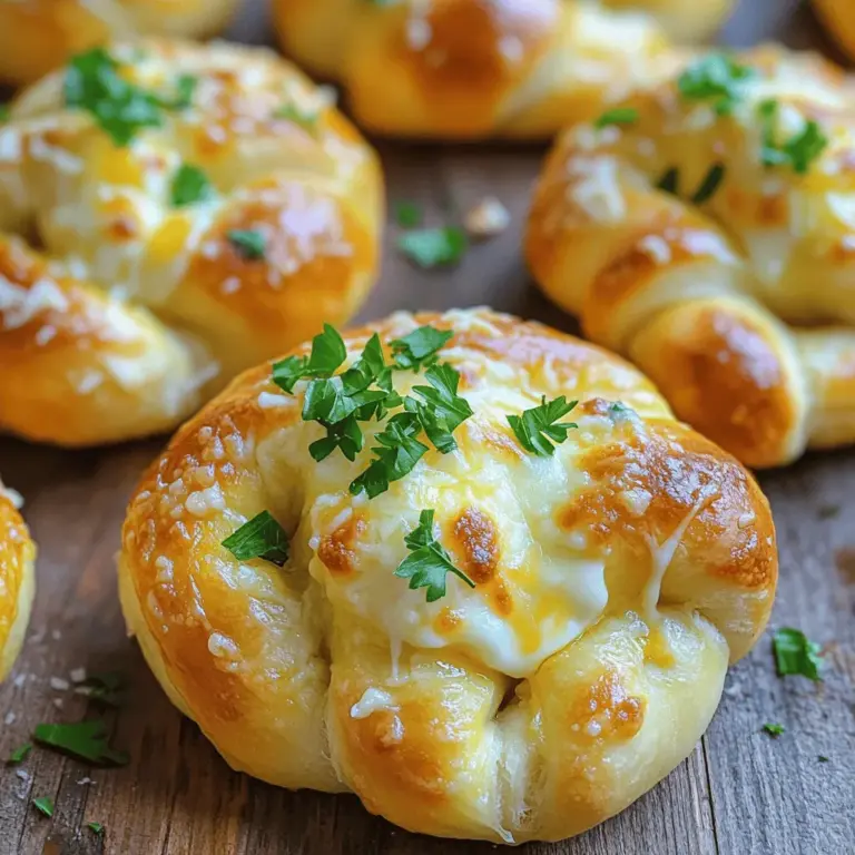 Für leckere Knoblauchknoten brauchst du einige Hauptzutaten. Diese sind einfach zu finden und machen dein Gericht besonders. Hier sind die Zutaten: - 450 g Pizzateig (fertig gekauft oder selbstgemacht) - 60 g ungesalzene Butter, geschmolzen - 4 Knoblauchzehen, fein gehackt - 1 Teelöffel italienische Gewürzmischung - 50 g geriebener Parmesan - 50 g geriebener Mozzarella - Frische Petersilie, gehackt (zum Garnieren) - Salz nach Geschmack Die richtige Würze macht den Unterschied. Du kannst mit verschiedenen Gewürzen experimentieren. Neben der italienischen Gewürzmischung kannst du auch Oregano oder Basilikum nutzen. Diese Kräuter verleihen den Knoten ein tolles Aroma. Käse ist ebenfalls wichtig. Parmesan hat einen kräftigen Geschmack, perfekt für Knoblauchknoten. Mozzarella sorgt für eine schöne, schmelzende Textur. Du kannst auch andere Käsesorten ausprobieren, wie Cheddar oder Gouda, je nach Vorliebe. Die Wahl des Pizzateigs beeinflusst dein Endergebnis. Du kannst fertigen Teig kaufen oder ihn selbst machen. Wenn du ihn selbst machst, achte auf die Zutaten. Mehl, Wasser, Hefe und Salz sind wichtig. Der Teig sollte gut durchgeknetet werden, damit er schön luftig wird. Fertiger Teig ist eine schnelle Lösung. Achte darauf, dass er frisch ist. Überprüfe das Haltbarkeitsdatum. Du kannst auch glutenfreien Teig wählen, wenn du eine glutenfreie Option benötigst. Wenn du diese Zutaten und Tipps beachtest, wird dein Rezept ganz sicher ein Hit. Für das volle Rezept schau dir die vollständige Anleitung an: [Full Recipe]. Zuerst brauchst du Pizzateig. Du kannst ihn kaufen oder selbst machen. Wenn du selbst machst, mische Mehl, Wasser, Hefe und eine Prise Salz. Knete den Teig gut durch, bis er glatt ist. Lass ihn dann an einem warmen Ort gehen, bis er sich verdoppelt hat. Das dauert etwa eine Stunde. Rolle den Teig auf einer bemehlten Fläche aus. Er sollte ein Rechteck von etwa einem Zentimeter dick sein. Schneide ihn in Streifen von 2,5 cm Breite und 12,5 cm Länge. Nimm einen Streifen, forme ihn zu einem Knoten, indem du die Enden überkreuzt und unter den Knoten tuckst. Lege die Knoten auf ein Backblech, das mit Backpapier ausgelegt ist. In einer kleinen Schüssel vermischst du geschmolzene Butter, gehackten Knoblauch, italienische Gewürze und eine Prise Salz. Rühre alles gut um. Bestreiche jeden Knoten großzügig mit der Mischung. Hebe etwas von der Knoblauchbutter auf, um die Knoten nach dem Backen zu beträufeln. Backe die Knoten bei 200°C für 12 bis 15 Minuten. Sie sollten goldbraun sein und lecker duften. Um perfekte Knoblauchknoten zu machen, achte auf den Teig. Der Pizzateig sollte weich, aber nicht klebrig sein. Wenn du ihn ausrollst, benutze genügend Mehl. Das hilft, dass der Teig nicht anklebt. Achte darauf, die Knoten gleichmäßig zu formen. Jeder Knoten sollte gleich groß sein, damit sie gleichmäßig backen. Die Knoblauch-Butter-Mischung sollte frisch und warm sein. So ziehen die Aromen besser in die Knoten ein. Wenn die Knoten zu fest werden, kann das an zu viel Mehl liegen. Achte darauf, den Teig nicht zu stark zu bearbeiten. Wenn du beim Ausrollen zu viel Mehl verwendest, wird der Teig hart. Ein anderer Grund kann zu langes Backen sein. Überprüfe die Knoten nach 12 Minuten. Wenn sie goldbraun sind, nimm sie sofort heraus. Du kannst auch etwas Wasser in den Ofen sprühen, um Dampf zu erzeugen. Das macht die Knoten weicher. Du kannst die Knoblauchknoten leicht anpassen. Probiere, verschiedene Käsesorten zu verwenden. Füge Feta oder Cheddar hinzu, um neue Aromen zu entdecken. Auch frische Kräuter wie Rosmarin oder Thymian bringen einen tollen Geschmack. Du kannst die Knoblauchmenge anpassen, je nach Vorliebe. Für eine scharfe Note kannst du etwas Chili oder Paprika verwenden. Jede Variante macht die Knoten einzigartig und lecker! {{image_4}} Käse macht Knoblauchknoten besonders lecker. Du kannst verschiedene Käsesorten ausprobieren. Probiere zum Beispiel Feta oder Gouda. Beide verleihen einen tollen Geschmack. Ein Mix aus mehreren Käsesorten bringt noch mehr Vielfalt. Parmesan, Mozzarella und Cheddar harmonieren gut zusammen. Wenn du experimentierfreudig bist, füge auch Blauschimmelkäse hinzu. Der kräftige Geschmack kann deine Knoten aufpeppen. Wenn du vegan oder glutenfrei essen möchtest, gibt es gute Alternativen. Für vegane Knoblauchknoten verwende pflanzliche Butter und veganen Käse. Viele Produkte sind mittlerweile sehr lecker. Glutenfreier Pizzateig ist ebenfalls erhältlich. Schau in deinem Supermarkt nach. Achte darauf, dass alle Zutaten wirklich glutenfrei sind. So kannst du die Knoten genießen, ohne Sorgen zu haben. Kräuter und Gewürze bringen neuen Schwung in deine Knoblauchknoten. Frischer Oregano oder Thymian passt gut. Diese Kräuter geben einen tollen Aroma. Du kannst auch etwas Chili oder Paprika hinzufügen, wenn du es scharf magst. Experimentiere auch mit geräuchertem Paprika für einen besonderen Geschmack. Mit diesen kleinen Änderungen machst du deine Knoten einzigartig und spannend. Um die Knoblauchknoten frisch zu halten, lege sie in einen luftdichten Behälter. Du kannst auch ein Stück Küchenpapier dazulegen, um Feuchtigkeit aufzunehmen. So bleiben sie knusprig. Lagere die Knoten bei Raumtemperatur. Sie halten sich so zwei bis drei Tage. Wenn du die Knoblauchknoten länger aufbewahren möchtest, friere sie ein. Lass die Knoten zuerst abkühlen. Lege sie dann in einen Gefrierbeutel. Achte darauf, die Luft herauszudrücken. So bleibst du auf der sicheren Seite. Zum Aufwärmen, nimm die Knoten aus dem Gefrierfach und lasse sie bei Raumtemperatur auftauen. Danach kannst du sie im Ofen bei 180°C für etwa 10 Minuten aufbacken. So werden sie wieder knusprig. Die Haltbarkeit der Knoblauchknoten hängt von der Lagerung ab. Bei Zimmertemperatur bleiben sie zwei bis drei Tage frisch. Im Kühlschrank halten sie sich etwa eine Woche. Wenn du sie einfrierst, sind sie bis zu drei Monate haltbar. Achte darauf, die Knoten vor direkter Hitze zu schützen. So bleiben sie schmackhaft und lecker. Die Knoblauchknoten backen in etwa 12 bis 15 Minuten. Du willst sie goldbraun und knusprig haben. Achte darauf, sie nicht zu lange im Ofen zu lassen. So bleiben sie weich und lecker. Ja, du kannst den Pizzateig selbst machen. Mische Mehl, Wasser, Hefe, und Salz. Lass den Teig dann ruhen, bis er aufgeht. Dies gibt dir die Freiheit, den Teig nach deinem Geschmack anzupassen. Ein häufiger Fehler ist, den Teig zu fest zu kneten. Das macht die Knoten zäh. Ein weiterer Fehler ist, die Knoblauchbutter nicht gleichmäßig zu verteilen. So schmecken manche Knoten weniger gut. Ja, du kannst die Knoten vorbereiten und im Kühlschrank lagern. So sparst du Zeit, wenn du sie backen willst. Du kannst sie auch einfrieren und später aufbacken. Serviere die Knoblauchknoten mit Marinara-Sauce oder einem frischen Salat. Das ergänzt den Geschmack der Knoten sehr gut. Das Rezept ergibt etwa 12 Knoten. Das reicht gut für eine kleine Gruppe oder einen Snack. Du kannst die Menge leicht verdoppeln, wenn du mehr Leute hast. Für das vollständige Rezept schaue bitte in den Abschnitt "Zutaten". Selbstgemachte Knoblauchknoten sind einfach und lecker. In diesem Blogbeitrag habe ich die Hauptzutaten und die Zubereitung erklärt. Du hast gelernt, wie man den perfekten Pizzateig auswählt und was du beachten musst, um die Knoten perfekt hinzubekommen. Variationen wie vegane oder glutenfreie Optionen bieten viele Möglichkeiten. Denk daran, die Knoblauchknoten gut zu lagern und aufzuwärmen. Mit meinen Tipps bist du bereit für deinen nächsten Snack. Probiere es aus und genieße jeden Biss!