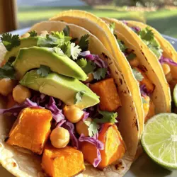 - 2 mittelgroße Süßkartoffeln - 1 Dose Kichererbsen - 8 Tortillas aus Mais Die Hauptzutaten sind einfach zu finden und lecker. Süßkartoffeln geben einen süßen Geschmack und eine tolle Farbe. Kichererbsen bringen die nötige Proteinquelle. Die Tortillas aus Mais sind weich und ideal für unsere Tacos. - Olivenöl - Geräucherter Paprika - Kreuzkümmel - Chilipulver Die Gewürze machen alles besser. Olivenöl sorgt dafür, dass die Süßkartoffeln und Kichererbsen schön rösten. Geräucherter Paprika gibt einen tiefen, rauchigen Geschmack. Kreuzkümmel und Chilipulver bringen die Würze, die diese Tacos brauchen. - Avocado - Rotkohl - Frischer Koriander - Limetten Frische Zutaten machen den Unterschied. Die Avocado macht die Tacos cremig. Rotkohl sorgt für einen schönen Crunch. Frischer Koriander gibt einen tollen Duft. Limetten bringen Frische und einen spritzigen Geschmack. Diese frischen Zutaten runden die Tacos perfekt ab. Du kannst alle Zutaten in den meisten Supermärkten finden. Für das vollständige Rezept, schau dir bitte [Full Recipe] an. Heize den Ofen auf 220 °C vor. Das macht die Süßkartoffeln und Kichererbsen schön knusprig. Während der Ofen heizt, schäle und würfle zwei mittelgroße Süßkartoffeln. Öffne eine Dose Kichererbsen und spüle sie gut ab. Du willst die Kichererbsen sauber und bereit für das Rösten haben. Gib die gewürfelten Süßkartoffeln und die Kichererbsen in eine große Schüssel. Füge zwei Esslöffel Olivenöl hinzu. Streue einen Teelöffel geräucherten Paprika, einen Teelöffel Kreuzkümmel, und einen halben Teelöffel Chilipulver darüber. Vergiss das Salz und den Pfeffer nicht! Mische alles gut, damit die Gewürze gleichmäßig verteilt sind. Verteile die Mischung auf einem Backblech in einer einzelnen Schicht. Röste sie im Ofen für 25 bis 30 Minuten. Rühre die Mischung einmal um, damit alles gleichmäßig bräunt. Während die Mischung röstet, erwärme die Tortillas in einer trockenen Pfanne über mittlerer Hitze. Mache das für jeweils 1 bis 2 Minuten auf jeder Seite. So bleiben sie weich und geschmeidig. Wenn die Süßkartoffeln und Kichererbsen fertig sind, nimm das Blech aus dem Ofen. Jetzt kannst du die Tacos zusammenstellen! Lege einen Löffel der Mischung auf jede Tortilla. Garniere die Tacos mit Avocadoscheiben, geriebenem Rotkohl und frischem Koriander. Serviere die Tacos mit Limettenvierteln für einen frischen Kick. Für das gesamte Rezept, schau dir das [Full Recipe] an. Für gleichmäßiges Rösten von Süßkartoffeln und Kichererbsen ist die Vorbereitung entscheidend. Schneide die Süßkartoffeln in gleich große Würfel. So garen sie gleichmäßig. Lege auch die Kichererbsen auf das Backblech. Mischt die Zutaten gut mit Olivenöl und Gewürzen. Verteile sie in einer einzigen Schicht. Rühre die Mischung nach der Hälfte der Zeit um. So wird alles goldbraun und knusprig. Um die Tacos aufzupeppen, kannst du frische Beilagen hinzufügen. Probiere etwas Limettensaft über die Tacos. Avocadoscheiben bringen Cremigkeit. Rotkohl fügt einen knackigen Biss hinzu. Du kannst auch eine scharfe Salsa oder einen Joghurt-Dip anbieten. Diese Saucen bringen Frische und Geschmack. Du kannst die Zutaten nach deinem Geschmack anpassen. Ersetze Süßkartoffeln durch Kürbis für einen anderen Geschmack. Statt Kichererbsen kannst du schwarze Bohnen verwenden. Füge auch Mais oder Paprika für mehr Farbe hinzu. Experimentiere mit verschiedenen Gewürzen wie Curry oder Chili. So kreierst du dein eigenes Taco-Rezept. Weitere Ideen findest du im Full Recipe. {{image_4}} Für eine noch pflanzenbasiertere Mahlzeit kannst du diese Tacos einfach anpassen. Das Rezept ist bereits vegan, da es keine tierischen Produkte enthält. Du kannst die Tortillas durch glutenfreie Varianten ersetzen, wenn du Gluten meiden möchtest. Eine tolle Option ist die Verwendung von Linsen statt Kichererbsen. Sie sind reich an Proteinen und geben einen ähnlichen Geschmack. Die Gewürze machen den Unterschied! Du kannst mit verschiedenen Kombinationen spielen. Probiere zum Beispiel Kurkuma und Zimt für eine süßere Note oder Ingwer für etwas Schärfe. Wenn du es schärfer magst, füge mehr Chilipulver oder frische Chilis hinzu. Eine Mischung aus asiatischen Gewürzen, wie fünf Gewürze oder Sojasauce, kann auch neue Geschmäcker bringen. Du kannst die Tacos nach Belieben anpassen. Füge gegrillte Paprika oder Zucchini hinzu, um mehr Gemüse zu integrieren. Für zusätzliche Proteine sind schwarze Bohnen oder Quinoa ebenfalls großartige Optionen. Diese Zutaten machen die Tacos noch nahrhafter und interessanter. Du kannst auch etwas Käse oder Joghurt als Garnierung verwenden, um die Texturen zu variieren. Für das vollständige Rezept, schau dir die Anleitung an: [Full Recipe]. Um die Reste von gerösteten Süßkartoffel- und Kichererbsen-Tacos gut zu lagern, sollten Sie einige einfache Schritte beachten. Bewahren Sie die einzelnen Zutaten getrennt auf. Legen Sie die Süßkartoffeln und Kichererbsen in einen luftdichten Behälter. Machen Sie dasselbe mit den Tortillas. Frische Zutaten wie Avocado und Koriander sollten Sie separat halten, um ihre Frische zu bewahren. Sie können die Zutaten auch in kleinen Portionen aufteilen. So haben Sie immer etwas zur Hand. Die Reste sollten im Kühlschrank aufbewahrt werden. Sie bleiben dort etwa 3 bis 4 Tage frisch. Achten Sie darauf, die Behälter gut zu verschließen. So verhindern Sie, dass die Zutaten austrocknen oder Gerüche aufnehmen. Wenn Sie die Reste länger aufbewahren möchten, können Sie die Süßkartoffeln und Kichererbsen auch einfrieren. Sie halten sich im Gefrierfach bis zu 3 Monate. Um die Tacos aufzuwärmen, empfehle ich, die Zutaten schnell in einer Pfanne zu erhitzen. Erhitzen Sie die Süßkartoffeln und Kichererbsen bei mittlerer Hitze, bis sie warm sind. Für die Tortillas können Sie eine trockene Pfanne verwenden. Erhitzen Sie sie kurz auf jeder Seite, bis sie weich sind. So bleiben die Tacos lecker und frisch. Vermeiden Sie die Mikrowelle, da dies die Tortillas zäh machen kann. Genießen Sie die Tacos frisch und lecker! Dieses Rezept ergibt vier Portionen. Jede Portion enthält zwei Tacos. Du kannst die Portionen leicht anpassen. Wenn du mehr Gäste hast, verdopple einfach die Zutaten. Möchtest du weniger machen? Halbiere die Zutaten. So bleibt das Rezept flexibel und passt zu deinem Bedarf. Ja, du kannst die Süßkartoffeln vorbereiten. Schäle und würfle sie einen Tag vorher. Lege sie in einen Behälter im Kühlschrank. Du kannst sie auch vor dem Rösten marinieren. So sparen wir Zeit beim Kochen. Wenn du bereit bist, röste sie einfach im Ofen. Das macht es einfach und schnell. Diese Tacos passen gut zu vielen Getränken. Ein frischer Limettensaft ist klassisch. Auch ein leichtes Bier passt gut dazu. Für etwas Besonderes probiere eine Margarita oder einen Mojito. Wenn du alkoholfrei bleiben möchtest, ist Limonade eine tolle Wahl. Diese Getränke heben die Aromen der Tacos hervor. Diese Tacos aus Süßkartoffeln und Kichererbsen sind einfach zuzubereiten und super lecker. Wir haben die Hauptzutaten, Gewürze und frischen Zutaten besprochen. Auch die Schritt-für-Schritt-Anleitung zeigt dir, wie du die Zutaten optimal verarbeitest. Denke daran, deine Tacos anzupassen, um neue Aromen zu entdecken. Mit den richtigen Tipps und Tricks bleiben deine Reste frisch. Probiere dieses Rezept aus und koche etwas Gesundes, das du liebst.