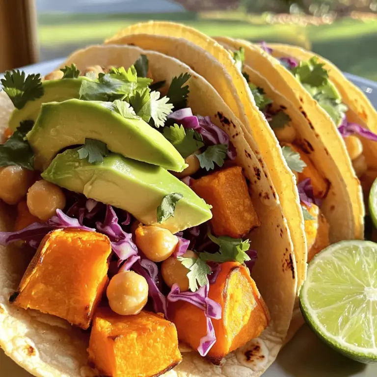 - 2 mittelgroße Süßkartoffeln - 1 Dose Kichererbsen - 8 Tortillas aus Mais Die Hauptzutaten sind einfach zu finden und lecker. Süßkartoffeln geben einen süßen Geschmack und eine tolle Farbe. Kichererbsen bringen die nötige Proteinquelle. Die Tortillas aus Mais sind weich und ideal für unsere Tacos. - Olivenöl - Geräucherter Paprika - Kreuzkümmel - Chilipulver Die Gewürze machen alles besser. Olivenöl sorgt dafür, dass die Süßkartoffeln und Kichererbsen schön rösten. Geräucherter Paprika gibt einen tiefen, rauchigen Geschmack. Kreuzkümmel und Chilipulver bringen die Würze, die diese Tacos brauchen. - Avocado - Rotkohl - Frischer Koriander - Limetten Frische Zutaten machen den Unterschied. Die Avocado macht die Tacos cremig. Rotkohl sorgt für einen schönen Crunch. Frischer Koriander gibt einen tollen Duft. Limetten bringen Frische und einen spritzigen Geschmack. Diese frischen Zutaten runden die Tacos perfekt ab. Du kannst alle Zutaten in den meisten Supermärkten finden. Für das vollständige Rezept, schau dir bitte [Full Recipe] an. Heize den Ofen auf 220 °C vor. Das macht die Süßkartoffeln und Kichererbsen schön knusprig. Während der Ofen heizt, schäle und würfle zwei mittelgroße Süßkartoffeln. Öffne eine Dose Kichererbsen und spüle sie gut ab. Du willst die Kichererbsen sauber und bereit für das Rösten haben. Gib die gewürfelten Süßkartoffeln und die Kichererbsen in eine große Schüssel. Füge zwei Esslöffel Olivenöl hinzu. Streue einen Teelöffel geräucherten Paprika, einen Teelöffel Kreuzkümmel, und einen halben Teelöffel Chilipulver darüber. Vergiss das Salz und den Pfeffer nicht! Mische alles gut, damit die Gewürze gleichmäßig verteilt sind. Verteile die Mischung auf einem Backblech in einer einzelnen Schicht. Röste sie im Ofen für 25 bis 30 Minuten. Rühre die Mischung einmal um, damit alles gleichmäßig bräunt. Während die Mischung röstet, erwärme die Tortillas in einer trockenen Pfanne über mittlerer Hitze. Mache das für jeweils 1 bis 2 Minuten auf jeder Seite. So bleiben sie weich und geschmeidig. Wenn die Süßkartoffeln und Kichererbsen fertig sind, nimm das Blech aus dem Ofen. Jetzt kannst du die Tacos zusammenstellen! Lege einen Löffel der Mischung auf jede Tortilla. Garniere die Tacos mit Avocadoscheiben, geriebenem Rotkohl und frischem Koriander. Serviere die Tacos mit Limettenvierteln für einen frischen Kick. Für das gesamte Rezept, schau dir das [Full Recipe] an. Für gleichmäßiges Rösten von Süßkartoffeln und Kichererbsen ist die Vorbereitung entscheidend. Schneide die Süßkartoffeln in gleich große Würfel. So garen sie gleichmäßig. Lege auch die Kichererbsen auf das Backblech. Mischt die Zutaten gut mit Olivenöl und Gewürzen. Verteile sie in einer einzigen Schicht. Rühre die Mischung nach der Hälfte der Zeit um. So wird alles goldbraun und knusprig. Um die Tacos aufzupeppen, kannst du frische Beilagen hinzufügen. Probiere etwas Limettensaft über die Tacos. Avocadoscheiben bringen Cremigkeit. Rotkohl fügt einen knackigen Biss hinzu. Du kannst auch eine scharfe Salsa oder einen Joghurt-Dip anbieten. Diese Saucen bringen Frische und Geschmack. Du kannst die Zutaten nach deinem Geschmack anpassen. Ersetze Süßkartoffeln durch Kürbis für einen anderen Geschmack. Statt Kichererbsen kannst du schwarze Bohnen verwenden. Füge auch Mais oder Paprika für mehr Farbe hinzu. Experimentiere mit verschiedenen Gewürzen wie Curry oder Chili. So kreierst du dein eigenes Taco-Rezept. Weitere Ideen findest du im Full Recipe. {{image_4}} Für eine noch pflanzenbasiertere Mahlzeit kannst du diese Tacos einfach anpassen. Das Rezept ist bereits vegan, da es keine tierischen Produkte enthält. Du kannst die Tortillas durch glutenfreie Varianten ersetzen, wenn du Gluten meiden möchtest. Eine tolle Option ist die Verwendung von Linsen statt Kichererbsen. Sie sind reich an Proteinen und geben einen ähnlichen Geschmack. Die Gewürze machen den Unterschied! Du kannst mit verschiedenen Kombinationen spielen. Probiere zum Beispiel Kurkuma und Zimt für eine süßere Note oder Ingwer für etwas Schärfe. Wenn du es schärfer magst, füge mehr Chilipulver oder frische Chilis hinzu. Eine Mischung aus asiatischen Gewürzen, wie fünf Gewürze oder Sojasauce, kann auch neue Geschmäcker bringen. Du kannst die Tacos nach Belieben anpassen. Füge gegrillte Paprika oder Zucchini hinzu, um mehr Gemüse zu integrieren. Für zusätzliche Proteine sind schwarze Bohnen oder Quinoa ebenfalls großartige Optionen. Diese Zutaten machen die Tacos noch nahrhafter und interessanter. Du kannst auch etwas Käse oder Joghurt als Garnierung verwenden, um die Texturen zu variieren. Für das vollständige Rezept, schau dir die Anleitung an: [Full Recipe]. Um die Reste von gerösteten Süßkartoffel- und Kichererbsen-Tacos gut zu lagern, sollten Sie einige einfache Schritte beachten. Bewahren Sie die einzelnen Zutaten getrennt auf. Legen Sie die Süßkartoffeln und Kichererbsen in einen luftdichten Behälter. Machen Sie dasselbe mit den Tortillas. Frische Zutaten wie Avocado und Koriander sollten Sie separat halten, um ihre Frische zu bewahren. Sie können die Zutaten auch in kleinen Portionen aufteilen. So haben Sie immer etwas zur Hand. Die Reste sollten im Kühlschrank aufbewahrt werden. Sie bleiben dort etwa 3 bis 4 Tage frisch. Achten Sie darauf, die Behälter gut zu verschließen. So verhindern Sie, dass die Zutaten austrocknen oder Gerüche aufnehmen. Wenn Sie die Reste länger aufbewahren möchten, können Sie die Süßkartoffeln und Kichererbsen auch einfrieren. Sie halten sich im Gefrierfach bis zu 3 Monate. Um die Tacos aufzuwärmen, empfehle ich, die Zutaten schnell in einer Pfanne zu erhitzen. Erhitzen Sie die Süßkartoffeln und Kichererbsen bei mittlerer Hitze, bis sie warm sind. Für die Tortillas können Sie eine trockene Pfanne verwenden. Erhitzen Sie sie kurz auf jeder Seite, bis sie weich sind. So bleiben die Tacos lecker und frisch. Vermeiden Sie die Mikrowelle, da dies die Tortillas zäh machen kann. Genießen Sie die Tacos frisch und lecker! Dieses Rezept ergibt vier Portionen. Jede Portion enthält zwei Tacos. Du kannst die Portionen leicht anpassen. Wenn du mehr Gäste hast, verdopple einfach die Zutaten. Möchtest du weniger machen? Halbiere die Zutaten. So bleibt das Rezept flexibel und passt zu deinem Bedarf. Ja, du kannst die Süßkartoffeln vorbereiten. Schäle und würfle sie einen Tag vorher. Lege sie in einen Behälter im Kühlschrank. Du kannst sie auch vor dem Rösten marinieren. So sparen wir Zeit beim Kochen. Wenn du bereit bist, röste sie einfach im Ofen. Das macht es einfach und schnell. Diese Tacos passen gut zu vielen Getränken. Ein frischer Limettensaft ist klassisch. Auch ein leichtes Bier passt gut dazu. Für etwas Besonderes probiere eine Margarita oder einen Mojito. Wenn du alkoholfrei bleiben möchtest, ist Limonade eine tolle Wahl. Diese Getränke heben die Aromen der Tacos hervor. Diese Tacos aus Süßkartoffeln und Kichererbsen sind einfach zuzubereiten und super lecker. Wir haben die Hauptzutaten, Gewürze und frischen Zutaten besprochen. Auch die Schritt-für-Schritt-Anleitung zeigt dir, wie du die Zutaten optimal verarbeitest. Denke daran, deine Tacos anzupassen, um neue Aromen zu entdecken. Mit den richtigen Tipps und Tricks bleiben deine Reste frisch. Probiere dieses Rezept aus und koche etwas Gesundes, das du liebst.