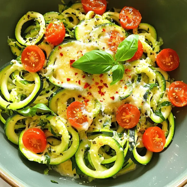 - Zucchini: Du brauchst vier mittelgroße Zucchini. Sie sind die Basis für die Zoodles. - Knoblauch: Vier Zehen, fein gehackt. Knoblauch bringt viel Geschmack. - Parmesan: Verwende eine halbe Tasse geriebenen Parmesan. Er macht die Zoodles cremig und lecker. - Olivenöl: Drei Esslöffel. Es hilft, die Aromen zu verbinden. - Kirschtomaten: Eine Tasse, halbiert. Sie geben eine süße Note. - Gewürze: Verwendet einen halben Teelöffel Salz, einen viertel Teelöffel schwarzen Pfeffer und rote Pfefferflocken, wenn du es scharf magst. Diese Gewürze bringen die Zoodles zum Leben. Für das komplette Rezept schau dir das [Full Recipe] an. Zuerst wasche die Zucchini gründlich unter fließendem Wasser. Dies entfernt Schmutz und Rückstände. Danach kommt der spannende Teil: Du kannst einen Spiralschneider benutzen, um Zoodles zu machen. Spiralisiere die Zucchini bis sie in langen, dünnen Streifen sind. Wenn du keinen Spiralschneider hast, ist das kein Problem. Nutze einen Julienne-Schäler oder ein scharfes Messer, um die Zucchini in dünne Streifen zu schneiden. Lege die Zoodles beiseite und mach dich bereit für den nächsten Schritt. Jetzt erhitze in einer großen Pfanne das Olivenöl bei mittlerer Hitze. Warte, bis das Öl heiß ist, aber nicht raucht. Füge dann den fein gehackten Knoblauch hinzu. Brate ihn etwa eine Minute lang an, bis er aromatisch ist. Achte darauf, dass der Knoblauch nicht braun wird, sonst wird er bitter. Danach kommen die halbierten Kirschtomaten in die Pfanne. Wenn du magst, füge auch rote Pfefferflocken hinzu. Koche alles für zwei bis drei Minuten, bis die Tomaten weich werden. Jetzt ist es Zeit für die Zoodles! Gib sie in die Pfanne mit Knoblauch und Tomaten. Vermenge alles gut. Füge Salz und schwarzen Pfeffer nach Geschmack hinzu. Koche die Zoodles für etwa drei bis vier Minuten. Achte darauf, dass sie bissfest bleiben. Zu weich sollten sie nicht sein. Wenn die Zoodles die gewünschte Textur haben, nimm die Pfanne vom Herd. Streue den geriebenen Parmesan gleichmäßig über die Zoodles. Mische alles vorsichtig, bis der Käse schmilzt. Für das vollständige Rezept, schau dir bitte den Abschnitt Full Recipe an. Um den Geschmack deiner Zoodles zu verbessern, sind frische Kräuter wichtig. Frischer Basilikum bringt ein tolles Aroma. Du kannst auch Petersilie oder Oregano verwenden. Diese Kräuter passen gut zu Knoblauch und Parmesan. Du solltest auch die Gewürze anpassen. Wenn du es schärfer magst, füge mehr rote Pfefferflocken hinzu. Ein Spritzer Zitronensaft kann auch den Geschmack aufhellen. Experimentiere mit den Gewürzen, um deine perfekte Mischung zu finden. Das richtige Kochzeitmanagement ist entscheidend. Koche die Zoodles nicht zu lange. Sie sollten knackig und nicht matschig sein. Halte die Garzeit zwischen 3 und 4 Minuten. So bleibt die Textur perfekt. Achte auch auf das Hitzelevel. Zu hohe Hitze kann die Zoodles schnell weich machen. Koche sie bei mittlerer Hitze. So kannst du die Kontrolle behalten und die Zoodles richtig zubereiten. {{image_4}} Du kannst dein Rezept für Zoodles noch besser machen, indem du Gemüse hinzufügst. Brokkoli oder Spinat sind tolle Optionen. Sie bringen nicht nur mehr Geschmack, sondern auch mehr Nährstoffe. Wenn du Brokkoli verwendest, dämpfe ihn kurz, bevor du ihn zu den Zoodles gibst. Spinat kannst du einfach in die Pfanne geben, während die Zoodles garen. Pilze sind eine weitere großartige Wahl. Sie fügen einen herzhaften Geschmack hinzu. Du kannst Champignons oder Shiitake-Pilze verwenden. Brate sie einfach zusammen mit dem Knoblauch an, um ihr Aroma freizusetzen. Das macht das Gericht noch leckerer. Wenn du nach einer pflanzlichen Option suchst, gibt es viele Wege, Parmesan zu ersetzen. Es gibt tolle nussbasierte Käsesorten, die du verwenden kannst. Diese sind oft aus Cashews oder Mandeln gemacht. Sie bieten einen ähnlichen Geschmack wie Parmesan, sind aber frei von tierischen Produkten. Ein einfacher Ersatz ist, einfach nutritional yeast hinzuzufügen. Es hat einen käsigen Geschmack und ist sehr gesund. Du kannst auch einen veganen Käse aus dem Laden kaufen, der gut schmilzt. So bleibt das Rezept lecker und passt zu deinem Lebensstil. Für die komplette Anleitung schau dir das [Full Recipe] an. Wenn du Zoodles übrig hast, lagere sie im Kühlschrank. Nutze einen luftdichten Behälter. Die Zoodles bleiben so frisch. Achte darauf, dass sie gut gekühlt sind. Sie halten sich etwa zwei Tage. Für die Mikrowelle empfehle ich, die Zoodles in einem mikrowellengeeigneten Behälter zu erwärmen. Füge einen Esslöffel Wasser hinzu, um sie feucht zu halten. Decke den Behälter ab und erwärme alles in kurzen Intervallen. So vermeidest du, dass die Zoodles matschig werden. Die besten Lagerungsbedingungen sind kühl und trocken. Lege die Zoodles nicht in eine enge Packung. Das hilft, Wasseransammlungen zu vermeiden. Das Wasser kann die Textur der Zoodles beeinträchtigen. Wenn du die Zoodles länger aufbewahren willst, friere sie ein. Verwende einen Gefrierbeutel und drücke die Luft heraus. So bleiben sie bis zu drei Monate frisch. Denke daran, sie vor dem Kochen auftauen zu lassen. Wenn du keinen Spiralschneider hast, keine Sorge! Du kannst Zoodles auch mit einem Julienne-Schäler machen. Dieser schält die Zucchini in lange Streifen. Alternativ kannst du ein scharfes Messer verwenden. Schneide die Zucchini in dünne, längliche Streifen. So hast du schnell Zoodles, auch ohne spezielle Geräte. Ja, Zoodles sind sehr gesund! Zucchini enthält viele Vitamine und Mineralien. Sie sind kalorienarm und reich an Wasser. Das macht sie perfekt für eine gesunde Ernährung. Außerdem sind sie eine großartige Quelle für Ballaststoffe. Diese fördern die Verdauung und halten dich satt. Du kannst den Parmesan weglassen, aber er bringt viel Geschmack. Ohne Parmesan fehlt die Cremigkeit. Du kannst stattdessen Nusskäse verwenden. Das gibt dir eine ähnliche Textur. Aber beachte, dass der Geschmack anders wird. Wenn du es mal ausprobieren willst, mach es! Zoodles bleiben im Kühlschrank für etwa 2 bis 3 Tage frisch. Bewahre sie in einem luftdichten Behälter auf. Wenn sie zu viel Wasser ziehen, kannst du sie leicht abtropfen lassen. Für die beste Textur empfehle ich, sie frisch zuzubereiten. So schmecken sie am besten, wie im Full Recipe beschrieben. Zusammengefasst haben wir die Hauptzutaten für Easy Garlic Parmesan Zoodles besprochen: Zucchini, Knoblauch und Parmesan. Eine einfache Schritt-für-Schritt-Anleitung helfen Ihnen, köstliche Zoodles zuzubereiten. Sie lernen auch Tipps für den perfekten Geschmack und Variationen mit weiteren Gemüsesorten kennen. Die Aufbewahrung und Haltbarkeit sind ebenfalls wichtig. Experimentieren Sie und finden Sie die besten Kombinationen für Ihren Geschmack. Gesund essen kann so einfach und lecker sein!