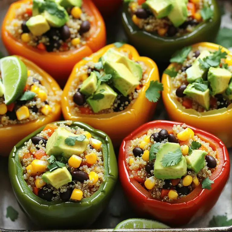 Für die Avocado Quinoa gefüllten Paprika brauchst du: - 4 große Paprika (beliebige Farbe) - 1 Tasse Quinoa, gewaschen und abgetropft - 2 Tassen Gemüsebrühe (oder Wasser) - 1 reife Avocado, gewürfelt - 1 Tasse schwarze Bohnen, abgetropft und gewaschen - 1 Tasse Mais (frisch oder gefroren) - 1 mittelgroße Tomate, gewürfelt - 1/2 Tasse rote Zwiebel, fein gehackt - 1 Teelöffel Kreuzkümmel - 1 Teelöffel Paprika - Salz und Pfeffer nach Geschmack - Frischer Koriander, gehackt (zur Garnitur) - Limettenschnitze (zum Servieren) Falls du einige Zutaten nicht hast, gibt es gute Alternativen. - Quinoa: Reis oder Couscous funktionieren auch gut. - Schwarze Bohnen: Kidneybohnen oder Kichererbsen sind eine tolle Wahl. - Mais: Erbsen oder Paprika geben ebenfalls einen schönen Geschmack. - Avocado: Du kannst auch Guacamole verwenden, wenn du es eilig hast. Achte bei der Auswahl auf frische und reife Produkte. - Paprika: Wähle feste Früchte ohne Druckstellen. - Avocado: Sie sollte leicht weich sein, wenn du sie drückst. - Tomaten: Wähle rote, glänzende Tomaten für mehr Geschmack. - Koriander: Frisch ist am besten. Er sollte grün und knackig sein. Wenn du diese Tipps beachtest, wirst du eine köstliche Mahlzeit zubereiten. Du findest das vollständige Rezept in der [Full Recipe]. Zuerst nehme ich die Paprika. Ich schneide die Oberseiten ab und entferne die Kerne. Das gibt Platz für die Füllung. Ich träufle etwas Olivenöl auf die Außenseite. Dann lege ich die Paprika in eine Auflaufform. Diese einfachen Schritte helfen, die Paprika perfekt vorzubereiten. Jetzt koche ich die Quinoa. Ich gebe die Quinoa und die Gemüsebrühe in einen Topf. Dann bringe ich die Mischung zum Kochen. Sobald es kocht, reduziere ich die Hitze und decke den Topf ab. Nach etwa 15 Minuten ist die Quinoa locker und fluffig. Diese Zubereitung gibt der Füllung die richtige Textur. In einer großen Schüssel vermische ich die gekochte Quinoa mit Avocado, schwarzen Bohnen, Mais, Tomate und Zwiebel. Ich füge Kreuzkümmel, Paprika, Salz und Pfeffer hinzu. Vorsichtig rühre ich alles, damit die Avocado nicht zerdrückt wird. Nun fülle ich jede Paprika mit der Mischung und drücke sie leicht an. Danach decke ich die Auflaufform mit Alufolie ab und backe sie. Nach 25 bis 30 Minuten sind die Paprika weich. Ich nehme die Folie ab und backe sie weitere 10 Minuten, bis sie leicht gebräunt sind. So entsteht eine köstliche und gesunde Mahlzeit. Du kannst das vollständige Rezept für Avocado-Quinoa gefüllte Paprika in meiner Sammlung finden. Die Füllung für die Avocado Quinoa gefüllten Paprika sollte locker, aber nicht matschig sein. Um dies zu erreichen, koche die Quinoa in Gemüsebrühe, nicht in Wasser. Gemüsebrühe gibt mehr Geschmack ab. Achte darauf, die Quinoa nach dem Kochen gut ausdampfen zu lassen. Dadurch wird sie fluffig. Füge die Avocado zuletzt hinzu, damit sie ihre Form behält. Eine sanfte Mischung sorgt für die beste Textur. Um Zeit zu sparen, kannst du die Quinoa und die Füllung im Voraus zubereiten. Koche die Quinoa am Abend vorher. Stelle die Füllung in den Kühlschrank. Am nächsten Tag füllst du die Paprika schnell. Das Backen dauert nur etwa 30 bis 40 Minuten. So hast du ein schnelles und gesundes Gericht. Verwende einen Schnellkochtopf für die Quinoa, um die Kochzeit weiter zu verkürzen. Die Präsentation macht viel aus. Verwende bunte Paprika für einen schönen Farbkontrast. Garnieren mit frischem Koriander oder Limettenschnitzen sieht toll aus. Serviere die gefüllten Paprika auf einem großen Teller. Du kannst auch einen Salat daneben anrichten. Ein einfacher grüner Salat passt gut dazu. Das macht das Gericht noch ansprechender und gesünder. Wer mag, kann auch eine scharfe Sauce dazu reichen. {{image_4}} Die Avocado Quinoa gefüllten Paprika sind von Natur aus vegan und glutenfrei. Du kannst die Zutaten nach Belieben anpassen. Nutze zum Beispiel glutenfreie Brühe, wenn du Quinoa kochst. Das sorgt für einen tollen Geschmack ohne Gluten. Um noch mehr Geschmack zu bekommen, füge verschiedene Zutaten hinzu. Zum Beispiel: - 1 Tasse Spinat, frisch oder gefroren - 1/2 Tasse Feta-Käse für einen herzhaften Kick - Gehackte Jalapeños für etwas Schärfe - Oliven oder Kapern für salzige Aromen Diese Zutaten bringen neue Texturen und Geschmäcker in deine gefüllten Paprika. Nutze saisonales Gemüse für frische Aromen. Im Frühling sind frische Erbsen toll. Im Sommer kannst du Zucchini oder Auberginen hinzufügen. Im Herbst sind Kürbiswürfel eine tolle Ergänzung. Im Winter bieten sich geröstete Wurzelgemüse an. So bleibt dein Gericht stets spannend und lecker. Für das komplette Rezept kannst du auf den [Full Recipe] Link zugreifen. Wenn Sie Reste von den Avocado Quinoa gefüllten Paprika haben, bewahren Sie sie gut auf. Lassen Sie die Paprika zuerst auf Raumtemperatur abkühlen. Dann legen Sie sie in einen luftdichten Behälter. So bleiben die Aromen frisch. Sie können die Reste bis zu drei Tage im Kühlschrank lagern. Wenn Sie die Paprika in Portionen aufteilen, bleiben sie länger genießbar. Um die gefüllten Paprika aufzuwärmen, nehmen Sie sie aus dem Kühlschrank. Stellen Sie den Ofen auf 180°C (350°F) ein. Legen Sie die Paprika in eine Auflaufform und decken Sie sie mit Aluminiumfolie ab. So trocknen sie nicht aus. Backen Sie die Paprika für etwa 15-20 Minuten. Alternativ können Sie sie auch in der Mikrowelle erwärmen. Dies geht schnell, dauert aber nur etwa 3-5 Minuten. Die Haltbarkeit der gefüllten Paprika hängt von der Lagerung ab. Im Kühlschrank halten sie bis zu drei Tage. Wenn Sie die gefüllten Paprika einfrieren möchten, legen Sie sie in einen gefrierfesten Behälter. So bleiben sie bis zu drei Monate frisch. Achten Sie darauf, sie gut zu verpacken, um Gefrierbrand zu vermeiden. Vor dem Servieren sollten Sie die gefüllten Paprika gründlich auftauen und dann aufwärmen. Die gefüllten Paprika können im Kühlschrank bis zu fünf Tage haltbar sein. Lagern Sie sie in einem luftdichten Behälter. Achten Sie darauf, die Paprika vor dem Essen auf Raumtemperatur zu bringen oder sie leicht zu erwärmen. Das sorgt für den besten Geschmack. Ja, es ist sehr praktisch, die Füllung im Voraus zu machen. Sie können die Quinoa und die anderen Zutaten bis zu zwei Tage vorher vorbereiten. Lagern Sie die Mischung ebenfalls in einem luftdichten Behälter im Kühlschrank. Wenn Sie bereit sind, die Paprika zu füllen, nehmen Sie die Füllung einfach heraus und füllen Sie die Paprika. Absolut! Sie können viele verschiedene Gemüsesorten verwenden. Zum Beispiel passen Zucchini, Spinat oder Pilze gut in diese Füllung. Seien Sie kreativ! Denken Sie daran, das Gemüse klein zu schneiden, damit es gut in die Paprika passt. Das gibt Ihnen auch viele neue Geschmäcker und Texturen. In diesem Artikel haben wir alle wichtigen Schritte zur Zubereitung gefüllter Paprika behandelt. Wir haben die Zutaten, die Zubereitung und viele nützliche Tipps erläutert. Die Auswahl der besten Zutaten kann den Geschmack verbessern. Das Kochen von Quinoa und das Füllen der Paprika ist einfach, wenn man es Schritt für Schritt macht. Zeit- und Energieeinsparungen helfen beim Kochen. Variationen bieten verschiedene Geschmackserlebnisse. Mit den richtigen Lagerungshinweisen bleiben Reste frisch. Nutze die FAQs für weitere Fragen. So gelingt dir das Gericht sicher!