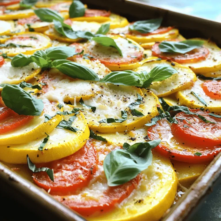 - 2 mittelgroße Zucchini, in dünne Scheiben geschnitten - 2 mittelgroße gelbe Kürbisse, in dünne Scheiben geschnitten - 3 große, reife Tomaten, in Scheiben geschnitten - 2 Knoblauchzehen, fein gehackt - 1 Teelöffel getrocknetes Basilikum - 1 Teelöffel getrocknetes Oregano - 1 Tasse geriebener Mozzarella-Käse - ½ Tasse geriebener Parmesan-Käse - 3 Esslöffel Olivenöl Bei der Zubereitung des sommerlichen Zucchini- und Tomatenauflaufs sind frische Zutaten wichtig. Zucchini und Kürbisse bringen eine süße Note. Die Tomaten geben dem Gericht Frische und Saftigkeit. Ich empfehle, die Zucchini und Kürbisse gleichmäßig zu schneiden. Dünne Scheiben sorgen dafür, dass alles gleichmäßig gart. Die Gewürze sind Schlüssel für den Geschmack. Knoblauch bringt Aroma, während Basilikum und Oregano eine mediterrane Note hinzufügen. Verwende frische Kräuter, wenn möglich, um den Geschmack zu intensivieren. Der Käse ist das Highlight. Mozzarella schmilzt wunderbar und gibt eine cremige Textur. Parmesan legt sich als goldene Kruste oben drauf. Das Olivenöl sorgt dafür, dass alles saftig bleibt und die Aromen gut verschmelzen. Für das vollständige Rezept, schau dir den Abschnitt „Vollständiges Rezept“ an. Du wirst sehen, wie einfach es ist, dieses köstliche Gericht zuzubereiten! Heizen Sie Ihren Ofen auf 190°C (375°F) vor. Dies ist wichtig, um den Auflauf gleichmäßig zu garen. Ein gut vorgeheizter Ofen sorgt dafür, dass die Aromen perfekt zusammenkommen. Nehmen Sie die Zucchini- und Kürbisscheiben. Vermengen Sie sie in einer großen Schüssel mit 3 Esslöffeln Olivenöl. Fügen Sie 1 Teelöffel getrocknetes Basilikum, 1 Teelöffel getrocknetes Oregano, Salz und Pfeffer hinzu. Mischen Sie alles gut, damit die Scheiben gleichmäßig bedeckt sind. Diese Schritte sind der Schlüssel zu einem würzigen Geschmack. Jetzt beginnen Sie mit dem Schichten. Nehmen Sie eine mittlere Auflaufform. Verteilen Sie die Hälfte der gewürzten Zucchini- und Kürbisscheiben gleichmäßig. Fügen Sie darauf eine Schicht Zwiebelringe und die Hälfte der Tomatenscheiben hinzu. Bestreuen Sie diese Schicht mit der halben Menge Mozzarella-Käse. Wiederholen Sie diesen Vorgang mit den restlichen Zutaten. Beenden Sie das Schichten mit dem restlichen Mozzarella und dem gesamten Parmesan-Käse. Decken Sie die Auflaufform mit Aluminiumfolie ab. Backen Sie den Auflauf 30 Minuten lang im vorgeheizten Ofen. Dies hilft, das Gemüse zu garen und die Aromen zu verbinden. Nach 30 Minuten entfernen Sie die Folie. Backen Sie den Auflauf für weitere 15 Minuten, bis der Käse sprudelnd und goldbraun ist. So erhalten Sie einen perfekt gebackenen Auflauf, der zum Genießen einlädt. Um den besten Käse zu bekommen, backen Sie den Auflauf genau richtig. Nach 30 Minuten mit Folie backen, dann die Folie abnehmen. Backen Sie ihn weitere 15 Minuten. So wird der Käse sprudelnd und goldbraun. Stellen Sie sicher, dass er nicht zu lange backt, um ein Austrocknen zu vermeiden. Fügen Sie frische Kräuter hinzu, um den Geschmack zu steigern. Frisches Basilikum oder Thymian passen gut. Sie können auch etwas Knoblauchpulver oder Zwiebelpulver verwenden. Diese Gewürze bringen mehr Tiefe in die Aromen. Experimentieren Sie mit den Kräutern, die Sie mögen, um Ihre eigene Note zu finden. Für eine schöne Präsentation, verwenden Sie eine farbenfrohe Auflaufform. Nach dem Backen träufeln Sie etwas Olivenöl darüber. Garnieren Sie mit frischen Basilikumblättern. Servieren Sie den Auflauf heiß zusammen mit knusprigem Brot oder einem frischen Salat. So sieht das Gericht nicht nur gut aus, sondern schmeckt auch großartig. {{image_4}} Für unseren Auflauf können Sie noch mehr Gemüse hinzufügen. Paprika bringt Farbe und Geschmack. Auberginen sind ebenfalls eine tolle Wahl. Diese Gemüsesorten ergänzen die Zucchini und Tomaten perfekt. Sie geben dem Gericht mehr Textur und Vielfalt. Schneiden Sie die Paprika und Auberginen in dünne Scheiben. Mischen Sie sie einfach mit den Zucchini und dem Kürbis. So wird Ihr Auflauf noch bunter und schmackhafter. Wenn Sie eine glutenfreie Version wünschen, gibt es einfache Lösungen. Verwenden Sie glutenfreies Paniermehl oder eine Mischung aus glutenfreien Mehlen. Diese Produkte passen gut zu dem Auflauf. Sie sorgen dafür, dass Ihr Gericht die gleiche Textur und den gleichen Geschmack hat. Achten Sie darauf, dass alle Zutaten glutenfrei sind. So können Sie den Auflauf ohne Sorgen genießen. Für Käseliebhaber gibt es viele Möglichkeiten. Vegane Käsealternativen sind eine gute Wahl. Diese Optionen sind oft aus Nüssen oder Pflanzen hergestellt. Sie schmelzen gut und bieten einen tollen Geschmack. Sie können auch andere Käsesorten ausprobieren. Feta oder Ziegenkäse könnten eine interessante Note hinzufügen. Experimentieren Sie mit verschiedenen Käsesorten, um den perfekten Geschmack zu finden. Bewahren Sie den Auflauf in einem luftdichten Behälter auf. Lassen Sie ihn zuerst abkühlen. So bleibt er frisch. Im Kühlschrank hält er sich bis zu drei Tage. Wenn Sie ihn länger aufbewahren möchten, sollten Sie ihn einfrieren. Um den Auflauf einzufrieren, lassen Sie ihn zunächst vollständig abkühlen. Dann schneiden Sie ihn in Portionen. Wickeln Sie jede Portion in Folie und legen Sie sie in einen Gefrierbeutel. So bleibt der Geschmack erhalten. Zum Aufwärmen, tauen Sie ihn im Kühlschrank auf. Dann wärmen Sie ihn im Ofen bei 180°C (350°F) auf. So wird er wieder heiß und lecker. Im Kühlschrank bleibt der Auflauf bis zu drei Tage frisch. Im Gefrierfach kann er bis zu drei Monate gelagert werden. Achten Sie darauf, dass er gut verpackt ist. So vermeiden Sie Frostbrand. Der Auflauf schmeckt am besten, wenn er frisch zubereitet ist, aber die Reste sind auch sehr gut. Sie können den Auflauf im Kühlschrank bis zu fünf Tage aufbewahren. Stellen Sie sicher, dass er in einem luftdichten Behälter ist. Wenn Sie den Auflauf einfrieren möchten, ist das auch möglich. Er hält sich bis zu drei Monate im Gefrierfach. Decken Sie ihn gut ab, um Gefrierbrand zu vermeiden. Um ihn aufzutauen, lassen Sie ihn einfach über Nacht im Kühlschrank. Danach können Sie ihn im Ofen oder in der Mikrowelle aufwärmen. Dieser Auflauf schmeckt hervorragend mit einem frischen Gartensalat. Ein einfacher grüner Salat mit Vinaigrette ergänzt die Aromen. Sie können auch knuspriges Brot oder knusprige Brötchen servieren. Das Brot nimmt die köstliche Sauce auf und macht das Essen noch besser. Für etwas mehr Geschmack können Sie Oliven oder Feta-Käse in den Salat geben. Es ist nicht nötig, die Zucchini zu schälen. Die Haut hat viele Nährstoffe und macht den Auflauf schöner. Wenn Sie die Zucchini schälen, verlieren Sie auch etwas Geschmack. Die Haut bleibt beim Backen weich und gibt dem Gericht eine tolle Textur. Wenn Sie eine zartere Zucchini mögen, können Sie sie jedoch leicht schälen, wenn das Ihr Wunsch ist. Der Auflauf ist gesund, da er viele frische Zutaten enthält. Zucchini und Kürbis sind kalorienarm und reich an Vitaminen. Tomaten sind eine gute Quelle für Antioxidantien. Mozzarella und Parmesan liefern Calcium und Proteine. Diese Zutaten machen den Auflauf nahrhaft und gleichzeitig lecker. Genießen Sie die Kombination aus Gemüse und Käse, die sowohl den Körper als auch den Gaumen erfreut. Wenn Sie mehr erfahren möchten, schauen Sie sich das [Full Recipe] an. In diesem Artikel haben wir leckere Zutaten und einfache Schritte für einen Zucchini-Kürbis-Auflauf vorgestellt. Du hast gelernt, wie du die Hauptzutaten vorbereitest, würzt und im Ofen backst. Tipps zur perfekten Zubereitung und Varianten machen das Gericht vielseitig. Denke daran, das Gericht richtig zu lagern, um die Frische zu erhalten. Mit etwas Kreativität kannst du diesem Auflauf deinen eigenen Twist geben. Genieße die Vielfalt und die gesunden Vorteile der frischen Zutaten!