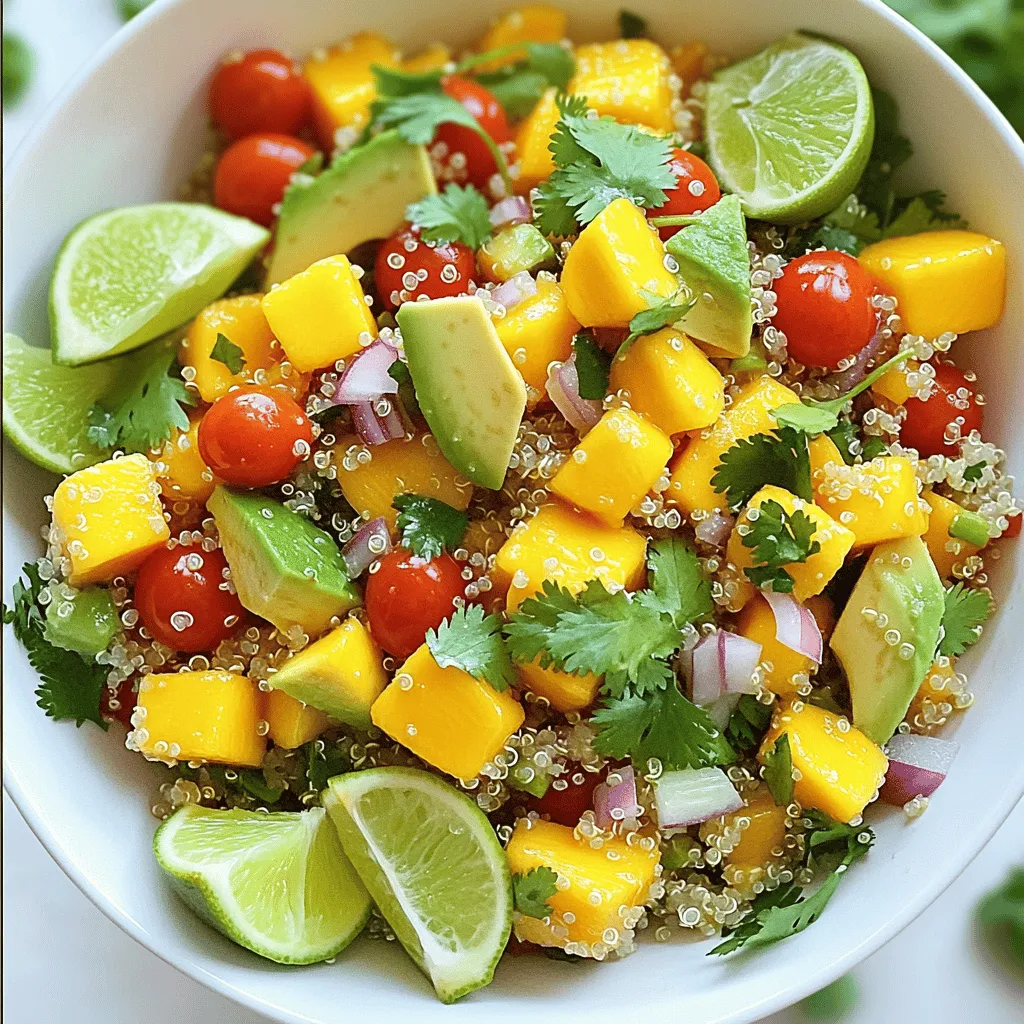 - 1 Tasse Quinoa, gut abgespült - 1 reife Mango, gewürfelt - 2 reife Avocados, gewürfelt Die Hauptzutaten sind einfach und gesund. Quinoa ist eine großartige Proteinquelle. Sie hat auch viele Ballaststoffe. Mango bringt Süße und Vitamine. Avocados sind reich an gesunden Fetten. Diese Zutaten machen den Salat nahrhaft und lecker. - 1 Tasse Cocktailtomaten, halbiert - 1/4 Tasse rote Zwiebel, fein gehackt - 1/4 Tasse frischer Koriander, gehackt Die Cocktailtomaten fügen Frische und Farbe hinzu. Sie sind auch voll von Antioxidantien. Rote Zwiebeln geben einen tollen Geschmack. Der Koriander sorgt für einen frischen und kräuterigen Duft. Diese Zutaten machen den Salat noch interessanter. - 1 Esslöffel Limettensaft - 1 Esslöffel Olivenöl - Salz und Pfeffer nach Geschmack - Optional: 1/2 Jalapeño, fein gewürfelt Das Dressing ist einfach, aber sehr wichtig. Limettensaft gibt eine spritzige Note. Olivenöl macht den Salat cremig und lecker. Salz und Pfeffer bringen alle Aromen zusammen. Wenn du es scharf magst, füge Jalapeño hinzu. Es gibt dem Salat einen kleinen Kick. Für das vollständige Rezept, schau dir die [Full Recipe] an. Um die Quinoa perfekt zuzubereiten, vermische zuerst die Quinoa mit Wasser oder Gemüsebrühe. Du kannst diese Mischung in einem mittleren Kochtopf machen. Bringe es dann zum Kochen. Reduziere die Hitze, wenn das Wasser kocht. Decke den Topf ab und lasse die Quinoa 15 Minuten köcheln. Nach dieser Zeit sollte die Flüssigkeit aufgesogen sein und die Quinoa locker wirken. Nimm den Topf vom Herd und lasse die Quinoa einige Minuten abkühlen. Danach lockere die Quinoa mit einer Gabel auf. Jetzt kommt der spaßige Teil! Nimm eine große Schüssel und vermenge die gewürfelte Mango, Avocado und das weitere Gemüse. Füge die Cocktailtomaten, die rote Zwiebel und den frischen Koriander hinzu. Es ist wichtig, dass du alles gut vermischst, damit jeder Bissen einen tollen Geschmack hat. Nach dem Mischen kannst du die gekochte Quinoa vorsichtig unterheben. So verbindet sich alles gut, und du erhältst einen bunten Salat. Für das Dressing nimm eine kleine Schüssel. Vermische den Limettensaft und das Olivenöl darin. Füge Salz und Pfeffer nach Geschmack hinzu. Gieße das Dressing über den Salat. Jetzt kommt ein weiterer wichtiger Schritt: Mische alles gut durch. So wird jede Zutat mit dem Dressing überzogen. Wenn du etwas Schärfe magst, kannst du jetzt die gewürfelte Jalapeño hinzufügen und vorsichtig unterheben. Schmecke den Salat ab und passe die Gewürze nach deinem Geschmack an. Für die vollständige Zubereitung, schau dir das [Full Recipe] an. Quinoa ist einfach zuzubereiten, wenn Sie ein paar Schritte beachten. Zuerst sollten Sie die Quinoa gut abspülen. Das entfernt Bitterstoffe, die den Geschmack mindern. Geben Sie die abgespülte Quinoa in einen Topf mit Wasser oder Gemüsebrühe. Kochen Sie es bei hoher Hitze. Wenn das Wasser kocht, reduzieren Sie die Hitze und decken Sie den Topf ab. Lassen Sie die Quinoa etwa 15 Minuten köcheln. Danach nehmen Sie den Topf vom Herd und lassen die Quinoa kurz ruhen. Lockern Sie die Quinoa mit einer Gabel auf, um eine fluffige Konsistenz zu erreichen. Die Auswahl reifer Früchte ist wichtig. Suchen Sie nach Mangos, die sanft sind und einen süßen Duft haben. Avocados sollten leicht drückbar sein, aber nicht matschig. Frische Kräuter wie Koriander bringen zusätzlichen Geschmack. Hacken Sie den Koriander grob und fügen Sie ihn zum Salat hinzu. So erhalten Sie mehr Aroma und Frische. Die Präsentation des Salats kann viel bewirken. Servieren Sie den Salat in schönen Schalen oder auf Tellern. Garnieren Sie ihn mit zusätzlichen Korianderblättern und Limettenscheiben. Das sieht nicht nur gut aus, sondern bringt auch frische Aromen. Kombinieren Sie den Salat mit Beilagen wie gegrilltem Hähnchen oder Fisch. So wird Ihre Mahlzeit noch nahrhafter. Wenn Sie mehr über die Zubereitung erfahren möchten, schauen Sie sich das Full Recipe an. {{image_4}} Möchten Sie mehr Protein? Fügen Sie schwarze Bohnen oder Kichererbsen hinzu. Diese Hülsenfrüchte geben Ihrem Salat einen tollen Crunch und machen ihn sättigender. Anstelle von Avocado können Sie Feta-Käse verwenden. Feta bringt einen salzigen, cremigen Geschmack. Beide Optionen bieten gesunde Fette und Ballaststoffe. Nutzen Sie saisonales Gemüse für frische Aromen. Gemüse wie Paprika, Gurken oder Radieschen passen gut. Wenn Sie Avocado oder Mango nicht haben, probieren Sie Äpfel oder Birnen. Diese Früchte bieten einen süßen Geschmack und eine knackige Textur. So bleibt Ihr Salat spannend und abwechslungsreich. Experimentieren Sie mit anderen Essigsorten. Balsamico oder Apfelessig bringen neue Geschmäcker. Sie können auch Gewürze wie Kreuzkümmel oder Paprika hinzufügen. Diese geben dem Dressing mehr Tiefe. Eine Prise Chili kann auch für etwas Feuer sorgen. So finden Sie die perfekte Balance für Ihren Salat. Für das gesamte Rezept schauen Sie sich den [Full Recipe] an. Um den Mango Avocado Quinoa Salad frisch zu halten, bewahre ihn in einem luftdichten Behälter auf. Stelle sicher, dass der Salat gut abgekühlt ist, bevor du ihn in den Kühlschrank stellst. So bleibt die Avocado schön grün, und die anderen Zutaten behalten ihren Geschmack. Quinoa sollte immer in einem trockenen, kühlen Ort gelagert werden. Am besten bewahrst du sie in einem Glasbehälter auf. Der Salat hält sich bis zu drei Tage im Kühlschrank. Wenn du ihn länger aufbewahren möchtest, lass das Dressing besser getrennt. So bleibt die Quinoa locker und die Avocados frisch. Achte auf Anzeichen von Verderb. Wenn der Salat komisch riecht oder die Avocados braun werden, ist es besser, ihn wegzuwerfen. Du kannst die Quinoa und das Gemüse im Voraus vorbereiten. Koche die Quinoa und lasse sie abkühlen. Würfle die Mango und Avocados kurz vor dem Servieren, um Bräunung zu vermeiden. Du kannst das Dressing auch schon vorher zubereiten. Mische Limettensaft, Olivenöl, Salz und Pfeffer in einer kleinen Schüssel. Bewahre es getrennt auf, bis du bereit bist, den Salat zu servieren. So bleibt alles frisch und lecker. Der Mango Avocado Quinoa Salad bleibt im Kühlschrank etwa drei Tage frisch. Um die Haltbarkeit zu verlängern, bewahren Sie den Salat in einem luftdichten Behälter auf. Vermeiden Sie es, das Dressing vor der Lagerung hinzuzufügen. Wenn Sie bereit sind, zu essen, fügen Sie das Dressing hinzu. So bleibt alles knackig und frisch. Ja, der Salat lässt sich einfach vegan zubereiten. Alle Zutaten sind pflanzlich. Statt Honig oder anderen tierischen Produkten können Sie einfach mehr Limettensaft oder eine Prise Agavendicksaft verwenden. So bleibt der Salat lecker und passt zu einer veganen Ernährung. Dieser Salat ist vollgepackt mit Nährstoffen. Quinoa ist eine großartige Proteinquelle und enthält viele Ballaststoffe. Mango liefert Vitamine wie A und C, die gut für das Immunsystem sind. Avocado enthält gesunde Fette und ist gut für das Herz. Die Kombination dieser Zutaten macht den Salat nahrhaft und gesund. Dieser Blogbeitrag hat Ihnen die besten Zutaten für einen Mango-Avocado-Quinoa-Salat gezeigt. Sie haben gelernt, wie man Quinoa zubereitet und den Salat zusammenstellt. Die Tipps helfen Ihnen, frische Zutaten zu wählen und den Salat schön zu präsentieren. Variationen bieten Raum für Kreativität und Vielfalt. Denken Sie daran, den Salat richtig aufzubewahren. Dies hält ihn frisch und lecker. Genießen Sie diesen gesunden Salat, der sowohl lecker als auch nahrhaft ist!