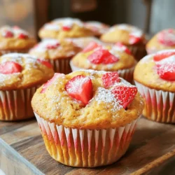 - zarte Haferflocken - Vollkornmehl - reife Banane und Erdbeeren Die Basis für die Muffins sind die zarten Haferflocken und das Vollkornmehl. Diese geben den Muffins eine tolle Textur und Nährstoffe. Reife Bananen sind wichtig. Sie sorgen für die nötige Süße und Feuchtigkeit. Frische Erdbeeren bringen einen fruchtigen Geschmack. Diese Kombination macht die Muffins besonders lecker. - Apfelmus und Mandelmilch - Gewürze und Süßungsmittel Apfelmus ist eine großartige Ergänzung. Es macht die Muffins saftig und reduziert den Zuckerbedarf. Mandelmilch ist eine gute Wahl für eine cremige Konsistenz. Zimt und brauner Zucker geben den Muffins einen warmen Geschmack. Diese Gewürze heben die Fruchtigkeit der Banane und Erdbeeren hervor. - Nüsse oder Schokoladenstückchen - Gesundheitsbewusste Alternativen Wenn du es magst, füge Nüsse hinzu. Walnüsse oder Pekannüsse geben einen schönen Crunch. Du kannst auch Schokoladenstückchen verwenden, wenn du es süßer magst. Für gesunde Alternativen kannst du Honig oder Kokosblütenzucker ausprobieren. Diese Optionen machen die Muffins noch interessanter und passen gut zu den Hauptzutaten. Für die vollständige Zubereitung kannst du das Rezept [Full Recipe] anschauen. Zuerst heizen Sie Ihren Ofen auf 190°C (375°F) vor. Dies sorgt dafür, dass die Muffins gleichmäßig backen. Dann bereiten Sie das Muffinblech vor. Legen Sie Papierförmchen in die Vertiefungen oder fetten Sie das Blech leicht ein. So bleiben die Muffins nicht kleben. In einer großen Schüssel mischen Sie die trockenen Zutaten. Geben Sie die zarten Haferflocken, das Vollkornmehl, den braunen Zucker, das Backpulver, das Natron, das Salz und den Zimt hinein. Vermengen Sie alles gut. In einer anderen Schüssel kombinieren Sie die feuchten Zutaten. Zerdrücken Sie die Banane und fügen Sie die gehackten Erdbeeren, das Apfelmus, die Mandelmilch und den Vanilleextrakt hinzu. Rühren Sie, bis alles gut vermischt ist. Gießen Sie die feuchte Mischung in die trockenen Zutaten. Rühren Sie nur, bis alles gerade so vermischt ist. Achten Sie darauf, nicht zu übermixen; einige Klümpchen sind in Ordnung. Wenn Sie möchten, heben Sie jetzt Nüsse oder Schokoladenstückchen unter. Löffeln Sie den Teig gleichmäßig in die Muffinförmchen. Füllen Sie jedes Förmchen etwa zur Hälfte. Backen Sie die Muffins nun in dem vorgeheizten Ofen für 18 bis 22 Minuten. Prüfen Sie mit einem Zahnstocher, ob sie fertig sind. Wenn der Zahnstocher sauber herauskommt, sind die Muffins bereit. Nehmen Sie die Muffins aus dem Ofen und lassen Sie sie fünf Minuten im Blech abkühlen. Danach legen Sie sie auf ein Kuchengitter, um vollständig abzukühlen. Genießen Sie die saftigen Muffins! Für das vollständige Rezept schauen Sie sich die [Full Recipe] an. Um die besten Muffins zu backen, ist es wichtig, Übermixen zu vermeiden. Wenn Sie die trockenen und feuchten Zutaten mischen, rühren Sie nur bis alles kombiniert ist. Ein paar Klümpchen sind in Ordnung. Übermixen macht die Muffins hart und trocken. Die richtige Konsistenz ist ebenfalls wichtig. Der Teig sollte leicht klumpig sein, aber nicht flüssig. Wenn er zu dick ist, fügen Sie etwas mehr Mandelmilch hinzu. Um die Muffins schön locker zu machen, verwenden Sie frische Backpulver und Natron. Das Rezept lässt sich einfach anpassen. Sie können die Haferflocken durch glutenfreie Alternativen ersetzen, wenn nötig. Auch das Vollkornmehl kann durch Mandel- oder Kokosmehl ersetzt werden. Die Süße können Sie nach Geschmack anpassen. Verwenden Sie weniger Zucker oder fügen Sie Honig hinzu. Für mehr Geschmack können Sie Zimt oder Muskatnuss hinzufügen. Experimentieren Sie, um den perfekten Muffin zu finden! Muffins sehen am besten aus, wenn Sie sie warm servieren. Legen Sie sie auf einen schönen Teller und bestäuben Sie sie leicht mit Puderzucker. Eine frisch geschnittene Erdbeere oben drauf macht sie noch ansprechender. Für kreative Ideen können Sie die Muffins mit Joghurt oder einem Fruchtkompott servieren. Auch ein Klecks Nussbutter passt super dazu. Lassen Sie Ihrer Fantasie freien Lauf! {{image_4}} Für eine glutenfreie Version der Muffins kannst du glutenfreies Mehl verwenden. Achte darauf, eine Mischung aus verschiedenen Mehlen zu nutzen. Reismehl oder Buchweizenmehl sind gute Alternativen. Wenn du keine Haferflocken nutzen willst, kannst du auch gemahlene Mandeln oder Kokosmehl nehmen. Diese Zutaten geben den Muffins eine tolle Textur. Um die Muffins vegan zu machen, ersetze die Milch durch pflanzliche Milch. Mandelmilch oder Hafermilch sind lecker. Anstelle eines Eis kannst du Apfelmus oder eine Banane verwenden. Diese Zutaten helfen, den Teig zusammenzuhalten. Das Backen bleibt einfach und das Ergebnis bleibt köstlich. Um den Muffins mehr Geschmack zu geben, kannst du Trockenfrüchte hinzufügen. Rosinen oder getrocknete Aprikosen passen gut. Für kreative Toppings probiere einen Joghurt oder eine Glasur aus Puderzucker und Zitronensaft. Diese Akzente machen die Muffins noch ansprechender. Für das vollständige Rezept schau dir die [Full Recipe] an. Um Ihre Muffins frisch zu halten, lagern Sie sie in einem luftdichten Behälter. Verwenden Sie ein Tuch oder Frischhaltefolie, um Feuchtigkeit zu vermeiden. So bleiben sie weich und lecker. Für längere Frische können Sie die Muffins auch einfrieren. Legen Sie sie einfach in einen Gefrierbeutel. Entfernen Sie so viel Luft wie möglich, um Gefrierbrand zu vermeiden. Die Muffins sind bei Raumtemperatur etwa drei Tage haltbar. Im Kühlschrank halten sie bis zu einer Woche. Achten Sie auf Anzeichen von Verderb, wie Schimmel oder einen unangenehmen Geruch. Wenn die Muffins trocken oder hart werden, sind sie nicht mehr genießbar. Um die Muffins aufzuwärmen, verwenden Sie den Ofen oder die Mikrowelle. Im Ofen bei 150 °C für etwa 10 Minuten aufwärmen. In der Mikrowelle genügen 15 bis 20 Sekunden. So bleiben sie saftig. Für einen besseren Geschmack können Sie etwas Butter oder Marmelade hinzufügen. Dies gibt den Muffins eine neue Note. Genießen Sie Ihre saftigen Strawberry Banana Oat Muffins! Um fluffige Muffins zu machen, sind Backpulver und Natron wichtig. Diese helfen, die Muffins beim Backen aufzugehen. Achte darauf, die richtigen Mengen zu verwenden. Zu viel Backpulver kann die Muffins zäh machen. Zu wenig lässt sie platt. Ich empfehle, 2 Teelöffel Backpulver und 1/2 Teelöffel Natron zu nutzen. Diese Mischung sorgt für eine gute Textur. Mische auch die trockenen Zutaten gut. So verteilt sich das Backpulver gleichmäßig. Übermixen ist ebenfalls ein Fehler. Rühre den Teig nur kurz, bis alles vermischt ist. Ein paar Klümpchen sind okay. Ja, du kannst gefrorene Erdbeeren verwenden. Sie sind eine großartige Option, wenn frische Erdbeeren nicht verfügbar sind. Stelle sicher, dass du die Erdbeeren vorher auftauen lässt. So wird der Teig nicht zu feucht. Drücke die Erdbeeren leicht aus, um überschüssige Flüssigkeit zu entfernen. Dadurch bleibt die Muffin-Textur leicht und luftig. Verwende die gleiche Menge gefrorene Erdbeeren wie im Rezept angegeben. Sie schmecken auch lecker in den Muffins! Dieses Rezept ergibt etwa 12 Muffins. Wenn du mehr Muffins möchtest, kannst du die Menge einfach verdoppeln. Achte darauf, die Backzeit anzupassen, wenn du mehrere Muffinformen verwendest. Du kannst auch die Größe der Muffins ändern. Für größere Muffins fülle die Förmchen bis zur Oberkante. Das Rezept ist flexibel. So kannst du die Portionen nach deinem Bedarf anpassen. In diesem Artikel haben wir die wichtigsten Zutaten für leckere Muffins besprochen. Zarte Haferflocken, Vollkornmehl und frisches Obst machen den Teig besonders. Ich habe auch Tipps zur Zubereitung und Lagerung gegeben. Denke daran, Rezepte nach deinem Geschmack anzupassen. Muffins sind vielseitig und gesund. Probiere die Variationen für Glutenfreiheit oder vegane Optionen. So bleibt jeder Bissen frisch und lecker. Muffins backen ist einfach und macht Spaß!