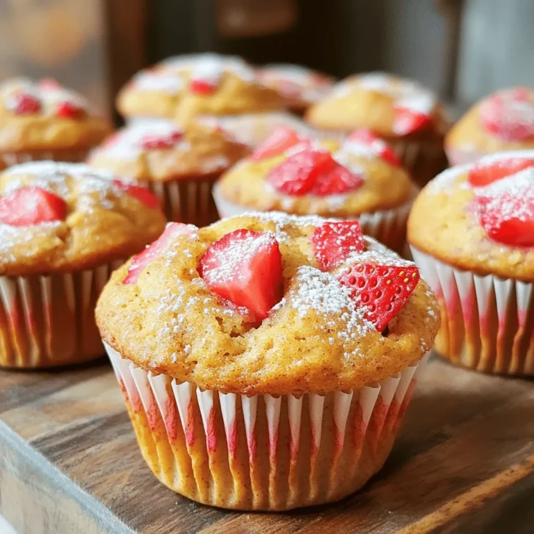 - zarte Haferflocken - Vollkornmehl - reife Banane und Erdbeeren Die Basis für die Muffins sind die zarten Haferflocken und das Vollkornmehl. Diese geben den Muffins eine tolle Textur und Nährstoffe. Reife Bananen sind wichtig. Sie sorgen für die nötige Süße und Feuchtigkeit. Frische Erdbeeren bringen einen fruchtigen Geschmack. Diese Kombination macht die Muffins besonders lecker. - Apfelmus und Mandelmilch - Gewürze und Süßungsmittel Apfelmus ist eine großartige Ergänzung. Es macht die Muffins saftig und reduziert den Zuckerbedarf. Mandelmilch ist eine gute Wahl für eine cremige Konsistenz. Zimt und brauner Zucker geben den Muffins einen warmen Geschmack. Diese Gewürze heben die Fruchtigkeit der Banane und Erdbeeren hervor. - Nüsse oder Schokoladenstückchen - Gesundheitsbewusste Alternativen Wenn du es magst, füge Nüsse hinzu. Walnüsse oder Pekannüsse geben einen schönen Crunch. Du kannst auch Schokoladenstückchen verwenden, wenn du es süßer magst. Für gesunde Alternativen kannst du Honig oder Kokosblütenzucker ausprobieren. Diese Optionen machen die Muffins noch interessanter und passen gut zu den Hauptzutaten. Für die vollständige Zubereitung kannst du das Rezept [Full Recipe] anschauen. Zuerst heizen Sie Ihren Ofen auf 190°C (375°F) vor. Dies sorgt dafür, dass die Muffins gleichmäßig backen. Dann bereiten Sie das Muffinblech vor. Legen Sie Papierförmchen in die Vertiefungen oder fetten Sie das Blech leicht ein. So bleiben die Muffins nicht kleben. In einer großen Schüssel mischen Sie die trockenen Zutaten. Geben Sie die zarten Haferflocken, das Vollkornmehl, den braunen Zucker, das Backpulver, das Natron, das Salz und den Zimt hinein. Vermengen Sie alles gut. In einer anderen Schüssel kombinieren Sie die feuchten Zutaten. Zerdrücken Sie die Banane und fügen Sie die gehackten Erdbeeren, das Apfelmus, die Mandelmilch und den Vanilleextrakt hinzu. Rühren Sie, bis alles gut vermischt ist. Gießen Sie die feuchte Mischung in die trockenen Zutaten. Rühren Sie nur, bis alles gerade so vermischt ist. Achten Sie darauf, nicht zu übermixen; einige Klümpchen sind in Ordnung. Wenn Sie möchten, heben Sie jetzt Nüsse oder Schokoladenstückchen unter. Löffeln Sie den Teig gleichmäßig in die Muffinförmchen. Füllen Sie jedes Förmchen etwa zur Hälfte. Backen Sie die Muffins nun in dem vorgeheizten Ofen für 18 bis 22 Minuten. Prüfen Sie mit einem Zahnstocher, ob sie fertig sind. Wenn der Zahnstocher sauber herauskommt, sind die Muffins bereit. Nehmen Sie die Muffins aus dem Ofen und lassen Sie sie fünf Minuten im Blech abkühlen. Danach legen Sie sie auf ein Kuchengitter, um vollständig abzukühlen. Genießen Sie die saftigen Muffins! Für das vollständige Rezept schauen Sie sich die [Full Recipe] an. Um die besten Muffins zu backen, ist es wichtig, Übermixen zu vermeiden. Wenn Sie die trockenen und feuchten Zutaten mischen, rühren Sie nur bis alles kombiniert ist. Ein paar Klümpchen sind in Ordnung. Übermixen macht die Muffins hart und trocken. Die richtige Konsistenz ist ebenfalls wichtig. Der Teig sollte leicht klumpig sein, aber nicht flüssig. Wenn er zu dick ist, fügen Sie etwas mehr Mandelmilch hinzu. Um die Muffins schön locker zu machen, verwenden Sie frische Backpulver und Natron. Das Rezept lässt sich einfach anpassen. Sie können die Haferflocken durch glutenfreie Alternativen ersetzen, wenn nötig. Auch das Vollkornmehl kann durch Mandel- oder Kokosmehl ersetzt werden. Die Süße können Sie nach Geschmack anpassen. Verwenden Sie weniger Zucker oder fügen Sie Honig hinzu. Für mehr Geschmack können Sie Zimt oder Muskatnuss hinzufügen. Experimentieren Sie, um den perfekten Muffin zu finden! Muffins sehen am besten aus, wenn Sie sie warm servieren. Legen Sie sie auf einen schönen Teller und bestäuben Sie sie leicht mit Puderzucker. Eine frisch geschnittene Erdbeere oben drauf macht sie noch ansprechender. Für kreative Ideen können Sie die Muffins mit Joghurt oder einem Fruchtkompott servieren. Auch ein Klecks Nussbutter passt super dazu. Lassen Sie Ihrer Fantasie freien Lauf! {{image_4}} Für eine glutenfreie Version der Muffins kannst du glutenfreies Mehl verwenden. Achte darauf, eine Mischung aus verschiedenen Mehlen zu nutzen. Reismehl oder Buchweizenmehl sind gute Alternativen. Wenn du keine Haferflocken nutzen willst, kannst du auch gemahlene Mandeln oder Kokosmehl nehmen. Diese Zutaten geben den Muffins eine tolle Textur. Um die Muffins vegan zu machen, ersetze die Milch durch pflanzliche Milch. Mandelmilch oder Hafermilch sind lecker. Anstelle eines Eis kannst du Apfelmus oder eine Banane verwenden. Diese Zutaten helfen, den Teig zusammenzuhalten. Das Backen bleibt einfach und das Ergebnis bleibt köstlich. Um den Muffins mehr Geschmack zu geben, kannst du Trockenfrüchte hinzufügen. Rosinen oder getrocknete Aprikosen passen gut. Für kreative Toppings probiere einen Joghurt oder eine Glasur aus Puderzucker und Zitronensaft. Diese Akzente machen die Muffins noch ansprechender. Für das vollständige Rezept schau dir die [Full Recipe] an. Um Ihre Muffins frisch zu halten, lagern Sie sie in einem luftdichten Behälter. Verwenden Sie ein Tuch oder Frischhaltefolie, um Feuchtigkeit zu vermeiden. So bleiben sie weich und lecker. Für längere Frische können Sie die Muffins auch einfrieren. Legen Sie sie einfach in einen Gefrierbeutel. Entfernen Sie so viel Luft wie möglich, um Gefrierbrand zu vermeiden. Die Muffins sind bei Raumtemperatur etwa drei Tage haltbar. Im Kühlschrank halten sie bis zu einer Woche. Achten Sie auf Anzeichen von Verderb, wie Schimmel oder einen unangenehmen Geruch. Wenn die Muffins trocken oder hart werden, sind sie nicht mehr genießbar. Um die Muffins aufzuwärmen, verwenden Sie den Ofen oder die Mikrowelle. Im Ofen bei 150 °C für etwa 10 Minuten aufwärmen. In der Mikrowelle genügen 15 bis 20 Sekunden. So bleiben sie saftig. Für einen besseren Geschmack können Sie etwas Butter oder Marmelade hinzufügen. Dies gibt den Muffins eine neue Note. Genießen Sie Ihre saftigen Strawberry Banana Oat Muffins! Um fluffige Muffins zu machen, sind Backpulver und Natron wichtig. Diese helfen, die Muffins beim Backen aufzugehen. Achte darauf, die richtigen Mengen zu verwenden. Zu viel Backpulver kann die Muffins zäh machen. Zu wenig lässt sie platt. Ich empfehle, 2 Teelöffel Backpulver und 1/2 Teelöffel Natron zu nutzen. Diese Mischung sorgt für eine gute Textur. Mische auch die trockenen Zutaten gut. So verteilt sich das Backpulver gleichmäßig. Übermixen ist ebenfalls ein Fehler. Rühre den Teig nur kurz, bis alles vermischt ist. Ein paar Klümpchen sind okay. Ja, du kannst gefrorene Erdbeeren verwenden. Sie sind eine großartige Option, wenn frische Erdbeeren nicht verfügbar sind. Stelle sicher, dass du die Erdbeeren vorher auftauen lässt. So wird der Teig nicht zu feucht. Drücke die Erdbeeren leicht aus, um überschüssige Flüssigkeit zu entfernen. Dadurch bleibt die Muffin-Textur leicht und luftig. Verwende die gleiche Menge gefrorene Erdbeeren wie im Rezept angegeben. Sie schmecken auch lecker in den Muffins! Dieses Rezept ergibt etwa 12 Muffins. Wenn du mehr Muffins möchtest, kannst du die Menge einfach verdoppeln. Achte darauf, die Backzeit anzupassen, wenn du mehrere Muffinformen verwendest. Du kannst auch die Größe der Muffins ändern. Für größere Muffins fülle die Förmchen bis zur Oberkante. Das Rezept ist flexibel. So kannst du die Portionen nach deinem Bedarf anpassen. In diesem Artikel haben wir die wichtigsten Zutaten für leckere Muffins besprochen. Zarte Haferflocken, Vollkornmehl und frisches Obst machen den Teig besonders. Ich habe auch Tipps zur Zubereitung und Lagerung gegeben. Denke daran, Rezepte nach deinem Geschmack anzupassen. Muffins sind vielseitig und gesund. Probiere die Variationen für Glutenfreiheit oder vegane Optionen. So bleibt jeder Bissen frisch und lecker. Muffins backen ist einfach und macht Spaß!